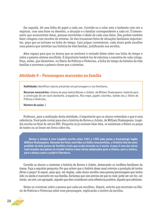 26
Em seguida, dê uma folha de papel a cada um. Convide-os a colar nela o barbante com nós e
registrar, com uma frase ou desenho, a situação e o familiar correspondente a cada nó. É interes-
sante que acrescentem datas, pessoas envolvidas e idade de cada uma delas. Eles podem também
fazer colagens com recortes de revistas. Se eles trouxeram fotos de situações familiares importan-
tes, peça que as incluam na linha do tempo. Caso julgue conveniente, cada aluno pode escolher
uma palavra que sintetize sua história da vida familiar, justificando sua escolha.
Abra espaço para que os alunos que se sentirem à vontade falem sobre sua linha do tempo e
sobre a palavra-síntese escolhida. É importante lembrá-los de valorizar a narrativa de cada colega.
Peça, então, que desenhem, no Diário de Práticas e Vivências, a linha do tempo da história da vida
familiar e escrevam a palavra-chave que a sintetize.
Atividade 9 – Personagens marcantes na família
Habilidade: identificar valores presentes em personagens e nos familiares.
Recursos necessários: síntese da peça teatral Romeu e Julieta, de William Shakespeare; material para
a construção de um varal (barbante, pregadores, fita-crepe, papéis coloridos, botões etc.); Diário de
Práticas e Vivências.
Número de aulas: 1
Professor, para a realização desta atividade, é importante que os alunos entendam o que é uma
referência. Você pode contar para eles a história de Romeu e Julieta, de William Shakespeare, tragé-
dia escrita no final do século XVI. Pergunte se já ouviram falar dela, se assistiram a filmes ou peças
de teatro ou se leram em livros sobre ela.
Romeu e Julieta é uma tragédia escrita entre 1591 e 1595 pelo poeta e dramaturgo inglês
William Shakespeare. Baseada em fatos ocorridos na Itália renascentista, a história fala do amor
proibido de dois jovens de famílias rivais que acaba levando-os à morte. A peça é uma das obras
mais levadas aos palcos no mundo inteiro e teve várias adaptações para o cinema, para a música,
para a dança e para a própria literatura.
Convide os alunos a comentar a história de Romeu e Julieta, destacando os conflitos familiares da
trama. Faça a seguinte pergunta: Por que acham que a história desse casal orientou a produção de tantos
filmes e peças? A seguir, peça que, em duplas, cada aluno escolha uma pessoa/personagem que tenha
sido ou ainda é marcante em sua família. Esclareça que não precisa ser pai ou mãe; pode ser um tio, um
irmão,umavô,umagregado,alguémqueelesconsideramumareferênciapositiva,alguémqueadmiram.
Deixe-os conversar sobre a pessoa que cada um escolheu. Depois, solicite que escrevam no Diá-
rio de Práticas e Vivências sobre esse personagem, explicando o motivo da escolha.
 