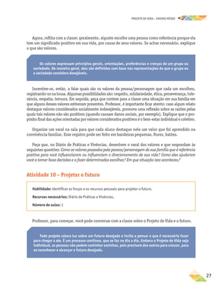 projeto de vida – ensino Médio
	27
Agora, reflita com a classe: geralmente, alguém escolhe uma pessoa como referência porque ela
tem um significado positivo em sua vida, por causa de seus valores. Se achar necessário, explique
o que são valores.
Todo projeto coloca luz sobre um futuro desejado e incita a pensar o que é necessário fazer
para chegar a ele. É um processo contínuo, que se faz no dia a dia. Embora o Projeto de Vida seja
individual, as pessoas não podem caminhar sozinhas, pois precisam dos outros para crescer, para
se reconhecer e alcançar o futuro desejado.
Os valores expressam princípios gerais, orientações, preferências e crenças de um grupo ou
sociedade. De maneira geral, eles são definidos com base nas representações do que o grupo ou
a sociedade considera desejáveis.
Incentive-os, então, a falar quais são os valores da pessoa/personagem que cada um escolheu,
registrando-osnalousa.Algumaspossibilidadessão:respeito,solidariedade,ética,perseverança,tole-
rância, empatia, ternura. Em seguida, peça que contem para a classe uma situação em sua família em
que alguns desses valores estiveram presentes. Professor, é importante ficar atento: caso algum relato
destaque valores considerados socialmente indesejáveis, promova uma reflexão sobre as razões pelas
quais tais valores não são positivos (quando causam danos sociais, por exemplo). Explique que o pro-
pósito final das ações orientadas por valores considerados positivos é o bem-estar individual e coletivo.
Organize um varal na sala para que cada aluno destaque nele um valor que foi aprendido na
convivência familiar. Esse registro pode ser feito em bandeiras pequenas, flores, balões.
Peça que, no Diário de Práticas e Vivências, desenhem o varal dos valores e que respondam às
seguintes questões: Como os valores passados pela pessoa/personagem de sua família que é referência
positiva para você influenciaram ou influenciam o direcionamento de sua vida? Como eles ajudaram
você a tomar boas decisões e a fazer determinadas escolhas? Em que situação isso aconteceu?
Atividade 10 – Projetar o futuro
Habilidade: identificar as forças e os recursos pessoais para projetar o futuro.
Recursos necessários: Diário de Práticas e Vivências.
Número de aulas: 1
Professor, para começar, você pode conversar com a classe sobre o Projeto de Vida e o futuro.
 