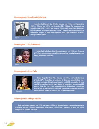 32
Personagem 6: Juscelino Kubitschek
Juscelino Kubitschek de Oliveira nasceu em 1902, em Diamantina
(MG), e faleceu em 1976, em Resende (RJ). Médico, foi presidente da
República de 1956 a 1961. Seu governo foi marcado pelo Plano de Metas,
cujo lema era “cinquenta anos em cinco”, visando ao desenvolvimento
econômico do país, e pela construção da nova capital federal, Brasília,
inaugurada em 1960.
Personagem 7: Sarah Menezes
Sarah Gabrielle Cabral de Menezes nasceu em 1990, em Teresina
(PI). Foi a primeira judoca brasileira a conquistar a medalha de ouro em
Jogos Olímpicos, em 2012.
Personagem 8: Cesar Cielo
Cesar Augusto Cielo Filho nasceu em 1987, em Santa Bárbara
d’Oeste (SP). Recordista e vencedor de diversas competições, con-
quistou, nos Jogos Olímpicos de Pequim, em 2008, a medalha de ouro
nos 50 metros livre, prova mais rápida da natação, e bronze nos 100
metros livre. Em 2012, nos Jogos Olímpicos de Londres, conquistou
bronze nos 50 metros livre. Em 2013, tornou-se tricampeão mundial
nos 50 metros livre e bicampeão nos 50 metros borboleta.
Personagem 9: Rodrigo Pessoa
Rodrigo Pessoa nasceu em 1972, na França. Filho de Nelson Pessoa, renomado cavaleiro
brasileiro, decidiu competir no hipismo pelo Brasil. Conquistou a medalha de ouro nos Jogos
Olímpicos de Atenas, em 2004.
Figura 11.
©
Granger/Glow
Images
Figura 12.
Figura 13.
©
Alexander
Hassenstein/
Getty
Images
©
Adam
Pretty/Getty
Images
 