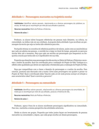 projeto de vida – ensino Médio
	35
Atividade 4 – Personagens marcantes na trajetória escolar
Habilidades: identificar valores pessoais, relacionando-os a diversos personagens do cotidiano na
escola, de modo que os reconheçam por meio de suas atitudes e posturas.
Recursos necessários: Diário de Práticas e Vivências.
Número de aulas: 1
Professor, os alunos talvez busquem referências em pessoas mais distantes, na cultura, na
comunidade, na mídia e não em seu cotidiano. A proposta desta atividade é que escolham um per-
sonagem da escola que seja ou tenha sido referência para eles.
Você pode retomar os conceitos de referência positiva e de valores, assim como as características
que cada um admira nas pessoas, e convidá-los a viajar no túnel do tempo, pensando no percurso
escolar feito até o momento. Peça que cada um escolha um personagem que frequentou ou fre-
quenta a escola que tenha sido ou é significativo em sua vida.
ProponhaquedesenhemessepersonagemdavidaescolarnoDiáriodePráticaseVivênciaseescre-
vam o motivo da escolha: Qual sua contribuição para a realização do Projeto de Vida? Instigue-os a
refletir sobre qualidades que devem ser exploradas e fortalecidas para a realização do Projeto de Vida.
Peça que compartilhem com a classe o desenho do personagem e o motivo da escolha. Para
concluir, promova uma discussão com a turma: Como esses personagens nos ajudam a pensar no
Projeto de Vida? Qual a contribuição deles? Quanto cada um de vocês precisa avançar em direção a
essa característica ideal? Qual o caminho a percorrer?
Atividade 5 – Personagens na comunidade
Habilidade: identificar valores pessoais, relacionando-os a diversos personagens da comunidade, de
modo que os reconheçam por meio de suas atitudes, posturas e histórias de vida.
Recursos necessários: Diário de Práticas e Vivências.
Número de aulas: 1
Professor, agora é hora de os alunos escolherem personagens significativos na comunidade.
Para isso, mantenha a mesma perspectiva das atividades anteriores.
Divida os alunos em grupos. Proponha que todos juntos façam um levantamento de pessoas
marcantes na comunidade e, depois, que cada grupo escolha um desses personagens.
 