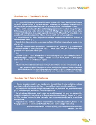 projeto de vida – ensino Médio
	51
[...] Natural de Taguatinga, cidade-satélite a 22,8 km de Brasília, Cícero [Pereira Batista] nasceu
em família pobre e precisou de muita perseverança para alcançar a formação em uma das carreiras
mais concorridas nos vestibulares [medicina]. Ele só começou a fazer a graduação aos 26 anos.
“Minhafamíliaeramuitopobre.Jápasseifomeepegavacomidaelivrosdolixo.Paraganharalgum
dinheiro eu vigiava carro, vendia latinha. Foi tudo muito difícil pra mim, mas chegar até aqui é uma
sensação incrível de alívio. Eu consegui superar todas as minhas dificuldades. A sensação é de que
posso tudo! A educação mudou minha vida, me tirou da miséria extrema”, conta Cícero.
O histórico familiar de Cícero é complicado: órfão de pai desde os 3 anos e com mãe alcoólatra, o
médico tinha dez irmãos. [...]
Quando tinha 5 anos, o menino pegava o que podia ser útil no lixo. Inclusive livros, apesar de não
saber ler. [...]
Cícero é o único da família que concluiu o Ensino Médio e a graduação. [...] Ele terminou o
Ensino Fundamental na escola pública em 1997 [...]. Entre 1998 e 2001, fez o Ensino Médio inte-
grado com curso técnico em enfermagem.
[...]
“Quando eu fazia o Ensino Médio técnico eu morava em Taguatinga e estudava na Ceilândia. Não
tinha dinheiro para o transporte e nem para a comida. Andava uns 20 km, 30 km a pé. Muitas vezes
eu desmaiava de fome na sala de aula”, explica.
[...]
Atualmente, Cícero é diretor clínico de um hospital municipal e trabalha em outros dois. [...]
CRUZ, Bruna Souza. Pegava livros no lixo: ex-catador de Brasília conta como virou médico. UOL educação,
25 jul. 2014. Disponível em: http://educacao.uol.com.br/noticias/2014/07/25/pegava-livros-no-lixo-ex-
catador-de-brasilia-conta-como-virou-medico.htm. Acesso em: 2 dez. 2014.
História de vida 2: Roberto Carlos Ramos
Roberto Carlos é um brasileiro que foge às regras das estatísticas do país. Analfabeto, roubou e
usou drogas em Belo Horizonte e, dos 6 aos 13 anos de idade, viveu como interno da Febem.
Era considerado um caso sem volta por ter 132 fugas em seu prontuário. Mas, diferentemente do
que se poderia imaginar, Roberto não caiu na marginalidade.
Foi adotado aos 13 anos por uma francesa que acreditou que ele não seria um caso perdido,
provando, mais adiante, que estava certa. Roberto aprendeu com Margherit Duvas a ler, a escre-
ver, falar francês e, em especial, a dar e a receber afeto e – como consequência a ter autoestima e
autoconfiança.
Viajou à França e conheceu a arte de contar histórias. Quando voltou ao Brasil, formou-se em
Pedagogia, tornando-se Embaixador do País das Maravilhas (nome dado por ele mesmo).
Fonte: Roberto Carlos Ramos. Disponível em:http://www.robertocarloscontahistoria.com.
Acesso em: 2 dez. 2014.
História de vida 1: Cícero Pereira Batista
 
