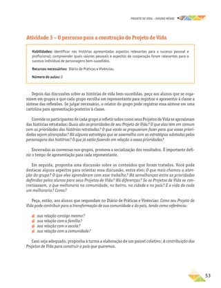 projeto de vida – ensino Médio
	53
Habilidades: identificar nas histórias apresentadas aspectos relevantes para o sucesso pessoal e
profissional; compreender quais valores pessoais e aspectos de cooperação foram relevantes para o
sucesso individual de personagens bem-sucedidos.
Recursos necessários: Diário de Práticas e Vivências.
Número de aulas: 2
Atividade 3 – O percurso para a construção do Projeto de Vida
Depois das discussões sobre as histórias de vida bem-sucedidas, peça aos alunos que se orga-
nizem em grupos e que cada grupo escolha um representante para registrar e apresentar à classe a
síntese das reflexões. Se julgar necessário, o relator do grupo pode registrar essa síntese em uma
cartolina para apresentação posterior à classe.
Convide os participantes de cada grupo a refletir sobre como seus Projetos de Vida se aproximam
das histórias retratadas: Quais são as prioridades de seu Projeto de Vida? O que elas têm em comum
com as prioridades das histórias retratadas? O que vocês se propuseram fazer para que essas priori-
dades sejam alcançadas? Há alguma estratégia que se assemelha com as estratégias adotadas pelos
personagens das histórias? O que já estão fazendo em relação a essas prioridades?
Encerradas as conversas nos grupos, promova a socialização dos resultados. É importante defi-
nir o tempo de apresentação para cada representante.
Em seguida, proponha uma discussão sobre os conteúdos que foram tratados. Você pode
destacar alguns aspectos para orientar essa discussão, entre eles: O que mais chamou a aten-
ção do grupo? O que eles aprenderam com esse trabalho? Há semelhanças entre as prioridades
definidas pelos alunos para seus Projetos de Vida? Há diferenças? Se os Projetos de Vida se con-
cretizassem, o que melhoraria na comunidade, no bairro, na cidade e no país? E a vida de cada
um melhoraria? Como?
Peça, então, aos alunos que respondam no Diário de Práticas e Vivências: Como seu Projeto de
Vida pode contribuir para a transformação de sua comunidade e do país, tendo como referência:
a
a sua relação consigo mesmo?
a
a sua relação com a família?
a
a sua relação com a escola?
a
a sua relação com a comunidade?
Caso seja adequado, proponha à turma a elaboração de um painel coletivo: A contribuição dos
Projetos de Vida para construir o país que queremos.
 