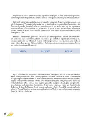 56
Depois que os alunos refletiram sobre o significado do Projeto de Vida, é necessário que refor-
cem a compreensão de que há uma conexão entre as ações que realizam no presente e o seu futuro.
Você pode iniciar a discussão fazendo as seguintes perguntas: De que maneira o passado pode
interferir no futuro? Por que se costuma dizer que a vida só pode ser compreendida olhando para trás?
Com essa discussão, é possível reforçar o entendimento de que as decisões que são tomadas no
presente definem o futuro e destacar a importância de que as pessoas tenham clareza sobre o que
querem em relação ao seu futuro. Amplie essa reflexão, enfatizando a importância da construção
do Projeto de Vida.
Encerrada essa conversa, proponha aos alunos que identifiquem uma atitude, um sentimento,
um gesto; uma ação pessoal realizada em seu passado que tenha tido alguma consequência posi-
tiva ou negativa em sua vida atual, ou seja, no tempo presente, e como planejam uma mudança
para o futuro. Peça que, no Diário de Práticas e Vivências, desenhem ou escrevam sua escolha em
um quadro como o sugerido a seguir.
Passado Presente Futuro
Agora, divida a classe em grupos e peça que cada um planeje uma festa de formatura do Ensino
Médio para a própria turma, com a participação dos familiares. Estimule os alunos a refletir sobre
os aspectos práticos relacionados ao evento, entre os quais: Como farão a escolha do local? Quantas
pessoas serão convidadas? Quais serviços serão necessários? Quanto será gasto? Como o dinheiro
será arrecadado? Então, convide cada grupo a apresentar suas propostas. Depois das apresenta-
ções, faça uma analogia entre o planejamento de um evento e o grande evento que é a construção
do Projeto de Vida. Reflita com eles: É necessário planejar a festa? Por quê? É necessário planejar
o futuro? Por quê? Quais as vantagens desse planejamento? Solicite que registrem as respostas no
Diário de Práticas e Vivências.
 