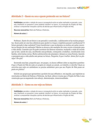 projeto de vida – ensino Médio
	57
Atividade 2 – Quem eu sou e quem pretendo ser no futuro?
Habilidades: perceber a relação de causa e consequência entre as ações realizadas no passado, como
elas interferem no presente e como poderão interferir no futuro, na construção do Projeto de Vida;
analisar e compreender situações e pontos de decisão que influenciarão o Projeto de Vida.
Recursos necessários: Diário de Práticas e Vivências.
Número de aulas: 2
Professor, diante de um futuro a ser pensado e construído, o adolescente se faz muitas pergun-
tas. Quem pode ser uma boa referência para ajudá-lo a traçar a trajetória pessoal e profissional? O
futuro pensado é algo realizável? Como transformar o que se planejou ou sonhou em ações concre-
tas na direção de sua realização? Motive os alunos a dar exemplos de como ocorre a transição para
a vida adulta. Comente que ela pode acontecer de diversas maneiras: mudando a visão de mundo
que se tem, saindo de casa, escolhendo uma profissão, começando a trabalhar, constituindo nova
família, entre tantas outras. Muitos adolescentes não planejam e deixam as coisas fluírem, fazendo
a passagem para a vida adulta sem pensar no futuro. Pergunte: O que é melhor: deixar fluir ou pla-
nejar? Por quê?
Encerrada essa fase, proponha que, em grupos, os alunos reflitam sobre as seguintes questões:
O que o Projeto de Vida de cada um propõe em relação ao estudo, ao trabalho e à família? Quais os
caminhos que cada um estabeleceu ou precisa estabelecer para que seu Projeto de Vida possa ser
posto em prática?
Solicite aos grupos que apresentem o produto de suas reflexões e, em seguida, que registrem as
conclusões no Diário de Práticas e Vivências. Ao final, reforce à turma que o Projeto de Vida é uma
construção que se empreende com esforço, determinação, intencionalidade.
Atividade 3 – Como eu me vejo no futuro
Habilidades: perceber a relação de causa e consequência entre as ações realizadas no passado, como
elas interferem no presente e como poderão interferir no futuro, na construção do Projeto de Vida;
analisar e compreender situações e pontos de decisão que influenciarão o Projeto de Vida.
Recursos necessários: Diário de Práticas e Vivências.
Número de aulas: 2
 
