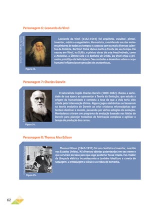62
Personagem 6: Leonardo da Vinci
Leonardo da Vinci (1452-1519) foi arquiteto, escultor, pintor,
inventor, músico e engenheiro. Humanista, considerado um dos maio-
res pintores de todos os tempos e a pessoa com os mais diversos talen-
tos da história, Da Vinci tinha ideias muito à frente de seu tempo. Ele
nasceu em Vinci, na Itália, e pintou obras de arte inestimáveis, como
a Monalisa, a Última Ceia e O batismo de Cristo. Da Vinci criou o pri-
meiro protótipo do helicóptero. Seus estudos e desenhos sobre o corpo
humano influenciaram gerações de anatomistas.
©
DEA/D.
DAGLI
ORTI/De
Agostini/
Getty
Images
Figura 23.
Personagem 7: Charles Darwin
O naturalista inglês Charles Darwin (1809-1882) chocou a socie-
dade de sua época ao apresentar a Teoria da Evolução, que estuda a
origem da humanidade e contesta a tese de que a vida teria sido
criada pela intervenção divina. Alguns jogos eletrônicos se basearam
na teoria evolutiva de Darwin ao criar criaturas microscópicas que
tentam dominar o mundo, passando por vários estágios de evolução.
Montadoras criaram um programa de evolução baseado nas ideias de
Darwin para planejar trabalhos de fabricação complexa e agilizar o
tempo de produção dos carros.
©
Bob
Thomas/Popperfoto/Getty
Images
Figura 24.
Personagem 8: Thomas Alva Edison
Thomas Edison (1847-1931) foi um cientista e inventor, nascido
nos Estados Unidos. Há diversos objetos patenteados em seu nome e
que serviram de base para que algo posterior fosse criado. Foi criador
da lâmpada elétrica incandescente e também idealizou a caneta de
tatuagem, a embalagem a vácuo e as rodas de borracha.
©
Mondadori
Portfolio/Getty
Images
Figura 25.
 