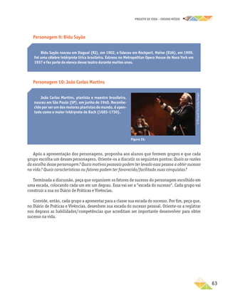 projeto de vida – ensino Médio
	63
Personagem 9: Bidu Sayão
Bidu Sayão nasceu em Itaguaí (RJ), em 1902, e faleceu em Rockport, Maine (EUA), em 1999.
Foi uma célebre intérprete lírica brasileira. Estreou no Metropolitan Opera House de Nova York em
1937 e fez parte do elenco desse teatro durante muitos anos.
Após a apresentação dos personagens, proponha aos alunos que formem grupos e que cada
grupo escolha um desses personagens. Oriente-os a discutir os seguintes pontos: Quais as razões
da escolha desse personagem? Quais motivos pessoais podem ter levado essa pessoa a obter sucesso
na vida? Quais características ou fatores podem ter favorecido/facilitado suas conquistas?
Terminada a discussão, peça que organizem os fatores de sucesso do personagem escolhido em
uma escada, colocando cada um em um degrau. Essa vai ser a “escada do sucesso”. Cada grupo vai
construir a sua no Diário de Práticas e Vivências.
Convide, então, cada grupo a apresentar para a classe sua escada do sucesso. Por fim, peça que,
no Diário de Práticas e Vivências, desenhem sua escada do sucesso pessoal. Oriente-os a registrar
nos degraus as habilidades/competências que acreditam ser importante desenvolver para obter
sucesso na vida.
Personagem 10: João Carlos Martins
João Carlos Martins, pianista e maestro brasileiro,
nasceu em São Paulo (SP), em junho de 1940. Reconhe-
cido por ser um dos maiores pianistas do mundo, é apon-
tado como o maior intérprete de Bach (1685-1750).
©
Hiroyuki
Ito/Getty
Images
Figura 26.
 