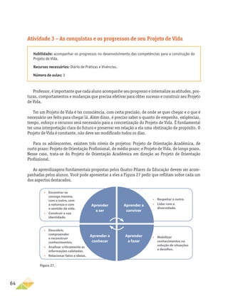 64
Professor, é importante que cada aluno acompanhe seu progresso e internalize as atitudes, pos-
turas, comportamentos e mudanças que precisa efetivar para obter sucesso e construir seu Projeto
de Vida.
Ter um Projeto de Vida é ter consciência, com certa precisão, de onde se quer chegar e o que é
necessário ser feito para chegar lá. Além disso, é preciso saber o quanto de empenho, exigências,
tempo, esforço e recursos será necessário para a concretização do Projeto de Vida. É fundamental
ter uma interpretação clara do futuro e preservar em relação a ela uma obstinação de propósito. O
Projeto de Vida é constante, não deve ser modificado todos os dias.
Para os adolescentes, existem três níveis de projetos: Projeto de Orientação Acadêmica, de
curto prazo; Projeto de Orientação Profissional, de médio prazo; e Projeto de Vida, de longo prazo.
Nesse caso, trata-se do Projeto de Orientação Acadêmica em direção ao Projeto de Orientação
Profissional.
As aprendizagens fundamentais propostas pelos Quatro Pilares da Educação devem ser acom-
panhadas pelos alunos. Você pode apresentar a eles a Figura 27 pedir que reflitam sobre cada um
dos aspectos destacados.
•	 Encontrar-se
consigo mesmo,
com o outro, com
a natureza e com
o sentido da vida.
•	 
Construir a sua
identidade.
•	 Respeitar o outro.
•	 
Lidar com a
diversidade.
•	 Mobilizar
conhecimentos na
solução de situações
e desafios.
•	 Descobrir,
compreender
e reconstruir
conhecimentos.
•	 
Analisar criticamente as
informações coletadas.
•	 Relacionar fatos e ideias.
Aprender
a ser
Aprender a
conhecer
Aprender a
conviver
Aprender
a fazer
Figura 27.
Atividade 3 – As conquistas e os progressos de seu Projeto de Vida
Habilidade: acompanhar os progressos no desenvolvimento das competências para a construção do
Projeto de Vida.
Recursos necessários: Diário de Práticas e Vivências.
Número de aulas: 3
 
