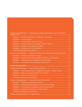 Situação de Aprendizagem 4 – Fortalecendo as relações interpessoais para a construção do
Projeto de Vida......................................................................................................... 44
Atividade 1 – Relações interpessoais – identidade – diversidade.................................... 44
Atividade 2 – Teia das relações ............................................................................... 45
Atividade 3 – Fortalecendo os vínculos na classe ........................................................ 46
Atividade 4 – Teia das relações com os adultos da escola: Tutoria................................... 47
Atividade 5 – Relações com as situações cotidianas..................................................... 48
Atividade 6 – As relações com o meio ambiente.......................................................... 49
Avaliação da Situação de Aprendizagem ................................................................... 49
Situação de Aprendizagem 5 – Diferentes caminhos para a realização pessoal e profissional..... 50
Atividade 1 – Histórias de vida bem-sucedidas........................................................... 50
Atividade 2 – Histórias de vida bem-sucedidas na família e na comunidade...................... 52
Atividade 3 – O percurso para a construção do Projeto de Vida....................................... 53
Atividade 4 – Culminância: o que aprendemos nesse percurso....................................... 54
2a
série do Ensino Médio ........................................................................................ 55
Situação de Aprendizagem 1 – O que e quando é o futuro?................................................. 55
Atividade 1 – Uma relação de causa e consequência: passado > presente > futuro ............. 55
Atividade 2 – Quem eu sou e quem pretendo ser no futuro?........................................... 57
Atividade 3 – Como eu me vejo no futuro .................................................................. 57
Avaliação da Situação de Aprendizagem ................................................................... 58
Situação de Aprendizagem 2 – Fatores de sucesso da vida escolar ....................................... 59
Atividade 1 – Entrando em contato com o sucesso ...................................................... 59
Atividade 2 – Identificando personagens de sucesso na humanidade.............................. 60
Atividade 3 – As conquistas e os progressos de seu Projeto de Vida ................................ 64
Atividade 4 – Contextos que favorecem o Projeto de Vida ............................................. 65
Avaliação da Situação de Aprendizagem ................................................................... 66
Situação de Aprendizagem 3 – O Projeto de Vida.............................................................. 66
 