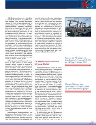 O peso do PIB galego no 
Estado español pasou do 5,59% 
en 1986 ao 5,36% en 2012. 
O capital foráneo foise 
apropiando dunha gran parte 
do tecido empresarial galego. 
25 
O BNG valorou criticamente a Acta Única 
e o Tratado de Maastricht na súa XIII Asem-blea 
Nacional, como reflicte o seguinte pa-ragrafo: 
“A Unión Europea xogou e xoga un 
considerábel papel como impulsora da globa-lización 
capitalista e non exerce como bloque 
alternativo ao imperialismo dos EUA senón 
todo o contrario, sempre foi o seu aliado máis 
fiel. Especialmente coa instauración da Acta 
Única e do Tratado de Maastricht, a UE orien-touse 
pola creación dun espazo económico 
máis homoxéneo en termos de variábeis mo-netario- 
financeiras. O seu obxectivo foi e é 
ampliar os mercados, eliminar obstáculos ao 
libre comercio, permitir a liberdade absoluta 
dos movementos de capital e a supresión das 
regulacións e intervencións dos Estados nas 
súas respectivas economías. Estas medidas 
foron esixidas polos sectores dominantes do 
capital europeo, nomeadamente pola patro-nal 
UNICE e en particular pola ERT (“Mesa Re-donda 
Europea de Industriais”). Está integrada 
polos dirixentes das 45 máis importantes trans-nacionais 
europeas, concentradas nomeada-mente 
nos Estados centrais da UE”. 
O Tratado de Maastricht, asinado en fe-breiro 
de 1992, ademais de darlle compe-tencias 
á Unión Europea en materia de 
educación, política social, formación profe-sional, 
mocidade, saúde pública, protección 
dos consumidores, redes transeuropeas, in-dustria, 
cooperación e desenvolvemento, e 
fortaleceu as que esta tiña en materia eco-nómica 
e monetaria comúns. Así como a de 
regular a política exterior e de seguridade. A 
maioría do nacionalismo galego pronun-ciouse 
contra este acordo que, nunha edición 
especifica de 36 páxinas, a INTG-CIG carac-terizaba 
do seguinte xeito: “dificilmente 
Maastricht pode ser positivo para economía 
galega (…) é unha modificación global, porén 
continuista, do Tratado de Roma (…) A Europa 
que se está a construír practica unha política 
conservadora no económico e no social, 
segue sendo negadora dos dereitos nacionais, 
e acentúa a estratificación social e a des-igualdade 
entre nacións e rexións dentro de 
cada estado, e entre os propios estados que a 
integran”. Tanto a INTG como o BNG fixeron 
campaña en contra no noso país, mentres que 
CC.OO. e EU inclinábanse por apoiar a re-forma 
“pra evitar o mercado a pau seco”, e 
PSG-EG decidíase por un si crítico, na mesma 
liña que a Confederación Europea de Sindi-catos 
(CES)”. 
O nacionalismo tamén se opuxo á pro-posta 
dunha Constitución Europea no ano 
2004 (aínda que unha das forzas internas, 
Esquerda Nacionalista, apostaba polo si crí-tico). 
Esta iniciativa terminou bloqueada pola 
oposición social nos referendos realizados en 
varios países. Seguiulle o sucedáneo do Tra-tado 
de Lisboa, no ano 2006, que por lóxica 
sería rexeitado polo nacionalismo, xa que, 
como afirmou o deputado do BNG, Francisco 
Jorquera, no Congreso o día da votación “O 
procedemento seguido escapando do refe-rendo, 
en base a diversos pretextos, revela o 
medo ao sentido de voto dos cidadáns euro-peos. 
Saben que o contido do “Tratado de Lis-boa” 
é a copia da referida Constitución 
Europea, á que mudaron o nome para tentar 
de enganar á poboación europea, o que re-presenta 
un auténtico fraude político. No que 
atinxe á arquitectura institucional, o Tratado 
de Lisboa reforza os poderes da Comisión (o 
executivo da UE) en detrimento do Parla-mento. 
O empobrecemento da democracia 
tamén é visíbel na Carta dos Dereitos Funda-mentais, 
máis restrinxida, aínda, que a esta-belecida 
no Tratado Constitucional” 
Os efectos da entrada na 
UE para Galiza 
Despois de repasar a postura do nacio-nalismo 
galego diante da UE, e dos sucesivos 
tratados que lle foron outorgando máis com-petencias 
a Bruxelas, agudizando tamén o 
carácter antidemocrático da Unión, cómpre 
facer algúns comentarios sobre cales foron 
os seus efectos sobre a sociedade galega. O 
máis evidente, xa que resume todos os efec-tos 
sectoriais, é a evolución negativa da de-mografía 
na Galiza. Dende o ano 1986 até o 
ano 2013 o noso país perdeu 78.532 habi-tantes 
mentres que o Estado español gañaba 
8.656.365; pasamos de representar o 7,39% 
da poboación do Estado a termos o 5,86%, 
co que isto implica a nivel social e político. 
Dúas tendencias totalmente contrarias que 
non se poden obviar. Evidentemente, as cau-sas 
son económicas e políticas, xunto coa 
falta de emprego para absorber o excedente 
agrario e que o existente, en boa medida, 
fose precario e mal pago. Un exemplo desta 
evolución regresiva é que no Estado español 
no ano 1981, a diferenza de ingresos entre o 
20% máis baixo e o 20% máis alto era de 
5,89 veces e no ano 2011 de 7,5 veces; a 
máxima desigualdade da eurozona. 
Se analizamos o peso do PIB galego no 
do Estado español ollamos que dende o ano 
1986 até o 2012, pasou do 5,59% ao 5,36%; 
unha caída pequena, polo que medrou a 
renda por habitante a maior ritmo que a 
 