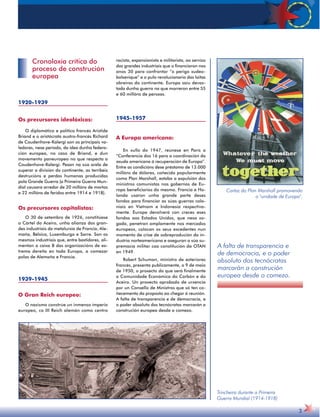 Cartaz do Plan Marshall promovendo 
a "unidade de Europa". 
3 
Cronoloxía crítica do 
proceso de construción 
europea 
1920-1939 
Os precursores ideolóxicos: 
O diplomático e político francés Aristide 
Briand e o aristócrata austro-francés Richard 
de Coudenhove-Kalergi son os principais va-ledores, 
nese período, da idea dunha federa-ción 
europea, no caso de Briand, e dun 
movemento paneuropeo no que respecta a 
Coudenhove-Kalergi. Pesan na súa arela de 
superar a división do continente, as terríbeis 
destrucións e perdas humanas producidas 
pola Grande Guerra (a Primeira Guerra Mun-dial 
causara arredor de 20 millóns de mortos 
e 22 millóns de feridos entre 1914 e 1918). 
Os precursores capitalistas: 
O 30 de setembro de 1926, constitúese 
o Cártel do Aceiro, unha alianza dos gran-des 
industriais da metalurxia de Francia, Ale-maña, 
Bélxica, Luxemburgo e Sarre. Son os 
mesmos industriais que, entre bastidores, ali-mentan 
a caixa B das organizacións de ex-trema 
dereita en toda Europa, a comezar 
polas de Alemaña e Francia. 
1939-1945 
O Gran Reich europeo: 
O nazismo constrúe un inmenso imperio 
europeo, co III Reich alemán como centro 
racista, expansionista e militarista, ao servizo 
dos grandes industriais que o financiaron nos 
anos 30 para confrontar “o perigo xudeo-bolxevique” 
e o pulo revolucionario das loitas 
obreiras do continente. Europa saíu devas-tada 
dunha guerra na que morreron entre 55 
e 60 millóns de persoas. 
1945-1957 
A Europa americana: 
En xullo do 1947, reúnese en París a 
“Conferencia dos 16 para a coordinación da 
axuda americana á recuperación de Europa”. 
Entre as condicións dese préstamo de 13.000 
millóns de dólares, coñecido popularmente 
como Plan Marshall, estaba a expulsión dos 
ministros comunistas nos gobernos de Eu-ropa 
beneficiarios do mesmo. Francia e Ho-landa 
usaron unha grande parte deses 
fondos para financiar as súas guerras colo-niais 
en Vietnam e Indonesia respectiva-mente. 
Europa devolverá con creces eses 
fondos aos Estados Unidos, que nesa xo-gada, 
penetran amplamente nos mercados 
europeos, colocan os seus excedentes nun 
momento de crise de sobreprodución da in-dustria 
norteamericana e aseguran a súa su-premacía 
militar coa constitución da OTAN 
en 1949. 
Robert Schuman, ministro de exteriores 
francés, presenta publicamente, o 9 de maio 
de 1950, o proxecto do que será finalmente 
a Comunidade Económica do Carbón e do 
Aceiro. Un proxecto aprobado de urxencia 
por un Consello de Ministros que só ten co-ñecemento 
da proposta ao chegar á reunión. 
A falta de transparencia e de democracia, e 
o poder absoluto dos tecnócratas marcarán a 
construción europea desde o comezo. 
A falta de transparencia e 
de democracia, e o poder 
absoluto dos tecnócratas 
marcarán a construción 
europea desde o comezo. 
Trincheira durante a Primeira 
Guerra Mundial (1914-1918) 
 