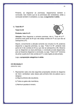 Portanto, ao diagramar as premissas, diagramamos também a
conclusão. Isso mostra que se as premissas são verdadeiras, então a
conclusão também é verdadeira, ou seja,
b) Todo M é P
Todo S é M
Portanto, todo S é P.
Solução: Para diagr
pintamos toda parte de M que não esteja contida em P (ou que não se
sobreponha a P).
Depois, concentrando a atenção somente nos círculos S e M, podemos
diagramar a segunda premissa, ou seja, “Todo S é M”, pi
parte de S não contida em M (ou que não se sobreponha a M). Observe
que ao diagramar as duas premissas, a conclusão já está diagramada,
pois se fossemos diagramar a conclusão, ou seja, “Todo S é P” teríamos
de pintar a parte de S não contida e
Logo, a proposição categórica é valida
4.6 Atividades II
(SERATES 1997)
1. Representar cada uma das seguintes proposições através do diagrama
de Venn: (simbolizar cada classe pela primeira letra da palavra que a
designa)
a) Alguns pintores são escultores.
b) Todos os gatos são mamíferos.
c) Nenhum paulista é mineiro.
Portanto, ao diagramar as premissas, diagramamos também a
conclusão. Isso mostra que se as premissas são verdadeiras, então a
conclusão também é verdadeira, ou seja, o argumento é valido.
Portanto, todo S é P.
Para diagramar a primeira premissa, isto é, “Todo M é P” ,
pintamos toda parte de M que não esteja contida em P (ou que não se
Depois, concentrando a atenção somente nos círculos S e M, podemos
diagramar a segunda premissa, ou seja, “Todo S é M”, pi
parte de S não contida em M (ou que não se sobreponha a M). Observe
que ao diagramar as duas premissas, a conclusão já está diagramada,
pois se fossemos diagramar a conclusão, ou seja, “Todo S é P” teríamos
de pintar a parte de S não contida em P, e esta região já está pintada.
a proposição categórica é valida.
Representar cada uma das seguintes proposições através do diagrama
de Venn: (simbolizar cada classe pela primeira letra da palavra que a
a) Alguns pintores são escultores.
b) Todos os gatos são mamíferos.
c) Nenhum paulista é mineiro.
29
Portanto, ao diagramar as premissas, diagramamos também a
conclusão. Isso mostra que se as premissas são verdadeiras, então a
o argumento é valido.
amar a primeira premissa, isto é, “Todo M é P” ,
pintamos toda parte de M que não esteja contida em P (ou que não se
Depois, concentrando a atenção somente nos círculos S e M, podemos
diagramar a segunda premissa, ou seja, “Todo S é M”, pintando toda
parte de S não contida em M (ou que não se sobreponha a M). Observe
que ao diagramar as duas premissas, a conclusão já está diagramada,
pois se fossemos diagramar a conclusão, ou seja, “Todo S é P” teríamos
m P, e esta região já está pintada.
Representar cada uma das seguintes proposições através do diagrama
de Venn: (simbolizar cada classe pela primeira letra da palavra que a
 