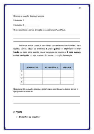 39
Coloque a posição dos interruptores:
Interruptor 1: _____________
Interruptor 2: _____________
O que acontecerá com a lâmpada nessa condição? Justifique.
_______________________________________________________________
_______________________________________________________________
_______________________________________________________________
Podemos assim, construir uma tabela com estas quatro situações. Para
facilitar, vamos adotar os símbolos 1, para quando o interruptor estiver
ligado, ou seja, para quando houver condução de energia e 0 para quando
estiver desligado, ou seja, quando não houver condução de energia:
Relacionando as quatro posições possíveis de acordo com a tabela acima, o
que podemos concluir?
_______________________________________________________________
_______________________________________________________________
_______________________________________________________________
2ª PARTE
 Considere os circuitos:
INTERRUPTOR 1 INTERRUPTOR 2 LÂMPADA
a)
b)
c)
d)
 