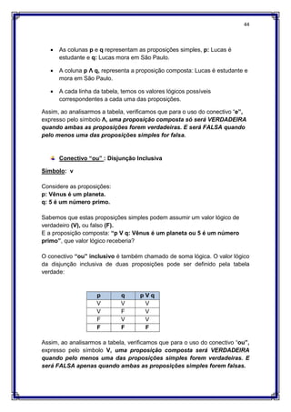 44
 As colunas p e q representam as proposições simples, p: Lucas é
estudante e q: Lucas mora em São Paulo.
 A coluna p Ʌ q, representa a proposição composta: Lucas é estudante e
mora em São Paulo.
 A cada linha da tabela, temos os valores lógicos possíveis
correspondentes a cada uma das proposições.
Assim, ao analisarmos a tabela, verificamos que para o uso do conectivo “e”,
expresso pelo símbolo Ʌ, uma proposição composta só será VERDADEIRA
quando ambas as proposições forem verdadeiras. E será FALSA quando
pelo menos uma das proposições simples for falsa.
Conectivo “ou” : Disjunção Inclusiva
Símbolo: v
Considere as proposições:
p: Vênus é um planeta.
q: 5 é um número primo.
Sabemos que estas proposições simples podem assumir um valor lógico de
verdadeiro (V), ou falso (F).
E a proposição composta: “p V q: Vênus é um planeta ou 5 é um número
primo”, que valor lógico receberia?
O conectivo “ou” inclusivo é também chamado de soma lógica. O valor lógico
da disjunção inclusiva de duas proposições pode ser definido pela tabela
verdade:
p q p V q
V V V
V F V
F V V
F F F
Assim, ao analisarmos a tabela, verificamos que para o uso do conectivo “ou”,
expresso pelo símbolo V, uma proposição composta será VERDADEIRA
quando pelo menos uma das proposições simples forem verdadeiras. E
será FALSA apenas quando ambas as proposições simples forem falsas.
 