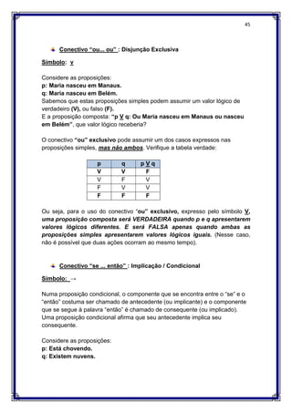 45
Conectivo “ou... ou” : Disjunção Exclusiva
Símbolo: v
Considere as proposições:
p: Maria nasceu em Manaus.
q: Maria nasceu em Belém.
Sabemos que estas proposições simples podem assumir um valor lógico de
verdadeiro (V), ou falso (F).
E a proposição composta: “p V q: Ou Maria nasceu em Manaus ou nasceu
em Belém”, que valor lógico receberia?
O conectivo “ou” exclusivo pode assumir um dos casos expressos nas
proposições simples, mas não ambos. Verifique a tabela verdade:
p q p V q
V V F
V F V
F V V
F F F
Ou seja, para o uso do conectivo “ou” exclusivo, expresso pelo símbolo V,
uma proposição composta será VERDADEIRA quando p e q apresentarem
valores lógicos diferentes. E será FALSA apenas quando ambas as
proposições simples apresentarem valores lógicos iguais. (Nesse caso,
não é possível que duas ações ocorram ao mesmo tempo).
Conectivo “se ... então” : Implicação / Condicional
Símbolo: →
Numa proposição condicional, o componente que se encontra entre o “se” e o
“então” costuma ser chamado de antecedente (ou implicante) e o componente
que se segue à palavra “então” é chamado de consequente (ou implicado).
Uma proposição condicional afirma que seu antecedente implica seu
consequente.
Considere as proposições:
p: Está chovendo.
q: Existem nuvens.
 