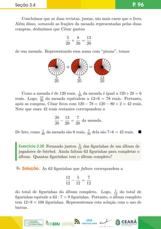 Seção 3.4 P. 96
Concluímos que as duas revistas, juntas, são mais caras que o livro.
Além disso, somando as frações da mesada representadas pelas duas
compras, deduzimos que César gastou
5
20
+
8
20
=
13
20
de sua mesada. Representando essa soma com “pizzas”, temos
5
20
+ =
8
20
+ =
13
20
+ =
Como a mesada é de 120 reais, 1
20 da mesada é igual a 120÷20 = 6
reais. Logo, 13
20 da mesada equivalem a 13×6 = 78 reais. Portanto,
após as compras, César ficou com 120 − 78 = 120 − 80 + 2 = 42 reais.
Note que esses 42 reais restantes correspondem a
20
20
−
13
20
=
7
20
da mesada.
De fato, como 1
20 da mesada são 6 reais, 7
20 dela são 7×6 = 42 reais. 
Exercício 3.30 Fernando juntou 5
12 das figurinhas de um álbum de
jogadores de futebol. Ainda faltam 63 figurinhas para completar o
álbum. Quantas figurinhas tem o álbum completo?
Solução. As 63 figurinhas que faltam correspondem a
12
12
−
5
12
=
7
12
do total de figurinhas do álbum completo. Logo, 1
12 do total de
figurinhas equivale a 63 : 7 = 9 figurinhas. Portanto, o álbum completo
tem 12×9 = 108 figurinhas. Representemos esta solução com o uso de
barras.
 