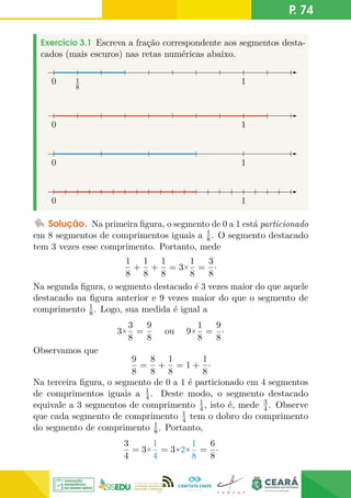 P. 74
Exercício 3.1 Escreva a fração correspondente aos segmentos desta-
cados (mais escuros) nas retas numéricas abaixo.
1
8
0 1
0 1
0 1
0 1
Solução. Na primeira figura, o segmento de 0 a 1 está particionado
em 8 segmentos de comprimentos iguais a 1
8. O segmento destacado
tem 3 vezes esse comprimento. Portanto, mede
1
8
+
1
8
+
1
8
= 3×
1
8
=
3
8
·
Na segunda figura, o segmento destacado é 3 vezes maior do que aquele
destacado na figura anterior e 9 vezes maior do que o segmento de
comprimento 1
8. Logo, sua medida é igual a
3×
3
8
=
9
8
ou 9×
1
8
=
9
8
·
Observamos que
9
8
=
8
8
+
1
8
= 1 +
1
8
·
Na terceira figura, o segmento de 0 a 1 é particionado em 4 segmentos
de comprimentos iguais a 1
4. Deste modo, o segmento destacado
equivale a 3 segmentos de comprimento 1
4, isto é, mede 3
4. Observe
que cada segmento de comprimento 1
4 tem o dobro do comprimento
do segmento de comprimento 1
8. Portanto,
3
4
= 3×
1
4
= 3×2×
1
8
=
6
8
·
 