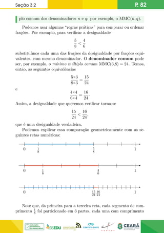 Seção 3.2 P. 82
plo comum dos denominadores n e q: por exemplo, o MMC(n, q).
Podemos usar algumas “regras práticas” para comparar ou ordenar
frações. Por exemplo, para verificar a desigualdade
5
8

4
6
substituímos cada uma das frações da desigualdade por frações equi-
valentes, com mesmo denominador. O denominador comum pode
ser, por exemplo, o mínimo múltiplo comum MMC(6,8) = 24. Temos,
então, as seguintes equivalências
5×3
8×3
=
15
24
e
4×4
6×4
=
16
24
·
Assim, a desigualdade que queremos verificar torna-se
15
24

16
24
,
que é uma desigualdade verdadeira.
Podemos explicar essa comparação geometricamente com as se-
guintes retas numéricas:
0 1
1
8
5
8
0 1
1
6
4
6
0 1
16
24
15
24
Note que, da primeira para a terceira reta, cada segmento de com-
primento 1
8 foi particionado em 3 partes, cada uma com comprimento
 