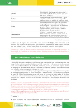 P.55 S18 - CADERNO I
Tumblr
Plataforma de blogs que permite a interação e o
compartilhamento de vídeos, imagens, gifs, músi-
cas, textos verbais etc.
Padlet
Permite a criação de um mural on-line, a partir
de práticas colaborativas, para o compartilha-
mento de textos, de imagens, de vídeo e de áudio.
Diigo
Permite a organização de links e de referências,
as quais podem ser marcadas como etiquetas
(tags), de forma a gerar uma base de dados para
pesquisa. É possível ainda acessar conteúdos
desenvolvidos por outros usuários a partir da
pesquisa através de palavras-chave.
MindMeister
Objetiva a criação de mapas conceituais, de
forma a organizar conteúdos, a partir do uso de
palavras-chave. É possível o compartilhamento e
a interação no processo de criação desses mapas.
Fonte: elaborado pelos autores.
Você faz uso de alguma das ferramentas acima apresentadas? Que outra ferramenta você
indicaria para a realização de curadoria digital e qual a funcionalidade desse recurso? Discuta
com seus colegas e com o (a) seu/sua professor(a) acerca das sugestões apresentadas.
Professor (a), além de discutir sobre as ferramentas utilizadas, é importante enfatizar a
importância da curadoria de informação para o desenvolvimento de diferentes propósitos e
projetos discursivos.
Produção textual: hora de instruir!
Prezado (a) estudante, agora que, através de textos relacionados com diferentes aspectos das
competências socioemocionais, estudamos em todo o material a relevância da coesão textual,
assim como as diversas formas de construí-la, utilizando, ou não, os conectores, seguem abaixo
as propostas de produção. O(A) seu(sua) professor(a) decidirá o momento mais oportuno para
esse trabalho, assim como para a avaliação do texto.
Uma ideia interessante é que as produções da turma possam ser inseridas em uma pasta
de compartilhamento digital, a fim de incentivar a leitura coletiva. Ou que sejam divulgadas
no grupo de WhatsApp da turma ou na rede social de que você faz parte, a fim de divulgar
amplamente a importância do socioemocional no nosso dia a dia. Para isso, será necessário
transpor para o digital, utilizando as ferramentas tecnológicas à sua disposição. Portanto, boa
produção!
Professor (a), para estas propostas considere a possibilidade de uma breve revisão sobre o tipo
de texto injuntivo. Também será interessante chamar atenção dos alunos para as características
dos gêneros textuais em questão observando, principalmente, o texto em formato padrão exibido
como texto de apoio em cada proposta, além dos textos criativos.
Para maior aprofundamento sobre tipologia textual - texto injuntivo, acesse:
https://descomplica.com.br/artigo/generos-textuais-entenda-os-e-nao-deixe-o-
vestibular-te-pegar-de-surpresa/4Ml/
Proposta 1
A partir da leitura dos textos motivadores apresentados abaixo e, considerando também
 