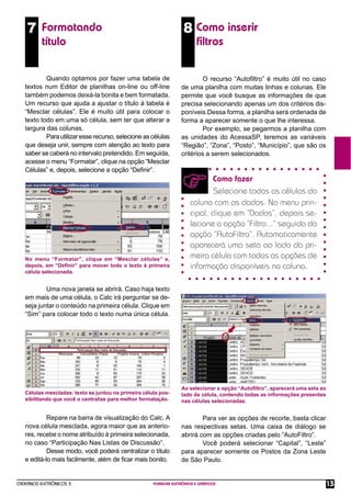 7 Formatando                                                    8 Como inserir
          título                                                          ﬁltros


           Quando optamos por fazer uma tabela de                           O recurso “Autoﬁltro” é muito útil no caso
   textos num Editor de planilhas on-line ou off-line              de uma planilha com muitas linhas e colunas. Ele
   também podemos deixá-la bonita e bem formatada.                 permite que você busque as informações de que
   Um recurso que ajuda a ajustar o título à tabela é              precisa selecionando apenas um dos critérios dis-
   “Mesclar células”. Ele é muito útil para colocar o              poníveis.Dessa forma, a planilha será ordenada de
   texto todo em uma só célula, sem ter que alterar a              forma a aparecer somente o que lhe interessa.
   largura das colunas.                                                     Por exemplo, se pegarmos a planilha com
           Para utilizar esse recurso, selecione as células        as unidades do AcessaSP, teremos as variáveis
   que deseja unir, sempre com atenção ao texto para               “Região”, “Zona”, “Posto”, “Município”, que são os
   saber se caberá no intervalo pretendido. Em seguida,            critérios a serem selecionados.
   acesse o menu “Formatar”, clique na opção “Mesclar
   Células” e, depois, selecione a opção “Deﬁnir”.
                                                                               Como fazer
                                                                               Selecione todas as células da
                                                                       coluna com os dados. No menu prin-
                                                                       cipal, clique em “Dados”, depois se-
                                                                       lecione a opção “Filtro...” seguida da
                                                                       opção “AutoFiltro”. Automaticamente
                                                                       aparecerá uma seta ao lado da pri-
   No menu “Formatar”, clique em “Mesclar células” e,
                                                                       meira célula com todas as opções de
   depois, em “Deﬁnir” para mover todo o texto à primeira              informação disponíveis na coluna.
   célula selecionada.


           Uma nova janela se abrirá. Caso haja texto
   em mais de uma célula, o Calc irá perguntar se de-
   seja juntar o conteúdo na primeira célula. Clique em
   “Sim” para colocar todo o texto numa única célula.




                                                                   Ao selecionar a opção “Autoﬁltro”, aparecerá uma seta ao
   Células mescladas: texto se juntou na primeira célula pos-      lado da célula, contendo todas as informações presentes
   sibilitando que você o centralize para melhor formatação.       nas células selecionadas.


            Repare na barra de visualização do Calc. A                     Para ver as opções de recorte, basta clicar
   nova célula mesclada, agora maior que as anterio-               nas respectivas setas. Uma caixa de diálogo se
   res, recebe o nome atribuído à primeira selecionada,            abrirá com as opções criadas pelo “AutoFiltro”.
   no caso “Participação Nas Listas de Discussão”.                         Você poderá selecionar “Capital”, “Leste”
            Desse modo, você poderá centralizar o título           para aparecer somente os Postos da Zona Leste
   e editá-lo mais facilmente, além de ﬁcar mais bonito.           de São Paulo.


CADERNOS ELETRÔNICOS 3                                PLANILHA ELETRÔNICA E GRÁFICOS                                          13
 