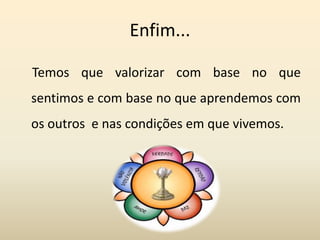 Enfim...
Temos que valorizar com base no que
sentimos e com base no que aprendemos com
os outros e nas condições em que vivemos.
 