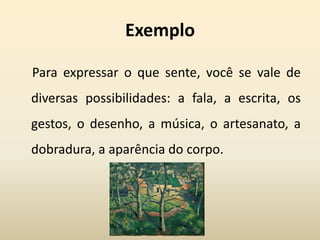 Exemplo
Para expressar o que sente, você se vale de
diversas possibilidades: a fala, a escrita, os
gestos, o desenho, a música, o artesanato, a
dobradura, a aparência do corpo.
 