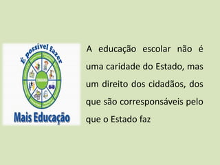 A educação escolar não é
uma caridade do Estado, mas
um direito dos cidadãos, dos
que são corresponsáveis pelo
que o Estado faz
 