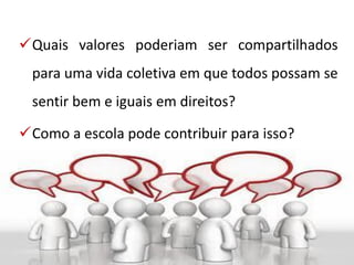 Quais valores poderiam ser compartilhados
para uma vida coletiva em que todos possam se
sentir bem e iguais em direitos?
Como a escola pode contribuir para isso?
 