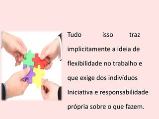 Tudo isso traz
implicitamente a ideia de
flexibilidade no trabalho e
que exige dos indivíduos
Iniciativa e responsabilidade
própria sobre o que fazem.
 