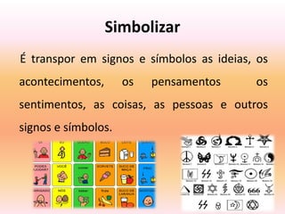 Simbolizar
É transpor em signos e símbolos as ideias, os
acontecimentos, os pensamentos os
sentimentos, as coisas, as pessoas e outros
signos e símbolos.
 
