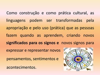 Como construção e como prática cultural, as
linguagens podem ser transformadas pela
apropriação e pelo uso (prática) que as pessoas
fazem quando as aprendem, criando novos
significados para os signos e novos signos para
expressar e representar novos
pensamentos, sentimentos e
acontecimentos.
 