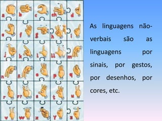 As linguagens não-
verbais são as
linguagens por
sinais, por gestos,
por desenhos, por
cores, etc.
 