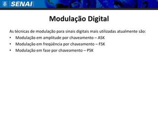 Modulação Digital
As técnicas de modulação para sinais digitais mais utilizadas atualmente são:
• Modulação em amplitude por chaveamento – ASK
• Modulação em freqüência por chaveamento – FSK
• Modulação em fase por chaveamento – PSK
 