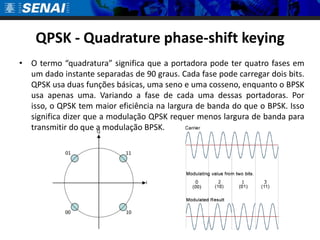 QPSK - Quadrature phase-shift keying
• O termo “quadratura” significa que a portadora pode ter quatro fases em
  um dado instante separadas de 90 graus. Cada fase pode carregar dois bits.
  QPSK usa duas funções básicas, uma seno e uma cosseno, enquanto o BPSK
  usa apenas uma. Variando a fase de cada uma dessas portadoras. Por
  isso, o QPSK tem maior eficiência na largura de banda do que o BPSK. Isso
  significa dizer que a modulação QPSK requer menos largura de banda para
  transmitir do que a modulação BPSK.
 