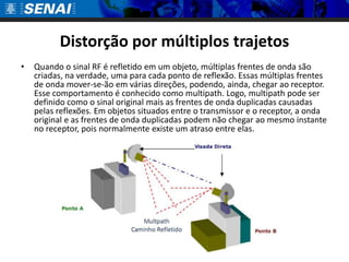 Distorção por múltiplos trajetos
•   Quando o sinal RF é refletido em um objeto, múltiplas frentes de onda são
    criadas, na verdade, uma para cada ponto de reflexão. Essas múltiplas frentes
    de onda mover-se-ão em várias direções, podendo, ainda, chegar ao receptor.
    Esse comportamento é conhecido como multipath. Logo, multipath pode ser
    definido como o sinal original mais as frentes de onda duplicadas causadas
    pelas reflexões. Em objetos situados entre o transmissor e o receptor, a onda
    original e as frentes de onda duplicadas podem não chegar ao mesmo instante
    no receptor, pois normalmente existe um atraso entre elas.
 