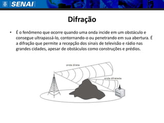 Difração
• É o fenômeno que ocorre quando uma onda incide em um obstáculo e
  consegue ultrapassá-lo, contornando-o ou penetrando em sua abertura. É
  a difração que permite a recepção dos sinais de televisão e rádio nas
  grandes cidades, apesar de obstáculos como construções e prédios.
 