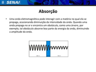 Absorção
• Uma onda eletromagnética pode interagir com a matéria no qual ela se
  propaga, ocasionando diminuição da intensidade da onda. Quando uma
  onda propaga no ar e encontra um obstáculo, como uma árvore, por
  exemplo, tal obstáculo absorve boa parte da energia da onda, diminuindo
  a amplitude da onda.
 