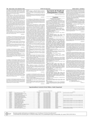 16 – terça-feira, 19 de Janeiro de 2021	Diário do Executivo	 Minas Gerais - Caderno 1
O Coordenador da Unidade Regional de Gestão das Águas – Urga do
Norte de Minas, no uso da competência delegada pelo Diretor Geral do
Instituto Mineiro de Gestão das Águas – Igam –, por meio da Portaria
Igam nº 12, de 02 de maio de 2018, cientifica os interessados abaixo
relacionados das decisões proferidas nos processos administrativos de
Outorga de Direito de Uso de Recursos Hídricos:
Arquivamento:
Arquiva-se o processo nº. 08831 de 29/10/2018. Requerente: Ivan
Bomfim de Oliveira. CPF: 150.501.306-20. Curso d’água: Poço Tubu-
lar. Motivo: Verificou-se que os documentos do processo, dentre eles
o Formulário Técnico e o Relatório Técnico apresentam inconsistên-
cia técnica por conter informações divergentes, além de não atender
os termos de referência disponibilizados pelo IGAM, ensejando nesse
processo as causas de arquivamento, com base na Portaria IGAM n°
48/2019, Artigo 54 - A. Município: Manga – MG.
Arquiva-se o processo nº. 08832 de 29/10/2018. Requerente: Ivan
Bomfim de Oliveira. CPF: 150.501.306-20. Curso d’água: Poço Tubu-
lar. Motivo: Verificou-se que os documentos do processo, dentre eles o
Formulário Técnico e o Relatório Técnico apresentam inconsistência
técnica por conter informações divergentes, além de não atender os ter-
mos de referência disponibilizados pelo IGAM nem as normas técni-
cas disponibilizadas pela ABNT, ensejando nesse processo as causas de
arquivamento, com base na Portaria IGAM n° 48/2019, Artigo 54 - A.
Município: Manga – MG.
Arquiva-se o processo nº. 05676 de 18/07/2018. Requerente: Fabrício
Hortêncio da Silva - ME. CNPJ: 27.999.759/0001- 86. Curso d’água:
Não informado. Motivo: Itens da informação complementar solicitada
foram apresentados insatisfatoriamente e itens foram apresentados par-
cialmente insatisfatórios. O Processo deverá ser arquivado conforme
Parágrafo 3º do Artigo 24 do Decreto Estadual 47.705/2019. Municí-
pio: Bocaiuva – MG.
Os Processos Administrativos encontram-se disponíveis para consulta
e cópia na URGA Norte de Minas. Os dados contidos nas referidas
decisões estarão disponíveis no site do IGAM, www.igam.mg.gov.br.
Montes Claros, 18 de Janeiro de 2021.
18 1437397 - 1
O Coordenador da Unidade Regional de Gestão das Águas Urga do
Alto São Francisco, no uso da competência delegada pela Diretora
Geral do Instituto Mineiro de Gestão das Águas – Igam, por meio da
Portaria Igam nº 12 de 02 de maio de 2018, cientificam os interessados
abaixo relacionados das decisões proferidas nos processos administrati-
vos de Outorga de Direito de Uso de Recursos Hídricos:
Cancelamento
Cancela-se a pedido do requerente portaria nº 1207606/2019 publi-
cada dia 27/08/2019. Requerente: Coferall Extração e Comércio de
Areia Ltda ME. CNPJ: 09.283.033/0001-60. Municipio: Leandro
Ferreira-MG
O Processo Administrativos encontra-se disponível para consulta e
cópia na URGA ALTO SÃO FRANCISCO. Os dados contidos nas
referidas decisões estarão disponíveis no site do IGAM, www.igam.
mg.gov.br. Divinópolis, 18 de janerio de 2021
18 1437261 - 1
O Coordenador da Unidade Regional de Gestão das Águas, URGA
Zona da Mata, no uso da competência delegada pela Diretora Geral
do Instituto Mineiro de Gestão das Águas – Igam, por meio da Portaria
Igam nº 12 de 02 de maio de 2018, cientificam os interessados abaixo
relacionados das decisões proferidas nos processos administrativos de
Outorga de Direito de Uso de Recursos Hídricos:
*Processo n° 56177/2020, Usuário: M. M.Areias LTDA- ME, Rodeiro,
Deferido com condicionantes, Portaria n°2000379/2021.
Os Processos Administrativos encontram-se disponíveis para consulta
e cópia na URGA Zona da Mata. Os dados contidos nas referidas deci-
sões estarão disponíveis no site do IGAM, www.igam.mg.gov.br. Ubá,
18 de Janeiro de 2021.
18 1437416 - 1
O Coordenador da Unidade Regional de Gestão das Águas, URGA
Norte de Minas, no uso da competência delegada pelo Diretor Geral
do Instituto Mineiro de Gestão das Águas – Igam, por meio da Portaria
Igam nº 12 de 02 de maio de 2018, cientifica os interessados abaixo
relacionados das decisões proferidas nos processos administrativos de
Outorga de Direito de Uso de Recursos Hídricos:
*Processo n° 19449/2013, Usuário: Companhia de Saneamento de
Minas Gerais COPASA - MG, Coração de Jesus, Deferido com con-
dicionantes, Portaria n°1600248/2021. *Processo n° 19485/2013, Usu-
ário: Companhia de Saneamento de Minas Gerais COPASA - MG,
Itacambira, Deferido com condicionantes, Portaria n°1600249/2021.
*Processo n° 02608/2018, Usuário: Companhia de Saneamento de
Minas Gerais COPASA - MG, Montes Claros, Deferido com condicio-
nantes, Portaria n°1600251/2021. *Processo n° 26368/2017, Usuário:
Companhia de Saneamento de Minas Gerais COPASA - MG, Montes
Claros, Deferido com condicionantes, Portaria n°1600256/2021. *Pro-
cesso n° 24050/2013, Usuário: Companhia de Saneamento de Minas
Gerais COPASA - MG, Várzea da Palma, Deferido com condicio-
nantes, Portaria n°1600258/2021. *Processo n° 24045/2013, Usuário:
Companhia de Saneamento de Minas Gerais COPASA - MG, Santa Fé
de Minas, Deferido com condicionantes, Portaria n°1600260/2021.
Os Processos Administrativos encontram-se disponíveis para consulta
e cópia na URGA Norte de Minas. Os dados contidos nas referidas
decisões estarão disponíveis no site do IGAM, www.igam.mg.gov.
br.Montes Claros, 18 de Janeiro de 2021.
18 1437291 - 1
O Coordenador da Unidade Regional de Gestão das Águas URGAAlto
São Francisco, no uso da competência delegada pela Diretora Geral do
Instituto Mineiro de Gestão das Águas – Igam, por meio da Portaria
Igam nº 12 de 02 de maio de 2018, cientificam os interessados abaixo
relacionados das decisões proferidas nos processos administrativos de
Outorga de Direito de Uso de Recursos Hídricos.
Retificação
Retifica-se a portaria nº. 1200261/2020 publicada dia 09/01/2020.
Onde se lê: Outorgado: JB Transportes e Comércio de Areia Ltda ,
CNPJ: 64.213.051/0001-84. Leia-se: JB Comérco de Materiais de
Construção Ltda. CNPJ: 64.213.051/0001-8.Municipio Desterro de
Entre Rio-MG.
O ProcessoAdministrativo encontra-se disponível para consulta e cópia
na URGA Alto São Francisco. Os dados contidos na referida decisão
estará disponível no site do IGAM, www.igam.mg.gov.br. Divinópolis,
18 janeiro de 2021.
18 1437228 - 1
Os Coordenadores das Unidades Regionais de Gestão das Águas
Urga’s, do Jequitinhonha, Central Metropolitana e Alto São Francisco,
no uso da competência delegada pelo Diretor Geral do Instituto Mineiro
de Gestão das Águas – Igam, por meio da Portaria Igam nº 12 de 02 de
maio de 2018, cientificam os interessados abaixo relacionados das deci-
sões proferidas nos processos administrativos de Outorga de Direito de
Uso de Recursos Hídricos:
Retificações:
Retifica-se a portaria nº 03096 publicada em 12/11/2004. Outorgado:
Companhia de Saneamento de Minas Gerais – COPASA-MG. CNPJ:
17.281.106/0001-03. Onde se lê: Ponto de Captação: Lat. 19°00’58”W
e Long. 43°26’57”S. Vazão Autorizada (l/s): 36,0. Finalidade: de
abastecimento público, com tempo de captação de 24 horas/dia e 12
meses/ano. Prazo: 20 (vinte) anos. Leia-se: Ponto de Captação: Lat.
19°00’53,41”S e Long. 43°26’51,37”W. Vazão Autorizada (l/s): 60,0.
Finalidade: de abastecimento público, com tempo de captação de 19
horas/dia e 12 meses/ano. Prazo: até 12/11/2039. Art. 7º. - 1. Instalar
sistema de medição de vazão captada e horímetro no ponto de capta-
ção, conforme Portaria IGAM nº48/2019 e realizar medições diárias da
vazão captada e do tempo de captação, armazenando estes dados em
formato de planilhas, que deverão estar disponíveis no momento da fis-
calização realizada por órgão integrante do Sistema Estadual de Meio
Ambiente e Recursos Hídricos - Sisema, ou entidade por ele delegada.
Os dados de monitoramento deverão ser apresentados á autoridade
outorgante no momento da renovação da regularização do uso de recur-
sos hídricos, por meio físico e digital, bem como quando solicitados
por órgão integrante do Sisema, ou entidade por ele delegada. Prazo:
até 90 dias após a publicação da Portaria. 2. O sistema de medição ado-
tado na intervenção outorgada deverá ser tecnicamente aplicável ao
meio de captação e monitoramento e possuir Anotação de Responsabi-
lidade Técnica – ART expedida pelo Conselho Regional de Engenharia
e Agronomia – CREA. 3. Cumprir as demais obrigações estabelecidas
pela Portaria IGAM nº 48, de 04 outubro de 2019, no que couber, dado
o modo de uso da intervenção em recurso hídrico. Município: Concei-
ção do Mato Dentro/MG.
Retifica-se a portaria nº 02943 publicada em 02/09/2017. Outorgado:
Adilson Sebastião. CPF: 106.50x.xxx-xx. Onde se lê: Ponto de Cap-
tação: Lat. 17°33’21,47”S e Long. 42°34’39,77”W. Leia-se: Ponto
de Captação: Lat. 17°33’6,17”S e Long. 42°34’34,03”W. Município:
Capelinha - MG.
Retifica-se a Portaria nº 00565 publicada dia 10/02/2017. Empreendi-
mento: SAFM Mineração Ltda - CNPJ: 09.325.67x/xxxx-xx. Onde se
lê: Prazo: Até 09/08/2030. Leia-se: Prazo: Até 16/12/2026. Município:
Itabirito – MG.
Retifica-se a Portaria nº 00566 publicada dia 10/02/2017. Empreendi-
mento: SAFM Mineração Ltda - CNPJ: 09.325.67x/xxxx-xx. Onde se
lê: Prazo: Até 09/08/2030. Leia-se: Prazo: Até: 16/12/2026. Município:
Itabirito – MG.
Retifica-se a Portaria nº 00567 publicada dia 10/02/2017. Empreendi-
mento: SAFM Mineração Ltda - CNPJ: 09.325. 67x/xxxx-xx. Onde se
lê: Prazo: Até 09/08/2030. Leia-se: Prazo: Até: 16/12/2026. Município:
Itabirito – MG.
Cancelamentos:
Mantido o indeferimento da portaria nº 02255 publicado dia 03/09/2019.
Requerente: Alessandra Brandão. CPF: 821.60x.xxx-xx. Processo:
25411/2016. Motivo: A própria requerente informou que alterou o
modo de uso da portaria de outorga, mantendo o motivo pelo qual foi
indeferido. Município: Bom Despacho – MG.
Mantido o indeferimento da portaria nº 01418 publicado dia 22/09/2020.
Requerente: Alessandra Brandão. CPF: 821.60xx.xxx-xx. Processo:
35768/2016. Motivo: A requerente apresentou um novo relatório téc-
nico e em conformidade ao art. 22 do decreto 47705/2019, mantendo o
motivo pelo qual foi indeferido. Município: Bom Despacho – MG
Mantido o indeferimento da portaria nº 01144 publicado dia 24/05/2019.
Requerente: Fos Química e Derivados Ltda - ME. CNPJ: 04.437.44x/
xxxx-xx. Motivo: Pelo não conhecimento do Pedido de reconsidera-
ção, nos termos do Art. 37 do Decreto 47705/2019. Município: Arcos
– MG.
Mantido o indeferimento da portaria nº 01426 publicado dia
22/09/2020. Requerente: José Eustáquio. CPF: 516.02x.xxx-xx. Pro-
cesso: 023701/2017. Motivo: O requerente apresentou um novo relató-
rio técnico em conformidade art. 22 do decreto 47705/2019. Município:
Bom Despacho - MG.
Os Processos Administrativos encontram-se disponíveis para consulta
e cópia nas URGA’s, JEQUITINHONHA, CENTRAL METROPOLI-
TANA e ALTO SÃO FRANCISCO. Os dados contidos nas referidas
decisões estarão disponíveis no site do IGAM, www.igam.mg.gov.br.
Belo Horizonte, 18 de Janeiro de 2021.
18 1437438 - 1
A Coordenadora da Unidade Regional de Gestão das Águas, URGA
Jequitinhonha, no uso da competência delegada pela Diretora Geral do
Instituto Mineiro de Gestão das Águas – Igam, por meio da Portaria
Igam nº 12 de 02 de maio de 2018, cientifica o interessado abaixo rela-
cionado da decisão proferida no processo administrativo de Outorga de
Direito de Uso de Recursos Hídricos:
*Retifica-se a portaria nº 1400416, publicada dia 20/10/2018. Usuá-
rio: Oliveira Aparecido Vieira Rocha. CPF: 677.282.436-91. Onde se
lê: Prazo: 05 (cinco) anos. Leia-se: Prazo: 10 (dez) anos. Município:
Itamarandiba-MG.
O ProcessoAdministrativo encontra-se disponível para consulta e cópia
na URGA Jequitinhonha. Os dados contidos na referida decisão estarão
disponíveis no site do IGAM, www.igam.mg.gov.br. Diamantina, 18
de janeiro de 2020.
18 1437136 - 1
Secretaria de Estado de
Planejamento e Gestão
Secretário: Otto Alexandre Levy Reis
Expediente
DIRETORIA CENTRAL DE GESTÃO
DE DIREITOS DO SERVIDOR
Acumulação de Cargos, Empregos e Funções Públicos
A Diretora da Diretoria Central de Gestão dos Direitos do Servidor,
da Secretaria de Estado de Planejamento e Gestão, tendo em vista o
disposto no art. 38, inciso II, do Decreto nº 47.727, de 02 de outubro
de 2019, faz saber aos interessados abaixo relacionados da decisão do
estudo de seus processos de acumulação de cargos.
Decisão: acumulações lícitas, nos termos do artigo 37, inciso XVI,
alíneas “a”, “b” e “c”; artigo 37 § 10; art. 38, inciso III; artigos 42 e
142; artigo 95, parágrafo único, inciso I; artigo 128, § 5º, inciso II, alí-
nea “d”, todos da Constituição Federal de 1988, e artigo 17, §§ 1º e 2º
dos Atos das Disposições Constitucionais Transitórias, da Constituição
Federal de 1988, comprovada a compatibilidade das cargas horárias.
-FUNDAÇÃO HELENAANTIPOFF:
ERIKA PIRES DE OLIVEIRA -Masp 1118910-7, PEB/PEB.
-FUNDAÇÃO HOSPITALAR DO ESTADO DE MINAS GERAIS:
WANDERSON DA SILVA RESENDE -Masp 1049966-3,
TOS(TECNICO EM PATOLOGIA CLINICA)/TÉCNICO SUPERIOR
DA SAÚDE(BELO HORIZONTE).
-SECRETARIA DE ESTADO DE EDUCAÇÃO:
-SRE METROPOLITANA B:
DANIELLE UCHOA ALONSO RODRIGUES -Masp 1460801-2,
PEB/PEB.
-SRE METROPOLITANA C:
SIDNEA APARECIDA PEREIRA -Masp 1206725-2, ATB/
PEB(EXERCENDO VICE-DIRECAO); MARIA ANGELA DOS
SANTOS -Masp 1463041-2, EEB/PROFESSOR(CONFINS).
-SRE DE CURVELO:
DANIELA BARBOSA DANIEL CONCEICAO -Masp 1456349-8,
PEB/PEB.
-SRE DE DIVINOPOLIS:
ISABEL CRISTINA DE PAULA XAVIER -Masp 0950544-7, PEB/
EDUCADOR IB(DIVINÓPOLIS); ARLETE MARIA DE OLI-
VEIRA COELHO -Masp 0761466-2, PEB(EM AFAST.PREL.)/
EEB(EXERCENDO DIRETOR VI); EDNA GORETE MAR-
TINS RODRIGUES -Masp 0337315-6, PEB(APOSENTADO)/
PEB(EXERCENDO DIRETOR V); JAQUELINE APARECIDA
DA COSTA SILVA -Masp 1428808-8, PEB/PEB; LUCAS LIMA
ANDRADE BELO -Masp 1465451-1, PEB/PEB; MARINA VIEIRA
ROSA -Masp 0335204-4, PEB(APOSENTADO)/EEB(EXERCENDO
DIRETOR V); MARIA ANTONIA APARECIDA DE ALMEIDA
CAPUTO -Masp 0945443-0, PEB/EDUCADOR IB(DIVINÓPOLIS);
BRENO FERREIRA DE SOUSA -Masp 1381469-4, PEB/PEB;
PATRICIA OLIVEIRA SILVA BORBA -Masp 1201448-6, PEB/
PROFESSOR(NOVA SERRANA); HUMBERTO DENER DOS SAN-
TOS PIASSI -Masp 1093341-4, PEB/PEB, exercendo por ambos
DIRETOR II.
-SRE DE GOVERNADOR VALADARES:
ELIZANGELA MOTA DOS SANTOS -Masp 1098549-7, PEB/PEB.
-SRE DE GUANHAES:
LAYANE GONCALVES GUIMARAES -Masp 1435347-8, PEB/
PROFESSOR II(SÃO JOSÉ DO JACURI); CLEIDIMAR DA SILVA
CARVALHO -Masp 1376986-4, PEB/PEB.
-SRE DE ITAJUBA:
ANA MARIA DE JESUS -Masp 0813500-6, PEB/PEB.
-SRE DE JANAUBA:
DUCINEIA CARDOSO FERREIRA -Masp 1279200-8,
PEB(EXERCENDO VICE-DIRECAO)/PROFESSOR DE EDUCA-
ÇÃO BASICA(JANAÚBA).
-SRE DE JUIZ DE FORA:
MARCOS PAULO LIMA LOPES -Masp 1411726-1, PEB/PEB;
FRANCISCO ROMERO FAULHABER -Masp 1323803-5, PEB/
PEB; ALINE ALDA DONATO LOPES -Masp 1236995-5, PEB/PEB;
MARIA DA CONSOLACAO LIMA ROSA -Masp 1327193-7, PEB/
PROFESSOR(JUIZ DE FORA); LUCIANA SIQUEIRA SILVA -Masp
1487581-9, PEB/PROFESSOR(JUIZ DE FORA).
-SRE DE MANHUACU:
DANIEL BRUNO DA SILVA TRIUMPHO -Masp 1429617-2, PEB/
PEB.
-SRE DE PARA DE MINAS:
SIMONE DA SILVA CAMPOS -Masp 0828959-7, PEB/
PROFESSOR(COLÉGIO TIRADENTES PMMG); PEDRO HEN-
RIQUE DE OLIVEIRA RODRIGUES -Masp 1122004-3, PEB/
PEB; MARCIA ELIANA DE LOURDES REZENDE RODRIGUES
-Masp 1321919-1, PEB/PROFESSOR AUXILIAR DE EDUCA-
ÇÃO BÁSICA(PARÁ DE MINAS); CASSIA EUGENIA ANDRADE
MOREIRA -Masp 1153360-1, PEB/PROFESSOR PI(ABAETÉ);
DIEGO MACEDO MACIEL -Masp 1406268-1, PEB/PEB.
-SRE DE PATROCINIO:
LUCIENE MARIA NUNES -Masp 0380709-6, PEB/PEB.
-SRE DE POCOS DE CALDAS:
PALOMA CAROLINE DE ANDRADE ALEXANDRE -Masp
1478155-3, PEB/PROFESSOR(ALFENAS).
-SRE DE POUSO ALEGRE:
FRANK FERNANDES CARVALHO -Masp 1473445-3, PEB/
PROFESSOR(CACHOEIRA DE MINAS); SIBELLE CRISTINA DA
SILVA -Masp 1234838-9, PEB(EXERCENDO VICE-DIRECAO)/
PEB; PEDRO JEHLE DE ARAUJO GOUVEA -Masp 1485637-1,
PEB/PEB; MARILENE FERREIRA GOMES -Masp 1053950-0, PEB/
PROFESSOR(POUSOALEGRE); VALQUIRIASANDY DACUNHA
-Masp 1358502-1, PEB/PEB.
-SRE DE TEOFILO OTONI:
AURELIO OLIVIO ROCHA -Masp 0961913-1, PEB(EXERCENDO
DAD-7)/PEB.
-SRE DE UBERLANDIA:
CICERO MARCOS SANTOS DA SILVA -Masp 1195670-3, PEB/
PEB; MONICA DE CARVALHO SILVA -Masp 1244818-9, PEB/
PEB.
-SRE DE VARGINHA:
BRAULIO PASSOS AGUIAR -Masp 1383275-3, PEB/PRIMEIRO
TENENTE (MINISTÉRIO DA DEFESA - EXÉRCITO BRASILEIRO
- RESERVA); MARIA ROSANGELA DOS REIS -Masp 1227226-6,
PEB/ATB.
A Diretora da Diretoria Central de Gestão dos Direitos do Servidor,
da Secretaria de Estado de Planejamento e Gestão, tendo em vista o
disposto no art. 38, inciso II, do Decreto nº 47.727, de 02 de outu-
bro de 2019, faz saber aos interessados abaixo relacionados da decisão
do estudo de seus processos de acumulação de cargos, encaminhados
aos órgãos de origem para recurso ou opção, nos termos do art. 15 do
Decreto nº 45.841, de 26 de dezembro de 2011.
Decisão: acumulações ilícitas, por não se enquadrarem nos termos do
artigo 37, inciso XVI, alíneas “a”, “b” e “c”; art. 37 § 10; artigo 38,
incisos II e III; artigos 42 e 142, artigo 95, parágrafo único, inciso I;
artigo 128, §5º, inciso II, alínea “d”, todos da Constituição Federal de
1988, e artigo 17, §§ 1º e 2º dos Atos das Disposições Constitucionais
Transitórias, da Constituição Federal de 1988.
-SECRETARIA DE ESTADO DE EDUCAÇÃO:
-SRE DE DIVINOPOLIS:
OLENICE CUSTODIA DA LUZ FONSECA -Masp 0389481-3, PEB/
PROFESSOR(ITATIAIUÇU ). - Por não haver compatibilidade de
horários; CLAUDEMIR HENRIQUE SILVA -Masp 1197937-4, PEB/
PEB. - Por não haver compatibilidade de horários; GISELE DE FREI-
TAS LEITE -Masp 0665389-3, PEB/PEB. - Por não haver compatibi-
lidade de horários; LEVY VARGAS FILHO -Masp 0454176-9, PEB/
PROFESSOR(ITAÚNA). - Por não haver compatibilidade de horários.
-SRE DE JANAUBA:
JUSCELIA SANTOS XAVIER -Masp 1473053-5, PEB/PEB. - Por
não haver compatibilidade de horários.
-SRE DE POUSO ALEGRE:
MAYARA APARECIDA DE SENNA -Masp 1328486-4, PEB/
CHEFE DE DEPARTAMENTO CULTURA ESPORTE LAZER E
TURISMO(SENADOR JOSÉ BENTO). - Por não se enquadrar nas
exceções constitucionais permitidas. - Por não ser, ou não comprovar
ser o cargo, emprego ou função públicos de CHEFE DE DEPARTA-
MENTO CULTURA ESPORTE LAZER E TURISMO(SENADOR
JOSÉ BENTO) de natureza técnica ou científica, nos termos do Art. 4º,
do Decreto Estadual 45.841/2011.
18 1437467 - 1
O Superintendente Central de Administração de Pessoal, no uso das
atribuições que lhe são conferidas pelo inciso Idoartigo1º da Instrução
Normativa SUGESP nº 01, de 22 de abril de 2020, concede, nos termos
do artigo 179, da Lei nº 869, de 05 de julho de 1.952, artigos 10 e 12
do Decreto nº 28.039, de 02 de maio de 1988, inciso IV do artigo 1º da
Resolução nº 2.321, de 04 de julho de 1992, à Servidora Rosalia Aredes
Teixeira Xavier​
, Masp:1395082-9,ocupante do cargo efetivo deAna-
lista Executivo de Defesa Social/Enfermeiro,Nível I, Símbolo ANEDS,
Grau C, lotada Secretaria de Estado de Justiçae Segurança Pública -
Diretoria de Atenção áSaúde, 2 (dois) anos de licença para tratar de
interesses particulares, a contar da data da publicação no Órgão Oficial
de Imprensa de Minas Gerais.
18 1437129 - 1
O Superintendente Central de Administração de Pessoal, no uso das
atribuições que lhe são conferidas pelo inciso III, do artigo 1º, da Ins-
trução Normativa SUGESP nº 01, de 22 de abril de 2020, considerando
a Resolução Conjunta SEPLAG/AGE/CGE Nº 9720, de 02 de agosto
de 2017, concede, afastamento a partir de 01/01/2021, nos termos do
inciso IV, do artigo 1º, do Decreto nº 15.077/1972, inciso II, do artigo
38, da Constituição da República/1988, para exercer mandato eletivo
de Prefeito do Município de Martinho Campos, a Wilson Corrêa Alves
Afonso de Carvalho, MaSP: 0.869.378-0, ocupante dos cargos efetivos
de Professor de Educação Básica, Nível III, Grau M (cargo 1) e Profes-
sor de Educação Básica, Nível III, Grau I (cargo 2) , lotado na Secreta-
ria de Estado de Educação (SEE) com opção pelo subsídio do mandato
eletivo de Prefeito.
O Superintendente Central de Administração de Pessoal, no uso das
atribuições que lhe são conferidas pelo inciso III, do artigo 1º, da Ins-
trução Normativa SUGESP nº 01, de 22 de abril de 2020, considerando
a Resolução Conjunta SEPLAG/AGE/CGE Nº 9720, de 02 de agosto
de 2017, concede, afastamento a partir de 01/01/2021, nos termos do
inciso IV, do artigo 1º, do Decreto nº 15.077/1972, inciso II, do artigo
38, da Constituição da República/1988, para exercer mandato eletivo
de Prefeito do Município de Estrela do Indaiá, a Wesley Daniel Ribeiro
Araújo, MaSP 1.190.266-5 , ocupante do cargo efetivo de Professor
de Educação Básica, I, Grau A, cargo 3, lotado na Secretaria de Estado
de Educação (SEE) com opção pelo subsídio do mandato eletivo de
Prefeito.
O Superintendente Central de Administração de Pessoal, no uso das
atribuições que lhe são conferidas pelo inciso III, do artigo 1º, da Ins-
trução Normativa SUGESP nº 01, de 22 de abril de 2020, considerando
a Resolução Conjunta SEPLAG/AGE/CGE Nº 9720, de 02 de agosto
de 2017, concede, afastamento a partir de 01/01/2021, nos termos do
inciso IV, do artigo 1º, do Decreto nº 15.077/1972, inciso II, do artigo
38, da Constituição da República/1988, para exercer mandato eletivo
de Vereador do Município de Mesquita, Estado do Rio de Janeiro, a
Gion Carlos Flor Silva - MASP: 1452415-1, ocupante do cargo efe-
tivo de Agente de Segurança Penitenciário, Nível I, Símbolo ASP1,
Grau A, lotado na Secretaria de Estado de Justiça e Segurança Pública
(SEJUSP), com opção pelo subsídio do mandato eletivo de Vereador.
18 1437150 - 1
O SUBSECRETÁRIO DE GESTÃO DE PESSOAS, no uso da compe-
tência delegada pelo inciso IV, do art. 1º, do Decreto 45.600, de 12 de
maio de 2011, tendo em vista o disposto no § 1º do art. 3º da Lei 18.974,
de 29 de junho de 2010, revoga, a contar de 15/01/2021, o ato que
autoriza o exercício de FELIPE MELO ROCHA, MASP 752.462-2,
ocupante de cargo de provimento efetivo da carreira de Especialista
em Políticas Públicas e Gestão Governamental, na Agência Reguladora
de Serviços de Abastecimento de Água e de Esgotamento Sanitário de
Minas Gerais – ARSAE, publicado em 17/03/2020.
O SUBSECRETÁRIO DE GESTÃO DE PESSOAS, no uso da compe-
tência delegada pelo inciso IV, do art. 1º, do Decreto 45.600, de 12 de
maio de 2011, tendo em vista o disposto no § 1º do art. 3º da Lei 18.974,
de 29 de junho de 2010, revoga, a contar de 15/01/2021, o ato que auto-
riza o exercício de SAMIRA MARX PINHEIRO, MASP 752.409-3,
ocupante de cargo de provimento efetivo da carreira de Especialista em
Políticas Públicas e Gestão Governamental, na Secretaria de Estado de
Fazenda – SEF,publicado em16/06/2020.
Rafael Divino de Vasconcelos
Subsecretáriode Gestão de Pessoas em exercício
18 1437111 - 1
Superintendência Central de Perícia Médica e Saúde Ocupacional
Diretora: Ana Cleide de Oliveira Ávila
RESULTADO DE RECURSO ADMINISTRATIVO
MASP/CPF NOME PROTOCOLO TIPO RESULTADO MOTIVO
362364-2 SILVIO MIRANDA DA SILVA 133500 Licença Tratamento Saúde Indeferido MANTIDA DECISÃO ANTERIOR
1372951-2 MICHELLE THAISE PIMENTA BALIERO 135539 Licença Tratamento Saúde Deferido
1442605-0 RAMON RIBEIRO DURAES 162994 Licença Tratamento Saúde Deferido
1450537-4 LEANDRO VINICIUS DE SOUZA DELFINO 150059 Licença Tratamento Saúde Indeferido ORDEM DE SERVIÇO SCPMSO Nº 05, DE 10 DE OUTUBRO DE 2020
590249-9 JUCARA HELEN DE MATOS SILVA 116528 Licença Tratamento Saúde Deferido
1374556-7 CRISTIANE MOREIRA DOS SANTOS 136371 Licença Tratamento Saúde Deferido
1450591-1 UIRAH JANUARIO DA ROCHA PEREIRA 139075 Licença Tratamento Saúde Deferido
1452556-2 MARCELO LOPES CARAPETO 142154 Licença Tratamento Saúde Deferido
1073412-7 ELAINE DA SILVA COSTA 140639 Licença Tratamento Saúde Indeferido MANTIDA DECISÃO ANTERIOR
1380670-8 PAULO ROBERTO DIAS SOUZA 141445 Licença Tratamento Saúde Deferido
1453414-3 THIAGO CESAR TESTA DOS ANJOS 131913 Licença Tratamento Saúde Indeferido ORDEM DE SERVIÇO SCPMSO Nº 05, DE 10 DE OUTUBRO DE 2020
907290-1 YOLANDA MARIA PRENASSI 127997 Licença Tratamento Saúde Indeferido ORDEM DE SERVIÇO SCPMSO Nº 05, DE 10 DE OUTUBRO DE 2020
1192373-7 JOÃO VALÉRIO DOS SANTOS 140754 Licença Tratamento Saúde Deferido
1173405-0 ALDO RODRIGUES BARBOSA 141647 Licença Tratamento Saúde Indeferido ORDEM DE SERVIÇO SCPMSO Nº 05, DE 10 DE OUTUBRO DE 2020
1437504-2 GABRIEL MACEDO LIMA 172148 Licença Tratamento Saúde Deferido
1198210-5 DANIANE APARECIDA DE OLIVEIRA NOGUEIRA 137652 Licença Tratamento Saúde Deferido
1473259-8 MARIA DIAS LACERDA DE ALMEIDA 175326 Licença Tratamento Saúde Indeferido ORDEM DE SERVIÇO SCPMSO Nº 05, DE 10 DE OUTUBRO DE 2020
1278229-8 ISABELA FERREIRA DE PAULA 147806 Licença Tratamento Saúde Deferido
1444792-4 LUIZ CLAUDIO SIQUEIRA LOUREIRO 125894 Licença Tratamento Saúde Deferido Parcialmente
1221446-6 JOSÉ VALDIR DE MACEDO 128300 Licença Tratamento Saúde Indeferido ORDEM DE SERVIÇO SCPMSO Nº 05, DE 10 DE OUTUBRO DE 2020
907267-9 CIRO JOSÉ DAS DORES GUIMARÃES 127528 Licença Tratamento Saúde Indeferido MANTIDA DECISÃO ANTERIOR
Documento assinado eletrônicamente com fundamento no art. 6º do Decreto nº 47.222, de 26 de julho de 2017.
A autenticidade deste documento pode ser verificada no endereço http://www.jornalminasgerais.mg.gov.br/autenticidade, sob o número 3202101182347100116.
 