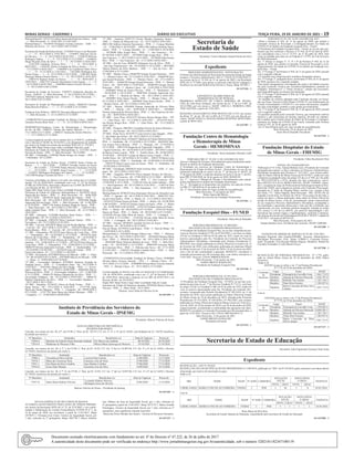 Minas Gerais - Caderno 1	Diário do Executivo	 terça-feira, 19 de Janeiro de 2021 – 19
Metropolitana B, 14235154 Lidiane Aparecida Prado dos Santos – ASB
– 1 - Belo Horizonte - 8 - 05/01/2021 A 12/01/2021 -
Metropolitana C, 14210454 Olcimaria Cristina Carneiro – ASB – 1 -
Ribeirao das Neves - 15 - 24/11/2020 A 08/12/2020 -
Secretaria de Estado de Defesa Social, 13182605Alvaro Leite Bernardo
– – 1 - - 15 - 30/12/2020 A 13/01/2021 - , 13189071 Marcone Xavier
de Oliveira – – 1 - - 8 - 26/12/2020 A 02/01/2021 - , 13346259 Welison
Rodrigues Santos – – 1 - - 9 - 23/12/2020 A 31/12/2020 - , 13346614
Diego Ricardo Elias da Silva – – 1 - - 5 - 29/12/2020 A 02/01/2021
- , 13347398 Claudinei Teixeira Silva – – 1 - - 8 - 30/12/2020 A
06/01/2021 - , 13443387 Harley Fernando da Silva e Souza – – 1 - - 7
- 31/12/2020 A 06/01/2021 - , 13466909 Luis Guilherme Melo Alves
– – 1 - - 14 - 31/12/2020 A 13/01/2021 - , 13672886 Wellington dos
Santos Sousa – – 1 - - 8 - 22/12/2020 A 29/12/2020 - , 13887401 Paulo
Henrique Martins Duarte Santos – – 1 - - 12 - 30/12/2020 A 10/01/2021
- , 13887534 Rudson Felipe da Paixao – – 1 - - 14 - 06/01/2021 A
19/01/2021 - , 14027197 Luciano Nascimento Costa Aguiar – – 1 - - 12
- 24/12/2020 A 04/01/2021 - , 14889869 Juliens Ferreira Oliveira – – 1
- - 5 - 02/12/2020 A 06/12/2020 -
Secretaria de Estado de Governo, 11882875 Guilherme Boechat de
Sousa – DAD10 – 2 - Belo Horizonte - 5 - 26/12/2020 A 30/12/2020 - ,
13919428 Gabriela Marinho Izar – DAD-4 – 1 - Belo Horizonte - 7 -
26/11/2020 A 02/12/2020 -
Secretaria de Estado de Planejamento e Gestao, 14660310 Carmina
Katia Moreira Pedroso – – 1 - - 3 - 21/12/2020 A 23/12/2020 -
Fundacao Joao Pinheiro, 14895767 Deysiane Marques Franco – DAI15
– 1 - Belo Horizonte - 3 - 21/12/2020 A 23/12/2020 -
UNIMONTES-Universidade Estadual de Montes Claros, 14440614
Tertulino Pereira Brito Neto – – 1 - - 15 - 23/12/2020 A 06/01/2021 -
HEMOMINAS-Fundacao Centro de Hematologia e Hemoterapia
do Est. de MG, 13806351 Tatiana dos Santos Moreira – – 1 - - 7 -
15/11/2020A21/11/2020 - , 13806351 Tatiana dos Santos Moreira – – 2
- - 7 - 15/11/2020 A 21/11/2020 -
Licença negada de acordo com os termos da Lei nº 869/52, combinado
com o Decreto nº 46.061 de 10/10/2012, e/ou afastamentos do trabalho
por motivo de Saúde nos termos da resolução SEPLAG nº 119/2013.
Órgão SRE Masp Nome Cargo Adm Localidade Data do Laudo
Secretaria de Estado de Educacao Metropolitana A, 11213261 Janete
Ferreira de Sousa – ATB – 1 - Belo Horizonte - 26/12/2020 -
40ª SRE - Uberlandia, 11092962 Bruna Borges de Araujo – PEB – 1
- Uberlandia - 02/12/2020 -
Secretaria de Estado de Defesa Social, 13196035 Katia Cristina de
Ramos – – 1 - - 16/12/2020 - , 13298427 Nivaldo Justino de Souza
– – 1 - - 08/12/2020 - , 13335930 Selma Moreira Guimaraes Ferreira
– – 1 - - 22/12/2020 - , 13346002 Jorge Crispim – – 1 - - 11/12/2020
- , 13350251 Wellington Rodrigues dos Santos – – 1 - - 21/12/2020 - ,
13613500 Rodrigo Cassiano da Silva – – 1 - - 19/12/2020 -
Licenças concedidas, no interior e na sede, nos termos da Lei Comple-
mentar 138, de 28/04/2016, combinado com o art. 2º, §2º do Decreto
47.000, de 18/05/2016, observado o disposto na Lei 869, de 05/07/1952
e no Decreto 46.061, de 10/10/2012.
Órgão SRE Masp Nome Cargo Adm Localidade Período Artigo
Secretaria de Estado de Educacao Metropolitana A, 06349195 Suely
Aparecida dos Santos – PEB – 2 - Belo Horizonte - 92 - 30/08/2020
A 29/11/2020 - , 06349195 Suely Aparecida dos Santos – PEB – 2 -
Belo Horizonte - 60 - 30/11/2020 A 28/01/2021 - , 08581068 Magda
Aparecida Silveira Serpa – PEB – 1 - Belo Horizonte - 60 - 31/08/2020
A 29/10/2020 - , 08837130 Andrea Santana Braga de Souza – PEB –
1 - Belo Horizonte - 60 - 29/11/2020 A 27/01/2021 - , 11062551 Rei-
naldo Candido Peres – PEB – 2 - Belo Horizonte - 60 - 21/11/2020 A
19/01/2021 -
02ª SRE - Almenara, 11582400 Rosilene Dutra Prates – PEB – 1 -
Jequitinhonha - 90 - 01/12/2020 A 28/02/2021 -
05ª SRE - Carangola, 11001039 Deise Laureano Soares – PEB – 1 -
Fervedouro - 60 - 23/11/2020 A 21/01/2021 -
10ª SRE - Curvelo, 04412870 Maria Lea da Rocha Batista – PEB – 1
- Curvelo - 60 - 24/11/2020 A 22/01/2021 - , 04412870 Maria Lea da
Rocha Batista – PEB – 2 - Curvelo - 60 - 24/11/2020 A 22/01/2021 -
11ª SRE - Diamantina, 09718370 Irani Merces da Costa Dias – PEB
– 1 - Diamantina - 60 - 14/10/2020 A 12/12/2020 - , 09718370 Irani
Merces da Costa Dias – PEB – 2 - Diamantina - 60 - 14/10/2020 A
12/12/2020 - , 09718370 Irani Merces da Costa Dias – PEB – 1 - Dia-
mantina - 174 - 22/06/2020 A 12/12/2020 - , 09718370 Irani Merces da
Costa Dias – PEB – 2 - Diamantina - 174 - 22/06/2020 A 12/12/2020 - ,
10004570 Silvana Aparecida Azevedo – PEB – 1 - Itamarandiba - 124
- 01/10/2020 A 01/02/2021 - , 10118529 Ester de Freitas – PEB – 1 -
Felicio dos Santos - 61 - 13/12/2020 A 11/02/2021 -
12ª SRE - Divinopolis, 05479688 Marcos de Macedo – ASB – 1 - Pains
- 59 - 08/10/2020 A 05/12/2020 - , 05479688 Marcos de Macedo – ASB
– 1 - Pains - 9 - 29/09/2020 A 07/10/2020 -
13ª SRE - Governador Valadares, 03229036 Adenizia Geralda de
Andrade Souza – EEB – 2 - Conselheiro Pena - 60 - 18/12/2020 A
15/02/2021 - , 05631601 Maura da Silva Braga – PEB – 1 - Gover-
nador Valadares - 60 - 29/07/2020 A 26/09/2020 - , 09640384 Marcia
Moreira da Silva – PEB – 2 - Governador Valadares - 123 - 31/08/2020
A 31/12/2020 - , 10046159 Hudson Delmaschio da Silva – PEB – 1 -
Governador Valadares - 60 - 01/12/2020 A 29/01/2021 - , 10046159
Hudson Delmaschio da Silva – PEB – 1 - Governador Valadares - 1
- 30/11/2020 A 30/11/2020 -
16ª SRE - Ituiutaba, 10156552 Ailson de Paula Freitas – PEB – 1 -
Santa Vitoria - 60 - 19/12/2020 A 16/02/2021 - , 11537750 Tania
Maria dos Santos Marques – PEB – 1 - Canapolis - 60 - 09/09/2020 A
07/11/2020 - , 11537750 Tania Maria dos Santos Marques – PEB – 1
- Canapolis - 17 - 23/08/2020 A 08/09/2020 -
17ª SRE - Januaria, 04501755 Elizete Mendes Alquimim Santos –
ASB – 1 - Pedras de Maria da Cruz - 62 - 29/11/2020 A 29/01/2021 - ,
08831380 Adilson Almeida Nascimento – PEB – 1 - Conego Marinho
- 61 - 31/08/2020 A 30/10/2020 - , 08831380 Adilson Almeida Nasci-
mento – PEB – 2 - Conego Marinho - 61 - 31/08/2020 A 30/10/2020
- , 10759694 Edna Araujo Reis – PEB – 1 - Sao Francisco - 39 -
01/10/2020 A 08/11/2020 - , 10759694 Edna Araujo Reis – PEB – 1 -
Sao Francisco - 2 - 09/11/2020 A 10/11/2020 - , 10759694 Edna Araujo
Reis – PEB – 1 - Sao Francisco - 60 - 11/11/2020 A 09/01/2021 -
18ª SRE - Juiz de Fora, 08040305 Sebastiao Jose da Silva – PEB – 1
- Sao Joao Nepomuceno - 60 - 16/10/2020 A 14/12/2020 - , 08414062
Valeria Ribeiro da Silva Barbosa – ATB – 1 - Juiz de Fora - 60 -
27/09/2020 A 25/11/2020 -
22ª SRE - Montes Claros, 05660790 Enoque Kened Honorato – SEII
– 1 - Montes Claros - 60 - 27/11/2020 A 25/01/2021 - , 05660790 Eno-
que Kened Honorato – PEB – 2 - Montes Claros - 60 - 27/11/2020 A
25/01/2021 - , 05660790 Enoque Kened Honorato – PEB – 2 - Montes
Claros - 60 - 30/07/2020 A 27/09/2020 - , 05660790 Enoque Kened
Honorato – PEB – 2 - Montes Claros - 60 - 31/05/2020 A 29/07/2020
- , 05880802 Nilma de Souza Oliveira – PEB – 2 - Botumirim - 60
- 28/10/2020 A 26/12/2020 - , 09487646 Gisleide Aparecida Ara-
gao – PEB – 1 - Brasilia de Minas - 60 - 28/11/2020 A 26/01/2021
- , 10950905 Nilza Soares Rocha – PEB – 1 - Montes Claros - 60 -
01/12/2020 A 29/01/2021 - , 10950905 Nilza Soares Rocha – PEB – 2
- Montes Claros - 60 - 01/12/2020 A 29/01/2021 -
23ª SRE - Muriae, 10104404 Simone Aparecida de Oliveira Maia
– PEB – 1 - Muriae - 182 - 30/09/2020 A 30/03/2021 - , 10104404
Simone Aparecida de Oliveira Maia – PEB – 2 - Sao Francisco do Glo-
ria - 182 - 30/09/2020 A 30/03/2021 -
25ª SRE - Ouro Preto, 05541479 Silvania Deniza Borges Reis – DV
– 1 - Ouro Preto - 60 - 12/11/2020 A 10/01/2021 - , 05541479 Silva-
nia Deniza Borges Reis – EEB – 2 - Ouro Preto - 60 - 12/11/2020 A
10/01/2021 -
30ª SRE - Pirapora, 09810011 Geraldina Pereira de Souza Monteiro –
ASB – 1 - Sao Romao - 60 - 02/12/2020 A 30/01/2021 -
33ª SRE - Ponte Nova, 05525977 Luzia Goreti Couto Salgado – PEB –
2 - Sao Pedro dos Ferros - 60 - 02/11/2020 A 31/12/2020 -
37ª SRE - Teofilo Otoni, 03366457 Marlene de Fatima Barbosa Sena –
PEB – 2 - Setubinha - 60 - 27/10/2020 A 25/12/2020 - , 08438202 Mar-
lyce Soares Neves Bremer – PEB – 2 - Nanuque - 60 - 27/10/2020 A
25/12/2020 - , 08872194 Rogacina de Figueiredo Fagundes – PEB – 1
- Aguas Formosas - 60 - 26/10/2020 A 24/12/2020 - , 09729567 Leliane
de Barros Farias Camilo – PEB – 2 - Teofilo Otoni - 80 - 01/08/2020 A
19/10/2020 - , 09729567 Leliane de Barros Farias Camilo – PEB – 2 -
Teofilo Otoni - 60 - 20/10/2020 A 18/12/2020 - , 10834778 Maria Luiza
Lopes de Souza – PEB – 1 - Setubinha - 60 - 01/09/2020 A 30/10/2020
- , 10834778 Maria Luiza Lopes de Souza – PEB – 2 - Setubinha - 60
- 01/09/2020 A 30/10/2020 -
40ª SRE - Uberlandia, 06844625 Sirlei Ferreira Dias – EEB – 2 - Ara-
guari - 60 - 26/11/2020 A 24/01/2021 -
41ª SRE - Varginha, 08919524 Flavia Raquel Tavares de Oliveira –
PEB – 1 - Tres Coracoes - 60 - 27/09/2020 A 25/11/2020 - , 08919524
Flavia Raquel Tavares de Oliveira – PEB – 2 - Tres Coracoes - 60 -
27/09/2020 A 25/11/2020 - , 11302130 Vitor de Paula Adriano – PEB
– 1 - Boa Esperanca - 60 - 03/12/2020 A 31/01/2021 - , 11302130 Vitor
de Paula Adriano – PEB – 1 - Boa Esperanca - 217 - 30/04/2020 A
02/12/2020 -
Metropolitana B, 05586524 Ione Henriques Oliveira de Almeida Costa
– PEB – 2 - Igarape - 60 - 26/11/2020 A 24/01/2021 - , 08865701 Ulis-
ses de Couto Santos – PEB – 2 - Betim - 61 - 11/11/2020 A 10/01/2021 -
, 10763142 Poliane Soares de Paula – PEB – 1 - Betim - 69 - 01/08/2020
A 08/10/2020 - , 10763142 Poliane Soares de Paula – PEB – 2 - Betim
- 69 - 01/08/2020 A 08/10/2020 - , 10763142 Poliane Soares de Paula –
PEB – 1 - Betim - 60 - 09/10/2020 A 07/12/2020 - , 10763142 Poliane
Soares de Paula – PEB – 2 - Betim - 60 - 09/10/2020 A 07/12/2020 - ,
11103546 Divone Edite Maia de Souza – EEB – 1 - Contagem - 1 -
27/12/2020 A 27/12/2020 - , 11103546 Divone Edite Maia de Souza
– EEB – 1 - Contagem - 60 - 28/12/2020 A 25/02/2021 -
43ª SRE - Aracuai, 08780561 Jurailde Ferreira de Souza – PEB – 1 -
Taiobeiras - 60 - 30/10/2020 A 28/12/2020 -
Para de Minas, 03379476 Leda Ramos – PEB – 2 - Para de Minas - 60
- 12/09/2020 A 10/11/2020 -
Metropolitana C, 04544458 Renata Albina Lino – PEB – 1 - Ribeirao
das Neves - 60 - 30/11/2020 A 28/01/2021 - , 04544458 Renata Albina
Lino – PEB – 2 - Ribeirao das Neves - 60 - 30/11/2020 A 28/01/2021
- , 08565848 Maria Teburcia Barbara de Assis – PEB – 1 - Belo Hori-
zonte - 59 - 28/10/2020 A 25/12/2020 - , 08864340 Geracina Maria
da Conceicao Silva – PEB – 2 - Ribeirao das Neves - 60 - 27/11/2020
A 25/01/2021 - , 11062551 Reinaldo Candido Peres – PEB – 1 - Belo
Horizonte - 60 - 21/11/2020 A 19/01/2021 -
UNIMONTES-Universidade Estadual de Montes Claros, 05960000
Silvana Maria Teixeira Amorim – PES – 1 - Montes Claros - 43 -
19/11/2020 A 31/12/2020 - , 05960000 Silvana Maria Teixeira Amorim
– PES – 2 - Montes Claros - 43 - 19/11/2020 A 31/12/2020 -
Licença negada, no interior e na sede, nos termos da Lei Complementar
138, de 28/04/2016, combinado com o art. 2º, §2º do Decreto 47.000,
de 18/05/2016, observado o disposto na Lei 869, de 05/07/1952 e no
Decreto 46.061, de 10/10/2012.
Órgão SRE Masp Nome Cargo Adm Localidade Data do Laudo
Secretaria de Estado de Educacao Janauba, 05954920 Maria Cleusa de
Oliveira – PEB – 2 - Mato Verde - 29/11/2020 -
Diretora: Ana Cleide de Oliveira Ávila
18 1437493 - 1
Secretaria de
Estado de Saúde
Secretário: Carlos Eduardo Amaral Pereira da Silva
Expediente
PROCESSO ADMINISTRATIVO - INSTAURAÇÃO
O Diretor deAdministração de Pessoal da Secretaria de Estado de Saúde
instaura o Processo Administrativo SEI nº 1320.01.0122140/2020-27,
nos termos da lei nº 14.184, de 31 de janeiro de 2002 e da Resolução
SEPLAG nº 37/2005, para apurar a concessão indevida de vantagens e
benefícios ao servidor Roberval de Oliveira e Sousa, Masp 383102-1.
18 1437426 - 1
EXPEDIENTE DA DIRETORIA DE
ADMINISTRAÇÃO DE PESSOAL
PRORROGA REDUÇÃO DE CARGA HORÁRIA DE TRABA-
LHO, de vinte horas semanais, nos termos do art. 1º da Lei 9.401, de
18/12/1986, por seis meses a: MASP. 1480116-1, ROBERTA CRIS-
TINE SANTOS, a partir de 15/01/2021.
REGISTRA AFASTAMENTO POR MOTIVO DE LUTO, nos termos
da alínea “b”, do art. 201 da Lei 869, de 5/7/1952, por oito dias da ser-
vidora: MASP. 919912-6, MAGDA MARIA RESENDE MONTEIRO,
a partir de 08/01/2021.
18 1437487 - 1
Fundação Centro de Hematologia
e Hemoterapia de Minas
Gerais - HEMOMINAS
Presidente: Júnia Guimarães Mourão Cioffi
PORTARIA PRE N° 29, DE 15 DE JANEIRO DE 2021
Aprova o Manual de Normas e Procedimentos para atendimento ambu-
latorial no âmbito da Fundação Hemominas.
A Presidente em exercício da Fundação Centro de Hematologia e
Hemoterapia do Estado de Minas Gerais – Hemominas, no uso de sua
atribuição estabelecida no inciso I do art. 7º, do Decreto n° 48.023, de
17 de agosto de 2020, e conforme disposto no inciso I, do art.1º, da Por-
taria PRE Nº240/2020, de 26 de agosto de 2020, RESOLVE:
Art. 1° - Aprovar o Manual de Normas e Procedimentos para atendi-
mento ambulatorial no âmbito da Fundação Hemominas.
Art. 2° - Revogam-se as disposições em contrário, em especial a Porta-
ria PRE Nº 168/2020 de 01 de junho de 2020.
Art. 3º -Esta Portaria entra em vigor na data de sua publicação.
Belo Horizonte, 15 de janeiro de 2021.
Maísa Aparecida Ribeiro
Presidente em exercício da Fundação Hemominas
18 1437461 - 1
Fundação Ezequiel Dias - FUNED
Presidente: Dário Brock Ramalho
PORTARIA PRESIDENCIAL Nº 009/2020 –
RECONDUÇÃO DE COMISSÃO PROCESSANTE
O Presidente da Fundação Ezequiel Dias, no uso das competências pre-
vistas no Decreto Estadual 47.910, de 07/04/2020, e com base no artigo
219 da Lei Estadual nº 869 de 05 de julho de 1952, tendo em vista os
motivos apresentados pela Sra. Presidente da Comissão do Processo
Administrativo Disciplinar, constituída pela Portaria Presidencial nº
009/2020, com extrato publicado no Diário Oficial do Executivo de 14
de fevereiro de 2020, com retificações publicadas na Imprensa Oficial
de Minas Gerais em 15 de fevereiro de 2020 e 18 de fevereiro de 2020,
com o fim de dar continuidade à apuração, RESOLVE, reconduzir a
comissão processante por 60 (sessenta) dias, com efeitos retroativos a
15/01/2021. Processo 1520.01.0000928/2020-89.
Belo Horizonte, 15 de janeiro de 2021.
DARIO BROCK RAMALHO
Presidente da Fundação Ezequiel Dias
18 1437446 - 1
PORTARIA PRESIDENCIAL Nº 091/2019 –
RECONDUÇÃO DE COMISSÃO PROCESSANTE
O Presidente da Fundação Ezequiel Dias - FUNED, no uso das com-
petências previstas no art. 7º do Decreto Estadual 45.712/12, com base
no artigo 219 da Lei Estadual nº 869, de 05 de julho de 1952, tendo em
vista os motivos apresentados pela Sra. Presidente da Comissão Pro-
cessante, instaurada pela Portaria Presidencial Nº 091/2019, de 13 de
dezembro de 2019, com extrato publicado no Diário Oficial do Estado
de Minas Gerais de 19 de dezembro de 2019, alterada pelas Portarias
Presidenciais Nº 013/2020, Nº 076/2020 e Nº 093/2020, com extratos
publicados no Diário Oficial do Estado de Minas Gerais em 19 de feve-
reiro de 2020, em 29 de outubro de 2020 e em 30 de dezembro de 2020,
respectivamente, considerando a continuidade das apurações dos fatos,
RESOLVE reconduzir a Comissão Processante por 60 (sessenta) dias, a
partir de 15/01/2021. Processo SEI 1520.01.0007284/2019-73.
Belo Horizonte, 15 de janeiro de 2021.
DARIO BROCK RAMALHO
Presidente da Funed
18 1437452 - 1
PORTARIA Nº 05, DE 18 DE JANEIRO DE 2021
Altera a Portaria nº 056, de 31 de agosto de 2020, que institui a
Comissão Técnica de Prevenção e Contingenciamento em Saúde do
COVID-19 no âmbito da Fundação Ezequiel Dias – Funed
O Presidente da Fundação Ezequiel Dias – Funed, no uso de suas atri-
buições que lhe conferem o Decreto nº 47.910, de 07 de abril de 2020,
em consonância com a Lei n° 22.257, de 27 de julho de 2016, bem
como as medidas previstas na Lei Federal nº 13.979, de 6 de fevereiro
de 2020,Determina:
Art. 1º Alterar os artigos 2º, 3º, 4º e 8º da Portaria nº 056, de 31 de
agosto de 2020, que institui a Comissão Técnica de Prevenção e Con-
tingenciamento em Saúde do COVID-19 no âmbito da Fundação Eze-
quiel Dias – Funed.
Art. 2º O artigo 2º da Portaria nº 056, de 31 de agosto de 2020, passará
a ter a seguinte redação:
A Comissão será composta pelos membros designados abaixo:
Art. 3º O artigo 3º, parágrafo único, da Portaria nº 056, de 31 de agosto
de 2020, passará a ter a seguinte redação:
Para maior transparência e divulgação das ações e atividades executa-
das pela Comissão Técnica aos servidores/trabalhadores, poderão ser
redigidos “Informativos” e “Notas Técnicas”, sempre que necessário,
para disponibilização na intranet da Instituição.
Art. 4º O artigo 4º da Portaria nº 056, de 31 de agosto de 2020, passará
a ter a seguinte redação:
As medidas de controle adotadas pela Comissão deverão ser basea-
das nas Notas Técnicas COES Minas COVID-19, nas Deliberações do
Comitê Extraordinário COVID-19 e em outros documentos respalda-
dos pela comunidade científica e pela gestão governamental.
Art. 5º O artigo 8º da Portaria nº 056, de 31 de agosto de 2020, passará
a ter a seguinte redação:
As questões pautadas pela Comissão Técnica, que extrapolem critérios
técnicos e que necessitem de decisão superior, deverão ser submeti-
das à análise pelo Comitê Gestor do Plano de Prevenção e Contingen-
ciamento em Saúde da COVID-19 da Funed, instituído pela Portaria
Funed nº 055, de 28 de agosto de 2020.
Art. 6º Esta Portaria entra em vigor na data de sua publicação.
Belo Horizonte, 18 de Janeiro de 2021.
Dario Brock Ramalho Presidente
18 1437459 - 1
Fundação Hospitalar do Estado
de Minas Gerais - FHEMIG
Presidente: Fábio Baccharetti Vitor
EDITAL DE CHAMAMENTO
Publicação nº 03 A Sra. Tatiana Barbara Assis, Presidente da Comissão
designada para apurar os fatos constantes no Processo Administrativo
Disciplinar instaurado pela Portaria nº 1321/2017, com extrato publi-
cado no Diário Oficial de Minas Gerais de 05/10/2017, tendo em vista
o disposto no parágrafo único do artigo 225 da Lei nº 869, de 5 de julho
de 1952,CONVOCA e CITA, durante oito dias consecutivos, aservi-
dora ISILÉIA EULÁLIA MEIRA ROCHA, MASP 13294095, admis-
são 1, ocupante de cargo de Profissional de Enfermagem lotado no Hos-
pital João XXIII, para comparecer perante esta Comissão Processante,
instalada no 2º andar do Hospital Maria Amélia Lins, situado à Rua
dos Otoni, 772 - Santa Efigênia, Belo Horizonte - MG, 30150-270, de
segunda à sexta-feira, no horário de 14h às 17h no prazo de dez dias, a
contar da oitava e última publicação deste edital no Diário Oficial do
Estado de Minas Gerais, a fim de, pessoalmente, tomar conhecimento
de seu respectivo Processo Administrativo Disciplinar, acompanhar a
sua tramitação e apresentar defesa para o fato que lhe é atribuído, que
caracterizam, em tese, conforme portaria inaugural, infração ao artigo
216, incisos I e IV da Lei 869/52, por possível inassiduidade e ino-
bservância das normas legais e regulamentares, conforme Comunica-
ção Interna da Gerente de Enfermagem/HJXXIII nº 09/2017, datada de
31/05/2017, sob pena de REVELIA.
Belo Horizonte, 18 de janeiro de 2021.
Tatiana Barbara Assis. Presidente da Comissão. MASP 12086468
18 1437208 - 1
EXTRATO DE ORDEM DE SERVIÇO Nº 05 DE 15/01/2021
Hospital Regional João Penido/FHEMIG. Processo Administrativo
Disciplinar Processado: D.M., Masp 1120095-3. Comissão Proces-
sante: Presidente: José Ricardo Ribeiro Raposo. Membros: Rafael De
Carvalho Fernandes e Carla Masini Freesz.
18 1437206 - 1
RETIFICAÇÃO DE PORTARIA PRESIDENCIAL Nº 1.770, publi-
cada no Jornal Minas Gerais de 30 de dezembro de 2020, Diário
Executivo:
Onde se lê:
ANEXO (a que se refere o art. 2º da Portaria Presidencial
Nº 1770, de 29 de dezembro de 2020)
Comissão
de
Recursos
Cargo Nome MASP
Presidente Elizangela de Carvalho Lima 1.041.712-9
Membro Adriana de Oliveira Petrocchi 1.042.787-0
Membro Michelle Vaz Godoia 1.367.136-7
Membro Thais Silva Ferreira 1.382.057-6
Suplente
Maria Conceição de Deus Silva
Campos
1.041.712-9
Leia-se
ANEXO(a que se refere o art. 2º da Portaria Presidencial
Nº 1770, de 29 de dezembro de 2020)
Comissão
de
Recursos
Cargo Nome MASP
Presidente Elizangela de Carvalho Lima 1.229.085-4
Membro Adriana de Oliveira Petrocchi 0.668.505-1
Membro Michelle Vaz Godoia 1.367.136-7
Membro Thais Silva Ferreira 1.382.057-6
Suplente
Maria Conceição de Deus
Silva Campos
1.041.712-9
18 1437127 - 1
Instituto de Previdência dos Servidores do
Estado de Minas Gerais - IPSEMG
Presidente: Marcus Vinícius de Souza
ATOS DA DIRETORIA DE PREVIDÊNCIA
PENSÕES POR MORTE
Concede, nos termos do Art. 40, §7º, da CF/88, C/ Red. da EC 103/19, C/C Art. 4°, 6° e 19, da LC 64/02, com Redação da LC 156/20, benefícios
de pensão por morte a:
Nº Benefício Instituidor Beneficiário (s) Data de Vigência Protocolo
73894-8 Marilene do Espirito Santo Resende Andrade Ely Marcos de Andrade 08/10/2020 28/10/2020
73934-0 Waldemar de Menezes Filho Mércia Maria Queiroga de Menezes 10/10/2020 21/10/2020
Concede, nos termos do Art. 40, § 7º, I, da CF/88, C/ Red. da EC 41/03, C/C Art. 2º da Lei 10.887/04, C/C Art. 4º e 6º da LC 64/02 e Decreto
42.758/02, benefícios de pensão por morte a:
Nº Benefício Instituidor Beneficiário (s) Data de Vigência Protocolo
73906-5 Terezinha da Silva Galvão Lourival Dias Galvão 21/08/2020 12/11/2020
73910-3 Maria da Conceicao Faria Francisco Jose de Faria 27/08/2020 17/12/2020
73911-1 Ilza Maria da Silva Coimbra Joao Batista Coimbra 27/08/2020 17/12/2020
73918-9 Geiza Elias Mendes Gesomiro Jose da Silva 14/09/2020 10/12/2020
Concede, nos termos do Art. 40, § 7º, II, da CF/88, C/ Red. da EC 41/03, C/C Art. 2º da Lei 10.887/04, C/C Art. 4º e 6º da LC 64/02 e Decreto
42.758/02, benefícios de pensão por morte a:
Nº Benefício Instituidor Beneficiário (s) Data de Vigência Protocolo
73917-0 Vania Maria Hubner Oliveira
Leonardo Hubner Oliveira,
Welington Alves de Oliveira
24/04/2020 11/12/2020
Marcus Vinicius de Souza – Presidente do Ipsemg
18 1437447 - 1
ATO DA GERÊNCIA DE RECURSOS HUMANOS
AUTORIZA AFASTAMENTO PARA GOZO DE FÉRIAS PRÊMIO,
nos termos da Resolução SEPLAG nº 22, de 25/4/2003, e em confor-
midade à Deliberação do Comitê Extraordinário COVID-19 nº 2, de
16 de março de 2020, aos servidores: a partir de 11/01/2021: Masp
1073047-1, Ubirajara José Couto, Técnico de Seguridade Social, por
1 mês, referente ao 2º quinquênio; Masp 1042736-7, Marco Antônio
Iani, Médico da Área de Seguridade Social, por 1 mês, referente ao
6º quinquênio;a partir de 13/01/2021: Masp 1073775-7, Maria Geralda
Domingues, Técnico de Seguridade Social, por 1 mês, referente ao 3º
quinquênio, para regularizar situação funcional.
Maria das Dores Mendes dos Santos - Gerente de Recursos Humanos.
18 1437257 - 1
Secretaria de Estado de Educação
Secretária: Julia Figueiredo Goytacaz Sant’Anna
Expediente
RETIFICAÇÃO - ATO Nº 50/2021
RETIFICA NO ATO DE RETIFICAÇÃO DE PROGRESSÃO nº 1348/2019, publicado no “MG” de 01/10/2019 a parte referente à servidora abaixo
relacionada, por motivo de incorreção no grau.
Onde se lê:
SRE NOME MASP Nº ADM CARREIRA
SITUAÇÃO
ATUAL
NOVO NÍVEL
E GRAU VIGÊNCIA
NIVEL GRAU NIVEL GRAU
UBERLANDIA MARIA CONCEICAO FERREIRA 3702842 2 PEB I M I N 01/01/2016
Leia-se:
SRE NOME MASP Nº ADM CARREIRA
SITUAÇÃO
ATUAL
NOVO NÍVEL
E GRAU VIGÊNCIA
NIVEL GRAU NIVEL GRAU
UBERLANDIA MARIA CONCEICAO FERREIRA 3702842 2 PEB I J I L 01/01/2016
Rosa Maria da Silva Reis
Secretária de Estado Adjunta de Educação, respondendo pela Secretaria de Estado de Educação
18 1437089 - 1
Documento assinado eletrônicamente com fundamento no art. 6º do Decreto nº 47.222, de 26 de julho de 2017.
A autenticidade deste documento pode ser verificada no endereço http://www.jornalminasgerais.mg.gov.br/autenticidade, sob o número 3202101182347100119.
 