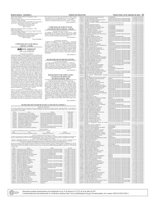 Minas Gerais - Caderno 1	Diário do Executivo	 terça-feira, 19 de Janeiro de 2021 – 31
PREGÃO ELETRÔNICO SPAL Nº 05.2020/0370 – PEM
Objeto: Painéis Elétricos.
O Diretor Presidente conheceu o teor do Ato do Pregoeiro e decidiu:
1- decretar a nulidade do Pregão;
2- determinar a intimação das partes interessadas sobre a presente deci-
são para que a mesma produza seus jurídicos e legais efeitos.
Belo Horizonte, 18 de janeiro de 2021
Carlos Eduardo Tavares de Castro
Diretor Presidente
PREGÃO ELETRÔNICO SPAL Nº 05.2020/0371 – PEM
Objeto: Painéis Elétricos.
O Diretor Presidente conheceu o teor do Ato do Pregoeiro e decidiu:
1- decretar a nulidade do Pregão;
2- determinar a intimação das partes interessadas sobre a presente deci-
são para que a mesma produza seus jurídicos e legais efeitos.
Belo Horizonte, 18 de janeiro de 2021
Carlos Eduardo Tavares de Castro
Diretor Presidente
37 cm -18 1437408 - 1
Companhia de Gás de Minas
Gerais - GASMIG
EXTRATO DE CONVÊNIO
CONVÊNIO SMOBI Nº 03/2020 ESPECÍFICO DE COOPERAÇÃO
TÉCNICA QUE ENTRE SI CELEBRAM O MUNICÍPIO DE BELO
HORIZONTE, POR INTERMÉDIO DA SECRETARIA MUNICIPAL
DE OBRAS E INFRAESTRUTURA (SMOBI) E INTERVENIÊNCIA
DA SUPERINTENDÊNCIA DE DESENVOLVIMENTO DA CAPI-
TAL (SUDECAP), E A COMPANHIA DE GÁS DE MINAS GERAIS
(GASMIG)Objeto: Elaboração pela GASMIG, por sua contratada, de
serviços preliminares e projetos executivos de todas as especialidades
necessárias para o completo Remanejamento da Rede de Gás Natural
que tenha comprovada interferência com empreendimento sob respon-
sabilidade da SUDECAP denominado “Obras de Mitigação das Inunda-
ções Recorrentes dos Córregos Vilarinho, Nado e Ribeirão Isidoro para
Etapa 1 – TR 10 anos”. Valor: Os valores necessários à consecução do
objeto do presente convênio até o limite de R$ 33.684,29 (Trinta e três
mil seiscentos e oitenta e quatro reais e vinte e nove centavos) são de
responsabilidade do Município de Belo Horizonte - MBH, que servi-
rão ao ressarcimento das despesas efetuadas pela GASMIG. Dotação
Orçamentária: As despesas decorrentes do presente Convênio Especí-
fico correrão à conta de dotação orçamentária do Município conforme
rubricas n°: 2700.4300.17.512.066.1.203.449051.04.04.00 - SICOM
100 da Secretaria Municipal de Obras e Infraestrutura – SMOBI. Prazo:
O prazo de vigência é de 01 (um) ano a contar de sua assinatura até que
seja rescindido ou alterado por vontade dos partícipes, ou nas hipóteses
prescritas em lei; O prazo de execução é de 02 (dois) meses a contar
a partir da data de liberação da área, que se dará mediante emissão
de autorização por parte da SUDECAP à GASMIG, devendo atender
ao cronograma do Plano de Trabalho. Data de assinatura: 30/12/2020.
Registro na SMOBI: 06.01.2021 - Livro: 02 - Folha: 20
AVISO DE EDITAL
PREGÃO ELETRÔNICO N.º REP-GPR-0044/20 Objeto: forneci-
mento e instalação de revestimento de piso composto por placas de car-
pete para a Sede da Companhia de Gás de Minas Gerais-GASMIG, em
conformidade com as especificações técnicas constantes no Termo de
Referência - Anexo 01. Envio das propostas: Através do sítio da Bolsa
Brasileira de Mercadorias, www.bbmnetlicitacoes.com.br, no período
compreendido entre: 8h00 do dia 20/01/2021 e 9h do dia 23/02/2021.
Data e horário da abertura da sessão pública: dia 23/02/2021 às 9h30.
14906739 ALISSON AFONSO BASSI DAS NEVES ENFERMEIRO 31/12/2020 a 01/02/2021
13166517 ALLAN MACHADO FARIA AGENTE DE SEGURANCA PENITENCIÁRIO 30/09/2020 a 01/02/2021
13166012 ALMIR APARECIDO SALOMAO SANTOS AGENTE DE SEGURANCA PENITENCIÁRIO 15/10/2020 a 01/02/2021
13182605 ALVARO LEITE BERNARDO AGENTE DE SEGURANCA PENITENCIÁRIO 05/11/2020 a 01/02/2021
14900906
AMANDA AUDREY SOARES HERMOGENES
PIMENTA
AUXILIAR DE ENFERMAGEM 31/12/2020 a 01/02/2021
14902431 AMANDA DOS REIS SOARES AUXILIAR DE ENFERMAGEM 31/12/2020 a 01/02/2021
12029864 AMANDA PEREIRA CARVALHO ENFERMEIRO 31/12/2020 a 01/02/2021
14902118 AMARILZA DE FATIMA GOMES PERES ENFERMEIRO 31/12/2020 a 01/02/2021
14902274 ANA CAROLINE SILVA SANTOS ENFERMEIRO 31/12/2020 a 01/02/2021
14902555 ANA CRISTINA TAVARES AUXILIAR DE ENFERMAGEM 31/12/2020 a 01/02/2021
14902563 ANA DOLORES VAZQUEZ LOBELLE AUXILIAR DE ENFERMAGEM 31/12/2020 a 01/02/2021
14902308 ANA MARIAALMEIDA DA SILVA ENFERMEIRO 31/12/2020 a 01/02/2021
13196159 ANA RAQUEL OLIVEIRA DE GOES TELLES AGENTE DE SEGURANCA PENITENCIÁRIO 30/12/2020 a 01/02/2021
13396759 ANA RITA CORTEZ ENFERMEIRO 31/12/2020 a 01/02/2021
11834165 ANAZILDE APARECIDA DIAS AUXILIAR DE ENFERMAGEM 25/09/2020 a 01/02/2021
13167879 ANDERSON ANGELO DE OLIVEIRA AGENTE DE SEGURANCA PENITENCIÁRIO 24/10/2020 a 01/02/2021
13163977 ANDRE CARLOS GONCALVES AGENTE DE SEGURANCA PENITENCIÁRIO 14/10/2020 a 01/02/2021
10788537 ANDRE GONCALVES DOS SANTOS AGENTE DE SEGURANCA PENITENCIÁRIO 31/12/2020 a 01/02/2021
14901193 ANDRE GREGORY ANTUNES MEDICO 31/12/2020 a 01/02/2021
13185863 ANDRE LUIZ DA SILVA AGENTE DE SEGURANCA PENITENCIÁRIO 18/11/2020 a 01/02/2021
14898498 ANDREIAAPARECIDA CORREIA ENFERMEIRO 31/12/2020 a 01/02/2021
13187984 ANDREIA MARCIA DE SOUZA RODRIGUES AGENTE DE SEGURANCA PENITENCIÁRIO 24/11/2020 a 01/02/2021
13187935 ANDRINA LUCAS NETO AGENTE DE SEGURANCA PENITENCIÁRIO 12/11/2020 a 01/02/2021
13164678 ANGELO APARECIDO DE MORAIS AGENTE DE SEGURANCA PENITENCIÁRIO 16/10/2020 a 01/02/2021
14902613 ANNE CAROLINE FIGUEIREDO VIANA ENFERMEIRO 31/12/2020 a 01/02/2021
13195979 ANTONIO ALVES DE ARAUJO AGENTE DE SEGURANCA PENITENCIÁRIO 25/12/2020 a 01/02/2021
13148721 ANTONIO AUGUSTO DE SENA AGENTE DE SEGURANCA PENITENCIÁRIO 25/09/2020 a 01/02/2021
13149463 ANTONIO CAMILO DE OLIVEIRA AGENTE DE SEGURANCA PENITENCIÁRIO 30/09/2020 a 01/02/2021
13192588 ANTONIO CARLOS LOVISI AGENTE DE SEGURANCA PENITENCIÁRIO 12/12/2020 a 01/02/2021
13170295 ANTONIO DO CARMO SANTOS AGENTE DE SEGURANCA PENITENCIÁRIO 30/10/2020 a 01/02/2021
11878469 ANTONIO MARCOS RODRIGUES DA SILVA AGENTE DE SEGURANCA PENITENCIÁRIO 07/11/2020 a 01/02/2021
14902688 ANTONIO RONALDO DA SILVA FERREIRA AGENTE DE SEGURANCA PENITENCIÁRIO 31/12/2020 a 01/02/2021
13193792 ARISTIDES FERREIRA DA COSTA AGENTE DE SEGURANCA PENITENCIÁRIO 24/12/2020 a 01/02/2021
10902302 ARISTIDES MOREIRA DE SOUZA AUXILIAR DE ENFERMAGEM 31/12/2020 a 01/02/2021
13164868 ARLINEI MIRANDA DA SILVA AGENTE DE SEGURANCA PENITENCIÁRIO 16/10/2020 a 01/02/2021
13171442 ATILA BARBOSA BATISTA AGENTE DE SEGURANCA PENITENCIÁRIO 02/11/2020 a 01/02/2021
14902779 ATILA DE PAULA DA SILVA QUEIROZ AUXILIAR DE ENFERMAGEM 31/12/2020 a 01/02/2021
10027142 AZENCLEVER EDUARDO ROGERIO MEDICO 31/12/2020 a 01/02/2021
14906754 BARBARA CRISTINA DOS PASSOS ENFERMEIRO 31/12/2020 a 01/02/2021
12460663 BEATRIZ ANTUNES DA SILVA AUXILIAR DE ENFERMAGEM 31/12/2020 a 01/02/2021
13168760 BETSAIDA RODRIGUES DOS SANTOS PSICOLOGO 07/10/2020 a 01/02/2021
14894471 BRAULIO FLAVIANO SIQUEIRA SILVERIO AGENTE DE SEGURANCA PENITENCIÁRIO 31/12/2020 a 01/02/2021
14898910 BRENO HESPANHA TAVARES MAIA AGENTE DE SEGURANCA PENITENCIÁRIO 31/12/2020 a 01/02/2021
14902829 BRUNA CECILIA FARIA DA COSTA AUXILIAR DE ENFERMAGEM 31/12/2020 a 01/02/2021
14902845
BRUNA LUIZA VASCONCELOS MARTINS
PERDIGAO
AUXILIAR DE ENFERMAGEM 31/12/2020 a 01/02/2021
13185798 BRUNO MARQUES GONCALVES DA SILVA AGENTE DE SEGURANCA PENITENCIÁRIO 12/11/2020 a 01/02/2021
14902670 BRUNO NIGRI DOS SANTOS RESENDE MEDICO 31/12/2020 a 01/02/2021
14902878 CANDIDA SOARES LUZ AUXILIAR DE ENFERMAGEM 31/12/2020 a 01/02/2021
13257837 CARLAAPARECIDA TEODORO AGENTE DE SEGURANCA PENITENCIÁRIO 30/12/2020 a 01/02/2021
14902902 CARLA NERIS NASCIMENTO SANTOS AUXILIAR DE ENFERMAGEM 31/12/2020 a 01/02/2021
13195987 CARLOS EDUARDO MARTINS AGENTE DE SEGURANCA PENITENCIÁRIO 25/12/2020 a 01/02/2021
14894539 CARLOS EDUARDO RIBEIRO ARCANJO AGENTE DE SEGURANCA PENITENCIÁRIO 31/12/2020 a 01/02/2021
14898944 CARLOS RODRIGO MIRANDA DE BARROS AGENTE DE SEGURANCA PENITENCIÁRIO 31/12/2020 a 01/02/2021
14894562 CARLOS ROSENVALDO BOAVENTURA AGENTE DE SEGURANCA PENITENCIÁRIO 31/12/2020 a 01/02/2021
14902621 CASSIAANTUNES DA CONCEICAO ENFERMEIRO 31/12/2020 a 01/02/2021
13169982 CASSIO DE SOUZA VENTURA AGENTE DE SEGURANCA PENITENCIÁRIO 04/11/2020 a 01/02/2021
14895080 CHARLES EDUARDO MOTA TEIXEIRA AGENTE DE SEGURANCA PENITENCIÁRIO 31/12/2020 a 01/02/2021
13186788 CIDOMAR NOGUEIRAANTUNES FERREIRA AGENTE DE SEGURANCA PENITENCIÁRIO 05/11/2020 a 01/02/2021
13165741 CLAUDIANO BATISTA DIAS AGENTE DE SEGURANCA PENITENCIÁRIO 16/10/2020 a 01/02/2021
13166418 CLEBER DINALLI AGENTE DE SEGURANCA PENITENCIÁRIO 24/10/2020 a 01/02/2021
13171640 CLEBER LIMA CALDAS AGENTE DE SEGURANCA PENITENCIÁRIO 05/11/2020 a 01/02/2021
14902126 CLEBER MARTONY SARAIVA COUTINHO MEDICO 31/12/2020 a 01/02/2021
14902092 CLEIDISON MARCOS TEIXEIRA AUXILIAR DE ENFERMAGEM 31/12/2020 a 01/02/2021
13045620 CLEITIANE PAULINO COELHO AUXILIAR DE ENFERMAGEM 31/12/2020 a 01/02/2021
13167291 CLEITON FERREIRA DE SOUZA AGENTE DE SEGURANCA PENITENCIÁRIO 27/10/2020 a 01/02/2021
14902746 CLEUZA RIBEIRO SILVA OLIVEIRA ENFERMEIRO 31/12/2020 a 01/02/2021
12226957 CRISTIANE DEBORA BATISTA CARDOSO AUXILIAR DE ENFERMAGEM 31/12/2020 a 01/02/2021
13167028 CUSTODIO ASSIS DE SOUZA AGENTE DE SEGURANCA PENITENCIÁRIO 16/10/2020 a 01/02/2021
13170915 CUSTODIO BATISTA DOS SANTOS AGENTE DE SEGURANCA PENITENCIÁRIO 07/11/2020 a 01/02/2021
14901052 DAIANE FURTADO DE CASTRO ENFERMEIRO 31/12/2020 a 01/02/2021
13185855 DANIEL BARBOSA RODRIGUES AGENTE DE SEGURANCA PENITENCIÁRIO 10/11/2020 a 01/02/2021
13169347 DANIEL BRUNO DE OLIVEIRA AGENTE DE SEGURANCA PENITENCIÁRIO 13/10/2020 a 01/02/2021
13194717 DANIEL BRUNO RODRIGUES SANTOS AGENTE DE SEGURANCA PENITENCIÁRIO 27/12/2020 a 01/02/2021
13171665 DANIEL CUNHA OLIVEIRA AGENTE DE SEGURANCA PENITENCIÁRIO 03/11/2020 a 01/02/2021
13171293 DANIEL DE SOUSA FERREIRA AGENTE DE SEGURANCA PENITENCIÁRIO 11/11/2020 a 01/02/2021
14895106 DANIEL LIMA TEIXEIRA AGENTE DE SEGURANCA PENITENCIÁRIO 31/12/2020 a 01/02/2021
13164694 DANIEL RAMOS DE SANTANA AGENTE DE SEGURANCA PENITENCIÁRIO 16/10/2020 a 01/02/2021
13183827 DANIEL SABINO ROMUALDO AGENTE DE SEGURANCA PENITENCIÁRIO 05/11/2020 a 01/02/2021
13196944 DANIEL VENTURA DOS SANTOS AGENTE DE SEGURANCA PENITENCIÁRIO 02/02/2021 a 01/02/2021
14902373 DANIELA MARIA FURTADO AUXILIAR DE ENFERMAGEM 31/12/2020 a 01/02/2021
13192984
DANIELLE APARECIDA VIEIRA DE SOUZA
MORAI
AGENTE DE SEGURANCA PENITENCIÁRIO 16/12/2020 a 01/02/2021
9471376 DANIELLE LIMA DE ANDRADE AGENTE DE SEGURANCA PENITENCIÁRIO 01/01/2021 a 01/02/2021
14906762 DANNUBIA SANTANA DIAS ENFERMEIRO 31/12/2020 a 01/02/2021
14901094 DANYELLA NUNES MENEZES QUEIROZ ENFERMEIRO 31/12/2020 a 01/02/2021
14906085 DANYELLE DIAS CARDOSO MEDICO 31/12/2020 a 01/02/2021
13171160 DAVI EMANUEL FERREIRA TEODORO AGENTE DE SEGURANCA PENITENCIÁRIO 11/11/2020 a 01/02/2021
13195334 DAVID EDSON GONCALVES NEVES AGENTE DE SEGURANCA PENITENCIÁRIO 27/12/2020 a 01/02/2021
13170113 DAVIDISON FERNANDO SILVA CAMPOS AGENTE DE SEGURANCA PENITENCIÁRIO 04/11/2020 a 01/02/2021
14901102 DAYANE PATRICIA DE FREITAS ALMEIDA ENFERMEIRO 31/12/2020 a 01/02/2021
13184007 DAYMANN WESPERMANN COLEN AGENTE DE SEGURANCA PENITENCIÁRIO 06/11/2020 a 01/02/2021
14906663 DEBORA PEREIRA FERREIRA MEDICO 31/12/2020 a 01/02/2021
14901169 DEIVYSON APARECIDO FERREIRA SOARES ENFERMEIRO 31/12/2020 a 01/02/2021
11561495 DENIS GOMES DE SOUZA AGENTE DE SEGURANCA PENITENCIÁRIO 31/12/2020 a 01/02/2021
13187745 DENISE DOS SANTOS AGENTE DE SEGURANCA PENITENCIÁRIO 12/11/2020 a 01/02/2021
13196779 DENWERSON SILVA TAVARES AGENTE DE SEGURANCA PENITENCIÁRIO 27/12/2020 a 01/02/2021
13165543 DEYVISON PEREIRA DE SOUZA AGENTE DE SEGURANCA PENITENCIÁRIO 16/10/2020 a 01/02/2021
14902076 DHIARLEN NOGUEIRA BATISTA ENFERMEIRO 31/12/2020 a 01/02/2021
14914402 DIEGO BAUMGRATZ FORTES PEREIRA MEDICO PSIQUIATRA 31/12/2020 a 01/02/2021
14898571 DIEGO COELHO DOS SANTOS AGENTE DE SEGURANCA PENITENCIÁRIO 31/12/2020 a 01/02/2021
14895114 DIEGO FORTINI BARROS AGENTE DE SEGURANCA PENITENCIÁRIO 31/12/2020 a 01/02/2021
13172036 DIEGO PACHECO MORAES AGENTE DE SEGURANCA PENITENCIÁRIO 04/11/2020 a 01/02/2021
13160908 DIEGO RODRIGUES DE JESUS COSTA AGENTE DE SEGURANCA PENITENCIÁRIO 15/10/2020 a 01/02/2021
14893861 DIEGO SANTANA DE CARVALHO AGENTE DE SEGURANCA PENITENCIÁRIO 31/12/2020 a 01/02/2021
13192844 DIMAS BATISTA SEMEAO AGENTE DE SEGURANCA PENITENCIÁRIO 12/12/2020 a 01/02/2021
14902175 DIOGO CAMPOS TELLES MEDICO 31/12/2020 a 01/02/2021
14902803 DIOGO EUGENIO DE SOUSA MOREIRA MEDICO 31/12/2020 a 01/02/2021
14906382 DIOGO JARDIM PAULINO MURTA MEDICO 31/12/2020 a 01/02/2021
13187893 DORIMAR DE OLIVEIRA JUNIOR AGENTE DE SEGURANCA PENITENCIÁRIO 24/11/2020 a 01/02/2021
13165212 DOUGLAS DE MENEZES AGENTE DE SEGURANCA PENITENCIÁRIO 15/10/2020 a 01/02/2021
13187737 DOUGLAS DOS REIS RODRIGUES AGENTE DE SEGURANCA PENITENCIÁRIO 12/11/2020 a 01/02/2021
13170329 EBSON HENRIQUE DE VASCONCELOS AGENTE DE SEGURANCA PENITENCIÁRIO 14/10/2020 a 01/02/2021
13167952 ED WILSON DE OLIVEIRA BARROS AGENTE DE SEGURANCA PENITENCIÁRIO 14/10/2020 a 01/02/2021
13192901 EDER FEREIRA MACHADO AGENTE DE SEGURANCA PENITENCIÁRIO 09/12/2020 a 01/02/2021
11187291 EDIMAR DE ANDRADE AGENTE DE SEGURANCA PENITENCIÁRIO 03/11/2020 a 01/02/2021
14898951 EDIMAR FERNANDES DA SILVA AGENTE DE SEGURANCA PENITENCIÁRIO 31/12/2020 a 01/02/2021
12800900 EDIMAR RAMOS PEREIRA AGENTE DE SEGURANCA PENITENCIÁRIO 27/12/2020 a 01/02/2021
12139077 EDIVALDO DO CARMO SANTOS AGENTE DE SEGURANCA PENITENCIÁRIO 25/10/2020 a 01/02/2021
13165501 EDMAR JOSE DORNELAS AGENTE DE SEGURANCA PENITENCIÁRIO 16/10/2020 a 01/02/2021
13177522 EDMAR RODRIGUES DE FREITAS FAFA AGENTE DE SEGURANCA PENITENCIÁRIO 11/11/2020 a 01/02/2021
13383112 EDMILSON TEIXEIRA DOS SANTOS AGENTE DE SEGURANCA PENITENCIÁRIO 01/01/2021 a 01/02/2021
13165568 EDUARDO JARDIM DOS SANTOS AGENTE DE SEGURANCA PENITENCIÁRIO 16/10/2020 a 01/02/2021
13184098 EDUARDO RIBEIRO DE SOUSA AGENTE DE SEGURANCA PENITENCIÁRIO 11/11/2020 a 01/02/2021
14898969 EDUARDO VINICIUS DE MATTOS AGENTE DE SEGURANCA PENITENCIÁRIO 31/12/2020 a 01/02/2021
14902472 EDVAN SILVERIO SILVA AUXILIAR DE ENFERMAGEM 31/12/2020 a 01/02/2021
13178777 ELAINE APARECIDAANASTACIO DE SOUZA AGENTE DE SEGURANCA PENITENCIÁRIO 08/10/2020 a 01/02/2021
13192794 ELAINE DAS SILVA VIEIRA LIMA AGENTE DE SEGURANCA PENITENCIÁRIO 24/12/2020 a 01/02/2021
14902514 ELAINE GLEICIENE DE MATOS AUXILIAR DE ENFERMAGEM 31/12/2020 a 01/02/2021
Data e horário da sessão de lances: dia 23/02/2021 às 14h30. O Edital
está disponível no sítio www.bbmnetlicitacoes.com. br. O pregão será
realizado pelo Pregoeiro Roland Emerick Dutra - n.º pessoal 0058.
Daniela Alves Marcondes PedrosaGerente de Contratos e Licitações
10 cm -18 1437353 - 1
Companhia de Habitação do
Estado de Minas Gerais - COHAB
REVOGAÇÃO DE LICITAÇÃO
A Companhia de Habitação do Estado de Minas Gerais – Cohab
Minas informa que fica revogada a licitação eletrônica Cohab Minas
002/2021, objetivando a alienação de área na Fazenda da Mata – Ribei-
rão das Neves/MG. Informações: cpl@cohab.mg.gov.br
1 cm -18 1437251 - 1
EXTRATO DE CONTRATO
Companhia de Habitação do Estado de Minas Gerais – Cohab Minas
– CNPJ: 17 .161 .837/0001-15 – 1 – Contrato múltiplo de prestação
de serviços e venda de produtos SEI 5070.01.0001307/2020-50, cele-
brado com a empresa Martins da Costa e Araújo Sociedade de Advoga-
dos, datado de 15.01.2021. Dispensa de Licitação - art. 29, inciso II, da
Lei FederalN°.13.303/2016. Objeto: prestação de serviços de logística
jurídica e assessoria jurídica para a realização de audiências, diligên-
cias e atos correlatos, perante as Justiças Estadual, Federal e do Tra-
balho e que serão prestados em todo o território nacional. Vigência:
12 (doze) mesescom início em 12/01/2021. Valor global: estimado em
R$50.000,00.
3 cm -18 1437174 - 1
Secretaria de Estado de Fazenda
AF 2° NÍVEL/CONTAGEM
RESUMO TERMO ADITIVO AO CONTRATO N.º 1900010527..
Partes: EMG/SEF/AF 2° Nível de Contagem e Luiz F. K. Gonçalves,
Carlos E. K. Gonçalves, MarceloA. K. Gonçalves e Oliveira Gonçalves
Objeto: Alteração no polo contratual do locador falecido Carlos Edu-
ardo Kojima Gonçalves para sua cônjuge supértite, Sra. Geralda Mar-
ques Alves Kojima. Rodolfo Marques Caldeira. 18/01/2021.
2 cm -18 1437455 - 1
Departamento de Edificações
e Estradas de Rodagem
de Minas Gerais - DER
COMUNICADO DE EDITAL DE NOTIFICAÇÃO DE
AUTUAÇÃO E PENALIDADE DE MULTA – 113200 - DER/MG.
O Diretor Geral do Departamento de Edificações e Estradas de Roda-
gem do Estado de Minas Gerais - DER/MG, na qualidade de Autori-
dade de Trânsito, com fulcro nos artigos 281 e 282, do Código de Trân-
sito Brasileiro, Resolução 619/16, do Conselho Nacional de Trânsito
– CONTRAN e na Deliberação nº 126/19, do Conselho Estadual de
Trânsito - CETRAN/MG, notifica-os das respectivas infrações come-
tidas em rodovias sob circunscrição do DER/MG, concedendo-lhes,
o prazo de 15 (quinze) dias contados a partir desta publicação, para
interporem recurso de Defesa de Autuação e/ou apresentarem o FICI
– Formulário de Identificação de Condutor Infrator (para as Notifica-
ções de Autuação) e 30 (trinta) dias, para apresentarem recurso junto à
JARI/DER-MG, para as Notificações de Penalidade. O Edital das Noti-
ficações de Autuação e/ou Penalidade estão disponíveis no site www.
der.mg.gov.br. Editais números: 090121-1005, 140121-1006, 150121-
1007
4 cm -18 1437451 - 1
Secretaria de Estado de Justiça e Segurança Pública
TERMO DE DISTRATO
De Contratos Administrativos de Prestação de Serviços celebrados entre a Secretaria de Estado de Justiça e Segurança Pública e os prestadores de
serviços listados abaixo, ficando os respectivos contratos rescindidos com fulcro na Cláusula Décima de cada Contrato, bem como no artigo 13
inciso II da Lei nº 18.185/2009:
Masp Nome Função Desligamento
13565148 ALEXANDRE MALUF CALDAS AUXILIAR ADMINISTRATIVO 04/01/2021
14902589 ANTONIO CARLOS DE OLIVEIRA AUXILIAR DE ENFERMAGEM 11/01/2021
14794887 ALINE NAIARA DE MIRANDA BEZERRA AGENTE DE SEGURANCA PENITENCIARIO 31/12/2020
13677976 DELEON JUNIOR MOURA BORTOLINI AGENTE DE SEGURANCA PENITENCIARIO 12/01/2021
14795694 GIORGIANA TREVISAN TEODORO AGENTE DE SEGURANCA PENITENCIARIO 05/01/2021
13700992 JEFFERSON VASCONCELOS SILVA AGENTE DE SEGURANCA PENITENCIARIO 04/01/2021
14832117 JONATHAN GOMES DA SILVA AGENTE DE SEGURANCA PENITENCIARIO 11/01/2021
14833354 LEANDRO HENRIQUE DO NASCIMENTO AGENTE DE SEGURANCA PENITENCIARIO 31/12/2020
14837439 LEONARDO VIEIRA LIRA AGENTE DE SEGURANCA PENITENCIARIO 06/01/2021
14903033 POLLYANA CAMPOS DIAS ENFERMEIRO 30/01/2020
13187588 RAY DE CASTRO ALVES AGENTE DE SEGURANCA PENITENCIARIO 05/01/2021
14901409 ROBERIA DE CARVALHO BARBOSA AUXILIAR DE ENFERMAGEM 08/01/2021
TERMO ADITIVO
em virtude de estabilidade gestacional, em cumprimento à Orientação SCAP nº 01/2016:
Masp Nome Função Período
13167002 JUCIENE DE FATIMA OLIVEIRA SOARES ASSISTENTE SOCIAL 31/12/2020 a 04/08/2021
ANULAA PUBLICAÇÃO FEITA EM 13/11/2020
referente à prorrogação do contrato de LAENDER GONCALVES SENA, Masp 14906895 em atenção ao pedido de desligamento do prestador de
serviços, registrado no processo SEI nº 1450.01.0184066/2020-81, ficando o contrato extinto pelo término do prazo contratual em 02/12/2020.
ANULAA PUBLICAÇÃO FEITA EM 29/12/2020
referente à estabilidade gestacional do contrato de LUANA GROTT RIBEIRO, Masp 13187018 pelo motivo expresso no processo SEI nº
1450.01.0170210/2020-64, ficando o contrato extinto pelo término do prazo contratual em 01/02/2021 em cumprimento à Lei 23.686/2021.
RETIFICA O PERÍODO DE PRORROGAÇÃO DOS CONTRATOS DE PRESTAÇÃO DE SERVIÇOS
que entre si celebram o Estado de Minas Gerais por intermédio da Secretaria de Estado de Justiça e Segurança Pública e os prestadores de serviços
listados abaixo, conforme Lei Estadual 18.185/09, inciso IX do art. 37 da CR/1988,em cumprimento à Lei Estadual nº 23.686/2020, tendo em vista
o Decreto nº 48.102, de 29 de dezembro de 2020 que prorroga o prazo de vigência do estado de calamidade pública de que trata o art. 1º do Decreto
nº 47.891/2020.
Masp Nome Função Período
13192463 ADAIR GONCALVES SOARES AGENTE DE SEGURANCA PENITENCIÁRIO 21/11/2020 a 01/02/2021
13196134 ADAMEIRE MIRANDA OLIVEIRA AGENTE DE SEGURANCA PENITENCIÁRIO 30/12/2020 a 01/02/2021
13195953 ADAUTO DE ALMEIDA SILVA AGENTE DE SEGURANCA PENITENCIÁRIO 24/12/2020 a 01/02/2021
14906630 ADELMA PEREIRA DE FREITAS AUXILIAR DE ENFERMAGEM 31/12/2020 a 01/02/2021
14900773 ADENILDE MARIA DOS SANTOS BRITO AUXILIAR DE ENFERMAGEM 31/12/2020 a 01/02/2021
14894414 ADILSON GONCALVES VICENTE AGENTE DE SEGURANCA PENITENCIÁRIO 31/12/2020 a 01/02/2021
13164710 ADILSON LISBOA ROSA AGENTE DE SEGURANCA PENITENCIÁRIO 23/10/2020 a 01/02/2021
13183405 ADMAR SOARES JUSTINO AGENTE DE SEGURANCA PENITENCIÁRIO 06/11/2020 a 01/02/2021
14903215 ADRIANA COELHO FERREIRA CAIO ENFERMEIRO 31/12/2020 a 01/02/2021
13171871 ADRIANA CRISTINA CORREA AGENTE DE SEGURANCA PENITENCIÁRIO 04/11/2020 a 01/02/2021
12022265 ADRIANA FERREIRA LINHARES ENFERMEIRO 31/12/2020 a 01/02/2021
13163522 AGNALDO MONTE SANTO AGENTE DE SEGURANCA PENITENCIÁRIO 14/10/2020 a 01/02/2021
13167366 AGNALDO RIBEIRO AGENTE DE SEGURANCA PENITENCIÁRIO 25/10/2020 a 01/02/2021
13171780 AILSON MARINHO DOS SANTO AGENTE DE SEGURANCA PENITENCIÁRIO 02/11/2020 a 01/02/2021
10799401 ALAMONE PEREIRA BARBOSA AUXILIAR DE ENFERMAGEM 31/12/2020 a 01/02/2021
12418778 ALAN CAETANO MUNIZ ENFERMEIRO 31/12/2020 a 01/02/2021
13170923 ALAN MARTINS DOS REIS AGENTE DE SEGURANCA PENITENCIÁRIO 11/11/2020 a 01/02/2021
14900823 ALEANDRA NEVES BARBOSA AUXILIAR DE ENFERMAGEM 31/12/2020 a 01/02/2021
13195185 ALESSANDRA MIRANDA DE LEIROS AGENTE DE SEGURANCA PENITENCIÁRIO 26/12/2020 a 01/02/2021
13183652 ALESSANDRO LEANDRO MARTINS AGENTE DE SEGURANCA PENITENCIÁRIO 24/11/2020 a 01/02/2021
13179858 ALESSANDRO TERTULIANO DE LIMA AGENTE DE SEGURANCA PENITENCIÁRIO 06/11/2020 a 01/02/2021
13148853 ALEX DE SOUZA MACIEL AGENTE DE SEGURANCA PENITENCIÁRIO 03/10/2020 a 01/02/2021
14900880 ALEXANDRA DOS SANTOS AUXILIAR DE ENFERMAGEM 31/12/2020 a 01/02/2021
13169487 ALEXANDRE IZABEL DE LIMA AGENTE DE SEGURANCA PENITENCIÁRIO 05/10/2020 a 01/02/2021
13311212 ALINE ADRIANA DE FREITAS AGENTE DE SEGURANCA PENITENCIÁRIO 05/01/2021 a 01/02/2021
14902019 ALINE APARECIDA COSTA PETRONILHO ENFERMEIRO 31/12/2020 a 01/02/2021
14901334 ALINE OLIVEIRA SAO LEAO MEDICO 31/12/2020 a 01/02/2021
Documento assinado eletrônicamente com fundamento no art. 6º do Decreto nº 47.222, de 26 de julho de 2017.
A autenticidade deste documento pode ser verificada no endereço http://www.jornalminasgerais.mg.gov.br/autenticidade, sob o número 3202101182347100131.
 