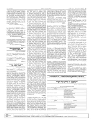 Minas Gerais 	Diário do Executivo	 sexta-feira, 10 de Junho de 2022 – 13
O Superintendente Regional da SUPRAM Zona da Mata, torna
público que foram requeridas as Licenças Ambientais Simplificada
na modalidade LAS/Cadastro abaixo identificadas, com decisão pelo
deferimento: 1) Reinaldo Braga Cruz eamp; Cia Ltda, Aparelhamento,
beneficiamento, preparação e transformação de minerais não metálicos,
não instalados na área da planta de extração, São Geraldo/MG, Protocolo
nº 2241/2022, com validade até: 07/06/2032; 2) Carmel Tecnologia
Industria e Comercio de Equipamentos Eletrônicos e Telecomunicações
Ltda - Carmel Tecnologia, Fabricação de eletrodomésticos e/ou
componentes eletroeletrônicos, inclusive lâmpadas, Barroso/MG,
Protocolo nº 2259/2022, com validade até 08/06/2032; 3) Mauricio
Furtado de Campos, Central de recebimento, armazenamento, triagem
e/ou transbordo de outros resíduos não listados ou não classificados;
Compostagem de resíduos industriais, Visconde do Rio Branco/MG,
Protocolo nº 2233/2022, com vencimento em 07/06/2032. 4) Município
de São Sebastião da Vargem Alegre, Extração de cascalho, rocha para
produção de britas, areia fora da calha dos cursos d’água e demais
coleções hídricas, para aplicação exclusivamente em obras viárias,
inclusive as executadas por entidades da Administração Pública Direta
e Indireta Municipal, Estadual e Federal, Guiricema/MG, Protocolo nº
2273/2022, com validade até: 08/06/2032.
(a) Dorgival da Silva. Superintendente Regional de
Meio Ambiente da SUPRAM Zona da Mata.
09 1647015 - 1
O Superintendente Regional da SUPRAM Zona da Mata, torna
público que foi DEFERIDO o requerimento de transferência e/ou
compartilhamento de responsabilidade da licença ambiental abaixo
identificada:
1) Tipo de solicitação: Licença Ambiental Simplificada – Las
Cadastro; Empreendimento: Júlio Cesar Melo Eireli ME (CNPJ
19.807.208/0001-45), Atividade Principal: Postos revendedores, postos
ou pontos de abastecimento, instalações de sistemas retalhistas, postos
flutuantes de combustíveis e postos revendedores de combustíveis de
aviação; Município: Ressaquinha/MG, PA n° 27889958/2018, Válida
até 10/09/2028 – Para: Comércio de Combustíveis Carvalho Ltda
(CNPJ 45.509.948/0001-05).
(a) Dorgival da Silva. Superintendente Regional de
Meio Ambiente da SUPRAM Zona da Mata.
09 1647157 - 1
O Superintendente Regional da SUPRAM Zona da Mata, torna público
que o requerente abaixo identificado solicitou:
- Licença de Instalação Corretiva e Licença de Operação – LIC+LO
(LAC2): 1) Consorcio Internacional do Alto e Medio Carangola Para
Gestão e Manejo dos Resíduos Sólidos - CIRS, Aterro sanitário,
inclusive Aterro Sanitário de Pequeno Porte – ASPP, Divino/MG, PA
nº 2261/2022, Classe 3.
(a) Dorgival da Silva. Superintendente Regional de
Meio Ambiente da SUPRAM Zona da Mata.
09 1647018 - 1
Fundação Estadual do Meio
Ambiente - FEAM
Presidente: Renato Teixeira Brandão
O Presidente da Fundação Estadual do Meio Ambiente exonera, nos
termos do art. 106, alínea “b”, da Lei nº 869, de 5 de julho de 1952, e do
Decreto nº 45.537, de 27 de janeiro de 2011, ARETHA HENDERSON
DE JESUS, MASP 1241791-1, do cargo de provimento em comissão
DAI-16 MA1100092.
O Presidente da Fundação Estadual do Meio Ambiente nomeia, nos
termos do art. 14, II, da Lei nº 869, de 5 de julho de 1952, do art. 1º,
§ 2º da Lei Delegada nº 175, de 26 de janeiro de 2007, e do Decreto
nº 45.537, de 27 de janeiro de 2011, TAIANA COELHO NETTO,
MASP 1205699-0, para o cargo de provimento em comissão DAI-16
MA1100092, de recrutamento amplo.
09 1647243 - 1
Instituto Mineiro de Gestão
das Águas - IGAM
Diretor-Geral: Marcelo da Fonseca
O Superintendente da SUPRAM Noroeste de Minas, no uso de suas
atribuições estabelecidas no art. 2º do Decreto Estadual nº. 47.383
de 02/03/2018, cientificam os interessados abaixo relacionados das
decisões proferidas nos processos administrativos de Outorga de
Direito de Uso de Recursos Hídricos:
*Processo n° 28111/2013, Usuário: FACER - Fava Cereais Importação
e Exportação Ltda, Paracatu, Deferido com condicionantes, Portaria
n°0703602/2022. *Processo n° 28112/2013, Usuário: FACER - Fava
Cereais Importação e Exportação Ltda, Paracatu, Deferido com
condicionantes, Portaria n°0703603/2022. *Processo n° 28113/2013,
Usuário: FACER - Fava Cereais Importação e Exportação Ltda,
Paracatu, Deferido com condicionantes, Portaria n°0703604/2022.
*Processo n° 28114/2013, Usuário: FACER - Fava Cereais Importação
e Exportação Ltda, Paracatu, Deferido com condicionantes, Portaria
n°0703605/2022. *Processo n° 29325/2013, Usuário: FACER - Fava
Cereais Importação e Exportação Ltda, Paracatu, Deferido com
condicionantes, Portaria n°0703606/2022. *Processo n° 29326/2013,
Usuário: FACER - Fava Cereais Importação e Exportação Ltda,
Paracatu, Deferido com condicionantes, Portaria n°0703609/2022.
*Processo n° 29327/2013, Usuário: FACER - Fava Cereais Importação
e Exportação Ltda, Paracatu, Deferido com condicionantes, Portaria
n°0703611/2022. *Processo n° 29328/2013, Usuário: FACER - Fava
Cereais Importação e Exportação Ltda, Paracatu, Deferido com
condicionantes, Portaria n°0703613/2022. *Processo n° 29329/2013,
Usuário: FACER - Fava Cereais Importação e Exportação Ltda,
Paracatu, Deferido com condicionantes, Portaria n°0703615/2022.
*Processo n° 29330/2013, Usuário: FACER - Fava Cereais Importação
e Exportação Ltda, Paracatu, Deferido com condicionantes, Portaria
n°0703616/2022. *Processo n° 29331/2013, Usuário: FACER - Fava
Cereais Importação e Exportação Ltda, Paracatu, Deferido com
condicionantes, Portaria n°0703618/2022. *Processo n° 29332/2013,
Usuário: FACER - Fava Cereais Importação e Exportação Ltda,
Paracatu, Deferido com condicionantes, Portaria n°0703620/2022.
*Processo n° 29333/2013, Usuário: FACER - Fava Cereais Importação
e Exportação Ltda, Paracatu, Deferido com condicionantes, Portaria
n°0703621/2022. *Processo n° 29334/2013, Usuário: FACER - Fava
Cereais Importação e Exportação Ltda, Paracatu, Deferido com
condicionantes, Portaria n°0703622/2022. *Processo n° 29335/2013,
Usuário: FACER - Fava Cereais Importação e Exportação Ltda,
Paracatu, Deferido com condicionantes, Portaria n°0703657/2022.
*Processo n° 29336/2013, Usuário: FACER - Fava Cereais Importação
e Exportação Ltda, Paracatu, Deferido com condicionantes, Portaria
n°0703658/2022. *Processo n° 29337/2013, Usuário: FACER - Fava
Cereais Importação e Exportação Ltda, Paracatu, Deferido com
condicionantes, Portaria n°0703659/2022. *Processo n° 29338/2013,
Usuário: FACER - Fava Cereais Importação e Exportação Ltda,
Paracatu, Deferido com condicionantes, Portaria n°0703661/2022.
*Processo n° 13819/2020, Usuário: FACER - Fava Cereais Exportação
e Importação Ltda e Outros, Paracatu, Deferido com condicionantes,
Portaria n°0703670/2022. *Processo n° 13823/2020, Usuário: FACER
- Fava Cereais Exportação e Importação Ltda e Outros, Paracatu,
Deferido com condicionantes, Portaria n°0703671/2022. *Processo n°
13825/2020, Usuário: FACER - Fava Cereais Exportação e Importação
Ltda e Outros, Paracatu, Deferido com condicionantes, Portaria
n°0703673/2022. *Processo n°13826/2020, Usuário: FACER - Fava
Cereais Exportação e Importação Ltda e Outros, Paracatu, Deferido
com condicionantes, Portaria n°0703675/2022. *Processo n°
13827/2020, Usuário: FACER - Fava Cereais Importação e Exportação
Ltda, Paracatu, Deferido com condicionantes, Portaria n°0703678/2022.
*Processo n° 13828/2020, Usuário: FACER - Fava Cereais Importação
e Exportação Ltda, Paracatu, Deferido com condicionantes, Portaria
n°0703679/2022. *Processo n° 13830/2020, Usuário: FACER - Fava
Cereais Importação e Exportação Ltda, Paracatu, Deferido com
condicionantes, Portaria n°0703681/2022. *Processo n° 13831/2020,
Usuário: FACER - Fava Cereais Exportação e Importação Ltda e
Outros, Paracatu, Deferido com condicionantes, Portaria
n°0703687/2022. *Processo n° 07703/2016, Usuário: FACER - Fava
Cereais Exportação e Importação Ltda e Outros, Paracatu, Deferido
com condicionantes, Portaria n°0703772/2022. *Processo n°
07704/2016, Usuário: FACER - Fava Cereais Exportação e Importação
Ltda e Outros, Paracatu, Deferido com condicionantes, Portaria
n°0703773/2022. *Processo n° 07705/2016, Usuário: FACER - Fava
Cereais Exportação e Importação Ltda e Outros, Paracatu, Deferido
com condicionantes, Portaria n°0703774/2022. *Processo n°
07706/2016, Usuário: FACER - Fava Cereais Exportação e Importação
Ltda e Outros, Paracatu, Deferido com condicionantes, Portaria
n°0703775/2022. *Processo n° 07707/2016, Usuário: FACER - Fava
Cereais Exportação e Importação Ltda e Outros, Paracatu, Deferido
com condicionantes, Portaria n°0703777/2022. *Processo n°
07708/2016, Usuário: FACER - Fava Cereais Exportação e Importação
Ltda e Outros, Paracatu, Deferido com condicionantes, Portaria
n°0703778/2022. *Processo n° 07709/2016, Usuário: FACER - Fava
Cereais Exportação e Importação Ltda e Outros, Paracatu, Deferido
com condicionantes, Portaria n°0703780/2022. *Processo n°
07710/2016, Usuário: FACER - Fava Cereais Exportação e Importação
Ltda e Outros, Paracatu, Deferido com condicionantes, Portaria
n°0703782/2022. *Processo n° 07711/2016, Usuário: FACER – Fava
Cereais Exportação e Importação Ltda e Outros, Paracatu, Deferido
com condicionantes, Portaria n°0703783/2022. *Processo n°
07712/2016, Usuário: FACER - Fava Cereais Exportação e Importação
Ltda e Outros, Paracatu, Deferido com condicionantes, Portaria
n°0703785/2022. *Processo n° 07713/2016, Usuário: FACER - Fava
Cereais Exportação e Importação Ltda e Outros, Paracatu, Deferido
com condicionantes, Portaria n°0703786/2022. *Processo n°
07714/2016, Usuário: FACER - Fava Cereais Exportação e Importação
Ltda e Outros, Paracatu, Deferido com condicionantes, Portaria
n°0703787/2022. *Processo n° 07715/2016, Usuário: FACER - Fava
Cereais Exportação e Importação Ltda e Outros, Paracatu, Deferido
com condicionantes, Portaria n°0703789/2022. *Processo n°
07716/2016, Usuário: FACER - Fava Cereais Exportação e Importação
Ltda e Outros, Paracatu, Deferido com condicionantes, Portaria
n°0703790/2022. *Processo n° 07717/2016, Usuário: FACER - Fava
Cereais Exportação e Importação Ltda e Outros, Paracatu, Deferido
com condicionantes, Portaria n°0703791/2022. *Processo n°
07718/2016, Usuário: FACER - Fava Cereais Exportação e Importação
Ltda e Outros, Paracatu, Deferido com condicionantes, Portaria
n°0703792/2022. *Processo n° 07719/2016, Usuário: FACER - Fava
Cereais Exportação e Importação Ltda e Outros, Paracatu, Deferido
com condicionantes, Portaria n°0703793/2022. *Processo n°
07720/2016, Usuário: FACER – Fava Cereais Exportação e Importação
Ltda e Outros, Paracatu, Deferido com condicionantes, Portaria
n°0703794/2022. *Processo n° 07721/2016, Usuário: FACER - Fava
Cereais Exportação e Importação Ltda e Outros, Paracatu, Deferido
com condicionantes, Portaria n°0703796/2022. *Processo n°
07722/2016, Usuário: FACER - Fava Cereais Exportação e Importação
Ltda e Outros, Paracatu, Deferido com condicionantes, Portaria
n°0703797/2022. *Processo n° 07723/2016, Usuário: FACER - Fava
Cereais Exportação e Importação Ltda e Outros, Paracatu, Deferido
com condicionantes, Portaria n°0703798/2022. *Processo n°
07724/2016, Usuário: FACER - Fava Cereais Exportação e Importação
Ltda e Outros, Paracatu, Deferido com condicionantes, Portaria
n°0703808/2022. *Processo n° 07725/2016, Usuário: FACER - Fava
Cereais Exportação e Importação Ltda e Outros, Paracatu, Deferido
com condicionantes, Portaria n°0703809/2022. *Processo n°
07726/2016, Usuário: FACER - Fava Cereais Exportação e Importação
Ltda e Outros, Paracatu, Deferido com condicionantes, Portaria
n°0703810/2022. *Processo n° 07727/2016, Usuário: FACER - Fava
Cereais Exportação e Importação Ltda e Outros, Paracatu, Deferido
com condicionantes, Portaria n°0703856/2022. *Processo n°
07728/2016, Usuário: FACER - Fava Cereais Exportação e Importação
Ltda e Outros, Paracatu, Deferido com condicionantes, Portaria
n°0703858/2022. *Processo n° 07729/2016, Usuário: FACER - Fava
Cereais Exportação e Importação Ltda e Outros, Paracatu, Deferido
com condicionantes, Portaria n°0703859/2022. *Processo n°
13814/2020, Usuário: FACER - Fava Cereais Exportação e Importação
Ltda e Outros, Paracatu, Deferido com condicionantes, Portaria
n°0703863/2022. *Processo n° 13815/2020, Usuário: FACER - Fava
Cereais Exportação e Importação Ltda e Outros, Paracatu, Deferido
com condicionantes, Portaria n°0703864/2022. *Processo n°
13816/2020, Usuário: FACER – Fava Cereais Exportação e Importação
Ltda e Outros, Paracatu, Deferido com condicionantes, Portaria
n°0703897/2022. *Processo n° 13817/2020, Usuário: FACER - Fava
Cereais Exportação e Importação Ltda e Outros, Paracatu, Deferido
com condicionantes, Portaria n°0703898/2022. *Processo n°
13818/2020, Usuário: FACER - Fava Cereais Exportação e Importação
Ltda e Outros, Paracatu, Deferido com condicionantes, Portaria
n°0703899/2022. *Processo n° 13820/2020, Usuário: FACER - Fava
Cereais Exportação e Importação Ltda e Outros, Paracatu, Deferido
com condicionantes, Portaria n°0703901/2022. *Processo n°
13821/2020, Usuário: FACER - Fava Cereais Exportação e Importação
Ltda e Outros, Paracatu, Deferido com condicionantes, Portaria
n°0703903/2022. *Processo n° 13822/2020, Usuário: FACER - Fava
Cereais Exportação e Importação Ltda e Outros, Paracatu, Deferido
com condicionantes, Portaria n°0703905/2022. *Processo n°
13824/2020, Usuário: FACER - Fava Cereais Exportação e Importação
Ltda e Outros, Paracatu, Deferido com condicionantes, Portaria
n°0703906/2022. *Processo n° 13832/2020, Usuário: FACER - Fava
Cereais Exportação e Importação Ltda e Outros, Paracatu, Deferido
com condicionantes, Portaria n°0703907/2022. *Processo n°
28110/2013, Usuário: FACER - Fava Cereais Importação e Exportação
Ltda, Paracatu, Deferido com condicionantes, Portaria n°0703908/2022.
*Processo n° 28499/2013, Usuário: FACER - Fava Cereais Importação
e Exportação Ltda, Paracatu, Deferido com condicionantes, Portaria
n°0703911/2022. *Processo n° 28500/2013, Usuário: FACER - Fava
Cereais Importação e Exportação Ltda, Paracatu, Deferido com
condicionantes, Portaria n°0703913/2022. *Processo n° 28501/2013,
Usuário: FACER - Fava Cereais Importação e Exportação Ltda,
Paracatu, Deferido com condicionantes, Portaria n°0703914/2022.
*Processo n° 28502/2013, Usuário: FACER - Fava Cereais Importação
e Exportação Ltda, Paracatu, Deferido com condicionantes, Portaria
n°0703932/2022. *Processo n° 28503/2013, Usuário: FACER - Fava
Cereais Importação e Exportação Ltda, Paracatu, Deferido com
condicionantes, Portaria n°0703933/2022. *Processo n° 28504/2013,
Usuário: FACER - Fava Cereais Importação e Exportação Ltda,
Paracatu, Deferido com condicionantes, Portaria n°0703934/2022.
*Processo n° 28505/2013, Usuário: FACER - Fava Cereais Importação
e Exportação Ltda, Paracatu, Deferido com condicionantes, Portaria
n°0703935/2022. *Processo n° 28506/2013, Usuário: FACER - Fava
Cereais Importação e Exportação Ltda, Paracatu, Deferido com
condicionantes, Portaria n°0703936/2022. *Processo n° 28507/2013,
Usuário: FACER - Fava Cereais Importação e Exportação Ltda,
Paracatu, Deferido com condicionantes, Portaria n°0703937/2022.
*Processo n° 28508/2013, Usuário: FACER - Fava Cereais Importação
e Exportação Ltda, Paracatu, Deferido com condicionantes, Portaria
n°0703939/2022. *Processo n° 00099/2018, Usuário: FACER - Fava
Cereais Exportação e Importação Ltda e Outros, Paracatu, Deferido
com condicionantes, Portaria n°0703999/2022.
Os Processos Administrativos encontram-se disponíveis para consulta e
cópia na SUPRAM Noroeste de Minas. Os dados contidos nas referidas
decisões estarão disponíveis no site do IGAM, www.igam.mg.gov.br.
Unaí, 09 de Junho de 2022.
09 1646608 - 1
O Coordenador da Unidade Regional de Gestão das Águas, URGA
Central Metropolitana, no uso da competência delegada pela
Diretora Geral do Instituto Mineiro de Gestão das Águas – Igam, por
meio da Portaria Igam nº 12 de 02 de maio de 2018, cientificam os
interessados abaixo relacionados das decisões proferidas nos processos
administrativos de Outorga de Direito de Uso de Recursos Hídricos:
*Processo n° 00855/2018, Usuário: José Eustáquio Rocha, Contagem,
Deferido com condicionantes, Portaria n°1304001/2022. *Processo
n° 71061/2019, Usuário: Wilson Tavares Filho, Denise Reis
Vasconcelos, Fortuna de Minas, Deferido com condicionantes, Portaria
n°1304002/2022. *Processo n° 33609/2015, Usuário: Aguinaldo
Aparecido de Amorim, Jequitibá, Deferido com condicionantes,
Portaria n°1304004/2022. *Processo n° 21672/2021, Usuário:
Dragagem Brasil Ltda EPP, Brumadinho, Deferido com condicionantes,
Portaria n°1304008/2022. *Processo n° 15082/2021, Usuário: JF Areia
e Argila Ltda, Lagoa Santa, Deferido com condicionantes, Portaria
n°1304010/2022. *Processo n° 33997/2020, Usuário: AMBEV S.A.,
Sete Lagoas, Deferido com condicionantes, Portaria n°1304011/2022.
*Processo n° 24047/2021, Usuário: Mart Minas Distruibuição Ltda,
Nova Lima, Deferido com condicionantes, Portaria n°1304016/2022.
*Processo n° 08349/2020, Usuário: Vantuir Henriques de Carvalho,
Santana dos Montes, Deferido com condicionantes, Portaria
n°1304019/2022. *Processo n° 03044/2018, Usuário: Zorzale Campos
Reis, Zoraide Campos Reis, Joaquim Campos Reis, Leonel Campos
Reis, Juscelino de Campos Reis , Fidel de Campos Reis, Papagaios,
Deferido com condicionantes, Portaria n°1304021/2022. *Processo n°
03045/2018, Usuário: Zorzale Campos Reis, Zoraide Campos Reis,
Joaquim Campos Reis, Leonel Campos Reis, Juscelino de Campos
Reis, Fidel de Campos Reis , Papagaios, Deferido com condicionantes,
Portaria n°1304022/2022.
Arquivamento:
Arquiva-se o processo nº. 25866 de 04/09/2015. Requerente:
Condomínio Vila Del Rey. CNPJ: 02.945.086/0001-50. Curso d’água:
Afluente do córrego Canela. Motivo: Considerando os termos do Artigo
24 do Decreto nº 47.705/2019. Município: Mariana – MG.
Os Processos Administrativos encontram-se disponíveis para consulta e
cópia na URGA Central Metropolitana.
Os dados contidos nas referidas decisões estarão disponíveis no site do
IGAM, www.igam.mg.gov.br. Belo Horizonte, 09 de Junho de 2022.
09 1647109 - 1
O Coordenador da Unidade Regional de Gestão das Águas, URGA
Zona da Mata, no uso da competência delegada pela Diretora Geral
do Instituto Mineiro de Gestão das Águas – Igam, por meio da Portaria
Igam nº 12 de 02 de maio de 2018, cientificam os interessados abaixo
relacionados das decisões proferidas nos processos administrativos
de Outorga de Direito de Uso de Recursos Hídricos: Arquivamentos:
Arquiva-se o processo nº 54381/2020 de 20/11/2020. Requerente:
Prefeitura Municipal de Carandaí. CNPJ: 180.947.797/0001-07. Curso
d’água: Sem Denominação.Motivo: Considerando que nos termos do§
2° Artigo 24 doDecreto 47.705/2019-Até que o Igam se manifeste
sobre o pedido de prorrogação de prazo estabelecido no caput, fica
este automaticamente prorrogado por mais sessenta dias, contados do
término do prazo inicialmente concedido. Considerando que nos termos
do§ 3º Artigo 23 do Decreto 47.705/2019 - A apresentação incompleta
da complementação de que trata o caput ou o seu atendimento de forma
intempestiva acarretarão no arquivamento do pedido de outorga de
direito de uso de recursos hídricos. Recomendamos o arquivamento
do Processo de Outorga nº 54381/2020. Município: Carandaí - MG.
Arquiva-se o processo nº 11948/2021 de 19/03/2021. Requerente:
Eustáquio Martins Braga. CPF: 53740866691. Curso d’água: Poço
tubular.Motivo: Considerando que nos termos do§ 3º Artigo 23 do
Decreto 47.705/2019 - A apresentação incompleta da complementação
de que trata o caput ou o seu atendimento de forma intempestiva
acarretarão no arquivamento do pedido de outorga de direito de uso
de recursos hídricos. Recomendamos o arquivamento do Processo
de Outorga nº 11948/2021. Município: Jequeri – MG. Os Processos
Administrativos encontram-se disponíveis para consulta e cópia na
URGA Zona da Mata. Os dados contidos nas referidas decisões estarão
disponíveis no site do IGAM, www.igam.mg.gov.br. Ubá, 09 de Junho
de 2022.
09 1646682 - 1
O Coordenador da Unidade Regional de Gestão das Águas, URGA
Zona da Mata, no uso da competência delegada pela Diretora Geral
do Instituto Mineiro de Gestão das Águas – Igam, por meio da Portaria
Igam nº 12 de 02 de maio de 2018, cientificam os interessados abaixo
relacionados das decisões proferidas nos processos administrativos
de Outorga de Direito de Uso de Recursos Hídricos: *Processo n°
60005/2021, Usuário: Fazendas Klem Importação e Exportação
de Café Ltda, Martins Soares, Deferido, Portaria n°2004005/2022.
*Processo n° 03657/2022, Usuário: Rafael Luiz de Melo, Lagoa
Dourada, Deferido com condicionantes, Portaria n°2004007/2022.
*Processo n° 06509/2022, Usuário: Tamiris Mota de Faria, Mercês,
Deferido, Portaria n°2004020/2022. *Processo n° 06319/2022,
Usuário: Luiz Claudio Bastos de Moura, Volta Grande, Deferido,
Portaria n°2004023/2022. Os Processos Administrativos encontram-se
disponíveis para consulta e cópia na URGA Zona da Mata. Os dados
contidos nas referidas decisões estarão disponíveis no site do IGAM,
www.igam.mg.gov.br. Ubá, 09 de Junho de 2022.
09 1647095 - 1
O Coordenador da Unidade Regional de Gestão das Águas, URGA
Triângulo Mineiro, no uso da competência delegada pela Diretora Geral
do Instituto Mineiro de Gestão das Águas – Igam, por meio da Portaria
Igam nº 12 de 02 de maio de 2018, cientificam os interessados abaixo
relacionados das decisões proferidas nos processos administrativos de
Outorga de Direito de Uso de Recursos Hídricos:
*Processo n° 00024/2022, Usuário: Antonio R. Filho, Campina
Verde, Deferido, Portaria n°1903813/2022. *Processo n° 04061/2022,
Usuário: Posto de Resfriamento de Leite São Geraldo Ltda, Uberaba,
Deferido com condicionantes, Portaria n°1903821/2022. *Processo n°
01273/2022, Usuário: Empresa de Mineração Fonte Quintas Del Rey
Ltda, Uberaba, Deferido com condicionantes, Portaria n°1903824/2022.
*Processo n° 50358/2019, Usuário: Nelson R. da Silva, Onça de
Pitangui, Deferido com condicionantes, Portaria n°1903827/2022.
*Processo n° 30191/2019, Usuário:A.G.AgroAgricultura, Suinocultura
e Pecuária Ltda, Igaratinga, Deferido, Portaria n°1903829/2022.
*Processo n° 61232/2021, Usuário: Curinga Veículos Ltda, Araguari,
Deferido com condicionantes, Portaria n°1903831/2022. *Processo n°
24453/2022, Usuário: Euripedes S. Da Silva, Gurinhatã, Deferido com
condicionantes, Portaria n°1903927/2022. *Processo n° 14488/2022,
Usuário: Leri Participações Ltda, Frutal, Deferido com condicionantes,
Portaria n°1903709/2022. *Processo n° 14502/2022, Usuário: Geraldo
G. de Lacerda, Patos de Minas, Deferido com condicionantes, Portaria
n°1903708/2022. *Processo n° 11451/2022, Usuário: Polyvin Plásticos
e Derivados Ltda, Uberaba, Deferido com condicionantes, Portaria
n°1903854/2022. *Processo n° 16020/2022, Usuário: Ivo C. Furlanetto
e Odair A. Ferreira, Iraí de Minas, Deferido com condicionantes,
Portaria n°1903930/2022. *Processo n° 00020/2022, Usuário:
Sérgio R. M. Filho, Araguari, Deferido com condicionantes, Portaria
n°1903931/2022.
Reconsideração de Arquivamento:
Reconsidera-se o arquivamento do processo nº. 15353/2021
publicado no dia 20/08/2021. Requerente: Rodolfo E. Cauhy – CPF:
739.***.***-04 - Curso d’água: Poço Tubular – Motivo: Reanálise.
Município: Monte Alegre De Minas – MG.
Arquivamento:
Arquiva-se o processo 55205/2021 de 22/11/2021. Requerente: Dorival
V. De A. e M. Vieira - CPF: 617.***.***-20 - Curso d’água: Poço
Tubular - Motivo: Não houve resposta ás informações complementares
solicitadas no prazo estipulado. Município: Romaria - MG.
Retificação:
Retifica-se a portaria 1901027/2021 publicado no dia 18/02/2021.
Outorgado: Viação andrade ltda – CNPJ: 16.908.824/0001-02. Onde
se lê: Finalidades: Consumo humano, Lavagem de veículos. Leia-se:
Lavagem de veículos. Município: Araxá – MG.
Retifica-se a portaria 1903496/2019 publicado no dia 25/05/2019.
Outorgado: Francisco M. Teixeira– CPF: 155.***.***-87. Onde se
lê: Outorgado: Francisco M. Teixeira– CPF: 155.***.***-87, Leia-se:
Outorgado: Reginaldo M. Teixeira - CPF: 117.***.***-30. Município:
Santa Juliana – MG.
Retifica-se a portaria 1901163/2020 publicado no dia 11/02/2020.
Outorgado: Manoel Gonçalves – CPF: 119.871.389-53. Onde se lê:
Outorgado: Manoel Gonçalves – CPF: 119.871.389-53. Vazão liberada
(l/s): 10,9 sendo 20:00 horas/dia e 20 dias/mês nos meses de maio a
outubro com volumes máximos mensais de 15696,00 m³. Leia-se:
Outorgado: Marinete Gonçalves Bissiato - CPF: 046.736.766-37.
Vazão liberada (l/s): 10,9 sendo 20:00 horas/dia, 10 dias/mês e 12
meses/ano com volumes máximos mensais de 7848 m³. Município:
Indianópolis– MG.
Os Processos Administrativos encontram-se disponíveis para consulta
e cópia na URGA Triângulo Mineiro. Os dados contidos nas referidas
decisões estarão disponíveis no site do IGAM, www.igam.mg.gov.
br.Uberlândia, 09 de junho de 2022.
O Coordenador da Unidade Regional de Gestão das Águas, URGA
Alto Paranaíba, no uso da competência delegada pela Diretora Geral
do Instituto Mineiro de Gestão das Águas – Igam, por meio da Portaria
Igam nº 12 de 02 de maio de 2018, cientificam os interessados abaixo
relacionados das decisões proferidas nos processos administrativos de
Outorga de Direito de Uso de Recursos Hídricos:
*Processo n° 11162/2022, Usuário: Marcus V. Alves, Ibiá, Deferido
com condicionantes, Portaria n°2103814/2022. *Processo n°
11067/2022, Usuário: Rogério de Souza Guimarães, Guimarânia,
Deferido com condicionantes, Portaria n°2103815/2022. *Processo
n° 11860/2022, Usuário: M.A. Rosin & Filho Empreendimentos
Imobiliários Ltda, Araxá, Deferido com condicionantes, Portaria
n°2103817/2022. *Processo n° 11861/2022, Usuário: M.A. Rosin
& Filho Empreendimentos Imobiliários Ltda, Araxá, Deferido com
condicionantes, Portaria n°2103818/2022. *Processo n° 11862/2022,
Usuário: M.A. Rosin & Filho Empreendimentos Imobiliários Ltda,
Araxá, Deferido com condicionantes, Portaria n°2103819/2022.
*Processo n° 09167/2018, Usuário: Sandra Maria Gomes, Onça de
Pitangui, Deferido com condicionantes, Portaria n°2103816/2022.
*Processo n° 14507/2022, Usuário: Beneficiadora de Batatas São
Gotardo - Me, São Gotardo, Deferido com condicionantes, Portaria
n°2103832/2022. *Processo n° 09779/2022, Usuário: Joel A. G.
Lício, Carmo do Paranaíba, Deferido com condicionantes, Portaria
n°2103977/2022.
Os Processos Administrativos encontram-se disponíveis para consulta
e cópia na URGA Alto Paranaíba. Os dados contidos nas referidas
decisões estarão disponíveis no site do IGAM, www.igam.mg.gov.
br.Patos de Minas, 09 de junho de 2022
09 1646986 - 1
O Superintendente SUPRAM Zona da Mata, no uso de suas atribuições
estabelecidas no art. 2º do Decreto Estadual nº. 46.967 de 10/03/2016,
cientificam os interessados abaixo relacionados das decisões proferidas
nos processos administrativos de Outorga de Direito de Uso de
Recursos Hídricos:
*Processo n° 26373/2017, Usuário: Parma Móveis LTDA, Ubá,
Deferido, Portaria n°1004024/2022. *Processo n° 22132/2012,
Usuário: Companhia Agrícola Pontenovense, Urucânia, Deferido com
condicionantes,Portarian°1004025/2022.OsProcessosAdministrativos
encontram-se disponíveis para consulta e cópia na SUPRAM Zona da
Mata. Os dados contidos nas referidas decisões estarão disponíveis no
site do IGAM, www.igam.mg.gov.br. Ubá, 09 de Junho de 2022.
09 1647187 - 1
Secretaria de Estado de Planejamento e Gestão
Secretária: Luisa Cardoso Barreto
Instituto de Previdência dos Servidores do
Estado de Minas Gerais - IPSEMG
Presidente: Luiza Hermeto Coutinho Campos
ATOS DO GERENTE DE ASSITÊNCIA À SAÚDE
Indefere por falta de amparo lega requerimento (s) de pecúlio por morte a:
Instituidor Requerente
SOLANGE SAFFI PEREIRA JOSE CUPERTINO SANTOS
VALMERY SCOFIELD SANTOS VANDERLEI ESTEVES
JOÃO CAPISTRANO MACHADO
MARIAAPARECIDA MACHADO
JORGE EMILIO MACHADO
MARIA TERESA MACHADO
MARIA DE FATIMA MIRANDA
MARCELO DOS SANTOS MACHADO
JAIR DOMINGOS MACHADO
JAIRO EUSTAQUIO MACHADO
IVANDAANDRADE DE ALMEIDA
KHARY GRADIM ROCHA E SILVA
KHELLEN GRADIM ROCHA E SILVA
Indefere por falta de amparo legal requerimento (s) de seguro coletivo por morte a:
Instituidor Requerente
SOLANGE SAFFI PEREIRA JOSE CUPERTINO SANTOS
SEBASTIÃO JOSE HIPOLITO
JOSE DO CARMO HIPOLITO
SONIA MARIA HIPOLITO MOREIRA
ADEMIR JOSE HIPOLITO
CLAUDIAAPARECIDA HIPOLITO DA SILVA
MARLENE HIPOLITO FERREIRA
MARIA DO CARMO HIPOLITO SANTOS
APARECIDA DAS GRAÇAS HIPOLITO
VALMERY SCOFIELD SANTOS VANDELEI ESTEVES
IZOLINA NUNES FONTES JOSE FERNANDES FONTES
NAIR MALTA DOMINGOS MANOEL DOMINGOS
Documento assinado eletrônicamente com fundamento no art. 6º do Decreto nº 47.222, de 26 de julho de 2017.
A autenticidade deste documento pode ser verificada no endereço http://www.jornalminasgerais.mg.gov.br/autenticidade, sob o número 3202206092318270113.
 