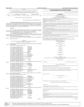 Minas Gerais 	Diário do Executivo	 sexta-feira, 10 de Junho de 2022 – 3
ANEXO II
(a que se refere o parágrafo único do art. 1º do Decreto nº 48.438, de 9 de junho de 2022)
EXTRATO DAALTERAÇÃO DO QUANTITATIVO DE DAI-UNITÁRIO
FUNDAÇÃO DE AMPARO À PESQUISA DO ESTADO DE MINAS GERAIS – FAPEMIG
ESPÉCIE
QUANTITATIVO DE VALOR-UNITÁRIO SALDO EM RELAÇÃO À LEI
DELEGADA Nº 175, DE 2007
SITUAÇÃO ANTERIOR SITUAÇÃO ATUAL
DAI 327,01 327,01 0,09
DECRETO NE Nº 326, DE 9 DE JUNHO DE 2022.
Abre crédito suplementar no valor de R$508.813.773,53.
O GOVERNADOR DO ESTADO DE MINAS GERAIS, no uso de atribuição que lhe confere
o inciso VII do art. 90 da Constituição do Estado e tendo em vista o disposto no art. 9º da Lei nº 24.013, de 30
de novembro de 2021, no Decreto nº 48.183, de 30 de abril de 2021, e nas Deliberações do Conselho Superior
do Comitê Gestor Pró-Brumadinho nº 1/2021, de 11 de agosto de 2021, nº 2/2021, de 11 de agosto de 2021, nº
3/2021, de 28 de setembro de 2021, nº 4/2021, de 20 de outubro de 2021, nº 5/2022, de 26 de janeiro de 2022,
nº 6/2022, de 12 de abril de 2022, e nº 07/2022, de 25 de maio de 2022,
DECRETA:
Art. 1º – Fica aberto crédito suplementar no valor de R$508.813.773,53 (quinhentos e oito milhões
oitocentos e treze mil setecentos e setenta e três reais e cinquenta e três centavos), indicado no Anexo, onerando
no mesmo valor o limite estabelecido no art. 9º da Lei nº 24.013, de 30 de novembro de 2021.
Art. 2º – Para atender ao disposto no art. 1º serão utilizados recursos provenientes:
I – das anulações das dotações orçamentárias indicadas no Anexo;
II – do saldo financeiro da receita Bônus de Assinatura do Excedente da Cessão Onerosa pela
Exploração do Pré-Sal, no valor de R$413.484.515,01 (quatrocentos e treze milhões quatrocentos e oitenta e
quatro mil quinhentos e quinze reais e um centavo).
Art. 3º – Este decreto entra em vigor na data de sua publicação.
Belo Horizonte, aos 9 de junho de 2022; 234º da Inconfidência Mineira e 201º da Independência
do Brasil.
ROMEU ZEMA NETO
ANEXO
(a que se referem os arts. 1º e 2º do Decreto NE nº 326, de 9 de junho de 2022)
(registrado no Siafi/MG sob o número 075)
SUPLEMENTAÇÃO DAS SEGUINTES DOTAÇÕES ORÇAMENTÁRIASAQUE SE REFERE
O ART. 1º DESTE DECRETO:
SECRETARIA DE ESTADO DE EDUCAÇÃO
					R$
1261.12361106-4.297-0001-3350-0-21.1		 5.000.000,00
1261.12361106-4.297-0001-4450-0-21.1		 2.913.650,00
1261.12363108-4.203-0001-3390-1-21.1		 20.000.000,00
1261.12368112-4.327-0001-3390-0-21.1		 5.000.000,00
1261.12368151-2.075-0001-3390-0-21.1		 79.000,00
1261.12368151-2.075-0001-4490-0-21.1		 8.000,00
1261.12782107-4.308-0001-3390-0-21.1		 700.000,00
SECRETARIA DE ESTADO DE CULTURA E TURISMO
1271.13392056-4.322-0001-4490-0-10.3		 382.288,29
1271.13392056-4.322-0001-4490-0-24.1		 911.877,39
SECRETARIA DE ESTADO DE JUSTIÇA E SEGURANÇA PÚBLICA
1451.06421145-1.048-0001-3390-0-95.1		 13.000.000,00
SECRETARIA DE ESTADO DE DESENVOLVIMENTO SOCIAL
1481.11334039-4.088-0001-4490-0-71.1		 2.400,00
POLÍCIA CIVIL DO ESTADO DE MINAS GERAIS
1511.06183005-4.024-0001-3390-0-10.1		 800.000,00
LOTERIA DO ESTADO DE MINAS GERAIS
2041.04122705-2.500-0001-4490-0-60.1		 15.750,00
INSTITUTO DE PREVIDÊNCIA DOS SERVIDORES MILITARES DO ESTADO DE MINAS
GERAIS
2121.28846705-7.004-0001-3390-0-60.9		 300.000,00
FUNDAÇÃO HOSPITALAR DO ESTADO DE MINAS GERAIS
2271.10122705-2.500-0001-3390-0-10.1		 25.000.000,00
2271.10302045-4.177-0001-4490-0-10.1		 20.000.000,00
FUNDO ESTADUAL DE ASSISTÊNCIA SOCIAL
4251.08244065-1.059-0001-4440-1-71.1		 1.100.000,00
FUNDO ESTADUAL DE SAÚDE
4291.10302158-4.456-0001-3320-0-37.1		 116.292,84
FUNDO FINANCEIRO DE PREVIDÊNCIA DO ESTADO DE MINAS GERAIS
4711.09272705-7.957-0001-3190-0-96.1		 413.484.515,01
TOTAL DA SUPLEMENTAÇÃO		 508.813.773,53
ANULAÇÃO DAS SEGUINTES DOTAÇÕES ORÇAMENTÁRIAS A QUE SE REFERE O
INCISO I DO ART. 2º DESTE DECRETO:
SECRETARIA DE ESTADO DE EDUCAÇÃO
					R$
1261.12306106-4.300-0001-3350-0-21.1		 3.700.650,00
1261.12306107-4.307-0001-3350-0-21.1		 30.000.000,00
SECRETARIA DE ESTADO DE INFRAESTRUTURA E MOBILIDADE
1301.15451071-4.147-0001-4490-0-24.1		 911.877,39
SECRETARIA DE ESTADO DE JUSTIÇA E SEGURANÇA PÚBLICA
1451.06421145-1.048-0001-4490-0-95.1		 13.000.000,00
SECRETARIA DE ESTADO DE DESENVOLVIMENTO SOCIAL
1481.11334039-4.074-0001-3390-0-71.1		 2.400,00
POLICIA CIVIL DO ESTADO DE MINAS GERAIS
1511.06181005-4.025-0001-3390-0-10.1		 800.000,00
EGE-SECRETARIA DE ESTADO DE PLANEJAMENTO E GESTÃO
1941.04122705-2.106-0001-4490-0-10.3		 382.288,29
LOTERIA DO ESTADO DE MINAS GERAIS
2041.23692058-4.113-0001-3390-0-60.1		 15.750,00
INSTITUTO DE PREVIDÊNCIA DOS SERVIDORES MILITARES DO ESTADO DE MINAS
GERAIS
2121.28846705-7.004-0001-3190-0-60.9		 300.000,00
FUNDAÇÃO HOSPITALAR DO ESTADO DE MINAS GERAIS
2271.10302026-1.007-0001-3390-0-10.1		 5.000.000,00
2271.10302045-4.174-0001-3390-0-10.1		 10.000.000,00
2271.10302045-4.176-0001-3390-0-10.1		 10.000.000,00
2271.10302045-4.177-0001-3390-0-10.1		 10.000.000,00
2271.10302045-4.178-0001-3390-0-10.1		 10.000.000,00
FUNDO ESTADUAL DE ASSISTÊNCIA SOCIAL
4251.08244065-1.059-0001-3340-1-71.1		 1.100.000,00
FUNDO ESTADUAL DE SAÚDE
4291.10302158-4.463-0001-3320-0-37.1		 116.292,84
TOTAL DAANULAÇÃO			 95.329.258,52
09 1647220 - 1
Controladoria-Geral do Estado
Controlador-Geral: Rodrigo Fontenelle de Araújo Miranda
Expediente
CONSELHO DE ÉTICA PÚBLICA DO
ESTADO DE MINAS GERAIS
DELIBERAÇÃO Nº 23, 4 DE MAIO DE 2022
DISPÕE SOBRE O TERMO DE COMPROMISSO SOLENE - TCS.
O CONSELHO DE ÉTICA PÚBLICA DO ESTADO DE MINAS GERAIS – CONSET/MG, no uso de atribuição que lhe confere o art. 13 e o
parágrafo único do art. 3º do Decreto n.º 46.644, de 6 de novembro de 2014, e:
CONSIDERANDO a necessidade de atualizar e racionalizar a gestão do Termo de Compromisso Solene, adaptando-o às tecnologias de informação
e comunicação vigentes e eliminando registros inócuos;
CONSIDERANDO as diretrizes do Decreto nº 48.383, de 18 de março de 2022, que regulamenta o Governo Digital Estadual;
DELIBERA:
Art. 1º O ato de posse, investidura em cargo, emprego ou função pública ou celebração de contrato de trabalho deverá ser acompanhado do
preenchimento do Termo de Compromisso Solene – TCS que manifesta a ciência e acatamento das regras estabelecidas pelo Código de Conduta
Ética do Agente Público e da Alta Administração Estadual e pelo código de conduta do órgão ou entidade, conforme o caso.
§1º. Será considerado válido o termo de compromisso assinado digitalmente pelo agente público empossado, desde de que respeitados parâmetros de
autenticidade, de integridade e de segurança adequados.
§2º. Na impossibilidade de eventual colhimento da assinatura por meio digital junto ao agente público interessado, poderá ser colhida a assinatura
em meio físico.
§3º O termo será arquivado preferencialmente em meio digital, juntamente com os documentos comprobatórios do vínculo do agente público com o
Poder Executivo no respectivo órgão ou entidade.
§4º. Ficará dispensado de novo preenchimento o agente público que já tenha manifestado ciência e acatamento ao atual Código de Ética por ocasião
de exercício profissional anterior em instituição do Poder Executivo Estadual, desde que devidamente comprovado.
Art. 2º. O agente público que, no ato da posse, investidura em cargo, emprego ou função pública ou celebração de contrato de trabalho, manifeste
dúvida sobre disposição do Código de Conduta Ética, deverá ser conduzido ao encontro de representante da Comissão de Ética do órgão ou entidade,
a fim de obter o devido esclarecimento.
Parágrafo único. O esclarecimento poderá ser feito em momento posterior, sem prejuízo à assinatura do Termo e efetivação do vínculo, caso não seja
possível fazê-lo de forma imediata.
Art. 3º. O modelo do formulário do Termo de Compromisso Solene consta do Anexo desta Deliberação.
§1º - O formulário do Termo de Compromisso Solene deverá ficar disponível no Sistema Eletrônico de Informações – SEI do Estado, assim como
poderá ser reproduzido em outros sítios eletrônicos do Governo Estadual.
§2º - Havendo código de conduta específico de órgão ou entidade, o interessado deverá promover as adequações pertinentes, conforme o modelo
anexo.
§3º Alterações pontuais que extrapolem o modelo anexo deverão ser submetidos previamente ao CONSET pelo órgão ou entidade.
Art. 4º. Ficam revogados o art. 9º e o anexo II da Deliberação nº 21, de 11 de dezembro de 2014.
Art. 5º. Ficam convalidados os Termos assinados em modelo anterior ao estabelecido nesta Deliberação, dispensando nova assinatura.
Art. 6º. Esta Deliberação entra em vigor em 90 (noventa) dias após a sua publicação.
Belo Horizonte, 04 de maio de 2022.
Lucas Bessoni Coutinho de Magalhães
Conselheiro-Presidente
Alexandre Antônio Nogueira de Souza
Conselheiro
Carolina de Oliveira Castro Baia Antunes
Conselheira
Francisco Gaetani
Conselheiro
Patrícia Lage Becker
Conselheira
Sérgio Lúcio dos Santos
Conselheiro
Arthur Magno e Silva Guerra
Conselheiro
ANEXO
PRESTAÇÃO DE COMPROMISSO SOLENE
(conforme Deliberação n.º 23, de 04 de maio de 2022, e parágrafo único do art. 3º do Decreto n.º 46.644, de 6 de novembro de 2014)
NOME DO ÓRGÃO / ENTIDADE:
DADOS PESSOAIS
1. Nome completo
     
2. MASP / Matrícula ou Registro oficial
     
TERMO DE COMPROMISSO SOLENE
Declaro conhecer o Código de Conduta Ética do Agente Público e da Alta Administração Estadual, de que trata o Decreto n.º 46.644/2014,
comprometendo-me, neste ato, com sua observância e acatamento.
[Em caso de existência de código de conduta próprio do órgão ou entidade, adicionar aqui compromisso específico]
Declaro também conhecer e acatar o Código de Conduta .... (inserir nomenclatura oficial do Código institucional)
Comprometo-me, ainda, a contatar a Comissão de Ética do meu órgão/entidade ou o Conselho de Ética Pública do Estado, respeitando o âmbito de
atuação de cada um, no caso de dúvidas que envolvam conduta ética do agente público do Poder Executivo estadual.
Assinatura do agente público
Ass.:__________________________________________________
(Nome e MASP / Matrícula)
__________________________________________/_____/_____
(Local e Data)
Este formulário, depois de preenchido e assinado, deve integrar a pasta funcional do agente público.
NORMAS DE PREENCHIMENTO DO TERMO DE COMPROMISSO SOLENE
PREECHIMENTO:
. Preencher o “NOME DO ÓRGÃO / ENTIDADE” no cabeçalho;
. Em “DADOS PESSOAIS”, preencher o nome completo e o MASP. Caso não tenha MASP, informar a matrícula ou outro registro na instituição.
HAVENDO CÓDIGOS DE CONDUTA ESPECÍFICOS DE ÓRGÃO OU ENTIDADE:
. Havendo Código de Conduta específico de órgão ou entidade, preencher o campo em destaque amarelo, conforme o caso, adotando a nomenclatura
correta do código interno.
OBSERVAÇÕES:
. A assinatura do Termo de Compromisso Solene pressupõe acesso prévio aos Códigos de Conduta estadual e institucional, se houver este último,
seja em meio eletrônico ou físico;
. Este Termo ficará sob gestão, preferencialmente, da área de administração de recursos humanos do órgão ou entidade, por fazer parte da
documentação de posse;
. Em todo o caso, os dizeres em vermelho constantes no formulário devem ser removidos antes da assinatura do documento;
. Caso o agente público já tenha assinado o Termo em outra instituição do Poder Executivo Estadual e se a unidade de RH entender pertinente, pode
ser solicitada cópia do Termo anterior, se não houver código institucional próprio na nova instituição, dispensando o agente público de assinar novo
Termo.
09 1646947 - 1
Documento assinado eletrônicamente com fundamento no art. 6º do Decreto nº 47.222, de 26 de julho de 2017.
A autenticidade deste documento pode ser verificada no endereço http://www.jornalminasgerais.mg.gov.br/autenticidade, sob o número 320220609231827013.
 