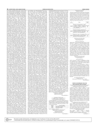 36 – sexta-feira, 10 de Junho de 2022	Diário do Executivo	 Minas Gerais
Fab.:1997 Prop.: Jose Santana Goncalves Santos / Placa: CDU9169
Chassi: 9BGJK11YJHB001146 Marca/Modelo: GM/MONZA SL/E
2.0 Ano Fab.:1987 Prop.: Jair Paz Siqueira Filho / Placa: DPK5768
Chassi: 9CDNF41LJ7M057323 Marca/Modelo: JTA/SUZUKI EN125
YES Ano Fab.:2006 Prop.: Edvan Bispo Andre / Placa: DWK4594
Chassi: 9BGRX08908G102218 Marca/Modelo: GM/CELTA 2P
SPIRIT Ano Fab.:2007 Prop.: Jose Francisco Sorg OliveiraAymore
Cred Fin Inv Sa / Placa: HIN6551 Chassi: 95VCA1B288M003573
Marca/Modelo: DAFRA/SPEED 150 Ano Fab.:2008 Prop.: Walisson
Pereira Da Silva / Placa: GVC2178 Chassi: 9C2JC250WVR026278
Marca/Modelo: HONDA/CG 125 TITAN Ano Fab.:1997 Prop.:
Silvanio Januario Fonseca / Placa: DKP8442 Chassi:
9BD15802544532936 Marca/Modelo: FIAT/UNO MILLE FIRE Ano
Fab.:2003 Prop.: Daniel Xavier / Placa: DLK5429 Chassi:
9C2KC08205R806565 Marca/Modelo: HONDA/CG 150 TITAN ESD
Ano Fab.:2004 Prop.: Luiz Gustavo Sales Galvao Pereira / Placa:
DJU0231 Chassi: 9C2KC08104R810459 Marca/Modelo: HONDA/CG
150 TITAN KS Ano Fab.:2004 Prop.: Luana Loureiro Alves / Placa:
HJM5287 Chassi: 95VCA1G288M020822 Marca/Modelo: DAFRA/
SPEED 150 Ano Fab.:2008 Prop.: Hugo Ricardo Rabelo Dos
SantosBancoItaucardSa/Placa:HIL1429Chassi:9C2JC4110AR685332
Marca/Modelo: HONDA/CG 125 FAN KS Ano Fab.:2010 Prop.:
Emanoel Borges NevesCifra Sa Financ Investimento / Placa: GSQ5428
Chassi: 9C2JD170WWR018783 Marca/Modelo: HONDA/XLR 125
Ano Fab.:1998 Prop.: Jose Luiz Ferreira / Placa: GVN0945 Chassi:
9C2JC2500XR133147 Marca/Modelo: HONDA/CG 125 TITAN Ano
Fab.:1999 Prop.: Everaldo Liandro Cardoso / Placa: GYT1173 Chassi:
9C6KE010020063148 Marca/Modelo: YAMAHA/YBR 125E Ano
Fab.:2002 Prop.: Marlon Batista De OliveiraDn Motos Ltda / Placa:
HBT7423 Chassi: 9C2KC08105R010609 Marca/Modelo: HONDA/
CG 150 TITAN KS Ano Fab.:2004 Prop.: Agnaldo Caldeira De
SouzaBanco Finasa SaRogerio Pereira Porto / Placa: GZI2846 Chassi:
9BGRD08Z01G176494 Marca/Modelo: GM/CELTA Ano Fab.:2001
Prop.: Adelson Bruno R Pereira / Placa: HBF1808 Chassi:
9C6KE090060010988 Marca/Modelo: YAMAHA/YBR 125ED Ano
Fab.:2006 Prop.: Divino Rodrigues Dos Santos / Placa: GYT1126
Chassi: 9C2JC30213R634065 Marca/Modelo: HONDA/CG 125
TITAN KSE Ano Fab.:2003 Prop.: Leonidas Rocha Baldaia / Placa:
GRV6371 Chassi: 9BD178016V0220502 Marca/Modelo: FIAT/PALIO
EDAno Fab.:1997 Prop.: Maria De Lurdes F Miranda / Placa: GQJ7719
Chassi: 9C2JC250WVR008304 Marca/Modelo: HONDA/CG 125
TITAN Ano Fab.:1997 Prop.: Modad Pereira Gomes / Placa: HKB3815
Chassi: 9C2KD03208R038308 Marca/Modelo: HONDA/NXR150
BROS KS Ano Fab.:2008 Prop.: Banco Panamericano Sa / Placa:
GVC2684 Chassi: 9C2JC250VVR225999 Marca/Modelo: HONDA/
CG 125 TITANAno Fab.:1997 Prop.: Divino Helio Ferreira Dos Santos
/ Placa: GXO7411 Chassi: 9BWZZZ374YT135913 Marca/Modelo:
VW/PARATI 1.6 Ano Fab.:2000 Prop.: Adim Alves De Souza / Placa:
GVC3348 Chassi: 9C2JC250WVR034385 Marca/Modelo: HONDA/
CG 125 TITAN Ano Fab.:1997 Prop.: Malucio Andre Goncalves /
Placa: GVD4201 Chassi: 9C2JC250WVR069191 Marca/Modelo:
HONDA/CG 125 TITAN Ano Fab.:1997 Prop.: Jose Rubens Neres /
Placa: HDC0826 Chassi: 9C2KC08106R912021 Marca/Modelo:
HONDA/CG 150 TITAN KS Ano Fab.:2006 Prop.: Jonhny Alves De
Lima / Placa: PXT9675 Chassi: 9C2JC4830GR008707 Marca/Modelo:
HONDA/BIZ 125 Ano Fab.:2016 Prop.: Luiz Costa Dos Santos / Placa:
JEG8446 Chassi: 9BGJG69RSSB040561 Marca/Modelo: GM/
MONZA GL Ano Fab.:1995 Prop.: Joaquim Adalto Dias NetoCifra Sa
Financ InvestimentoJoaquim Adalto Dias Neto / Placa: HGQ2755
Chassi: 9C2HB02107R066228 Marca/Modelo: HONDA/POP100 Ano
Fab.:2007 Prop.: Charles Romildo Goncalves / Placa: HDE4238
Chassi: 9C2KC08106R024708 Marca/Modelo: HONDA/CG 150
TITAN KS Ano Fab.:2005 Prop.: Fernando Fredson R Souza / Placa:
DJK4195 Chassi: 9C6KG014040002929 Marca/Modelo: YAMAHA/
XT 225Ano Fab.:2004 Prop.: LuizAilton De Oliveira / Placa: BYS4606
Chassi: 9C2KD03308R018131 Marca/Modelo: HONDA/NXR150
BROS ES Ano Fab.:2007 Prop.: Cicero Andre Silva De Oliveira /
Placa: HDY4686 Chassi: 9C2JC30706R895051 Marca/Modelo:
HONDA/CG 125 FAN Ano Fab.:2006 Prop.: Elimar Pereira Bispo /
Placa: ESC5956 Chassi: 9C2KC1670CR446813 Marca/Modelo:
HONDA/CG 150 FAN ESI Ano Fab.:2011 Prop.: Clayton Luiz Tofanin
Gomes / Chassi: 9C2KC08108R295305 Marca/Modelo: - Ano
Fab.:2008Thiago Duarte Gomes Dos Santos / Placa: GYN6159 Chassi:
9C2JC3010YR027586 Marca/Modelo: HONDA/CG 125 TITAN KS
Ano Fab.:2000 Prop.: Celson Dias Pereira / Placa: HBK4713 Chassi:
9C2JC4110BR797264 Marca/Modelo: HONDA/CG 125 FAN KS Ano
Fab.:2011 Prop.: Andre Reis Felix De LimaBv Financeira S.a Credito
Fin.inv. / Placa: DVY6977 Chassi: 9C2JC30707R163107 Marca/
Modelo: HONDA/CG 125 FAN Ano Fab.:2007 Prop.: Sandra Cristina
Dos Santos / Placa: CVQ1963 Chassi: 9C2JC30103R810294 Marca/
Modelo: HONDA/CG 125 TITAN KS Ano Fab.:2003 Prop.: Edwiges
De Fatima Dos S Oliveira / Placa: HDI2144 Chassi:
9C2KC1670BR622125 Marca/Modelo: HONDA/CG 150 FAN ESI
Ano Fab.:2011 Prop.: Francisco Tauan De Lima / Placa: EWD4156
Chassi: 9C2JC4110BR827344 Marca/Modelo: HONDA/CG 125 FAN
KS Ano Fab.:2011 Prop.: Aline Cristina Bento / Placa: EHD5367
Chassi: 9C6KE120090004626 Marca/Modelo: YAMAHA/FACTOR
YBR125 ED Ano Fab.:2008 Prop.: Ismael Benedito Correa / Placa:
LPD8351 Chassi: 9C2JC30708R551371 Marca/Modelo: HONDA/CG
125 FAN Ano Fab.:2008 Prop.: Rogerio Garcia De Aguiar / Placa:
DKG0017 Chassi: 9BFZF10B248194685 Marca/Modelo: FORD/
FIESTA Ano Fab.:2004 Prop.: Francisco Aparecido Homem / Placa:
CMZ6676 Chassi: 9C2JD1700YR017625 Marca/Modelo: HONDA/
XLR 125 Ano Fab.:2000 Prop.: Marcelo Daniel Mingroni / Placa:
GYK1485 Chassi: 9C2JC3010YR046089 Marca/Modelo: HONDA/
CG 125 TITAN KS Ano Fab.:2000 Prop.: Pedro Cardoso Dos Santos /
Placa: HAJ5441 Chassi: 9C2JC30103R210878 Marca/Modelo:
HONDA/CG 125 TITAN KS Ano Fab.:2003 Prop.: Anicael Dias Dos
Santos / Placa: GNS5324 Chassi: 9BD146000R5152453 Marca/
Modelo: FIAT/UNO ELECTRONIC Ano Fab.:1994 Prop.: Cosminho
Goncalves Pereira / Placa: GVW5478 Chassi: 9BD255044V8546270
Marca/Modelo: FIAT/FIORINO IE Ano Fab.:1997 Prop.: Edvaldo Dias
Da Silva / Placa: GZY0819 Chassi: 9C6KE013020022765 Marca/
Modelo: YAMAHA/YBR 125K Ano Fab.:2002 Prop.: Jose Miguel
Rocha Da CruzCoop C R Norte De Minas Ltda CredinorJose Miguel
Rocha Da Cruz / Placa: HOK3943 Chassi: 9C2KC1670CR539657
Marca/Modelo: HONDA/CG 150 FAN ESI Ano Fab.:2012 Prop.:
Divina Paulino De Arruda / Placa: GWG3498 Chassi:
9C2JC3010YR134249 Marca/Modelo: HONDA/CG 125 TITAN KS
Ano Fab.:2000 Prop.: Antonio Pereira Dos Santos / Placa: HEG5178
Chassi: 9C6KE092070094570 Marca/Modelo: YAMAHA/YBR 125K
Ano Fab.:2007 Prop.: Maria De Fatima P De AlmeidaMotoshow Ltda /
Placa: HFL5657 Chassi: 9C2JA04107R018516 Marca/Modelo:
HONDA/BIZ 125 KS Ano Fab.:2006 Prop.: Janser Faria Souza / Placa:
OPL9425 Chassi: 9C2JC4110CR326065 Marca/Modelo: HONDA/CG
125 FAN KS Ano Fab.:2012 Prop.: Joaquim Esteves Da Silva Filho /
Placa: GXX5689 Chassi: 9C2JC3020YR010503 Marca/Modelo:
HONDA/CG 125 TITAN ES Ano Fab.:2000 Prop.: Eliani Pereira Dos
Santos / Placa: HJH7295 Chassi: 9C2KC08108R303919 Marca/
Modelo: HONDA/CG 150 TITAN KS Ano Fab.:2008 Prop.: Jefferson
Matheus S. Ferreira / Placa: HCB4797 Chassi: 9C2KC08105R143695
Marca/Modelo: HONDA/CG 150 TITAN KS Ano Fab.:2005 Prop.:
Tiago Silva Ruas / Placa: DWN6015 Chassi: 9BGTD75W08C145495
Marca/Modelo: GM/ZAFIRA EXPRESSION Ano Fab.:2007 Prop.:
Ernandes Ferreira Da Silva / Placa: HDX8197 Chassi:
9C6KE092060047651 Marca/Modelo: YAMAHA/YBR 125K Ano
Fab.:2006 Prop.: Pedro Pereira Dos Reis / Placa: IDR3246 Chassi:
9BD146090S5567956 Marca/Modelo: FIAT/UNO ELECTRONIC
Ano Fab.:1995 Prop.: Tarcisio Ribeiro Borges / Placa: NKV3684
Chassi: 9C2KC08108R244536 Marca/Modelo: HONDA/CG 150
TITAN KS Ano Fab.:2008 Prop.: Luciano Borges Nunes / Placa:
GZY2399 Chassi: 9C6KE043030002434 Marca/Modelo: YAMAHA/
YBR 125E Ano Fab.:2002 Prop.: Adailton Osmar Veloso / Placa:
GYH1195 Chassi: 9C2JC2500XR187799 Marca/Modelo: HONDA/
CG 125 TITAN Ano Fab.:1999 Prop.: Erika Ferreira TavaresCons.nac.
honda / Placa: DVU2728 Chassi: 9C2MD34008R021359 Marca/
Modelo: HONDA/XR 250 TORNADO Ano Fab.:2008 Prop.: Alex
Guedes De Oliveira E SilvaBv Financeira S A C F I / Placa: HEG5547
Chassi: 9C2JC30708R018073 Marca/Modelo: HONDA/CG 125 FAN
Ano Fab.:2007 Prop.: Jairo Augusto OliveiraBv Financeira S A C F I /
Placa: CWW6906 Chassi: 9C2KC08106R901868 Marca/Modelo:
HONDA/CG 150 TITAN KS Ano Fab.:2006 Prop.: Michel Juliano
Ilario / Placa: EHA7256 Chassi: 9C2KC1620AR010639 Marca/
Modelo: HONDA/CG150 TITAN MIX ES Ano Fab.:2009 Prop.:
Santhiago Ribeiro De Assis / Placa: GSR8426 Chassi:
9C2JC250WWR214015 Marca/Modelo: HONDA/CG 125 TITAN
Ano Fab.:1998 Prop.: Priscila Gacielle T. Costa / Placa: HCB4611
Chassi: 9C2KC08105R128692 Marca/Modelo: HONDA/CG 150
TITAN KS Ano Fab.:2005 Prop.: Teodoro Augusto Dos Santos / Placa:
GTV2582 Chassi: 9BD146000S5537529 Marca/Modelo: FIAT/UNO
ELECTRONIC Ano Fab.:1995 Prop.: Julie Marden Soares Dos Santos
/ Placa: EXF3457 Chassi: 9C2JC30707R006774 Marca/Modelo:
HONDA/CG 125 FAN Ano Fab.:2006 Prop.: Cleber Rodrigues Rocha
/ Placa: GZL3647 Chassi: 9C6KE013020019123 Marca/Modelo:
YAMAHA/YBR 125K Ano Fab.:2002 Prop.: Jose Nilton Joaquim
SimaoBanco Panamericano S AMaria Vera Diniz / Placa: GOD9089
Chassi: 9C2JC1801KR402408 Marca/Modelo: HONDA/CG 125
TODAYAno Fab.:1989 Prop.: Gilberto Jose Pereira / Placa: KOR1863
Chassi: 9C2JC30305R000173 Marca/Modelo: HONDA/CG 125
CARGO Ano Fab.:2005 Prop.: Schincariol Logistica E Distribuicao
Ltd / Placa: DOP0261 Chassi: 9C2JC30705R067758 Marca/Modelo:
HONDA/CG 125 FAN Ano Fab.:2005 Prop.: Olavo Bispo Dos Santos
/ Placa: HBB0245 Chassi: 9C2JC30104R075988 Marca/Modelo:
HONDA/CG 125 TITAN KS Ano Fab.:2003 Prop.: Valdivino
Aparecido Oliveira / Placa: HHQ4267 Chassi: 9C2JC30708R077163
Marca/Modelo: HONDA/CG 125 FANAno Fab.:2007 Prop.: Euvaldino
Gomes Da Silva / Placa: GZZ4861 Chassi: 9C2HA07104R001719
Marca/Modelo: HONDA/C100 BIZ ES Ano Fab.:2003 Prop.: Ericton
Clepton FernandesCarmo Motos Ltda / Placa: GSR8229 Chassi:
9C2JC250WWR182014 Marca/Modelo: HONDA/CG 125 TITAN
Ano Fab.:1998 Prop.: Jose Pereira Dos Santos / Placa: DJT4449 Chassi:
9C2KC08505R800224 Marca/Modelo: HONDA/CG 150 TITAN ES
Ano Fab.:2004 Prop.: Delcy Rosa Dos Santos / Placa: CDO9521
Chassi: 9C2JC4120AR083508 Marca/Modelo: HONDA/CG 125 FAN
ES Ano Fab.:2010 Prop.: Josefa Ana Pereira / Placa: GKZ8560 Chassi:
9BFZZZ54ZRB536597 Marca/Modelo: FORD/ESCORT HOBBYAno
Fab.:1994 Prop.: Delmo Souza De Siqueira / Placa: KEC0121 Chassi:
9C2JC30101R057424 Marca/Modelo: HONDA/CG 125 TITAN KS
Ano Fab.:2000 Prop.: Alexsandro Lima SantosBanco Panamericano /
Placa: GVY5946 Chassi: 9C2JC250VTR055473 Marca/Modelo:
HONDA/CG 125 TITAN Ano Fab.:1996 Prop.: Adao Campos Da Silva
/ Placa: GOQ7126 Chassi: 9C2JC2501SRS81865 Marca/Modelo:
HONDA/CG 125 TITAN Ano Fab.:1995 Prop.: Elias Marcelo De
Almeida / Placa: HDP9581 Chassi: 9C2KC08108R049560 Marca/
Modelo: HONDA/CG 150 TITAN KS Ano Fab.:2007 Prop.: Elias
Pereira Dos SantosBanco Finasa Sa / Placa: BIO2813 Chassi:
9BGJK69TKKB077989 Marca/Modelo: GM/MONZA SL/E 2.0 Ano
Fab.:1989 Prop.: Noel Damazio Dias / Placa: HAU0199 Chassi:
9C2JC30103R184595 Marca/Modelo: HONDA/CG 125 TITAN KS
Ano Fab.:2003 Prop.: Pedrina Soares Dias / Placa: QQB0B81 Chassi:
9BD5781FFKY313385 Marca/Modelo: FIAT/STRADA HD WK CC E
Ano Fab.:2019 Prop.: Gentil Vaz Dos Santos Junior / Placa: NTF2757
Chassi: 9C6KE1220A0116753 Marca/Modelo: YAMAHA/FACTOR
YBR125 K Ano Fab.:2010 Prop.: Natalicio Lopes De Arujo / Placa:
CZS0111 Chassi: 9C6KE0100Y0008064 Marca/Modelo: YAMAHA/
YBR 125E Ano Fab.:2000 Prop.: Leonardo Pereira Dos Santos / Placa:
GWN0720 Chassi: 9C2JC30101R036686 Marca/Modelo: HONDA/
CG 125 TITAN KS Ano Fab.:2000 Prop.: Marcos Antonio Da
SilvaBanco Panamericano S AMarleide Teixeira Costa / Placa:
HGQ2860 Chassi: 9C6KE092070117780 Marca/Modelo: YAMAHA/
YBR 125K Ano Fab.:2007 Prop.: Julio Cesar Rocha De JesusBanco
Panamericano S A / Placa: GSL9824 Chassi: 9C2JC3020YR002857
Marca/Modelo: HONDA/CG 125 TITAN ES Ano Fab.:1999 Prop.:
Rofalo Leonardo F.da Silva / Placa: EXH8244 Chassi:
9C6KG0460D0079970 Marca/Modelo: YAMAHA/FAZER YS250
Ano Fab.:2012 Prop.: Ilvison Jackson De SouzaAymore Cred. Finan. E
Invest. S.a / Placa: HDP8226 Chassi: 9C2KC08108R112349 Marca/
Modelo: HONDA/CG 150 TITAN KS Ano Fab.:2008 Prop.: Daniel
Vieira Batista Alves / Placa: GQB1314 Chassi: 9BFZZZ54ZPB428850
Marca/Modelo: FORD/ESCORT 1.0 HOBBY Ano Fab.:1993 Prop.:
AdaoVelosoDeSousa/Placa:HBX9846Chassi:9C6KE093060001688
Marca/Modelo: YAMAHA/XTZ 125E Ano Fab.:2006 Prop.: Edinaldo
Pereira Da Silva / Placa: GTP3181 Chassi: 9BFZZZFHAVB142520
Marca/Modelo: FORD/FIESTAAno Fab.:1997 Prop.:Antonio Emerson
Lopes Camara / Placa: GYN6717 Chassi: 9C6KE010020046186
Marca/Modelo: YAMAHA/YBR 125E Ano Fab.:2001 Prop.: Djalma
Marcos Miranda / Placa: GRU3168 Chassi: 9C2JC250TTR044924
Marca/Modelo: HONDA/CG 125 TITAN Ano Fab.:1996 Prop.: Jose
Dos Reis Ribeiro / Placa: GPA9757 Chassi: 9BGKS08GRPC329897
Marca/Modelo: GM/KADETT GLS Ano Fab.:1993 Prop.: Tiago
Henrique De Lima / Placa: HDP6334 Chassi: 9C6KE092060004626
Marca/Modelo: YAMAHA/YBR 125K Ano Fab.:2005 Prop.: Carlos
Alexandre S Ribeiro / Placa: GVA2424 Chassi: 9C2JC30103R026965
Marca/Modelo: HONDA/CG 125 TITAN KS Ano Fab.:2002 Prop.:
Nelson Ferreira Pimentel / Placa: GSS2031 Chassi:
9C2JC1801LR524454 Marca/Modelo: HONDA/CG 125 TODAY Ano
Fab.:1990 Prop.: David Coelho Dos Santos / Placa: DVU2186 Chassi:
9C2JC30707R129226 Marca/Modelo: HONDA/CG 125 FAN Ano
Fab.:2007 Prop.: Gilberia Maria Da Silva / Placa: HTH9448 Chassi:
9C2JC4110AR510285 Marca/Modelo: HONDA/CG 125 FAN KS Ano
Fab.:2009 Prop.: Cristiane Carneiro Da Silva / Placa: HHQ5324 Chassi:
9C2JC30708R068264 Marca/Modelo: HONDA/CG 125 FAN Ano
Fab.:2007 Prop.: Marcos Martins VieiraBv Financeira S A C F I / Placa:
DBD1187 Chassi: 9C2JC3010YR137591 Marca/Modelo: HONDA/
CG 125 TITAN KS Ano Fab.:2000 Prop.: Airton Vicente / Placa:
GWU7554 Chassi: 9C2JC250WWR181244 Marca/Modelo: HONDA/
CG 125 TITAN Ano Fab.:1998 Prop.: Alcidio Horacio Dos Santos /
Placa: PUJ7566 Chassi: 9C6KE1250E0036836 Marca/Modelo:
YAMAHA/XTZ 125E Ano Fab.:2013 Prop.: Marlon Marcos Da Silva
Gomes / Placa: GWU8575 Chassi: 9C2JD170WWR016279 Marca/
Modelo: HONDA/XLR 125 Ano Fab.:1998 Prop.: Joao Luiz Dos Reis
/ Placa: CAS8558 Chassi: ZFA160000S5134373 Marca/Modelo: IMP/
FIAT TIPO 1.6IE Ano Fab.:1995 Prop.: Thiago Barbosa Lima / Placa:
GXN9854 Chassi: 9C2JC250XWR060876 Marca/Modelo: HONDA/
CG 125 TITAN Ano Fab.:1998 Prop.: Jose Dias Moreira / Placa:
HMX8660 Chassi: 9C6KE1200A0047597 Marca/Modelo: YAMAHA/
FACTOR YBR125 ED Ano Fab.:2009 Prop.: Dyego Ramon Ataide
SilvaDn Administradora De Consorcios LtdaDiego Ramon Ataide
Silva / Placa: GRL5476 Chassi: 9C2JC2501SRS37173 Marca/Modelo:
HONDA/CG 125 TITAN Ano Fab.:1995 Prop.: Deusdete Teodoro
Moreira / Placa: GYT3006 Chassi: 9C6KE010010024498 Marca/
Modelo: YAMAHA/YBR 125E Ano Fab.:2000 Prop.: Delaizo Ferreira
Fraga / Placa: GSU3058 Chassi: 9C6KE044030027670 Marca/Modelo:
YAMAHA/YBR 125K Ano Fab.:2003 Prop.: Roger Castaldi Canassia
/ Placa: GVC2884 Chassi: 9C2JC250WVR057240 Marca/Modelo:
HONDA/CG 125 TITAN Ano Fab.:1997 Prop.: Elias Farias / Placa:
HBF1312 Chassi: 9C6KE044040063232 Marca/Modelo: YAMAHA/
YBR 125K Ano Fab.:2004 Prop.: Antonio Joaquim Dos Santos / Placa:
GVZ8999 Chassi: 9C2JC30101R188226 Marca/Modelo: HONDA/CG
125 TITAN KSAno Fab.:2001 Prop.: CarlosAlberto Soares Dos Santos
/ Placa: HKL2344 Chassi: 9C2JC4110BR409929 Marca/Modelo:
HONDA/CG 125 FAN KS Ano Fab.:2010 Prop.: Marcos Felipe Dos S.
GoncalvesBv Financeira S.a Credito Fin.inv. / Placa: GVN0676 Chassi:
9C2MC270XWR002463 Marca/Modelo: HONDA/CBX 200 STRADA
Ano Fab.:1998 Prop.: Jose Fabricio Silva / Placa: GZY1388 Chassi:
9C6KE010020061122 Marca/Modelo: YAMAHA/YBR 125E Ano
Fab.:2002 Prop.: Jailson Pereira De SouzaBco.do Brasil / Placa:
GYD0607 Chassi: 9C2JC30212R519601 Marca/Modelo: HONDA/CG
125 TITAN KSE Ano Fab.:2002 Prop.: Jose Aroldo Pinto Damasceno /
Placa: GVC2881 Chassi: 9C2JC250WWR087595 Marca/Modelo:
HONDA/CG 125 TITAN Ano Fab.:1998 Prop.: Sebastiao Geraldo
Soares / Placa: HLK3181 Chassi: 9C2KC1670BR524998 Marca/
Modelo: HONDA/CG 150 FAN ESI Ano Fab.:2011 Prop.: Jean Carlos
Santos Prates / Placa: HKS8794 Chassi: 9C2JC41109R073942 Marca/
Modelo: HONDA/CG 125 FAN KS Ano Fab.:2009 Prop.: Genesio
Francisco Martins NetoBanco Itaucard Sa / Placa: GYT1064 Chassi:
9C6KE010020061667 Marca/Modelo: YAMAHA/YBR 125E Ano
Fab.:2002 Prop.: Matusalem Alves De Sousa / Placa: GYT1353 Chassi:
9C6KE038050028014 Marca/Modelo: YAMAHA/XTZ 125K Ano
Fab.:2005 Prop.: Geraldo Bispo Da SilvaDn Motos Ltda / Placa:
HCT5693 Chassi: 9C2KC08106R951341 Marca/Modelo: HONDA/
CG 150 TITAN KS Ano Fab.:2006 Prop.: Bruno Da Silva Teixeira /
Placa: HIN5345 Chassi: 9C2JC30708R500789 Marca/Modelo:
HONDA/CG 125 FAN Ano Fab.:2008 Prop.: Farley Teixeira Costa /
Placa: DOU7639 Chassi: 9C6KE037050040268 Marca/Modelo:
YAMAHA/XTZ 125E Ano Fab.:2005 Prop.: Alexsandro Alves Sobral /
Placa: GYA3558 Chassi: 9BWZZZ377YP023654 Marca/Modelo: VW/
GOL SPECIAL Ano Fab.:1999 Prop.: Estanislau Cordeiro Junior /
Placa: CZT6081 Chassi: 9C2HA0700XR041777 Marca/Modelo:
HONDA/C100 BIZ Ano Fab.:1999 Prop.: Milton Ferreira Pessoa /
Chassi: 9C2JC4110BR305586 Marca/Modelo: -Ano Fab.:2010Ricardo
Augusto Barroso De Castro / Placa: HBK4614 Chassi:
9C2JC4110BR789478 Marca/Modelo: HONDA/CG 125 FAN KS Ano
Fab.:2011 Prop.: Renato Da Luz Ferreira Silva / Placa: HBP0624
Chassi: 9C6KE037050040089 Marca/Modelo: YAMAHA/XTZ 125E
Ano Fab.:2005 Prop.: Luiz Damasceno LobatoDn Motos Ltda / Placa:
GYE3710 Chassi: 9C2JC30102R204278 Marca/Modelo: HONDA/CG
125 TITAN KS Ano Fab.:2002 Prop.: Zilmar Pereira De Souza / Placa:
GQW1456 Chassi: CG1251064329 Marca/Modelo: HONDA/CG 125
Ano Fab.:1979 Prop.: Juvenal Medeiros Santos / Placa: HCZ6204
Chassi: 9C2KC08106R962040 Marca/Modelo: HONDA/CG 150
TITAN KS Ano Fab.:2006 Prop.: Antonio Carlos Ferreira Aquino /
Placa: HIQ5702 Chassi: 9C2KC08108R296281 Marca/Modelo:
HONDA/CG 150 TITAN KS Ano Fab.:2008 Prop.: Antonio Carlos
LemesBv Financeira S.a Credito Fin.inv.Antonio Carlos Lemes / Placa:
ESI4715 Chassi: 9C2JC4120BR716184 Marca/Modelo: HONDA/CG
125 FAN ES Ano Fab.:2011 Prop.: Cleiton Luis BelarminaBv Financ
Sa C F I / Placa: HGW8298 Chassi: 9C2JC30102R195288 Marca/
Modelo: HONDA/CG 125 TITAN KS Ano Fab.:2002 Prop.: Antonio
Edson Alves / Placa: DVH4931 Chassi: 9C2JC30708R036718 Marca/
Modelo: HONDA/CG 125 FAN Ano Fab.:2007 Prop.: Cifra Sa Credito
Financiamento E Investi / Placa: HLV8506 Chassi:
9C2KC1550AR017812 Marca/Modelo: HONDA/CG 150 FAN ESI
Ano Fab.:2009 Prop.: Maria Da Paichao Santos Oliveira / Placa:
JYH5963 Chassi: 9BWZZZ327TP002256 Marca/Modelo: VW/
SANTANA CL 1800 I Ano Fab.:1996 Prop.: Jose Tadeu Cardoso /
Placa: OQE0019 Chassi: 9C2JC4110DR423932 Marca/Modelo:
HONDA/CG 125 FAN KS Ano Fab.:2013 Prop.: Huendel Aguirri
CostaBanco Itaucard S/a / Placa: GYT1025 Chassi:
9C2JC30101R186185 Marca/Modelo: HONDA/CG 125 TITAN KS
Ano Fab.:2001 Prop.: Josiel Avelino Bicalho / Placa: JKT3213 Chassi:
9BWZZZ30ZPT071285 Marca/Modelo:VW/GOL1000Ano Fab.:1993
Prop.: Continental Banco S/a / Placa: HKG9728 Chassi:
9C2JC4120AR068105 Marca/Modelo: HONDA/CG 125 FAN ES Ano
Fab.:2010 Prop.: Juan Fagner De Moura Souza / Placa: HNF4228
Chassi: 9C2JC4110AR692894 Marca/Modelo: HONDA/CG 125 FAN
KS Ano Fab.:2010 Prop.: Davidson Karlo Saraiva Pinheiro / Placa:
HBT6417 Chassi: 9C2KC08105R047696 Marca/Modelo: HONDA/
CG 150 TITAN KS Ano Fab.:2004 Prop.: Bruno Alexandre Alves
Amorim / Placa: GYT1238 Chassi: 9C2KC08105R090375 Marca/
Modelo: HONDA/CG 150 TITAN KS Ano Fab.:2005 Prop.: Ivonete
Caetano Dos SantosConsorcio Nacional Honda LtdaMeire Daniela
Santos Brito / Placa: DJI5164 Chassi: 9C2JD20103R010135 Marca/
Modelo: HONDA/NXR125 BROS KS Ano Fab.:2003 Prop.: Maria
Anunciada B De Oliveira / Placa: GVD1420 Chassi:
9C2JC250TTR029929 Marca/Modelo: HONDA/CG 125 TITAN Ano
Fab.:1996 Prop.: Simone Santos Barbosa / Placa: HAH4038 Chassi:
9C2HA07103R003296 Marca/Modelo: HONDA/C100 BIZ ES Ano
Fab.:2002 Prop.: Consuelo Aparecida Barbosa Brito / Placa: PWC9762
Chassi: 9CDNG4AAJGM209613 Marca/Modelo: JTA-SUZUKI/
GSR150I Ano Fab.:2015 Prop.: Vinicius Rodrigues / Placa: BVK2356
Chassi: CG125BR1500315 Marca/Modelo: HONDA/CG 125 Ano
Fab.:1986 Prop.: Elias Arruda Santos / Placa: GZZ4058 Chassi:
9C2JC30101R253816 Marca/Modelo: HONDA/CG 125 TITAN KS
Ano Fab.:2001 Prop.: Josimar Lourenco De Souza / Placa: HHQ7558
Chassi: 9C6KE091080057530 Marca/Modelo: YAMAHA/YBR 125E
Ano Fab.:2008 Prop.: Ronaldo Jose VieiraBanco Itaucard Sa / Placa:
HFM6884 Chassi: 9C2JC41109R079426 Marca/Modelo: HONDA/CG
125 FAN KS Ano Fab.:2009 Prop.: Leonardo Dos Santos ParisCifra Sa
Financ Investimento / Placa: AFE3869 Chassi: 9BD146000S5424038
Marca/Modelo: FIAT/UNO ELECTRONIC Ano Fab.:1995 Prop.:
Rosinei Da Silva Cantuario / Placa: ERZ6516 Chassi:
9BFZC52P7BB901837 Marca/Modelo: FORD/COURIER L 1.6 FLEX
Ano Fab.:2010 Prop.: Dl3 Construcao E Incorporacao Ltda Epp / Placa:
GYU1021 Chassi: 9C2JC2500YR059299 Marca/Modelo: HONDA/
CG 125 TITAN Ano Fab.:1999 Prop.: Djalma Soares Da Silva / Placa:
GOF7774 Chassi: CG125BR1428599 Marca/Modelo: HONDA/CG
125 Ano Fab.:1985 Prop.: Rodevaldo Silva Alves / Placa: HHI9108
Chassi: LAAAJKJG680000200 Marca/Modelo: I/TRAXX JH125 L
Ano Fab.:2008 Prop.: Edimar Ferreira Dos Santos / Placa: GNX9253
Chassi: 9C2JC1801MR221641 Marca/Modelo: HONDA/CG 125
TODAY Ano Fab.:1991 Prop.: Paulo Sergio Battisti / Placa: GQJ4155
Chassi: 9C2JC250VVR108976 Marca/Modelo: HONDA/CG 125
TITAN Ano Fab.:1997 Prop.: Helionai Lopes Da Silva / Placa:
HCB2021 Chassi: 9C2KC08105R014163 Marca/Modelo: HONDA/
CG 150 TITAN KS Ano Fab.:2004 Prop.: Antonio Carlos Ferreira Da
Silva / Placa: HAC2840 Chassi: 9C2KC08104R023790 Marca/Modelo:
HONDA/CG 150 TITAN KS Ano Fab.:2004 Prop.: Adineis Antunes
Da Silva / Placa: HJM5469 Chassi: 95VAC1E288M007774 Marca/
Modelo: DAFRA/SUPER 100 Ano Fab.:2008 Prop.: Carlos Antonio
Pereira CamposBv Financeira S A C F I / Placa: HKG6229 Chassi:
95VCA1E288M009852 Marca/Modelo: DAFRA/SPEED 150 Ano
Fab.:2008 Prop.: Leonardo Bessa Fabricante Da Silva / Placa:
HDY3421 Chassi: 9CDNF41LJ7M041838 Marca/Modelo: JTA/
SUZUKI EN125 YES Ano Fab.:2006 Prop.: Marcos Daniel Batista
Pereira / Placa: HCZ6864 Chassi: 9C2KC08507R025013 Marca/
Modelo: HONDA/CG 150 TITAN ES Ano Fab.:2006 Prop.: Arnaldo
Alves De Almeida J / Placa: GRL9721 Chassi: 9C2JA0101JR104222
Marca/Modelo: HONDA/CG 125 CARGO Ano Fab.:1988 Prop.:
Vanderleia Monica Da Silva / Placa: GOQ6506 Chassi:
9C2JC2501SRS69303 Marca/Modelo: HONDA/CG 125 TITAN Ano
Fab.:1995 Prop.: Jose Ildeu Pereira De Freitas / Placa: GVN1167
Chassi: 9C2JC2500XR144223 Marca/Modelo: HONDA/CG 125
TITAN Ano Fab.:1999 Prop.: Jose Natalino Do Rosario Pereira / Placa:
HKG8513 Chassi: 95VCA1B599M005410 Marca/Modelo: DAFRA/
SPEED 150 Ano Fab.:2009 Prop.: Edvaldo Batista Siqueira /
Belo Horizonte, 27 de Maio de 2022
EURICO DA CUNHA NETO
DIRETOR DO DETRAN/MG
611 cm -09 1647146 - 1
ACADEMIA DE POLÍCIA CIVIL
CONCURSO PÚBLICO - PROVIMENTO 2021/1
MÉDICO LEGISTA – EDITAL 02/21
Portaria Nº 405/DRS/ACADEPOL/PCMG/2022
A Comissão Organizadora, no uso de suas atribuições legais, nos
termos do Edital 02/21 do Concurso Público para o cargo de Médico
Legista, torna pública a decisão judicial exarada nos autos do processo
nº 5048978-42-2022.8.13.0024, que julgou improcedentes os pedidos
de ingresso pleiteados pelos candidatos abaixo relacionados e tornou
sem efeito a tutela antecipada.
Inscrição Nome do Candidato
100064 Bruno Monteiro Cunha dos Santos
100209 Carlos Roberto Benedicto
101662 Daniel Barreto Andrade
Registre-se. Publique-se. Cumpra-se.
Academia de Polícia Civil de Minas Gerais, em
Belo Horizonte, aos 9 de junho de 2022.
Cinara Maria Moreira Liberal
Delegada-Geral de Polícia
Presidente da Comissão de Concurso
5 cm -09 1647192 - 1
EXTRATOS DE CONTRATOS
AVISO DE LICITAÇÃO
A Diretoria de Aquisições/PCMG torna público para conhecimento dos
interessados, que serão realizados processos licitatórios, na modalidade
de Pregão Eletrônico, nos dias e horários abaixo discriminados. A
íntegra dos editais poderá ser obtida através de solicitação por escrito
à Diretoria de Aquisições (DA), situada no Prédio Minas da Cidade
Administrativa, na Rodovia Papa João Paulo II, nº 4.143, Bairro
Serra Verde/4º andar – Belo Horizonte/MG, ou pela internet, através
do site www.compras.mg.gov.br. Para acesso ao sistema eletrônico,
os interessados deverão credenciar-se pelo mesmo site. Maiores
informações através dos telefones: (31)3915-7104; (31)3915-7132;
(31)3915-7133; (31)3915-7105; (31)3915-7234.
Nº
Processo
Objeto
Data da
Sessão
1511189
67/2022
Prestação de serviçosmanutenção e reparos
em estação de tratamento de água -limpeza
e desinfecção, destinados a atender às
necessidades do Instituto de Identificação
e suas dependências. Processo SEI n°
1510.01.0067186/2022-53
30/06/2022
às
09:00
1511189
80/2022
Aquisição de mobiliários e equipamentos em
atendimentoaemendasParlamentaresde2022
e aos Projetos TAC/DPVAT - Lab. lavagem
de dinheiro da Polícia Civil de Minas Gerais.
Processo sei n° 1510.01.0106746/2022-97
05/07/2022
às
09:00
1511189
84/2022
Prestação de serviços da Adequação do
Sistema de Prevenção e Combate a Incêndio
da Casa de Custódia eAnexo Casa de Custódia
da PCMG. SEI 1510.01.0260339/2021-33
06/07/2022
às
09:00
Belo Horizonte, 09 de Junho de 2022.
Antônio Cipriano das Neves Silva
Diretorde Aquisições/SPGF
DESPACHO AUTORIZATIVO
Estando regulares os atos procedimentais deste Processo nº 1511189
000061/2022 o DIRETOR DE AQUISIÇÕES/DA/SPGF/PCMG,
no uso das suas atribuições, com fulcro na Lei 8.666/93, de acordo
com a Nota Jurídica da Assessoria Jurídica da Chefia de Polícia
n.º 6.238/2022 (47790964), em consonância com demais normas
e princípios disciplinares na matéria, recomenda encaminhar os
autos ao Excelentíssimo Superintendente de Planejamento, Gestão e
Finanças para ratificação da situação de Inexigibilidade de Licitação
para contratação direta com a empresa COMPANHIA BRASILEIRA
DE CARTUCHOS- CBC, CNPJ 57.494.031/0001-63, visando à
Aquisição de munições, sob a forma de entrega integral, objetivando
atender às necessidades Polícia Civil de Minas Gerais, com vigência
e especificação contidos no instrumento de contrato ou documento
semelhante pelo valor estimado em RR$ 2.117.700,00 (Dois milhões
cento e dezessete mil e setecentos reais), a ser custeado por dotação
especificada no orçamento vigente conforme documentação constante
do supramencionado Processo.
Belo Horizonte, 09 de junho de 2022
Antônio Cipriano das Neves Silva
Diretor de Aquisições
ATO DE RATIFICAÇÃO
OBJETO: Ratificação da situação de Inexigibilidade de Licitação
para contratação direta com a empresa COMPANHIA BRASILEIRA
DE CARTUCHOS, CNPJ 57.494.031/0001-63, visando à Aquisição
de munições, sob a forma de entrega integral, objetivando atender às
necessidades Polícia Civil de Minas Gerais.
O SUPERINTENDENTE DE PLANEJAMENTO, GESTÃO E
FINANÇAS, no uso de suas atribuições, com fulcro na Lei 8.666/93,
no Decreto Estadual nº 43.817/2004, na Resolução PCMG 8.215/2022,
de acordo com a Nota Jurídica 6.238/2022 (47790964), e em estrita
consonância com as demais normas e princípios disciplinares da matéria
RATIFICA a situação de Inexigibilidade de Licitação para contratação
direta com a empresa COMPANHIABRASILEIRADE CARTUCHOS-
CBC, CNPJ 57.494.031/0001-63, visando à Aquisição de munições,
sob a forma de entrega integral, objetivando atender às necessidades
Polícia Civil de Minas Gerais, com vigência e especificação contidas no
instrumento de contrato ou documento semelhante pelo valor estimado
em R$ 2.117.700,00 (Dois milhões cento e dezessete mil e setecentos
reais), a ser custeado por dotação especificada no orçamento vigente
conforme documentação constante do supramencionado Processo, ou
que vier a ser fixada, ficando ratificados e convalidados todos os atos
já praticados.
Belo Horizonte, 09 de junho de 2022.
Reinaldo Felício Lima
Superintendente de Planejamento, Gestão e Finanças
18 cm -09 1647190 - 1
Corpo de Bombeiros Militar
do Estado de Minas Gerais
-DLF–DESPACHO DECISÓRIO 02/2022 DO PROCESSO
ADMINISTRATIVO PUNITIVO 01/2022–CSM
A Diretora de Logística e Finanças do CBMMG, no uso das
atribuições legais que lhe competem, considerando a sanção
aplicada pelo Ordenador de Despesas do CSM à Empresa Rafteco
Comércio de Material de Informática EIRELI, inscrita no CNPJ nº
07.214.878/0001-79, proferida emAto Decisório, resolve: CONHECER
o recurso interposto, por ser cabível e tempestivo, NÃO ACOLHERas
razões recursais, considerando queos argumentos apresentados pela
recorrente não são justificáveis, REFORMAR a decisão proferida
peloOrdenadorde Despesas em relação à aplicação da penalidade,
MANTENDO a aplicaçãode MULTA de 20% (vinte por cento)sobre
o valor do fornecimentonão realizadoao CBMMG, e reduzindo a
sanção de SUSPENSÃO DE LICITAR COM A ADMINISTRAÇÃO
PÚBLICA ESTADUAL pelo período de 06 (seis) meses, visto que
houve descumprimento de cláusulaspactuadas. Outras informações
poderão ser obtidas no Centro se Suprimentos e Manutenção, situado
na Rua 26, nº 12, bairro Tropical, Contagem/MG - CEP: 32.070-360.
Belo Horizonte, 09Jun22. Daniela Lopes Rocha da Costa, Coronel BM
- Diretora.
-DLF-TERMO DE DOAÇÃO ELETRÔNICO Nº 28/2022.
PROCESSO SEI Nº 1400.01.0023786/2022-96
PARTES: CBMMG e o Municípiode Machado-MG. Doação em caráter
definitivo e sem encargos da viatura de placa HMH-4181, prefixo
ATB-0837, viatura inservível ao Estado de MG, no valor total de R$
283.362,16 (duzentos e oitenta e trêsmil, trezentos e sessenta e dois
reais e dezesseis centavos). Vigência: A partir da data de publicação
do seu extrato na Imprensa Oficial. Assinam: Edgard Estevão da Silva,
pelo doador e Maycon Willian da Silva, pelo donatário.
-4°BBM-TERMO DE DOAÇÃO
Partes: CBMMG e Prefeitura Municipal de Coimbra-MG.
Espécie:Doação. Objeto: Veículo Automóvel
Chassi9BD15822554653723. Signatários: Edgard Estevo da Silva,
Coronel BM e Maurílio Dias Massensini, Prefeito Municipal.
7 cm -09 1647173 - 1
Documento assinado eletrônicamente com fundamento no art. 6º do Decreto nº 47.222, de 26 de julho de 2017.
A autenticidade deste documento pode ser verificada no endereço http://www.jornalminasgerais.mg.gov.br/autenticidade, sob o número 3202206092318270136.
 