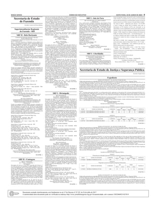 Minas Gerais 	Diário do Executivo	 sexta-feira, 10 de Junho de 2022 – 9
Secretaria de Estado
de Fazenda
Secretário: Gustavo de Oliveira Barbosa
Superintendências Regionais
da Fazenda - SRF
SRF II - Belo Horizonte
EXTRATO DE PORTARIA SRF/BH Nº 002/2022,
09 DE JUNHO DE 2022
O Superintendente Regional de Fazenda de Belo Horizonte, no uso de
suas atribuições, resolve:
Art. 1º - Constituir Comissão de Sindicância com os objetivos de
apurar os fatos, quantificar os danos e apurar responsabilidades acerca
da notícia qualificada no Parágrafo único e recebida por intermédio
do MEMO DFBH1 Nº 001/2022, de 01 de junho de 2022. Parágrafo
único – Não localização do PTA 01.000185757-12 - ENGETEL
TELECOMUNICACOES E ELETRICIDADE LTDA.
Art. 2º - Designa para a Comissão objeto desta Portaria os seguintes
servidores: Marcial Gomes de Melo, AFRE, MASP 387.770-1; Ronan
Eugênio Álvares Soares, GEFAZ, MASP 669.704-9 e Carlos Heitor de
Oliveira Frattari, GEFAZ, MASP 669.210-7.
Parágrafo único – A presidência da Comissão caberá ao servidor
Marcial Gomes de Melo – AFRE, Masp 387.770-1.
Art. 3º - Fica estabelecido o prazo de 30 (trinta) dias, a contar da data da
publicação do extrato desta Portaria, para a apresentação do Relatório
de Sindicância, admitida a prorrogação por igual período, mediante
requerimento com justificativa.
Alexandre Cotta Pacheco
Superintendente Regional de Fazenda/Belo Horizonte
SUPERINTENDENCIA REGIONAL DA FAZENDA II - BH
ADMINISTRAÇÃO FAZENDÁRIA BELO HORIZONTE-2
TERMO DE REFORMULAÇÃO DE LANÇAMENTO
INTIMAÇÃO
Fica(m) o(s) sujeito(s) Passivo(s) abaixo descrito(s) intimado(s) da
emissão pela DF/BH-1 do Termo de Reformulação o Lançamento do
PTA em referência, nos termos do Art. 149 do CTN, para exclusão
do(s) responsável(eis) solidário(s) coobrigado(s) abaixo identificado(s)
no polo passivo da autuação.
Procede-se também a ratificação dos demais itens da peça fiscal.
Sujeito Passivo: Locaralpha Locadora de Veículos Ltda
CNPJ 00.674.835/0006-31
Av. Santa Rosa, 100 – Aeroporto - Bhte - MG
Coobrigado Excluído: Banco ABC Brasil S/A
CNPJ 28.195.667/0001-06
Avenida Cidade Jardim, 803 – Itaim Bibi – São Paulo - SP
PTA – 01.001784093.49
Sujeito Passivo: Engelminas Construções Elétricas Ltda
CNPJ 16.668.394/0001-90
Rua Martin de Carvalho, 245 – Andar 2 – Santo Agostinho - Bhte
- MG
Coobrigado Excluído: Banco ABC Brasil S/A
CNPJ 28.195.667/0001-06
Avenida Cidade Jardim, 803 – Itaim Bibi – São Paulo - SP
PTA – 01.001782165.24
Belo Horizonte, 09 de junho de 2022.
CRISTIANO VALDIR HELENO EVANGELISTA DA SILVA
Chefe da Administração Fazendária / BH-2 – SRF II / BH
MASP 668.954-1
SRF/ BELO HORIZONTE
SUPERINTENDENCIA REGIONAL DA FAZENDA II - BH
ADMINISTRAÇÃO FAZENDÁRIA BELO HORIZONTE-2
TERMO DE REFORMULAÇÃO DE LANÇAMENTO
INTIMAÇÃO
Fica(m) o(s) sujeito(s) Passivo(s) abaixo descrito(s) intimado(s) da
emissão pela DF/BH-5 do Termo de Reformulação o Lançamento do
PTA em referência, nos termos do Art. 149 do CTN, para inclusão
do(s) responsável(eis) solidário(s) coobrigado(s) abaixo identificado(s)
no polo passivo da autuação, com fundamento no Art. 7-A, parágrafo
2º, da Lei Federal 11.598/2007, segundo o qual a solicitação de baixa
importa responsabilidade solidária dos sócios e administradores do
período de ocorrência dos respectivos fatos geradores.
Procede-se também a ratificação dos demais itens da peça fiscal.
Sujeito Passivo: Restaurante e Pizzaria dos Magos Ltda
IE: 062.440.821.00-20
Av. Afonso Pena, 3481 – São Pedro – Bhte - MG
Coobrigado: Geraldo Magela Batista Ferreira
CPF 219.953.976.87
Rua Euclides Franco, 1.187 – Casa 2 – Garças - Bhte. - MG
PTA – 05.000203254.37
Sujeito Passivo: Comercial Cortes e Lima Ltda – EPP
IE 062.985.927.01-62
Avenida Uruguai, 225 – Sion – Bhte-MG
Coobrigado: Antonio Augusto Cortes – CPF 545.773.576/15
Rua Agostinho Bretas, 366 – Apto 201 – Caiçaras – Bhte – MG
Coobrigado: Alexandre Eustáquio Cortes – CPF 579.352.116/04
PTA – 05.000244280.95
Sujeito Passivo: Comercial Cortes e Lima Ltda – EPP
IE 062.985.927.01-62
Avenida Uruguai, 225 – Sion – Bhte-MG
Coobrigado: Antonio Augusto Cortes – CPF 545.773.576/15
Rua Agostinho Bretas, 366 – Apto 201 – Caiçaras – Bhte – MG
Coobrigado: Alexandre Eustáquio Cortes – CPF 579.352.116/04
PTA – 05.000259934.38
Sujeito Passivo: Comercial Cortes e Lima Ltda – EPP
IE 062.985.927.01-62
Avenida Uruguai, 225 – Sion – Bhte-MG
Coobrigado: Antonio Augusto Cortes – CPF 545.773.576/15
Rua Agostinho Bretas, 366 – Apto 201 – Caiçaras – Bhte – MG
Coobrigado: Alexandre Eustáquio Cortes – CPF 579.352.116/04
PTA – 05.000279229.45
Belo Horizonte, 09 de junho de 2022.
CRISTIANO VALDIR HELENO EVANGELISTA DA SILVA
Chefe da Administração Fazendária / BH-2 – SRF II / BH
MASP 668.954-1
09 1647086 - 1
SRF II - Contagem
SRF II – CONTAGEM
DF/ 1º NÍVEL / CONTAGEM - 1
INTIMAÇÃO
Nos termos do §1do art. 10 do RPTA, aprovado pelo Decreto n.º
44.747/08, fica (m) o (s) contribuinte (s) abaixo indicado (s), por estar
(em) em local ignorado, incerto ou inacessível, intimado (s) a promover,
no prazo de 30(trinta) dias, a contar da publicação deste, o pagamento
do (s) crédito (s) tributário(s) constituído(s) através do(s) Auto(s) de
Infração, por meio de DAE, ou parcela-lo nos termos da legislação
vigente, ou ainda, a impugná-lo, sob pena de revelia e reconhecimento
do débito. Sobre valores lançados incidirão juros de mora até a data
do efetivo pagamento ou parcelamento, nos termos da Resolução nº
2.880/97. A falta de pagamento ou parcelamento no prazo citado, bem
como a decisão irrecorrível no CC/MG favorável à Fazenda Pública
Estadual, implica encaminhamento do PTA para inscrição do crédito
tributário em dívida ativa.
A multa de revalidação prevista no art. 22, inciso II, da Lei nº
14.941/03, para fins de pagamento ou parcelamento, será reduzida a
40% (quarenta por cento) nos dez primeiros dias do recebimento do
AI; a 50% (cinquenta por cento) após esse prazo e até o 30º dia do
recebimento do AI e a 60% (sessenta por cento) a partir do 31º dia e
antes de sua inscrição em dívida ativa. Na hipótese de impugnação,
esta deverá ser apresentada pessoalmente ou por via postal, com aviso
de recebimento, na Administração Fazendária a que estiver circunscrito
(s) o(s) sujeito(s) passivo(s) ou na Administração Fazendária da
sede da Delegacia Fiscal emitente do AI, acompanhada da taxa de
expediente, quando devida. Em acordo com o disposto no art. 2º da
Lei nº 19.971/2011, regulamentado pelo Decreto 45.989/2012, a
Advocacia Geral do Estado, após inscrição do Crédito Tributário em
Dívida Ativa, poderá protestar extrajudicialmente a Certidão da Dívida
Ativa – CDA – e inscrever o nome do devedor no Cadastro Informativo
de Inadimplência em Relação à Administração Pública do Estado de
Minas Gerais – CADIN/MG, ou em qualquer cadastro informativo,
público ou privado, de proteção ao crédito.
PTA: 15.000068064-80
Sujeito Passivo: Lucas Otávio Rios - CPF: 096.581.766-07 - Endereço:
Rua Minas Gerais, 181- Bairro: Marechal Rodon - CEP: 32.900-000 -
Município: Igarapé – MG
Contagem, 15 de maio de 2022.
Frederico Augusto Teixeira Barral
Delegado Fiscal
DF / 1º Nível / Contagem
SRF II – CONTAGEM
DF/ 1º NÍVEL / CONTAGEM - 1
INTIMAÇÃO
Nos termos do §1do art. 10 do RPTA, aprovado pelo Decreto n.º
44.747/08, fica (m) o (s) contribuinte (s) abaixo indicado (s), por estar
(em) em local ignorado, incerto ou inacessível, intimado (s) a promover,
no prazo de 30(trinta) dias, a contar da publicação deste, o pagamento
do (s) crédito (s) tributário(s) constituído(s) através do(s) Auto(s) de
Infração, por meio de DAE, ou parcela-lo nos termos da legislação
vigente, ou ainda, a impugná-lo, sob pena de revelia e reconhecimento
do débito. Sobre valores lançados incidirão juros de mora até a data
do efetivo pagamento ou parcelamento, nos termos da Resolução nº
2.880/97. A falta de pagamento ou parcelamento no prazo citado, bem
como a decisão irrecorrível no CC/MG favorável à Fazenda Pública
Estadual, implica encaminhamento do PTA para inscrição do crédito
tributário em dívida ativa.
A multa de revalidação prevista no art. 22, inciso II, da Lei nº
14.941/03, para fins de pagamento ou parcelamento, será reduzida a
40% (quarenta por cento) nos dez primeiros dias do recebimento do
AI; a 50% (cinquenta por cento) após esse prazo e até o 30º dia do
recebimento do AI e a 60% (sessenta por cento) a partir do 31º dia e
antes de sua inscrição em dívida ativa. Na hipótese de impugnação,
esta deverá ser apresentada pessoalmente ou por via postal, com aviso
de recebimento, na Administração Fazendária a que estiver circunscrito
(s) o(s) sujeito(s) passivo(s) ou na Administração Fazendária da
sede da Delegacia Fiscal emitente do AI, acompanhada da taxa de
expediente, quando devida. Em acordo com o disposto no art. 2º da
Lei nº 19.971/2011, regulamentado pelo Decreto 45.989/2012, a
Advocacia Geral do Estado, após inscrição do Crédito Tributário em
Dívida Ativa, poderá protestar extrajudicialmente a Certidão da Dívida
Ativa – CDA – e inscrever o nome do devedor no Cadastro Informativo
de Inadimplência em Relação à Administração Pública do Estado de
Minas Gerais – CADIN/MG, ou em qualquer cadastro informativo,
público ou privado, de proteção ao crédito.
PTA: 15.000068065-52
Sujeito Passivo: Matheus Victor Rios - CPF: 141.743.846-06 -
Endereço: Rua Outros Norte Sul, 120 - Bairro: Cidade Clube Reside
- CEP: 32.900-000 - Município: Igarapé – MG
Contagem, 10 de maio de 2022.
Frederico Augusto Teixeira Barral
Delegado Fiscal
DF / 1º Nível / Contagem
09 1647089 - 1
SRF I - Divinópolis
SRF I/DIVINÓPOLIS
AF/3º NÍVEL - BOM DESPACHO
COBRANÇAADMINISTRATIVA
Nos termos do artigo 10, § 1º do RPTA, aprovado pelo Decreto nº
44.747/08, por estarem em lugar ignorado, incerto, inacessível ou
ausente do território do Estado e não sendo possível a intimação por
via postal e com a finalidade de procedermos a cobrança administrativa
prevista na Resolução – SEF/MG Nº 5.209/2018, fica(m) o(s) sujeito(s)
passivo(s) responsável(s), Coobrigado(s) e o(s) Fiador(es) abaixo
indicado(s), intimados a promover(em) no prazo de 10 (dez) dias, a
contar desta publicação o pagamento ou parcelamento do crédito
tributário constituído mediante o PTA a seguir relacionado nos termos
da legislação vigente.
Comunicamos que não cabe impugnação em relação à peça fiscal em
referência por se tratar de crédito tributário de natureza não contenciosa
(caput do artigo 102 do RPTA) e que não havendo pagamento ou
parcelamento no prazo estipulado, a peça Fiscal será encaminhada para
inscrição em dívida ativa e execução judicial. Maiores esclarecimentos
poderão ser obtidos nesta repartição fazendária, localizada na Praça
Irmã Albuquerque, nº 45 – 3º andar – Centro - Bom Despacho/MG.
PTA N°: 05.000315167-27
Sujeito Passivo: GERALDO ANTONIO FERREIRA 09630300605
IE: 003063491.00-27 – CNPJ: 286.892.026/0001-00
End.: Rua Tiradentes, 34 – B. São João – CEP: 35.600-000 – BOM
DESPACHO/MG
Coobrigado: GERALDO ANTONIO FERREIRA
CPF: 096.303.006-05
End.: Rua Tiradentes, 34 – B. São João – CEP: 35.600-000 – BOM
DESPACHO/MG
PTA N°: 59.000024789-01
Sujeito Passivo: GERALDO ANTONIO FERREIRA 09630300605
IE: 003063491.00-27 – CNPJ: 286.892.026/0001-00
End.: Rua Tiradentes, 34 – B. São João – CEP: 35.600-000 – BOM
DESPACHO/MG
Fiador: GERALDO ANTONIO FERREIRA
CPF: 096.303.006-05
End.: Rua Tiradentes, 34 – B. São João – CEP: 35.600-000 – BOM
DESPACHO/MG
Bom Despacho, 08 de junho de 2022
Elita Aparecida Costa Andrade – Masp 669.117-4
Chefe da AF/3º Nível/Bom Despacho em exercício
SRF I/DIVINÓPOLIS
AF/2º NÍVEL – NOVA SERRANA
COBRANÇAADMINISTRATIVA
Nos termos do artigo 10, § 1º do RPTA, aprovado pelo Decreto nº
44.747/08, por estarem em lugar ignorado, incerto, inacessível ou
ausente do território do Estado e não sendo possível a intimação por
via postal e com a finalidade de procedermos a cobrança administrativa
prevista na Resolução – SEF/MG Nº 5.209/2018, fica(m) o(s) sujeito(s)
passivo(s) responsável(s), Coobrigado(s) e o(s) Fiador(es) abaixo
indicado(s), intimados a promover(em) no prazo de 10 (dez) dias, a
contar desta publicação o pagamento ou parcelamento do crédito
tributário constituído mediante o PTA a seguir relacionado nos termos
da legislação vigente.
Comunicamos que não cabe impugnação em relação à peça fiscal em
referência por se tratar de crédito tributário de natureza não contenciosa
(caput do artigo 102 do RPTA) e que não havendo pagamento ou
parcelamento no prazo estipulado, a peça Fiscal será encaminhada para
inscrição em dívida ativa e execução judicial. Maiores esclarecimentos
poderão ser obtidos na repartição fazendária localizada em Bom
Despacho, na Praça Irmã Albuquerque, nº 45 – 3º andar – Centro - Bom
Despacho/MG.
PTA Nº: 05.000298300.02
Sujeito Passivo:
SHOPP CELL EQUIPAMENTOS ELETRONICOS LTDA
End.: Rua Coronel Martinho Ferreira do Amaral, 232 – Loja 02 –
Bairro Centro – Nova Serrana/MG – CEP: 35.520-122
Coobrigado:
FABIO CARDOSO DE SOUZA TELES - CPF: 028.072.496-98
End.: Rua Valter Ferreira do Amaral, 352 – Bairro Fausto Pinto da
Fonseca I – Nova Serrana/MG – CEP: 35.523-232
Fiador Parcelamento:
FABIO CARDOSO DE SOUZA TELES - CPF: 028.072.496-98
End.: Rua Valter Ferreira do Amaral, 352 – Bairro Fausto Pinto da
Fonseca I – Nova Serrana/MG – CEP: 35.523-232
Nova Serrana, 08 de junho de 2022
Elita Aparecida Costa Andrade – Masp 669.117-4
Chefe da AF/2º Nível/Nova Serrana
09 1647091 - 1
SRF I - Juiz de Fora
SRF I JUIZ DE FORAAF 2º NÍVEL MURIAÉ
INTIMAÇÃO
Fica o sujeito passivo intimado da lavratura, pela Delegacia Fiscal
de Muriaé, da peça fiscal abaixo relacionada. Informamos que é de
30(trinta) dias, a contar desta publicação, o prazo para liquidação do
Crédito Tributário com as reduções legais. Comunicamos que não
cabe impugnação em relação ao referido PTA, por se tratar de crédito
tributário de natureza não contenciosa e que a falta de pagamento/
parcelamento implicará em inscrição em dívida ativa e cobrança
judicial. Maiores esclarecimentos poderão ser obtidos nesta repartição
fazendária situada na Rua Coronel Domiciano, 170 – Muriae/MG Cep
36.880-013
Email: afmuriae@fazenda.mg.gov.br
PTA: 01.002361538-79 de 16/05/2022
Sujeito Passivo: A L de Castro
CNPJ: 28.633.489/0001-58
Insc..Estadual: 003.041850-0061
Coobrigado: André Luiz de Castro
CPF:005.622.516-42
Endereço: Rua Olimpio Vargas, n.104
Bairro: Centro Cep. 36.900-000
Manhuaçu/MG
Muriaé, 08/06/2022
Marcos Giovanni Garbero – Chefe da Administração
Fazendária 2º Nível Muriaé.
09 1647093 - 1
SRF I - Uberlândia
SUPERINTENDÊNCIA REGIONAL DA
FAZENDA I -UBERLÂNDIA
DELEGACIA FISCAL/UBERLÂNDIA
TERMO DE INTIMAÇÃO
Fica o sujeito passivo intimado a promover, no prazo de 30 (trinta) dias,
a contar desta publicação, o Pagamento/Parcelamento/Impugnação do
crédito tributário constituído mediante o Auto de Infração (e-PTA) a
seguir relacionado, lavrado pela Delegacia Fiscal de Uberlândia, nos
termos da legislação vigente, sob pena de revelia e reconhecimento do
crédito tributário, circunstância em que a peça fiscal será encaminhada
para inscrição em dívida ativa e execução judicial, inclusive no caso de
decisão irrecorrível no CCMG, favorável à Fazenda Pública Estadual.
Nos termos do RPTA - estabelecido pelo Decreto nº 44.747/2008,
o acesso à íntegra do referido Auto de Infração, assim como as
intervenções no PTA eletrônico (e-PTA) pelo interessado ou seu
representante, no prazo regulamentar, deverão ocorrer apenas em meio
eletrônico, dentro do Sistema Integrado de Administração da Receita
Estadual - SIARE, disponível no endereço eletrônico da Secretaria de
Estado de Fazenda de Minas Gerais – www.fazenda.mg.gov.br – ou
no endereço eletrônico para login no sistema https://www2.fazenda.
mg.gov.br/sol/, ficando sem efeito as entregas feitas nas repartições
fazendárias.
Para acesso ao SIARE, favor comparecer na repartição fazendária
acima mencionada, situada na Praça Tubal Vilela, nº. 165, 9º andar –
Bairro: Centro – Uberlândia/MG – CEP: 38.400-186, para obter sua
SENHA inicial de acesso ao referido sistema.
Persistindo ainda alguma dúvida acesse o canal Fale Conosco
- Assunto - PTA ELETRÔNICO - e-PTA, no endereço http://
formulario.faleconosco.fazenda.mg.gov.br/sefatendeweb/pages/
faleconoscoFormulario.xhtml
e-PTA nº: 01.002372059-11
Sujeito Passivo: ALDAIR JOSE DA SILVA
Identificação: 881.138.846-53
Endereço: Rua Rancheira, nº 619, Guarani – Uberlândia/MG.
Uberlândia, 09 de junho de 2022.
Marcos Antônio Ribeiro – Masp: 372 .352-5 – Delegado Fiscal.
09 1647097 - 1
Secretaria de Estado de Justiça e Segurança Pública
Secretário: Rogério Greco
Expediente
RESOLUÇÃO SEJUSP N° 436, DE 09 DE JUNHO DE 2022.
Dispõe sobre promoção por escolaridade adicional ao servidor da carreira da Secretaria de Estado de Justiça e Segurança Pública.
O SECRETÁRIO DE ESTADO DE JUSTIÇA E SEGURANÇA PÚBLICA, no uso das atribuições que lhe são conferidas pelo inciso III, do §1°, do
art. 93, da Constituição Estadual; e pelo art. 40, da Lei n° 23.304 de 30 de maio de 2.019 e;
Considerando o disposto no art. 11 da Lei n° 14.695, de 30 de julho de 2003, e no arts. 3°, § 3° do Decreto 44.769, de 07/04/2008, bem como visando
o cumprimento da determinação judicial contida nos autos do Processo Judicial nº 5008816-61.2019.8.13.0686, em que foi julgado procedente o
pedido aviado na inicial, condenando o Estado de Minas Gerais a realizar a promoção por escolaridade adicional da parte autora, ao nível subsequente,
retroativaà data da negativa do requerimento administrativo – 04 de Abril de 2019, sendo concedidas novas promoções a cada dois anos de efetivo
exercício no mesmo nível, até que o servidor seja promovido ao nível da carreira cujo requisito de escolaridade seja equivalente ao referido título.
Resolve:
Art. 1° - Revogar na Resolução SEJUSP N° 143, de 08 de junho de 2021, publicada em 10 de junho de 2021, Revogar na Resolução SEJUSP N° 221,
de 01 de abril de 2022, publicada em 02 de abril de 2022, que dispõem sobre promoção e progressão na carreira, a parte referente a servidora Ana
Cristina Pacheco da Cruz - MASP 1123973/8, tendo em vista a concessão de Promoção por Escolaridade Adicional em cumprimento ao Processo
Judicial nº5008816-61.2019.8.13.0686.
Art. 2° - Conceder promoções por Escolaridade Adicional, na carreira da servidora constante no anexo I desta Resolução, lotada na Secretaria de
Estado de Justiça e Segurança Pública, em cumprimento ao supracitado Processo.
Art. 3° - Conceder progressão na carreira da servidora, constante no anexo II desta Resolução, visando a atualização do posicionamento.
Art. 4° - Esta Resolução entra em vigor na data de sua publicação.
Belo Horizonte,09 dejunho de 2022.
ROGERIO GRECO
Secretário de Estado de Justiça e Segurança Pública.
ANEXO I
Promoção por escolaridade Adicional na carreira de Agente de Segurança Penitenciário.
MASP NOME DO SERVIDOR CARREIRA
DE PARA
VIGÊNCIA
NÍVEL GRAU NÍVEL GRAU
1123973/8 ANA CRISTINA PACHECO DA CRUZ ASP II E III D 04/04/2019
1123973/8 ANA CRISTINA PACHECO DA CRUZ ASP III E IV A 04/04/2021
ANEXO II
Progressão na carreira de Agente de Segurança Penitenciário.
MASP NOME DO SERVIDOR CARREIRA
DE PARA
VIGÊNCIA
NÍVEL GRAU NÍVEL GRAU
1123973/8 ANA CRISTINA PACHECO DA CRUZ ASP III D III E 04/04/2020
09 1647228 - 1
RESOLUÇÃO SEJUSP N° 424, DE 08 DE JUNHO DE 2022.
Dispõe sobre promoção por escolaridade adicional ao servidor da carreira da Secretaria de Estado de Justiça e Segurança Pública.
O SECRETÁRIO DE ESTADO DE JUSTIÇA E SEGURANÇA PÚBLICA, no uso das atribuições que lhe são conferidas pelo inciso III, do §1°, do
art. 93, da Constituição Estadual; e pelo art. 40, da Lei n° 23.304 de 30 de maio de 2.019 e;
Considerando o disposto no art. 11 da Lei n° 14.695, de 30 de julho de 2003, e no arts. 3°, § 3° do Decreto 44.769, de 07/04/2008, bem como visando
o cumprimento da determinação judicial contida nos autos do Processo Judicial nº 5002325-90.2020.8.13.0625, em que foi julgado procedente o
pedido aviado na inicial, condenando o Estado de Minas Gerais a realizar a promoção por escolaridade adicional da parte autora, para o nível IV,
grau A, retroativa a 01 de janeiro de 2020.
Resolve:
Art. 1° - Tornar sem efeito Resolução SEJUSP N° 112, de 28 de maio de 2020, publicada em 29 de maio de 2020; Resolução SEJUSP N° 134,
de 10 de março de 2022, publicada em 12 de março de 2022, que dispõem sobre Promoção por Escolaridade Adicional, concedida ao servidor
Rodrigo Moreira Dutra - MASP: 1373838/0, referente ao Processo Judicial nº 5002325-90.2020.8.13.0625, em virtude de novas orientações para
cumprimento.
Art. 2° - Revogar na Resolução SEJUSP N° 41, de 02 de março de 2020, publicada em04 de março de 2020, que dispõe sobre progressão na carreira,
concedida aos servidores ocupantes do cargo de provimento efetivo, a parte referente ao servidor Rodrigo Moreira Dutra - MASP: 1373838/0, tendo
em vista a concessão de promoção por escolaridade adicional, em cumprimento ao Processo Judicial Nº5002325-90.2020.8.13.0625.
Art. 3° - Conceder Promoção por Escolaridade Adicional, na carreira do servidor constante no anexo I desta Resolução, lotado na Secretaria de
Estado de Justiça e Segurança Pública, em cumprimento ao Processo supracitado.
Art. 4° - Conceder Progressão na carreira do servidor, constante no anexo II desta Resolução, lotado na Secretaria de Estado de Justiça e Segurança
Pública, visando a atualização do posicionamento.
Art. 5° - Esta Resolução entra em vigor na data de sua publicação.
Belo Horizonte, 08 de junho de 2022.
ROGERIO GRECO
Secretário de Estado de Justiça e Segurança Pública.
ANEXO I
Promoção por escolaridade Adicional na carreira de Agente de Segurança Penitenciário.
MASP NOME DO SERVIDOR CARREIRA
DE PARA
VIGÊNCIA
NÍVEL GRAU NÍVEL GRAU
1373838/0 RODRIGO MOREIRA DUTRA ASP I B IV A 01/01/2020
ANEXO II
Progressão na carreira de Agente de Segurança Penitenciário.
MASP NOME DO SERVIDOR CARREIRA
DE PARA
VIGÊNCIA
NÍVEL GRAU NÍVEL GRAU
1373838/0 RODRIGO MOREIRA DUTRA ASP IV A IV B 01/01/2022
09 1647194 - 1
RESOLUÇÃO SEJUSP N° 431, DE 08 DE JUNHO DE 2022.
Dispõe sobre promoção por escolaridade adicional ao servidor da carreira da Secretaria de Estado de Justiça e Segurança Pública.
O SECRETÁRIO DE ESTADO DE JUSTIÇA E SEGURANÇAPÚBLICA, no uso das atribuições que lhe são conferidas pelo inciso III, do §1°, do
art. 93, da Constituição Estadual; e pelo art. 40, da Lei n° 23.304 de 30 de maio de 2.019 e;
Considerando o disposto no art. 14 da Lei n.º 15.301, de 10 de agosto de 2004, e no art. 3º, § 3º do Decreto 44.769, de 07/04/2008, bem como visando
o cumprimento da determinação judicial contida nos autos do Processo Judicial nº 5003106-89.2021.8.13.0686, em que foi julgado procedente o
pedido aviado na inicial, condenando o Estado de Minas Gerais a realizar a promoção da parte autora, ao nível subsequente da carreira, retroativo a
data do requerimento administrativo – 15 de janeiro de 2020, a partir dai, deverão as promoções observar o disposto no art. 3º, inciso II, do Decreto
nº 44.769/2008.
Documento assinado eletrônicamente com fundamento no art. 6º do Decreto nº 47.222, de 26 de julho de 2017.
A autenticidade deste documento pode ser verificada no endereço http://www.jornalminasgerais.mg.gov.br/autenticidade, sob o número 320220609231827019.
 
