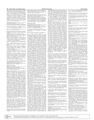 16 – terça-feira, 21 de Junho de 2022	 Diário do Executivo	 Minas Gerais
Secretaria de Estado de Defesa Social, 03502366 Sidney Eduardo
Cordeiro dos Santos – DAD-5 – 3 - Ribeirao das Neves - 80 - 22/12/2021
A11/03/2022 - 158.I, 12215505 Leandro Ferreira deAlmeida –ASP – 1
- Unai - 61 - 09/12/2021 A 07/02/2022 - 158.I, 12816468 Gislene Lima
dos Santos – ASP – 2 - Andradas - 30 - 04/03/2022 A 02/04/2022 -
158.I, 13625199 Claricio Goncalves de Souza – ASP – 2 - Sao Joaquim
de Bicas - 2 - 05/04/2022 A 06/04/2022 - 158.I, 13770375 Thaisa
Domingos Goncalves – ANEDS – 1 - Juiz de Fora - 1 - 17/11/2021
A 17/11/2021 - 158.I, 13771670 Samara Deyse Martins Froes – ASP
– 2 - Uberlandia - 12 - 03/02/2022 A 14/02/2022 - 158.I, 13826326
Felipe Amancio Lima Costa – ASP – 1 - Uberaba - 60 - 14/12/2021 A
11/02/2022 - 158.I, 14363352 Bruno Elias Faria Oliveira – ASP – 1 -
Divinopolis - 4 - 27/10/2021 A 30/10/2021 - 158.I, 14438493 Leonardo
Dias Oliveira – ASP – 1 - Unai - 3 - 23/01/2022 A 25/01/2022 - 158.I,
14438493 Leonardo Dias Oliveira – ASP – 1 - Unai - 6 - 26/01/2022
A 31/01/2022 - 158.I, 14478259 Fellipe Brayan Oliveira – ASP – 1 -
Paracatu - 2 - 11/12/2021 A 12/12/2021 - 158.I
Licença negada de acordo com o Decreto 46.061 de 10/10/2012, ao(s)
servidor(es) abaixo relacionado(s):
Órgão SRE Masp Nome Cargo Adm Localidade Data do Laudo
Secretaria de Estado de Educacao MetropolitanaA, 11665288 Fernanda
de Oliveira Silva Colcerniani – PEB – 3 - Belo Horizonte - 06/06/2022
-
06ª SRE - Caratinga, 12705968 Zenilda de Souza Vieira – EEB – 3
- Piedade de Caratinga - 12/06/2022 - , 12705968 Zenilda de Souza
Vieira – EEB – 3 - Piedade de Caratinga - 12/06/2022 -
Secretaria de Estado de Defesa Social, 13737481 Renata Bahia de
Souza – ASP – 1 - Belo Horizonte - 09/06/2022 -
Licenças concedidas, no interior e na sede nos termos da Lei nº 869/52,
combinado com o Decreto nº 46.061 de 10/10/2012, e/ou afastamentos
do trabalho por motivo de Saúde nos termos da resolução SEPLAG
nº 119/2013.
Órgão SRE Masp Nome Cargo Adm Localidade Período Artigo
Secretaria de Estado de Educacao Metropolitana A, 13853650 Emylia
Karoliny Fernandes Peixoto – ATB – 1 - Rio Acima - 5 - 31/01/2022
A 04/02/2022 - , 14822589 Luana Cristina Silva Viana – PEB – 2 -
Bonfim - 10 - 19/01/2022 A 28/01/2022 -
06ª SRE - Caratinga, 12170528 Marta Vaz de Souza Dias – ASB – 1 -
Ipanema - 12 - 25/11/2021 A 06/12/2021 - , 13138920 Josilene Maria
de Oliveira Ker – ASB – 1 - Taparuba - 5 - 29/11/2021 A 03/12/2021
- , 15038110 Kivea Cristiane da Costa – PEB – 1 - Caratinga - 2 -
25/11/2021 A 26/11/2021 - , 15038110 Kivea Cristiane da Costa – PEB
– 1 - Caratinga - 5 - 29/11/2021 A 03/12/2021 -
08ª SRE - Conselheiro Lafaiete, 13510409 Terezinha Aparecida Sergio
Dias – PEB – 1 - Catas Altas da Noruega - 3 - 09/12/2021 A 11/12/2021
-
19ª SRE - Leopoldina, 09768540 Andreia Gomes – ATB – 2 - Alem
Paraiba - 3 - 22/12/2021 A 24/12/2021 - , 14886121 Adriana Aparecida
Marinato de Souza – ATB – 1 - Cataguases - 15 - 16/12/2021 A
30/12/2021 -
20ª SRE - Manhuacu, 08235046 Maria Dulce de Paula Martins –
ASB – 1 - Matipo - 14 - 02/12/2021 A 15/12/2021 - , 09416280 Jeane
Cristina Alves Guimaraes – ASB – 2 - Manhuacu - 2 - 26/11/2021 A
27/11/2021 - , 11570942 Josie Gomes Santiago – PEB – 2 - Manhuacu
- 2 - 29/11/2021 A 30/11/2021 -
38ª SRE - Uba, 12480018 Sueli de Oliveira Silva Reis – ASB – 1 - Uba
- 15 - 20/12/2021 A 03/01/2022 -
39ª SRE - Uberaba, 11523859 Reinilda Flores dos Santos Costa – PEB
– 2 - Uberaba - 3 - 17/11/2021 A 19/11/2021 - , 11523859 Reinilda
Flores dos Santos Costa – PEB – 3 - Uberaba - 3 - 17/11/2021 A
19/11/2021 -
40ª SRE - Uberlandia, 08070112 Terezinha Maria de Jesus Silva – ASB
– 1 - Uberlandia - 7 - 26/01/2022 A 01/02/2022 - , 12098703 Linda
Marcia da Silva – ASB – 1 - Uberlandia - 5 - 27/01/2022 A 31/01/2022 -
, 12291639 Karla Cristina Ferreira de Freitas – ASB – 1 - Monte Alegre
de Minas - 6 - 27/01/2022 A 01/02/2022 - , 13110770 Roberta Carla
Costa Silva – ASB – 1 - Uberlandia - 2 - 10/01/2022 A 11/01/2022 -
43ª SRE - Aracuai, 13240015 Larice Naiara Alves Baia Franco – PEB
– 1 - Berizal - 3 - 10/11/2021 A 12/11/2021 -
Metropolitana C, 14157671 Rosemaire de Lima Martins Coutinho –
ASB – 1 - Belo Horizonte - 15 - 09/04/2022 A 23/04/2022 -
Torna sem efeito a publicação do afastamento do Trabalho por motivo
de saúde concedido ao(s) servidor(es) abaixo relacionado(s), de acordo
com a Resolução Seplag nº 119 de 27/12/2013.
Órgão SRE Masp Nome Cargo Adm Localidade publicação
Secretaria de Estado de Educacao Metropolitana B, 14219141 Marcia
Rodrigues Guimaraes – ASB – 1 - Belo Horizonte
COMUNICAÇÃO : 1158/2022
REGIONAL : Coronel Fabriciano
Licenças concedidas, no interior e na sede nos termos da Lei 869/52,
combinado com o Decreto 46.061 de 10/10/2012.
Órgão SRE Masp Nome Cargo Adm Localidade Período Artigo
, 13280318 Maria Aparecida de Morais Goncalves – – 0 - Santana do
Paraiso - 60 - 02/04/2022 A 31/05/2022 - 158.I
Secretaria de Estado de Educacao 09ª SRE - Coronel Fabriciano,
06626048 Celio Sousa Dimas – PEB – 1 - Timoteo - 15 - 02/12/2021
A 16/12/2021 - 158.I, 06626048 Celio Sousa Dimas – PEB – 4 -
Timoteo - 15 - 02/12/2021 A 16/12/2021 - 158.I, 06626048 Celio Sousa
Dimas – PEB – 1 - Timoteo - 1 - 10/11/2021 A 10/11/2021 - 158.I,
06626048 Celio Sousa Dimas – PEB – 4 - Timoteo - 1 - 10/11/2021
A 10/11/2021 - 158.I, 06626048 Celio Sousa Dimas – PEB – 1 -
Timoteo - 1 - 13/09/2021 A 13/09/2021 - 158.I, 06626048 Celio Sousa
Dimas – PEB – 4 - Timoteo - 1 - 13/09/2021 A 13/09/2021 - 158.I,
06626048 Celio Sousa Dimas – PEB – 1 - Timoteo - 7 - 14/06/2022 A
20/06/2022 - 158.I, 06626048 Celio Sousa Dimas – PEB – 4 - Timoteo
- 7 - 14/06/2022 A 20/06/2022 - 158.I, 06626048 Celio Sousa Dimas
– PEB – 1 - Timoteo - 1 - 14/09/2021 A 14/09/2021 - 158.I, 06626048
Celio Sousa Dimas – PEB – 4 - Timoteo - 1 - 14/09/2021 A 14/09/2021
- 158.I, 06626048 Celio Sousa Dimas – PEB – 1 - Timoteo - 3 -
20/09/2021 A 22/09/2021 - 158.I, 06626048 Celio Sousa Dimas – PEB
– 4 - Timoteo - 3 - 20/09/2021 A 22/09/2021 - 158.I, 06626048 Celio
Sousa Dimas – PEB – 1 - Timoteo - 3 - 23/09/2021A25/09/2021 - 158.I,
06626048 Celio Sousa Dimas – PEB – 4 - Timoteo - 3 - 23/09/2021 A
25/09/2021 - 158.I, 06626048 Celio Sousa Dimas – PEB – 1 - Timoteo
- 2 - 30/05/2022 A 31/05/2022 - 158.I, 06626048 Celio Sousa Dimas
– PEB – 4 - Timoteo - 2 - 30/05/2022 A 31/05/2022 - 158.I, 06647200
Simone Cristina Lopes Rosado – EEB – 3 - Ipatinga - 21 - 02/06/2022
A 22/06/2022 - 158.I, 06647200 Simone Cristina Lopes Rosado –
EEB – 3 - Ipatinga - 15 - 18/05/2022 A 01/06/2022 - 158.I, 08958522
Maria Perpetua Ferreira Silva – EEB – 3 - Timoteo - 60 - 05/06/2022 A
03/08/2022 - 158.I, 10201010 Delaine Cristine Damasceno Valadares
– PEB – 1 - Ipatinga - 60 - 02/06/2022 A 31/07/2022 - 158.I, 10201010
Delaine Cristine Damasceno Valadares – PEB – 2 - Ipatinga - 60 -
02/06/2022 A 31/07/2022 - 158.I, 11061108 Samantha Caroni Assis de
Oliveira Alves Camil – PEB – 3 - Coronel Fabriciano - 60 - 03/06/2022
A 01/08/2022 - 158.I, 11236494 Mariza de Miranda Barros – PEB –
3 - Antonio Dias - 60 - 21/03/2022 A 19/05/2022 - 158.I, 11650561
Wanessa Ferreira Silva Soares – PEB – 3 - Timoteo - 15 - 06/06/2022 A
20/06/2022 - 158.I, 11650561 Wanessa Ferreira Silva Soares – PEB – 4
- Coronel Fabriciano - 15 - 06/06/2022 A 20/06/2022 - 158.I, 11650561
Wanessa Ferreira Silva Soares – PEB – 3 - Timoteo - 14 - 17/05/2022 A
30/05/2022 - 158.I, 11650561 Wanessa Ferreira Silva Soares – PEB – 4
- Coronel Fabriciano - 14 - 17/05/2022 A 30/05/2022 - 158.I, 13280318
Maria Aparecida de Morais Goncalves – EEB – 1 - Santana do Paraiso
- 60 - 02/04/2022 A 31/05/2022 - 158.I
Secretaria de Estado de Defesa Social, 12394896 Marcelo Ferreira de
Oliveira – ASP – 3 - Ipaba - 15 - 02/03/2022 A 16/03/2022 - 158.I,
12394896 Marcelo Ferreira de Oliveira – ASP – 3 - Ipaba - 27 -
04/04/2022 A 30/04/2022 - 158.I, 12394896 Marcelo Ferreira de
Oliveira – ASP – 3 - Ipaba - 14 - 16/02/2022 A 01/03/2022 - 158.I,
12394896 Marcelo Ferreira de Oliveira – ASP – 3 - Ipaba - 14 -
21/03/2022 A 03/04/2022 - 158.I, 13748728 Mariana Cabral de
Oliveira Silva – ASP – 1 - Ipaba - 7 - 03/06/2022 A 09/06/2022 -
158.I, 13748728 Mariana Cabral de Oliveira Silva – ASP – 1 - Ipaba
- 60 - 12/03/2022 A 10/05/2022 - 158.I, 13748728 Mariana Cabral de
Oliveira Silva – ASP – 1 - Ipaba - 7 - 14/01/2022 A 20/01/2022 - 158.I,
13975990 Messias Martins da Silva – ASP – 2 - Ipaba - 60 - 14/05/2022
A 12/07/2022 - 158.I, 13975990 Messias Martins da Silva – ASP – 2 -
Ipaba - 60 - 15/03/2022 A 13/05/2022 - 158.I
Licenças concedidas, no interior e na sede nos termos da Lei nº 869/52,
combinado com o Decreto nº 46.061 de 10/10/2012, e/ou afastamentos
do trabalho por motivo de Saúde nos termos da resolução SEPLAG
nº 119/2013.
Órgão SRE Masp Nome Cargo Adm Localidade Período Artigo
Secretaria de Estado de Educacao 09ª SRE - Coronel Fabriciano,
12098554 Concessa Fraga Martins – ASB – 1 - Antonio Dias - 15 -
06/06/2022 A 20/06/2022 - , 15070840 Rute Matos de Oliveira – PEB
– 1 - Ipatinga - 15 - 02/06/2022 A 16/06/2022 -
Licenças concedidas, no interior e na sede, nos termos da Lei
Complementar 138, de 28/04/2016, combinado com o art. 2º, §2º do
Decreto 47.000, de 18/05/2016, observado o disposto na Lei 869, de
05/07/1952 e no Decreto 46.061, de 10/10/2012.
Órgão SRE Masp Nome Cargo Adm Localidade Período Artigo
Secretaria de Estado de Educacao 09ª SRE - Coronel Fabriciano,
05530167 Geraldo Magela Valente – PEB – 3 - Santana do Paraiso -
60 - 01/04/2022 A 30/05/2022 - , 05530167 Geraldo Magela Valente
– PEB – 3 - Santana do Paraiso - 60 - 01/06/2022 A 30/07/2022 - ,
05530167 Geraldo Magela Valente – PEB – 3 - Santana do Paraiso -
55 - 05/02/2022 A 31/03/2022 - , 05530167 Geraldo Magela Valente
– PEB – 3 - Santana do Paraiso - 55 - 05/02/2022 A 31/03/2022 -
COMUNICAÇÃO : 1159/2022
REGIONAL : Belo Horizonte
Licenças concedidas, no interior e na sede nos termos da Lei 869/52,
combinado com o Decreto 46.061 de 10/10/2012.
Órgão SRE Masp Nome Cargo Adm Localidade Período Artigo
, 12211603 Tatiana Cristina Candido Camargos – – 0 - - 2 - 02/06/2022
A 03/06/2022 - 158.I, 14336838 Nathalia Aparecida de Menezes – – 0 -
Belo Horizonte - 30 - 06/06/2022 A 05/07/2022 - 158.I
Advocacia Geral do Estado, 10606168 Patricia Mota Vilan – PE – 1
- Belo Horizonte - 62 - 10/04/2022 A 10/06/2022 - 158.I, 10606168
Patricia Mota Vilan – PE – 1 - Belo Horizonte - 60 - 13/06/2022 A
11/08/2022 - 158.I
Secretaria de Estado de Fazenda, 03815115 Carlos Wagner Costa –
AFRE – 1 - Contagem - 38 - 27/10/2021 A 03/12/2021 - 158.I
Secretaria de Estado de Educacao Metropolitana A, 02314649
Margarida do Livramento Silva e Curcio – ATB – 3 - Belo Horizonte
- 10 - 03/06/2022 A 12/06/2022 - 158.I, 06164636 Wesley Coutinho
Damasceno – PEB – 1 - Belo Horizonte - 3 - 27/05/2022 A 29/05/2022
- 158.I, 08485955 Mariluse Amancio de Rezende Pertence – EEB –
3 - Belo Horizonte - 5 - 04/06/2022 A 08/06/2022 - 158.I, 08485955
Mariluse Amancio de Rezende Pertence – EEB – 3 - Belo Horizonte
- 2 - 09/06/2022 A 10/06/2022 - 158.I, 08485955 Mariluse Amancio
de Rezende Pertence – EEB – 3 - Belo Horizonte - 2 - 11/06/2022 A
12/06/2022 - 158.I, 08485955 Mariluse Amancio de Rezende Pertence
– EEB – 3 - Belo Horizonte - 3 - 13/06/2022 A 15/06/2022 - 158.I,
08751489 Maria das Gracas Ramos – PEB – 4 - Belo Horizonte - 62
- 03/06/2022 A 03/08/2022 - 158.I, 09362732 Cleusa Balarini – PEB –
1 - Belo Horizonte - 57 - 09/05/2021 A 04/07/2021 - 158.I, 09624289
Ramon Carvalho – PEB – 1 - Belo Horizonte - 30 - 05/06/2022 A
04/07/2022 - 158.I, 09630948 Maria Cristina Farid Nayef Zeina – PEB
– 1 - Belo Horizonte - 30 - 30/05/2022 A 28/06/2022 - 158.I, 09662826
Luciane Cristina de Sousa – PEB – 1 - Belo Horizonte - 30 - 03/06/2022
A 02/07/2022 - 158.I, 09708280 Jefferson Lopes Goncalves Pimenta
– PEB – 1 - Belo Horizonte - 120 - 05/04/2022 A 02/08/2022 - 158.I,
10621126 Isaura Rodrigues Macedo – PEB – 1 - Belo Horizonte -
30 - 03/05/2022 A 01/06/2022 - 158.I, 10621126 Isaura Rodrigues
Macedo – PEB – 1 - Belo Horizonte - 30 - 03/06/2022 A 02/07/2022
- 158.I, 11095155 Lucimar Aparecida Costa Moreira – PEB – 3 - Belo
Horizonte - 4 - 01/02/2022 A 04/02/2022 - 158.I, 11095155 Lucimar
Aparecida Costa Moreira – PEB – 3 - Belo Horizonte - 4 - 01/06/2022
A 04/06/2022 - 158.I, 11095155 Lucimar Aparecida Costa Moreira
– PEB – 3 - Belo Horizonte - 2 - 10/12/2021 A 11/12/2021 - 158.I,
11404514 Maria Aparecida da Silva – EEB – 4 - Belo Horizonte - 60 -
05/06/2022 A 03/08/2022 - 158.I, 12335261 Telma Dias de Figueiredo
Vilela – PEB – 3 - Nova Lima - 1 - 09/05/2022 A 09/05/2022 - 158.I,
12335261 Telma Dias de Figueiredo Vilela – PEB – 3 - Nova Lima - 60
- 09/08/2021A 07/10/2021 - 158.I, 12335261 Telma Dias de Figueiredo
Vilela – PEB – 3 - Nova Lima - 3 - 10/05/2022 A 12/05/2022 - 158.I,
12335261 Telma Dias de Figueiredo Vilela – PEB – 3 - Nova Lima - 3 -
13/05/2022 A 15/05/2022 - 158.I, 12335261 Telma Dias de Figueiredo
Vilela – PEB – 3 - Nova Lima - 50 - 26/05/2022 A 14/07/2022 - 158.I,
12622767 Diana Cristina da Silva Souza – EEB – 2 - Belo Horizonte
- 60 - 16/11/2021 A 14/01/2022 - 158.I, 12622767 Diana Cristina da
Silva Souza – PEB – 3 - Belo Horizonte - 60 - 16/11/2021 A 14/01/2022
- 158.I, 12657607 Elaine Nogueira Gelape – EEB – 4 - Nova Lima
- 58 - 27/01/2022 A 25/03/2022 - 158.I, 12657607 Elaine Nogueira
Gelape – EEB – 4 - Nova Lima - 60 - 27/05/2022 A 25/07/2022 - 158.I,
12892915 Cristina Fraiha Pereira Pinto – PEB – 3 - Belo Horizonte
- 4 - 29/05/2022 A 01/06/2022 - 158.I, 13177373 Marilu Rodrigues
Cavalcanti – PEB – 3 - Belo Horizonte - 4 - 03/06/2022 A 06/06/2022
- 158.I, 13177373 Marilu Rodrigues Cavalcanti – PEB – 3 - Belo
Horizonte - 2 - 05/10/2021 A 06/10/2021 - 158.I, 13177373 Marilu
Rodrigues Cavalcanti – PEB – 3 - Belo Horizonte - 4 - 08/06/2022
A 11/06/2022 - 158.I, 13177373 Marilu Rodrigues Cavalcanti –
PEB – 3 - Belo Horizonte - 4 - 11/02/2022 A 14/02/2022 - 158.I,
13177373 Marilu Rodrigues Cavalcanti – PEB – 3 - Belo Horizonte -
4 - 15/02/2022 A 18/02/2022 - 158.I, 14336838 Nathalia Aparecida de
Menezes – PEB – 1 - Belo Horizonte - 30 - 06/06/2022 A 05/07/2022
- 158.I, 14592133 Fernanda Cristina Fernandes Costa – PEB – 3 - Belo
Horizonte - 2 - 09/06/2022 A 10/06/2022 - 158.I, 14592133 Fernanda
Cristina Fernandes Costa – PEB – 3 - Belo Horizonte - 1 - 26/05/2022
A 26/05/2022 - 158.I, 14592133 Fernanda Cristina Fernandes Costa –
PEB – 3 - Belo Horizonte - 1 - 31/05/2022 A 31/05/2022 - 158.I
12ª SRE - Divinopolis, 14160162 Gabriela Toledo Caldas – EEB – 2 -
Itauna - 3 - 04/08/2021 A 06/08/2021 - 158.I
24ª SRE - Nova Era, 12836557 Andreia Aparecida Carvalho – PEB – 4
- Bela Vista de Minas - 2 - 24/11/2021 A 25/11/2021 - 158.I
25ª SRE - Ouro Preto, 10013324 Marco Antonio Coelho Mendes –
PEB – 1 - Mariana - 30 - 03/06/2022 A 02/07/2022 - 158.I, 10013324
Marco Antonio Coelho Mendes – PEB – 2 - Mariana - 30 - 03/06/2022
A 02/07/2022 - 158.I
28ª SRE - Patos de Minas, 08053787 Joaquim Vieira Valadao – PEB –
1 - Patos de Minas - 60 - 23/12/2021 A 20/02/2022 - 158.I, 08053787
Joaquim Vieira Valadao – PEB – 1 - Patos de Minas - 60 - 28/08/2021
A 26/10/2021 - 158.I
29ª SRE - Patrocinio, 10074037 Kelli Christina Pereira Naves – EEB –
4 - Patrocinio - 30 - 11/04/2022 A 10/05/2022 - 158.I, 10074037 Kelli
Christina Pereira Naves – EEB – 4 - Patrocinio - 30 - 11/05/2022 A
09/06/2022 - 158.I
31ª SRE - Pocos de Caldas, 11396215 Karine Cristine Messias – EEB –
1 - Pocos de Caldas - 90 - 22/10/2021 A 19/01/2022 - 172
36ª SRE - Sete Lagoas, 11134962 Sara de Souza Rodrigues – PEB –
1 - Sete Lagoas - 120 - 01/02/2022 A 31/05/2022 - 158.I, 11134962
Sara de Souza Rodrigues – PEB – 1 - Sete Lagoas - 30 - 01/06/2022 A
30/06/2022 - 158.I, 14383541 Rosane Aparecida da Mata Soares – EEB
– 2 - Caetanopolis - 26 - 14/06/2022 A 09/07/2022 - 158.I
Metropolitana B, 04541389 Cristiano Ferreira de Souza Lima – PEB
– 1 - Belo Horizonte - 4 - 06/06/2022 A 09/06/2022 - 158.I, 05420724
Claudia Mara de Sousa Jardim – PEB – 1 - Betim - 12 - 10/05/2022
A 21/05/2022 - 158.I, 05420724 Claudia Mara de Sousa Jardim –
PEB – 2 - Betim - 12 - 10/05/2022 A 21/05/2022 - 158.I, 05420724
Claudia Mara de Sousa Jardim – PEB – 1 - Betim - 90 - 23/05/2022 A
20/08/2022 - 158.I, 05420724 Claudia Mara de Sousa Jardim – PEB
– 2 - Betim - 90 - 23/05/2022 A 20/08/2022 - 158.I, 08824203 Andre
Luiz de Souza Oliveira – PEB – 1 - Belo Horizonte - 67 - 10/05/2022
A 15/07/2022 - 158.I, 09624289 Ramon Carvalho – PEB – 2 - Belo
Horizonte - 30 - 05/06/2022 A 04/07/2022 - 158.I, 09712043 Vanessa
Alves Ferreira Franca – PEB – 1 - Contagem - 60 - 04/06/2022 A
02/08/2022 - 158.I, 09712043 Vanessa Alves Ferreira Franca – PEB
– 2 - Contagem - 60 - 04/06/2022 A 02/08/2022 - 158.I, 09712043
Vanessa Alves Ferreira Franca – PEB – 1 - Contagem - 45 - 20/04/2022
A 03/06/2022 - 158.I, 09712043 Vanessa Alves Ferreira Franca – PEB
– 2 - Contagem - 45 - 20/04/2022 A 03/06/2022 - 158.I, 10569002
Flavio Amaral da Silva – PEB – 2 - Belo Horizonte - 5 - 03/06/2022
A 07/06/2022 - 158.I, 10569002 Flavio Amaral da Silva – PEB – 2
- Belo Horizonte - 3 - 08/06/2022 A 10/06/2022 - 158.I, 10750628
Karina Maria Prado Macieira – PEB – 1 - Betim - 4 - 08/03/2022
A 11/03/2022 - 158.I, 10750628 Karina Maria Prado Macieira –
PEB – 1 - Betim - 20 - 09/06/2022 A 28/06/2022 - 158.I, 10750628
Karina Maria Prado Macieira – PEB – 1 - Betim - 30 - 10/05/2022 A
08/06/2022 - 158.I, 10750628 Karina Maria Prado Macieira – PEB –
1 - Betim - 3 - 26/04/2022 A 28/04/2022 - 158.I, 11039898 Honorio
Gabriel Pinto – PEB – 1 - Contagem - 13 - 15/05/2022 A 27/05/2022
- 158.I, 11039898 Honorio Gabriel Pinto – PEB – 1 - Contagem - 63
- 30/05/2022 A 31/07/2022 - 158.I, 11158730 Alison da Silva Xavier
– PEB – 5 - Betim - 60 - 01/06/2022 A 30/07/2022 - 158.I, 11173762
Ramon Hendrigo de Paula Gregorio – PEB – 2 - Contagem - 21 -
06/06/2022 A 26/06/2022 - 158.I, 11173762 Ramon Hendrigo de Paula
Gregorio – PEB – 2 - Contagem - 14 - 12/04/2022 A 25/04/2022 - 158.I,
11310034 Wagner Kansaon de Oliveira – PEB – 3 - Belo Horizonte - 9
- 03/06/2022 A 11/06/2022 - 158.I, 11356409 Michelle Silva de Barros
Goncalves – PEB – 3 - Belo Horizonte - 5 - 26/05/2022 A 30/05/2022
- 158.I, 11356409 Michelle Silva de Barros Goncalves – PEB – 3 -
Belo Horizonte - 3 - 31/05/2022 A 02/06/2022 - 158.I, 12657607 Elaine
Nogueira Gelape – PEB – 3 - Ibirite - 58 - 27/01/2022 A 25/03/2022
- 158.I, 12657607 Elaine Nogueira Gelape – PEB – 3 - Ibirite - 60 -
27/05/2022 A 25/07/2022 - 158.I, 13114806 Flavia Gonzaga da Silva
Serrao – PEB – 3 - Belo Horizonte - 9 - 03/06/2022 A 11/06/2022 -
158.I, 13261169 Viviane Campos Soares – EEB – 1 - Belo Horizonte
- 1 - 27/04/2022 A 27/04/2022 - 158.I, 13261169 Viviane Campos
Soares – EEB – 1 - Belo Horizonte - 1 - 30/05/2022 A 30/05/2022 -
158.I, 13277710 Katia Kelly Cardoso – PEB – 2 - Belo Horizonte - 5
- 06/06/2022 A 10/06/2022 - 158.I, 14109540 Cristina Ferreira Lemos –
PEB – 1 - Contagem - 59 - 02/04/2022 A 30/05/2022 - 158.I, 14109540
Cristina Ferreira Lemos – PEB – 1 - Contagem - 60 - 31/05/2022 A
29/07/2022 - 158.I
Metropolitana C, 05991534 Bruna Paula Campos – PEB – 1 - Belo
Horizonte - 60 - 01/06/2022 A 30/07/2022 - 158.I, 05991534 Bruna
Paula Campos – PEB – 3 - Belo Horizonte - 60 - 01/06/2022 A
30/07/2022 - 158.I, 09830449 Lourival Alves Freitas Filho – PEB –
1 - Belo Horizonte - 1 - 02/06/2022 A 02/06/2022 - 158.I, 09830449
Lourival Alves Freitas Filho – PEB – 2 - Belo Horizonte - 1 -
02/06/2022 A 02/06/2022 - 158.I, 09830449 Lourival Alves Freitas
Filho – PEB – 1 - Belo Horizonte - 5 - 09/06/2022 A 13/06/2022 - 158.I,
09830449 Lourival Alves Freitas Filho – PEB – 2 - Belo Horizonte -
5 - 09/06/2022 A 13/06/2022 - 158.I, 09830449 Lourival Alves Freitas
Filho – PEB – 1 - Belo Horizonte - 2 - 16/05/2022 A 17/05/2022 - 158.I,
09830449 Lourival Alves Freitas Filho – PEB – 2 - Belo Horizonte -
2 - 16/05/2022 A 17/05/2022 - 158.I, 09830449 Lourival Alves Freitas
Filho – PEB – 1 - Belo Horizonte - 4 - 24/05/2022 A 27/05/2022 - 158.I,
09830449 Lourival Alves Freitas Filho – PEB – 2 - Belo Horizonte
- 4 - 24/05/2022 A 27/05/2022 - 158.I, 10066603 Erika Moreira de
Melo – PEB – 1 - Belo Horizonte - 7 - 09/06/2022 A 15/06/2022 -
158.I, 10128221 Guilherme Candido Ribeiro – PEB – 1 - Lagoa Santa
- 30 - 01/12/2021 A 30/12/2021 - 158.I, 10128221 Guilherme Candido
Ribeiro – PEB – 1 - Lagoa Santa - 30 - 10/08/2021 A 08/09/2021 -
158.I, 10128221 Guilherme Candido Ribeiro – PEB – 1 - Lagoa Santa
- 30 - 15/04/2021 A 14/05/2021 - 158.I, 10128221 Guilherme Candido
Ribeiro – PEB – 1 - Lagoa Santa - 30 - 15/05/2021 A 13/06/2021 -
158.I, 10128221 Guilherme Candido Ribeiro – PEB – 1 - Lagoa Santa
- 30 - 15/06/2021 A 14/07/2021 - 158.I, 10128221 Guilherme Candido
Ribeiro – PEB – 1 - Lagoa Santa - 60 - 21/03/2022 A 19/05/2022 -
158.I, 10128221 Guilherme Candido Ribeiro – PEB – 1 - Lagoa Santa
- 31 - 21/09/2021 A 21/10/2021 - 158.I, 10128221 Guilherme Candido
Ribeiro – PEB – 1 - Lagoa Santa - 60 - 23/05/2022 A 21/07/2022 -
158.I, 10128221 Guilherme Candido Ribeiro – PEB – 1 - Lagoa Santa
- 8 - 23/11/2021 A 30/11/2021 - 158.I, 10985901 Ana Paula Pinto Costa
– PEB – 3 - Ribeirao das Neves - 8 - 09/09/2021 A 16/09/2021 - 158.I,
10985901 Ana Paula Pinto Costa – PEB – 3 - Ribeirao das Neves -
30 - 26/11/2021 A 25/12/2021 - 158.I, 11310034 Wagner Kansaon de
Oliveira – PEB – 1 - Belo Horizonte - 9 - 03/06/2022 A 11/06/2022 -
158.I, 12449047 Ludmila Aparecida Andrade Souza da Silva – PEB
– 4 - Belo Horizonte - 3 - 02/06/2022 A 04/06/2022 - 158.I, 12449047
Ludmila Aparecida Andrade Souza da Silva – PEB – 4 - Belo Horizonte
- 6 - 06/06/2022 A 11/06/2022 - 158.I, 12449047 Ludmila Aparecida
Andrade Souza da Silva – PEB – 4 - Belo Horizonte - 2 - 14/06/2022 A
15/06/2022 - 158.I, 14450662 Gleice Aparecida de Souza – PEB – 1 -
Belo Horizonte - 15 - 06/06/2022 A 20/06/2022 - 158.I
Belo Horizonte - Sede, 08854713 Eliane Macedo Dias – TDE – 1 -
Belo Horizonte - 5 - 03/06/2022 A 07/06/2022 - 158.I, 08854713
Eliane Macedo Dias – TDE – 1 - Belo Horizonte - 2 - 19/05/2022 A
20/05/2022 - 158.I
Secretaria de Estado de Cultura, 03814761 Sergio Ricardo Silva
Moreira – ACULT – 1 - Belo Horizonte - 5 - 10/03/2022 A 14/03/2022
- 158.I, 03814761 Sergio Ricardo Silva Moreira – ACULT – 1 - Belo
Horizonte - 60 - 15/03/2022 A 13/05/2022 - 158.I, 03814761 Sergio
Ricardo Silva Moreira – ACULT – 1 - Belo Horizonte - 30 - 17/05/2022
A 15/06/2022 - 158.I, 13680467 Alexandre Nunes Ferreira – TTV –
1 - Belo Horizonte - 4 - 26/05/2022 A 29/05/2022 - 158.I, 13680467
Alexandre Nunes Ferreira – TTV – 1 - Belo Horizonte - 3 - 30/05/2022
A 01/06/2022 - 158.I
Secretaria de Estado de Saude, 03823317 Valquiria Araujo Andrade –
AUGAS – 1 - Belo Horizonte - 30 - 03/06/2022 A 02/07/2022 - 158.I,
09194408 Jussara Neves M B Porfirio – AAS – 1 - Belo Horizonte - 7
- 03/06/2022 A 09/06/2022 - 158.I, 14767974 Danielle Martins Moreira
– DAD-3 – 1 - Itabira - 1 - 08/11/2021 A 08/11/2021 - 158.I
Secretaria de Estado de Defesa Social, 10790558 Igor Cristiano Avelar
Otoni – DAD-1 – 2 - Belo Horizonte - 62 - 23/05/2022 A 23/07/2022
- 158.I, 11317765 Priscilla Zocrato Nebias Guimaraes – ANEDS –
2 - Belo Horizonte - 5 - 03/06/2022 A 07/06/2022 - 158.I, 11317765
Priscilla Zocrato Nebias Guimaraes – ANEDS – 2 - Belo Horizonte
- 14 - 17/03/2022 A 30/03/2022 - 158.I, 11317765 Priscilla Zocrato
Nebias Guimaraes – ANEDS – 2 - Belo Horizonte - 14 - 31/03/2022
A 13/04/2022 - 158.I, 11565819 Tommy Itacolomy Thomaz – ASP –
3 - Belo Horizonte - 31 - 12/01/2021 A 11/02/2021 - 158.I, 13182837
Diego Januario de Souza Lemos – AGSE – 2 - Belo Horizonte - 30 -
31/05/2022 A 29/06/2022 - 158.I, 13773932 Ronan Henrique Assuncao
– ASP – 1 - Belo Horizonte - 60 - 01/06/2022 A 30/07/2022 - 158.I,
13773932 Ronan Henrique Assuncao – ASP – 1 - Belo Horizonte - 45
- 16/02/2022 A 01/04/2022 - 158.I, 13795802 Welington Goncalves
Medeiros – ASP – 1 - Unai - 40 - 21/12/2021 A 29/01/2022 - 158.I
Secretaria de Estado de Desenvolvimento Social, 03857166 Maria
Araci Andrade Vial – DAD-2 – 1 - Belo Horizonte - 60 - 03/06/2022
A 01/08/2022 - 158.I
Secretaria de Estado de Governo, 13662994 Otabiana Ferreira
Rodrigues Costa – AGOV – 1 - Belo Horizonte - 30 - 08/10/2021 A
06/11/2021 - 158.I, 13662994 Otabiana Ferreira Rodrigues Costa –
AGOV – 1 - Belo Horizonte - 61 - 11/06/2022 A 10/08/2022 - 158.I
Secretaria de Estado de Planejamento e Gestao, 10843076 Christiane
Machado – DAD-5 – 1 - Belo Horizonte - 60 - 06/06/2022A04/08/2022
- 158.I, 10843076 Christiane Machado – DAD-5 – 1 - Belo Horizonte -
40 - 11/04/2022 A 20/05/2022 - 158.I
IPSEMG-Instituto de Previdencia Servidores do Estado de Minas
Gerais, 10721553 Nilson Maia – MEDSS – 1 - Belo Horizonte -
5 - 06/06/2022 A 10/06/2022 - 158.I, 13789334 Raquel Aparecida
de Oliveira Candido – TSS – 1 - Belo Horizonte - 6 - 02/06/2022 A
07/06/2022 - 158.I, 14049555 Erika Leticia Drubscky Medici – ANSS
– 1 - Belo Horizonte - 3 - 01/06/2022 A 03/06/2022 - 158.I
Fundacao Joao Pinheiro, 13961750 Carolina Angelo Montoli – PCT –
1 - Belo Horizonte - 6 - 05/06/2022 A 10/06/2022 - 158.I, 13961750
Carolina Angelo Montoli – PCT – 1 - Belo Horizonte - 4 - 12/06/2022
A 15/06/2022 - 158.I
FAPEMIG-Fundacao deAmparo a Pesquisa do Estado de Minas Gerais,
11668464 Lidiane Barbosa Vilela – GCT – 1 - Belo Horizonte - 30 -
02/06/2022 A 01/07/2022 - 158.I, 11668464 Lidiane Barbosa Vilela –
GCT – 1 - Belo Horizonte - 14 - 17/05/2022 A 30/05/2022 - 158.I
UTRAMIG-Fundacao de Educacao para o Trabalho de Minas Gerais,
13657598 Lucas Magrini Pinto – ASGPD – 1 - Belo Horizonte - 2 -
02/06/2022 A 03/06/2022 - 158.I
Licença negada de acordo com o Decreto 46.061 de 10/10/2012, ao(s)
servidor(es) abaixo relacionado(s):
Órgão SRE Masp Nome Cargo Adm Localidade Data do Laudo
Secretaria de Estado de Educacao 47ª SRE - , 13408984 Breno Matias
de Albuquerque – PEB – 1 - Unai - 15/06/2022 - , 13408984 Breno
Matias de Albuquerque – PEB – 2 - Unai - 15/06/2022 -
IPSEMG-Instituto de Previdencia Servidores do Estado de Minas
Gerais, 10390680 Antonio Luiz Lopes Pace – MEDSS – 2 - Belo
Horizonte - 14/06/2022 -
Fica retificada a licença para tratamento de saúde concedida ao(s)
servidor(es) abaixo relacionado(s), de acordo com o Decreto 46.061
de 10/10/2012.
Órgão SRE Masp Nome Cargo Adm Retificação
Secretaria de Estado de Educacao 33ª SRE - Ponte Nova, 03742608
Rosangela Maria Moreira da Silva – PEB – 2 - Onde se Lê: 60
,19.09.2021,17.11.2021,2401/2021,MG 24.12.2021 - Leia-se:
60,19.09.2020,17.11.2020
37ª SRE - Teofilo Otoni, 10976934 Katrina Katiuscia da Silva Parisi
– PEB – 1 - Onde se Lê: 180,01.02.2022,30.07.2022,678/2022,MG
05.05.2022 - Leia-se: 133,01.02.2022,13.06.2022
Secretaria de Estado de Defesa Social, 11736717 Lucimara Vidal
Santiago Ferreira – ASEDS – 3 - Onde se Lê: 60,24.05.2022,22.07.202
2,1121/2022,MG 14.06.2022 - Leia-se: 21,24.05.2022,13.06.2022
HEMOMINAS-Fundacao Centro de Hematologia e Hemoterapia do
Est. de MG, 11685690 Luana de Sousa Ramos – ATHH – 2 - Onde
se Lê: 7,02.03.2021,08.03.2021,644/2021,MG 21.04.2021 - Leia-se:
9,28.02.2021,08.03.2021
AJUSTAMENTO FUNCIONAL INICIAL concedido ao(s) servidor
(es) abaixo relacionado(s), nos termos do art. 30, parágrafo 2º da
Constituição Estadual, e da Resolução SEPLAG nº 61 de 15 de Julho
de 2013.
Órgão SRE Masp Cargo Nome Adm Localidade Período Início
Término
, 0000000 Rodrigo Murad do Prado – – 0 - - 365 - 10/05/2022 A
09/05/2023
Secretaria de Estado de Educacao 41ª SRE - Varginha, 09324492
Vanda Aparecida Batistao – PEB – 1 - Varginha - 282 - 17/08/2021
A 25/05/2022
Secretaria de Estado de Defesa Social, 11226321 Elihane Nascimento
Lopes Paganoto – ASP – 3 - Governador Valadares - 321 - 06/07/2021
A 22/05/2022, 14017065 Suyanne Aley Lima Rocha – ANEDS – 1 -
Januaria - 365 - 01/06/2022 A 31/05/2023
IPSEMG-Instituto de Previdencia Servidores do Estado de Minas
Gerais, 08801896 Sergio Mauricio Alves de Souza – AUSS – 2 - Belo
Horizonte - 365 - 31/05/2022 A 30/05/2023
PRORROGAÇÂO DE AJUSTAMENTO FUNCIONAL concedido
ao(s) servidor (es) abaixo relacionado(s), nos termos do art. 30,
parágrafo 2º da Constituição Estadual, e da Resolução SEPLAG nº 61
de 15 de Julho de 2013.
Órgão SRE Masp Nome Cargo Adm Localidade Período Início
Término
Secretaria de Estado de Educacao 02ª SRE - Almenara, 08713125
Glaucia Alves Franca de Figueiredo – PEB – 2 - Almenara - 1490 -
11/04/2018 A 09/05/2022
13ª SRE - Governador Valadares, 10960151 Tatiana Maria Napoli –
PEB – 1 - Governador Valadares - 1183 - 05/03/2019 A 30/05/2022,
10960151 Tatiana Maria Napoli – PEB – 3 - Governador Valadares
- 1183 - 05/03/2019 A 30/05/2022, 10960151 Tatiana Maria Napoli
– PEB – 1 - Governador Valadares - 365 - 31/05/2022 A 30/05/2023,
10960151 Tatiana Maria Napoli – PEB – 3 - Governador Valadares -
365 - 31/05/2022 A 30/05/2023
17ª SRE - Januaria, 05953997 Vanusa Alves Almeida – PEB – 2 - Sao
Francisco - 365 - 18/04/2022 A 17/04/2023, 05953997 Vanusa Alves
Almeida – PEB – 2 - Sao Francisco - 2585 - 21/03/2015 A 17/04/2022
22ª SRE - Montes Claros, 03772183 Celia Regina Mota – PEB – 1 -
Sao Joao da Lagoa - 2448 - 16/09/2015 A 29/05/2022, 03772183 Celia
Regina Mota – PEB – 2 - Sao Joao da Lagoa - 2448 - 16/09/2015 A
29/05/2022, 05961040 Denise Maria Lopes Yunes – EEB – 1 - Capitao
Eneas - 365 - 18/04/2022 A 17/04/2023, 05961040 Denise Maria Lopes
Yunes – EEB – 1 - Capitao Eneas - 2575 - 31/03/2015 A 17/04/2022
37ª SRE - Teofilo Otoni, 08064206 Leila Goncalves Sicupira – PEB
– 1 - Ponto dos Volantes - 951 - 22/10/2019 A 29/05/2022, 08904823
Flavio Coimbra Santos – PEB – 1 - Teofilo Otoni - 978 - 26/09/2019
A 30/05/2022, 08904823 Flavio Coimbra Santos – PEB – 2 - Teofilo
Otoni - 978 - 26/09/2019 A 30/05/2022, 08904823 Flavio Coimbra
Santos – PEB – 1 - Teofilo Otoni - 365 - 31/05/2022 A 30/05/2023,
08904823 Flavio Coimbra Santos – PEB – 2 - Teofilo Otoni - 365 -
31/05/2022 A 30/05/2023, 09614116 Edleia Gomes Frois – PEB – 1
- Franciscopolis - 3429 - 09/01/2013 A 30/05/2022, 09713157 Marcia
Fernandes Martins – PEB – 1 - Teofilo Otoni - 1636 - 07/12/2017 A
30/05/2022, 09713157 Marcia Fernandes Martins – PEB – 1 - Teofilo
Otoni - 365 - 31/05/2022 A 30/05/2023
40ª SRE - Uberlandia, 02959914 Marcia Helena de Carvalho Caetano
– PEB – 2 - Uberlandia - 3806 - 28/12/2011 A 29/05/2022, 03797057
Jara Sousa da Silveira Rosa – PEB – 2 - Araguari - 3337 - 10/04/2013
A 29/05/2022
41ª SRE - Varginha, 09324492 Vanda Aparecida Batistao – PEB – 0 -
Varginha - 365 - 26/05/2022 A 25/05/2023
Metropolitana B, 08740334 Elisangela Margarida do Nascimento –
PEB – 1 - Belo Horizonte - 3496 - 29/10/2012 A 25/05/2022, 10604569
Omar Alves Madureira – ATB – 1 - Belo Horizonte - 2329 - 26/06/2015
A 09/11/2021
Secretaria de Estado de Defesa Social, 12230264 Rodrigo Trigueiro de
Freitas – ASP – 1 - Belo Horizonte - 2736 - 17/09/2015 A 14/03/2023
REAVALIAÇÃO DE AJUSTAMENTO FUNCIONAL, concluiu-se
pelo RETORNO ÀS ATIVIDADES INERENTES AO CARGO, nos
termos do art. 30, parágrafo 2º da Constituição Estadual, Resolução
nº 2367/93 e Instrução Normativa SEPLAG/SCPMSO nº 002 de 01
de outubro de 2008
Órgão SRE Masp Nome Cargo Adm Localidade Data
Secretaria de Estado de Educacao 22ª SRE - Montes Claros, 03772183
Celia Regina Mota – PEB – 2 - Sao Joao da Lagoa - 30/05/2022,
03772183 Celia Regina Mota – PEB – 1 - Sao Joao da Lagoa
- 30/05/2022
40ª SRE - Uberlandia, 03797057 Jara Sousa da Silveira Rosa – PEB –
2 - Araguari - 30/05/2022
Metropolitana B, 10604569 Omar Alves Madureira – ATB – 1 - Belo
Horizonte - 10/11/2021
FICA SEM EFEITO A PUBLICAÇÃO DE CONCESSÃO DE
AJUSTAMENTO FUNCIONAL INICIAL concedido ao(s)
servidor(es) abaixo relacionado(s), nos termos do art. 30, parágrafo 2º
da,Constituição Estadual, Resolução nº 2367/93 e Instrução Normativa
SEPLAG/SCPMSO nº 002 de 01 de outubro de 2008.
Órgão SRE Masp Nome Cargo Adm Localidade Periodo
Secretaria de Estado de Educacao 41ª SRE - Varginha, 09324492 Vanda
Aparecida Batistao – PEB – 1 - Varginha - 282,17.08.2021,25.05.2022
,1026/2022,MG 04.06.2022
Secretaria de Estado de Defesa Social, 11226321 Elihane Nascimento
Lopes Paganoto – ASP – 3 - Governador Valadares - 365,06.07.2021,0
5.07.2022,1402/2021,MG 03.08.2021
Licenças concedidas, no interior e na sede nos termos da Lei nº 869/52,
combinado com o Decreto nº 46.061 de 10/10/2012, e/ou afastamentos
do trabalho por motivo de Saúde nos termos da resolução SEPLAG
nº 119/2013.
Órgão SRE Masp Nome Cargo Adm Localidade Período Artigo
Secretaria de Estado de Educacao Metropolitana A, 03513330 Joney
FonsecaVieira – PEB – 2 - Belo Horizonte - 6 - 02/06/2022A07/06/2022
- , 03513330 Joney Fonseca Vieira – PEB – 2 - Belo Horizonte - 9 -
08/06/2022 A 16/06/2022 - , 03523925 Denise Rabelo Sampaio – PEB
– 2 - Belo Horizonte - 4 - 04/06/2022 A 07/06/2022 - , 09646431 Vera
Aparecida Souza Pereira – ASB – 1 - Belo Horizonte - 2 - 13/06/2022 A
14/06/2022 - , 11095155 Lucimar Aparecida Costa Moreira – PEB – 1
- Belo Horizonte - 4 - 01/02/2022 A 04/02/2022 - , 11095155 Lucimar
Aparecida Costa Moreira – PEB – 1 - Belo Horizonte - 4 - 01/06/2022
A 04/06/2022 - , 11095155 Lucimar Aparecida Costa Moreira – PEB –
1 - Belo Horizonte - 2 - 10/12/2021 A 11/12/2021 - , 11318698 Nilton
Goncalves de Morais – PEB – 2 - Sabara - 1 - 09/11/2021 A 09/11/2021
- , 11655362 Cynthia de Castro Ramos – PEB – 1 - Belo Horizonte - 7
- 27/05/2022 A 02/06/2022 - , 13339122 Elisangela de Lemos Teodoro
– ASB – 1 - Belo Horizonte - 3 - 02/06/2022 A 04/06/2022 - , 14194674
Thamires Lorrayne Lacerda Moreira Dias – ASB – 1 - Belo Horizonte
- 10 - 03/06/2022 A 12/06/2022 -
02ª SRE - Almenara, 11329646 Cristiano Arruda Santos – PEB –
2 - Curral de Dentro - 15 - 28/09/2021 A 12/10/2021 - , 13733191
Gabriela Pereira Luz – PEB – 1 - Aguas Vermelhas - 15 - 10/11/2021
A 24/11/2021 -
06ª SRE - Caratinga, 09582859 Maria da Conceicao Nunes – PEB – 3
- Santa Rita de Minas - 12 - 11/12/2021 A 22/12/2021 -
15ª SRE - Itajuba, 13467592 Debora da Cruz Andrade – PEB – 1 -
Brazopolis - 4 - 01/07/2021 A 04/07/2021 - , 13467592 Debora da Cruz
Andrade – PEB – 2 - Itajuba - 4 - 01/07/2021 A 04/07/2021 -
21ª SRE - Monte Carmelo, 12447363 Jose Dias dos Santos – ASB – 1
- Monte Carmelo - 7 - 11/12/2021 A 17/12/2021 -
27ª SRE - Passos, 13483904 Sinara Marques Vilela Lima – PEB –
1 - Alpinopolis - 9 - 09/12/2021 A 17/12/2021 - , 13483904 Sinara
Marques Vilela Lima – PEB – 2 - Sao Jose da Barra - 9 - 09/12/2021
Documento assinado eletrônicamente com fundamento no art. 6º do Decreto nº 47.222, de 26 de julho de 2017.
A autenticidade deste documento pode ser verificada no endereço http://www.jornalminasgerais.mg.gov.br/autenticidade, sob o número 3202206210112310116.
 