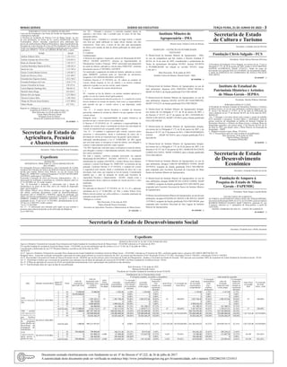 Minas Gerais 	 Diário do Executivo	 terça-feira, 21 de Junho de 2022 – 3
PORTARIA Nº 425/IC/ACADEPOL/PCMG/2022
Curso de Pós-Graduação Lato Sensu de Gestão em Segurança Pública
e Inteligência Aplicada
A Diretora da Academia de Polícia Civil de Minas Gerais, no uso
de suas atribuições, na forma da lei, resolve DESIGNAR a Banca
Examinadora, abaixo elencada, responsável pela elaboração das
provas de conhecimentos Objetiva/Dissertativa, etapa classificatória da
formação do corpo discente do Curso de Pós-Graduação Lato Sensu de
Gestão em Segurança Pública e InteligênciaAplicada, processo seletivo
regido pelo AVISO n.º 191/IC/ACADEPOL/PCMG/2022, a saber:
NOME MASP
Adelino Pinheiro Silva 1.145.213-3
Antônio Cipriano das Neves Silva 1.254.055-5
Bruno de Almeida Felipe 1.145.211-7
Carolina Bechelany Batista da Silva 1.188.443-4
Daniel de Laia 1.113.705-6
Elenice Cristine Batista Ferreira 1.145.067-3
Emílio de Oliveira e Silva 1.237-499-7
Fernanda Inez Siqueira Arantes 1.412.768-2
Fernanda Rodrigues da Costa 1.410.177-8
Gustavo Persichini de Souza 370.197-6
Letícia Baptista Gamboge Reis 386.041-8
Michelle Marie Braga 453.830-2
Robson Silva de Aguiar 1.237.896-4
Theylon Cardoso Melo 1.189.328-6
Thiago de Oliveira Souza Pacheco 1.237.898-0
Yukari Miyata 457.758-1
Registre-se. Publique-se. Cumpra-se.
Academia de Polícia Civil de Minas Gerais, em
Belo Horizonte, aos 20 de junho de 2022.
Cinara Maria Moreira Liberal
Delegada-Geral de Polícia
Diretora da Academia de Polícia Civil
20 1650687 - 1
Secretaria de Estado de
Agricultura, Pecuária
e Abastecimento
Secretário: Thales Almeida Pereira Fernandes
Expediente
DESPACHO
REFERÊNCIA: PROCESSO Nº 1230.01.0001062/2022-09.
RELATÓRIO
Foi instaurado Processo Administrativo, para Constituição de Crédito
Estadual Não Tributário de Valores de Multa de Trânsito, possivelmente
devida pelo Senhor Wilson Alves Ribeiro, no uso do veículo Ford
Ranger XL, HMH 8307, conforme Despacho nº 36/2021/SEAPA/SPGF
(44559925), publicação nº 44559994.
Encerrada a instrução de ofício do Processo Administrativo - PA, o
interessado foi notificado a manifestar-se, conforme disposto pela Lei
nº 14.184/2002, art. 36, senão vejamos:
“Art. 36 Encerrada a instrução, o interessado terá o direito de
manifestar-se no prazo de dez dias, salvo em virtude de disposição
legal” (grifo próprio).
Pelo Senhor Wilson Alves Ribeiro encontrar-se em lugar incerto e
não sabido, conforme documentos e-mail do domicílio/endereço,
documento SEI nº 44560238 e 44560365, aquele foi notificado, por
edital, com 08 (oito) publicações consecutivas nº 45645611; 45719375;
45800810; 45880613; 45963010; 46035956; 46118233 e 46193127,
sustentado no art. 37 da Lei nº 14.184/2002; subsidiariamente no art.
225 da Lei nº 869/1952, senão vejamos:
“Lei nº 14.184/2002:
Art. 37 – O interessado será intimado pelo órgão em que tramitar o
processo para ciência da decisão ou da efetivação de diligência;
Lei nº 869/1952:
Art. 225 – Ultimado o processo, a comissão mandará, dentro de
quarenta e oito horas, citar o acusado para, no prazo de dez dias,
apresentar defesa.
Parágrafo único – Achando-se o acusado em lugar incerto, a citação
será feita por edital publicado no órgão oficial, durante oito dias
consecutivos. Neste caso, o prazo de dez dias para apresentação
da defesa será contado da data da última publicação do edital (grifo
próprio).
É o relatório.
Fundamentação
A Diretoria de Logística e Aquisições, através do Memorando.SEAPA/
DPO.nº 320/2020 (44559157), solicitou ao Superintendente de
Planejamento, Gestão e Finanças - SPGF, autorização para pagamento
de multa de trânsito, aplicada ao veículo placa HMH-8307, conforme
documentos anexos nº 44558895 e 44559079.
Foi autorizado o pagamento da multa de trânsito, aplicada ao veículo
placa HMH8307, conforme pode ser observado do documento,
Despacho nº 651/2020/SEAPA/SPGF (44559201).
Conforme Decreto nº 47.539/2018, art. 10, caberá ao condutor do
veículo oficial respeitar as leis de trânsito e as normas estaduais
aplicáveis à gestão e ao uso do veículo, senão vejamos:
“Art. 10 – O condutor de veículo oficial deverá:
(...)
III – respeitar as leis de trânsito e as normas estaduais aplicáveis à
gestão e ao uso do veículo oficial (grifo próprio);
Conforme o mesmo decreto descrito acima, art. 11, o usuário do veículo
deverá obedecer às normas de transito, bem como se responsabilizar
pelo período em que o veículo estiver à sua disposição, senão
vejamos:
“Art. 11 – O usuário deverá fiscalizar a exatidão do itinerário
percorrido, obedecer às normas de trânsito e às que regulam o uso do
veículo oficial.
Parágrafo único – As responsabilidades do usuário limitam-se ao
período em que o veículo estiver à sua disposição.
O Decreto nº 47.539/2018, art. 35, estabelece a responsabilidade do
condutor do veículo, desde o recebimento da chave até a devolução do
veículo ao responsável por sua guarda, senão vejamos:
“Art. 35 – O condutor é responsável pelo veículo, inclusive pelos
acessórios e sobressalentes, desde o recebimento da chave até a
devolução do veículo ao responsável por sua guarda” (grifo próprio).
Aplicando subsidiariamente a Lei nº 10.406/2002, art. 884, aquele
que sem justa causa, se enriquecer à custa de outrem, será obrigado a
restituir o indevidamente auferido, senão vejamos:
“Art. 884. Aquele que, sem justa causa, se enriquecer à custa de outrem,
será obrigado a restituir o indevidamente auferido, feita a atualização
dos valores monetários”.
Por todo o exposto, conforme instrução processual, em especial
Memorando.SEAPA/DPO.nº 320/2020 (44559157) e documento
identificador do condutor (44559079), o Senhor Wilson Alves Ribeiro
conduzia o veículo Ford Ranger XL, HMH 8307, no momento da sua
autuação. Conforme Decreto nº 47.539/2018, o condutor do veículo
é responsável pelo mesmo, desde o recebimento da chave até a sua
devolução, bem como, por respeitar as leis de transito. Considerando
também que, o valor da autuação foi arcada pela Secretaria de
Agricultura Pecuária e Abastecimento - SEAPA, visando evitar o
locupletamento ilícito, caberá ao condutor do veículo devolver o valor
atualizado.
Dispositivo
Por aplicação do Decreto nº 47.539/2018, art. 10, 11 e 35 e, aplicação
subsidiaria da Lei nº 10.406/2002, art. 884, o senhor Wilson Alves
Ribeiro deverá restituir aos cofres públicos, o montante atualizado da
autuação arcado pela SEAPA.
Publique-se o extrato.
Belo Horizonte, 23 de maio de 2022.
Thales Almeida Pereira Fernandes
Secretário de Agricultura, Pecuária e Abastecimento de Minas Gerais
07 1645389 - 1
Instituto Mineiro de
Agropecuária - IMA
Diretor-Geral: Antônio Carlos de Moraes
DESPACHO – EXTINÇÃO DA PUNIBILIDADE
TAD 03/2021
O Diretor-Geral do Instituto Mineiro de Agropecuária - IMA,
no uso da competência que lhe confere o Decreto Estadual nº
48.418, de 16 de maio de 2022, considerando o cumprimento do
Termo de Ajustamento Disciplinar 03/2021, declara EXTINTA
A PUNIBILIDADE em relação ao servidor P.H.P.G- masp:
1.186.365-1.
Belo Horizonte, 20 de junho de 2022.
Antônio Carlos de Moraes. Diretor-Geral – IMA.
20 1650596 - 1
O Diretor-Geral do Instituto Mineiro de Agropecuária, no uso de
suas atribuições, dispensa ANA CRISTINA DINIZ FRANCA,
MASP 1017620-4, da função gratificada FGI-4 IM1100168.
O Diretor-Geral do Instituto Mineiro de Agropecuária, no uso de
suas atribuições, dispensa GEANE ALVES DO NASCIMENTO,
MASP 1119122-8, da função gratificada FGI-4 IM1100229.
O Diretor-Geral do Instituto Mineiro de Agropecuária designa,
nos termos da Lei Delegada nº 175, de 26 de janeiro de 2007, e
do Decreto nº 45.537, de 27 de janeiro de 2011, ESTANISLAU
FRANCA DE SOUZA, MASP 1125396-0, para a função gratificada
FGI-4 IM1100168.
O Diretor-Geral do Instituto Mineiro de Agropecuária designa,
nos termos da Lei Delegada nº 175, de 26 de janeiro de 2007, e do
Decreto nº 45.537, de 27 de janeiro de 2011, CARLOS HENRIQUE
OTONI	 , MASP 1017639-4, para a função gratificada FGI-4
IM1100149.
O Diretor-Geral do Instituto Mineiro de Agropecuária designa,
nos termos da Lei Delegada nº 175, de 26 de janeiro de 2007, e do
Decreto nº 45.537, de 27 de janeiro de 2011, MARCOS DA COSTA
LEMOS DA COSTA, MASP 1120488-0, para a função gratificada
FGI-4 IM1100229.
O Diretor-Geral do Instituto Mineiro de Agropecuária, no uso de
suas atribuições, designa CARLOS HENRIQUE OTONI, MASP
1017639-4, ocupante da função gratificada FGI-4 IM11000149,
para responder pelo Escritório Seccional de Conceição do Mato
Dentro do Instituto Mineiro de Agropecuária.
O Diretor-Geral do Instituto Mineiro de Agropecuária, no uso de
suas atribuições, designa MARCOS DA COSTA LEMOS, MASP
1120488-0, ocupante da função gratificada FGI-4 IM1100229, para
responder pelo Escritório Seccional de Passos do Instituto Mineiro
de Agropecuária.
O Diretor-Geral do Instituto Mineiro deAgropecuária, no uso de suas
atribuições, designa ESTANISLAU FRANCA DE SOUZA, MASP
1125396-0, ocupante da função gratificada FGI-4 IM1100168, para
responder pelo Escritório Seccional de Sete Lagoas do Instituto
Mineiro de Agropecuária.
20 1650389 - 1
Secretaria de Estado
de Cultura e Turismo
Secretário: Leônidas José de Oliveira
Fundação Clóvis Salgado - FCS
Presidente: Eliane Denise Parreiras Oliveiras
A Presidente da Fundação Clóvis Salgado, nos termos do art. 7º da Lei
Delegada nº 175, de 26 de janeiro de 2007, atribui a ANA CRISTINA
SANTOS ALVARENGA, MASP 1374272-1, titular do cargo de
provimento em comissão DAI-22 CS1100245, de recrutamento amplo,
a chefia da GERÊNCIA DA COMPANHIA DE DANÇA PALÁCIO
DAS ARTES.
20 1650407 - 1
Instituto de Estadual do
Patrimônio Histórico e Artístico
de Minas Gerais - IEPHA
Presidente: Marília Palhares Machado
PORTARIA IEPHA Nº 21/2022
A Presidente do Instituto Estadual do Patrimônio Histórico e Artístico
de Minas Gerais, no uso de suas atribuições conforme disposto no art.
8º, inciso I do Decreto nº 47.921, de 22 de abril de 2020,tendo em
vista o disposto no art. 5º do Decreto 48.419, de 16 de maio de 2022,
RESOLVE:
Art. 1º Designar a servidora abaixo para compor o grupo de trabalho
(GT) destinado a pesquisar, levantar dados e informações, detectar
pontos sensíveis de integridade no âmbito do Instituto Estadual do
Patrimônio Histórico e Artístico de Minas Gerais, e elaborar Plano de
Integridade específico, nos termos doart. 5º do Decreto 48.419, de 16
de maio de 2022, que dispõe sobre o Plano Mineiro de Promoção da
Integridade – PMPI:
I – Rafaela Cossenzo Lopes, Masp. 752.634-6.
Art. 2º Esta portaria entra em vigor na data de sua publicação.
Belo Horizonte, 20 de junho de 2022.
Marília Palhares Machado
Presidente IEPHA/MG
20 1650395 - 1
Secretaria de Estado
de Desenvolvimento
Econômico
Secretário: Fernando Passalio de Avelar
Fundação de Amparo à
Pesquisa do Estado de Minas
Gerais - FAPEMIG
Presidente: Paulo Sérgio Lacerda Beirão
ATO DO CHEFE DE GABINETE
AUTORIZA AFASTAMENTO PARA GOZO DE FÉRIAS-PRÊMIO,
nos termos da Resolução SEPLAG nº 22, de 25/4/2003, ao(à) servidor(a)
RODRIGO BORGES SOARES, MaSP 1368419-6, admissão 01, por
2 mes(es): referente ao 1° quinquênio de férias-prêmio, a partir de
18/07/2022.
DANIEL FERREIRA DE SOUZA – CHEFE DE GABINETE.
20 1650627 - 1
Secretaria de Estado de Desenvolvimento Social
Secretária: Elizabeth Jucá e Mello Jacometti
Expediente
RESOLUÇÃO CEAS Nº 16, DE 15 DE JUNHO DE 2022.
Aprova o Relatório Trimestral de execução físico-financeira do Fundo Estadual de Assistência Social de Minas Gerais – FEAS/MG referente ao 4º trimestre de 2021. 
O Conselho Estadual de Assistência Social de Minas Gerais – CEAS/MG, no uso das atribuições que lhe confere a Lei nº 12.262, de 23 de julho de 1996 e, 
Considerando a deliberação de sua 273ª Plenária Ordinária, ocorrida no dia 20 de maio de 2022,
 RESOLVE: 
Art.1º. Aprovar o Relatório Trimestral de execução físico-financeira do Fundo Estadual de Assistência Social de Minas Gerais – FEAS/MG, referente ao 4º trimestre de 2021, conforme quadro anexo e processo SEI 1480.01.0003744/2021-59.
Parágrafo único.  A presente resolução corresponde à aprovação de contas anual referente ao exercício financeiro de 2021, nos termos das Resoluções CEAS: Resolução CEAS nº 731/2021, Resolução CEAS nº 746/2021, e Resolução CEAS nº 748/2022. 
Art.2º. Recomendar à Secretaria de Estado de Desenvolvimento Social - SEDESE que envide esforços junto à Secretaria de Estado de Planejamento - Seplag e à Secretaria de Estado de Fazenda - SEF para que seja executado 100% do orçamento do Fundo Estadual de Assistência Social - FEAS.
Art. 3º.  Determinar à Sedese que a execução do orçamento seja realizada à luz do plano de aplicação de recursos do FEAS/MG e do Plano Estadual de Assistência Social - PEAS.
Art. 4º. O Plano de aplicação de recursos do FEAS será atualizado trimestralmente com a apresentação das justificativas das alterações.
Art. 5º. Esta Resolução entra em vigor na data de sua publicação.
Belo Horizonte, 15 de junho de 2022.
Mariana de Resende Franco
Presidente do Conselho Estadual de Assistência Social CEAS/M
Detalhamento da Lei Orçamentária Anual
ação dotação orçamentária
grupo de
despesa
fonte
valor do
orçamento
aprovado (loa)
valor do
orçamento com
alterações (loa
+ créditos/
anulações)
meta
física
(pactuada
no ppag)
4º trimestre (outubro, novembro e dezembro) total anual de execução
execução
orçamentária
(empenhada)
% execução
orçamentária
(em relação
ao orçamento
alterado)
execução
financeira
(valor pago)
% execução
financeira
(em
relação ao
orçamento
alterado)
meta física
executada
% execução da
meta física
total anual
de execução
orçamentária
(empenhada)
% execução
orçamentária
total
(loa +
créditos/
anulações)
valor de
execução
financeira total
(valor pago)
% execução
financeira
total (em
relação ao
orçamento
alterado)
meta física
executada
total
% execução
da meta
física - total
1059 -
a p r o x i m a ç ã o
suas
08.244.65.1059.0001
3 56 72.000,00 72.000,00
47
-1.582,20 -2,20% 1.824,00 2,53%
47 100,00%
3.129,80 4,35% 3.417,80 4,75%
47 100,00%
3 10 20.050.000,00 0 0 0,00% 0 0,00% 0 0,00% 0 0,00%
3 60 0 0 0 0,00% 0 0,00% 0 0,00% 0 0,00%
3 71 0 1.205.428,52 1.203.760,49 99,86% 1.085.872,86 90,08% 1.203.760,49 99,86% 1.085.872,86 90,08%
4 10 0 100.748,00 0 0,00% 0 0,00% 0 0,00% 0 0,00%
4 60 0 4.000.000,00 3.999.656,39 99,99% 0 0,00% 3.999.656,39 99,99% 0 0,00%
4 71 0 166.000,00 161.380,35 97,22% 161.380,35 97,22% 161.380,35 97,22% 161.380,35 97,22%
total da ação 20.122.000,00 5.544.176,52 47 5.363.215,03 96,74% 1.249.077,21 22,53% 47 100,00% 5.367.927,03 96,82% 1.250.671,01 22,56% 47 100,00%
1066 - auxílio
e m e r g e n c i a l
t e m p o r á r i o
para famílias
beneficiárias
do programa
bolsa família em
decorrência da
propagação do
coronavírus
08.244.65.1066.0001
3 71 1.000,00 607.387.509,38
1
-386.826.466,29 -63,69% 233.102.889,46 38,38%
1.027.642,00 102764200,00%
264.536.943,96 43,55% 233.102.889,46 38,38%
1.027.642,00 102764200%
3 95 0 350.000.000,00 350.000.000,00 100,00% 350.000.000,00 100,00% 350.000.000,00 100,00% 350.000.000,00 100,00%
3 99 0 36.826.466,29 36.826.466,29 100,00% 36.826.466,29 100,00% 36.826.466,29 100,00% 36.826.466,29 100,00%
total da ação 1.000,00 994.213.975,67 0 0,00% 619.929.355,75 62,35% 1.027.642,00 102764200,00% 651.363.410,25 65,52% 619.929.355,75 62,35% 1.027.642,00 102764200%
4129 -
c a p a c i t a ç ã o ,
apoio técnico e
gestão do suas
08.244.65.4129.0001
3 56 798.000,00 798.000,00
6.000
160.531,46 20,12% 29.475,68 3,69%
5.629 93,82%
365.663,20 45,82% 109.256,24 13,69%
30.109 501,82%
4 56 0 341.008,34 67.696,80 19,85% 113.647,20 33,33% 67.696,80 19,85% 113.647,20 33,33%
4 71 0 186.466,00 186.466,00 100,00% 0 0,00% 186.466,00 100,00% 0 0,00%
total da ação 798.000,00 1.325.474,34 6.000 414.694,26 31,29% 143.122,88 10,80% 5.629 93,82% 619.826,00 46,76% 222.903,44 16,82% 30.109 501,82%
Documento assinado eletrônicamente com fundamento no art. 6º do Decreto nº 47.222, de 26 de julho de 2017.
A autenticidade deste documento pode ser verificada no endereço http://www.jornalminasgerais.mg.gov.br/autenticidade, sob o número 320220621011231013.
 