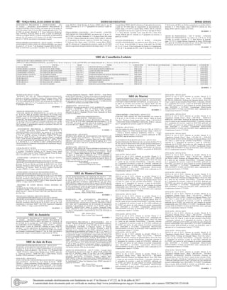 48 – terça-feira, 21 de Junho de 2022	 Diário do Executivo	 Minas Gerais
AFASTAMENTO PRELIMINAR À APOSENTADORIA – ATO
N° 14/2022 – REGISTRA AFASTAMENTO PRELIMINAR À
APOSENTADORIA VOLUNTÁRIA, nos termos do § 24 do artigo 36
da CE/89 e artigo 9º da LCE 64, de 2002, redação dada pela LCE n° 156,
de 2020, do servidor: Baependi: E. E. Nossa Senhora de Montserrat,
masp 369.930-3, Francisca Maria da Silva, a partir da publicação,
referente ao ATB5M adm 02, à vista de requerimento de aposentadoria
pelo art. 147, § 2º, inciso I, e § 3º, inciso I, § 5º do ADCT, acrescentado
pela EC n° 104/20, com direito à remuneração integral.
FÉRIAS-PRÊMIOAFASTAMENTO –ATO N° 29/2022 –AUTORIZA
AFASTAMENTO PARA GOZO DE FÉRIAS-PRÊMIO, nos termos
do inciso II, § 1º do art. 3º da Resolução Conjunta SEPLAG/SEE n°
8656, de 02/07/2012, ao servidor: Carvalhos: E. E. Ana Dantas Motta,
masp 280.934-1, Paulo Marinho de Freitas, ASB3O adm 01, por 09
meses, referentes ao 5º, 6º e 7º quinquênios de exercício, a partir de
25/6/2022.
FÉRIAS-PRÊMIO CONCESSÃO – ATO N° 08/2022 – CONCEDE
TRÊS MESES DE FÉRIAS-PRÊMIO, nos termos do § 4º do art. 31,
da CE/1989, ao servidor: Itanhandu: E. E. Professor Souza Nilo, masp
1.130.340-1, Gláucia Aparecida de Lorenzo, PEB1G adm 01, referente
ao 3º quinquênio de exercício a partir de 9/4/2020; São Lourenço: E.
E. Professor Túlio Bento, masp 1.116.392-0, Luciana Marra, PEB1C
adm 03, referente ao 1º quinquênio de exercício, a partir de 10/1/2020
(data do requerimento de aproveitamento de tempo); masp 1.116.392-0,
Luciana Marra, PEB1C adm 03, referente ao 2º quinquênio de exercício,
a partir de 10/1/2020 (data do requerimento de aproveitamento de
tempo); masp 1.116.392-0, Luciana Marra, PEB1C adm 03, referente
ao 3º quinquênio de exercício, a partir de 2/6/2022; Soledade de Minas:
E. E. Dona Mariana Carvalhal Costa, masp 852.536-2, Omar Elias
Abraão, PEB1B adm 05, referente ao 5º quinquênio de exercício, a
partir de 13/2/2022.
LICENÇA-PATERNIDADE – ATO N° 06/2022 – CONCEDE
LICENÇA-PATERNIDADE, nos termos do inciso XIX, do art. 7º, c/c
o § 3º do art. 39 da CR/1988, § 1º do art. 10 do ADCT da CE/1988;
art. 31 e § 11 do art. 39 da Constituição do Estado; Lei Complementar
n° 165, de 17 de setembro de 2021; e art. 2º do Decreto n° 48.368, de
17 de fevereiro de 2022, por 20 dias consecutivos, ao servidor efetivo:
Itamonte: E. E. Nilo Peçanha, masp 1.280.255-9, Jeferson da Silva
Braga, PEB1C adm 02, a partir de 4/5/2022.
20 1650457 - 1
ABONO DE PERMANÊNCIA – ATO N° 09/2022 – CONCEDE
ABONO DE PERMANÊNCIA, nos termos do § 20 do art. 36 da
CE/1989, ao servidor: Caxambu: E. E. Ruth Martins de Almeida,
masp 725.157-2, Claudia Maximo Figueiredo de Souza, PEB1B adm
04, a partir de 15/6/2022, nos termos do art. 146 do ADCT da CE/89,
acrescentado pela Emenda Constitucional n° 104/2020.
20 1650467 - 1
SRE de Conselheiro Lafaiete
AMPLIAÇÃO DE CARGA HORÁRIA-ATO N.º 02/2022.
AMPLIAA CARGA HORÁRIA SEMANAL, nos termos do § 3º do art. 34 da Lei n.º 15.293, de 05/08/2004, com redação dada pelo art. 1º da Lei n.º 20.592, de 28/12/2012, dos professores:
MUNICÍPIO ESCOLA MASP NOME CARGO/ADM DE Nº DE AULAS SEMANAIS PARA Nº DE AULAS SEMANAIS A PARTIR DE:
CASA GRANDE EE SILVESTRE NUNES 1.153.013-6 VICENTE DE PAULA COSTA PEB 1C/04 12 15 14/05/2022
CONSELHEIRO LAFAIETE EE AUGUSTO JOSÉ VIEIRA 1.470.012-4 LEDA MARIA MATOS DORNELAS PEB 1A/01 10 14 07/03/2022
CONSELHEIRO LAFAIETE EE GERALDO BITTENCOURT 1.183.545-1 ALINE DUARTE DE MATOS PEB 1B/03 14 16 07/02/2022
CONSEHEIRO LAFAIETE EE GERALDO BITTENCOURT 1.226.152-5 ALOÍSIO DA SILVA PEB 1C/03 12 15 20/04/2022
CONSELHEIRO LAFAIETE EE QUEIROZ JÚNIOR 828.514-0 ALDEMAR MARIA DE MATOS TEIXEIRA RODRIGUES PEB 1B/03 10 15 07/02/2022
ENTRE RIOS DE MINAS EE PEDRO DOMINGUES 1.342.502-0 MÁRCIA MARIA DA SILVA PEB1B/03 9 11 03/05/2022
OURO BRANCO EE CÔNEGO LUIZ VIEIRA DA SILVA 1.141.675-7 PATRÍCIA JANAÍNA GONÇALVES PEB 1A/03 14 16 04/05/2022
OURO BRANCO EE CÔNEGO LUIZ VIEIRA DA SILVA 1.180.614-8 ADRIANA MARTA DA SILVA PEB 2C/03 12 16 04/05/2022
OURO BRANCO EE IRACEMA DE ALMEIDA 1.452.455-7 JEFFERSON FREIRE PEB 1A/02 7 8 23/03/2022
QUELUZITO EE SANTO AMARO 622.211-1 EDILSON ALEXANDRE PEREIRA DE REZENDE PEB 2C/03 12 16 30/05/2022
20 1650213 - 1
RETIFICAÇÃO-ATO N.º 11/2022.
RETIFICA, NO ATO DE FÉRIAS-PRÊMIO/AFASTAMENTO,
referente à servidora: Conselheiro Lafaiete, EE Queiroz Júnior, MaSP
865.716-5, Saadh Aparecida Simões Castilho, PEB3M, 2º cargo. Ato
nº 03/2013 publicado em 02/10/2013, por incorreção na referência dos
quinquênios, onde se lê: 2º e 3º quinquênios de exercício, leia-se: 1º e
2º quinquênios de exercício.
20 1650212 - 1
ABONO DE PERMANÊNCIA-ATO N.º 12/2022.
CONCEDE ABONO DE PERMANÊNCIA, nos termos do § 20 do
art. 36 da CE/ 1989, da servidora: Ouro Branco, EE Levindo Costa
Carvalho, MaSP 368.994-0, Marília Marta de Campos Borges, 1º cargo,
ATB3N, a partir de 30/11/2021, data do cadastro do requerimento no
sistema SEI. Nos termos da Redação dada EC nº 104 de 2020 e artigo
151 do ADCT da CE/89-Regras de Transição-combinado com o artigo
147 do ADCT, acrescentado pela Emenda Constitucional n.º 104, de
2020 (incluindo a aposentadoria especial de professor) REGRA DE
TRANSIÇÃO/PEDÁGIO.
AFASTAMENTO PRELIMINAR À APOSENTADORIA-ATO
N.º 21/2022. REGISTRA AFASTAMENTO PRELIMINAR À
APOSENTADORIA VOLUNTÁRIA, nos termos do § 24 do artigo
36 da CE/89 e artigo 9º da LCE 64, de 2002, redação dada pela LCE
nº 156, de 2020, da servidora: Conselheiro Lafaiete, EE Geraldo
Bittencourt, MaSP 554.489-5, Rosalie Geertrui Renault Arnould da
Costa, a partir da data da publicação, referente ao 3º cargo, PEB1B,
à vista de requerimento de aposentadoria pelo art. ART 147, §§ 1º
E 2º, INCISO II, E § 3º, INCISO II ADCT ACRESCENTADO EC
104/20 com direito à média das remunerações de contribuição integral,
correspondente a 74 h/a.
LOTAÇÃO-ATO N.º 03/2022.
LOTA, nos termos do inciso I do art. 75 da Lei nº 7109, de 13/10/1977,
a servidora: Conselheiro Lafaiete, na EE Queiroz Júnior, MaSP
566.939-5, Laize Lúcia de Faria, PEB1B, conteúdo Física, 06 horas/
aula, nº de admissão 03, a partir de 14/06/2022.
CONSELHEIRO LAFAIETE-EE LUIZ DE MELLO VIANNA
SOBRINHO.
AFASTAMENTO POR MOTIVO DE LUTO-ATO N.º 01/2022.
REGISTRAAFASTAMENTO POR MOTIVO DE LUTO, nos termos
da alínea “b” do art. 201 da Lei nº 869, de 05/07/1952 e art. 19 da
Instrução Normativa SEPLAG/SCAP Nº 01/2012, por até oito dias
consecutivos, ao servidor: MaSP 881.805-6, Adriano Lucienio de
Resende, PEBD1A, 3º cargo, a partir de 14/04/2022.
CONSELHEIRO LAFAIETE-EE MONSENHOR HORTA.
AFASTAMENTO POR MOTIVO DE LUTO-ATO N.º 01/2022.
REGISTRAAFASTAMENTO POR MOTIVO DE LUTO, nos termos
da alínea “b” do art. 201 da Lei nº 869, de 05/07/1952 e art. 19 da
Instrução Normativa SEPLAG/SCAP Nº 01/2012, por até oito dias
consecutivos, à servidora: MaSP 973.040-9, Maria Aparecida Agenor,
ASB1A, 1º cargo, a partir de 06/06/2022.
DESTERRO DE ENTRE RIOS-EE NOSSA SENHORA DE
FÁTIMA.
ALTERAÇÃO DE NOME-ATO N.º 03/2022.
ALTERA O NOME, à vista de documento apresentado, da servidora:
MaSP 866.692-7, Maria do Carmo Lima Lara, para Maria do Carmo
de Lima Lara.
PIRANGA-EE CORONEL AMANTINO MACIEL.
AFASTAMENTO POR MOTIVO DE LUTO-ATO N.º 04/2022.
REGISTRAAFASTAMENTO POR MOTIVO DE LUTO, nos termos
da alínea “b” do art. 201 da Lei nº 869, de 05/07/1952 e art. 19 da
Instrução Normativa SEPLAG/SCAP Nº 01/2012, por até oito dias
consecutivos, à servidora: MaSP 1.460.190-0, Aparecida Evangelista
Coelho, ASB1A, 1º cargo, a partir de 06/06/2022.
20 1650215 - 1
SRE de Januária
AFASTAMENTO PRELIMINAR À APOSENTADORIA – ATO
N° 22/2022 - REGISTRA AFASTAMENTO PRELIMINAR À
APOSENTADORIA VOLUNTÁRIA, nos termos do § 24 do art. 36
de CE/1989, do (s) servidor (es): JANUÁRIA - E.E. PROFESSOR
CLAUDEMIRO ALVES FERREIRA – MaSP 847.657-7 – Edvânia
Mota Borges, a partir de 20/06/2022 referente ao cargo PEB1/IN,
admissão 1, a vista requerimento de aposentadoria pelo Art. 147, §§
1º e 2º, INCISO I, e §3º, Inciso I, DO ADCT da CE/89, acrescentado
pela Emenda Constitucional Estadual Nº 104, de 2020, com direito à
remuneração integral, correspondente à carga horária de 109 h/a
20 1650010 - 1
SRE de Juiz de Fora
AFASTAMENTO POR MOTIVO DE LUTO – ATO Nº 22/22
REGISTRA AFASTAMENTO POR MOTIVO DE LUTO, nos termos
da alínea “b” do art. 201 da Lei nº 869, de 05/07/1952, por até oito dias
consecutivos, ao(s) servidor(es): - Juiz de Fora – E.E. Fernando Lobo
– MaSP: 373.814-3 – Maria Cecília Alhadas Gomes, PEB2C, admissão
3, a partir de 31/05/22; - MaSP: 831.382-7 – Odon Heleno Teixeira
Rezende, PEB1B, admissão 4, a partir de 05/06/22.
ANULAÇÃO – ATO Nº 05/22
ANULA ATO(S) DE FÉRIAS-PRÊMIO/AFASTAMENTO, referentes
ao(s) servidor(es): - Juiz de Fora – E.E. Duque de Caxias – MaSP:
389.905-1 – Denise Guimarães, PEB1P, admissão 1, na parte em que
autorizou afastamento para gozo de Férias-Prêmio por 1 mês referente
ao 5º quinquênio de exercício, a partir de 04/04/22, no ato nº 03/22
publicado em 29/03/22, por motivo de impossibilidade de usufruição;
- Instituto Estadual de Educação – MaSP: 389.910-1 – Isaias Batista
Rocha, PEB3P, admissão 2, na parte em que autorizou afastamento para
gozo de férias prêmio por 01 mês referente ao 5º quinquênio de exercício
a partir de 01/06/22, no ato nº 08/22 publicado em 31/05/22, por motivo
de aplicação do disposto no Memorando-Circular nº 23/2022/SEE/SG
– GABINETE referente aoAcórdão ADPF 915 MG.
DESIGNAÇÃO – ATO Nº 07/2022
DESIGNA, nos termos do Decreto nº 18.073, de 08/09/1976, a seguinte
servidora: - GUARARÁ – Para E.E. Professor Irineu Guimarães,
MaSP: 1.321.991-0, Stella Rossi Correa Roque, ATB, 30 horas,
admissão 02, da E.E. Deputado Oliveira Souza, município de Bicas,
a contar de 06/06/2022.
PROCESSO ADMINISTRATIVO –
INSTAURAÇÃO – PORTARIA 03/2022
Determina a instauração de processo administrativo, nos termos da
Lei n.º 14.184, de 31.01.2002, combinado com a Resolução n.º 37, de
12.09.2005, para apurar concessão indevida de vantagens e benefícios
ao (s) servidor (es): - MaSP: 1.322.547-9 – S.C.T.N.S., admissão 2.
Dalva Rodrigues de Amorim
Superintendente Regional de Ensino
15 1649607 - 1
RETIFICAÇÃO – ATO Nº 04/22
RETIFICA O(S) ATO(S) DE AFASTAMENTO POR MOTIVO DE
LUTO, referente ao(s) servidor(es): - Juiz de Fora – E.E. Antônio
Carlos – MaSP: 837.806-9 – Angélica Maria de Carvalho, EEB3J,
admissão 1, por motivo de incorreção na data da vigência, ato nº 17/22
publicado em 17/05/22, onde se lê: a partir de 08/05/22, leia-se: a partir
de 01/05/22.
RETIFICAÇÃO – ATO Nº 01/22
RETIFICA, O(S) ATO(S) DE FÉRIAS-PRÊMIO/CONVERSÃO EM
ESPÉCIE/APOSENTADORIA, referentes ao(s) servidor(es): - Juiz de
Fora – Servidor em afastamento preliminar à aposentadoria – MaSP:
157.453-2 – Elmira Maria Moreira da Silva, ATB5M, admissão 2,
por motivo de incorreção na publicação, ato nº 02/22 publicado em
14/06/22, onde se lê: 03 meses e 19 dias referentes ao 1º quinquênio de
exercício, restando-lhe 11 dias para conversão em espécie, leia-se: 02
meses e 19 dias referentes ao 1º quinquênio de exercício, restando-lhe
11 dias para conversão em espécie.
Dalva Rodrigues de Amorim
Superintendente Regional de Ensino
15 1649609 - 1
SRE de Montes Claros
OPÇÃO REMUNERATÓRIA DE DIRETOR DE ESCOLA – ATO
Nº 03/2022 –REGISTRA OPÇÃO REMUNERATÓRIA, nos termos
do inciso II, art.23 da Lei nº 21.710 de 2015 e Art.28-A da Lei nº
15.293 de 2004 do(s) servidor(es): JOSENÓPOLIS, E.E. Juca Maria,
MaSP.1084304-3, Imgla Luiz Vieira, PEB1A, adm.05 e PEB1B, adm.04,
pela remuneração composta pela soma dos dois cargos efetivos, acrescida
de 50% (cinquenta por cento) da remuneração do cargo de provimento
em comissão de Diretor de Escola DIV, a partir de 20/06/2022, vinculado
ao cargo efetivo de PEB1A, adm.05.
SRE– Montes Claros
Diretora – Maria Levimar Viana Tupinambá
20 1650059 - 1
RETIFICAÇÃO DE AFASTAMENTO PRELIMINAR À
APOSENTADORIA – ATO Nº 07/2022 – Retifica, no(s) Ato(s) de
concessão/retificação, referente ao(s) servidor(res): MONTES CLAROS,
Serv. afast. prel. à aposentadoria, ato de concessão de afastamento
preliminar à aposentadoria por invalidez, ato nº 06/2022, pub. MG
24/05/2022, MaSP.621938-0, Mabel de Lourdes Tupinambá Prates,
PEB1C, admissão 01, onde se lê: correspondente à carga horária de 108
h/a, leia-se: correspondente à carga horária de 36 h/a, por incorreção na
carga horária.
SRE– Montes Claros
Diretora – Maria Levimar Viana Tupinambá
20 1650043 - 1
AFASTAMENTO PRELIMINAR À APOSENTADORIA - ATO Nº
17/2022 - Registra afastamento preliminar à aposentadoria voluntária,
nos termos do § 24 do art. 36 da CE/1989, do (s) servidor (es):
ENGENHEIRO NAVARRO, E.E.Mamede Pacífico de Almeida,
MaSP.587709-7, Rosemary Dias de Oliveira Alexandre, a partir da
publicação do ato, referente ao cargo PEB1L, admissão 02, à vista do
requerimento de aposentadoria pelo Artigo 147, §§ 1º e 2º, Inciso I, e §
3º, Inciso I do ADCT, acrescentado pela ECE nº 104 de 2020, com direito
à remuneração integral, correspondente à carga horária de 108 h/a e 02
h/a (Ex.C), acrescido da gratificação de vice-diretor conforme 1086 dias
de percepção; PATIS, E.E.Francisco Andrade, MaSP.595680-0, Juarez
Amadeu Alves Rosa, a partir da publicação do ato, referente ao cargo
PEB1L, admissão 1, à vista do requerimento de aposentadoria peloArtigo
147, §§ 1º e 2º, Inciso I, e § 3º, Inciso I do ADCT, acrescentado pela ECE
nº 104 de 2020, com direito à remuneração integral, correspondente à
carga horária de 108 h/a e 13 h/a (Ex.C), acrescido da gratificação de
vice-diretor conforme 1086 dias de percepção.
ABONO DE PERMANÊNCIA – ATO Nº 13/2022 – Concede Abono
de Permanência, nos termos do artigo 36, §20 da CE/89, redação dada
pela ECE nº 104/2020 e artigo 151 do ADCT da CE/89 combinado
com artigo 147 do ADCT, acrescentado pela ECE nº 104/2020, aos
servidores: BOCAIUVA, E.E.Genesco Augusto Caldeira Brant,
MaSP.1060381-9, Rita de Cássia Vieira Alves, EEB2H, admissão 01, a
partir de 14/06/2022; SÃO JOÃO DO PARAÍSO, E.E.Divane Rocha de
Sá, MaSP.886497-7, Maria Neri Bandeira Caires, PEB3P, admissão 01,
a partir de 24/05/2022.
SRE– Montes Claros
Diretora – Maria Levimar Viana Tupinambá
20 1650040 - 1
SRE de Muriaé
FÉRIAS-PRÊMIO/ CONVERSÃO EM ESPÉCIE - ATO No 07/2022.
CONVERTE FÉRIAS-PRÊMIO EM ESPÉCIE, nos termos do art. 117
do ADCT da CE/1989, ao(s) servidor (es): Muriaé, MasP: 391.168-
2-01 - José Haroldo Soares de Castro, PEB/III/P, aposentado(a) em
28/02/2020, referente(s) ao saldo de 09 mês(es).
20 1650011 - 1
FÉRIAS-PRÊMIO – CONCESSÃO – ATO Nº 25/22.
CONCEDE TRÊS MESES DE FÉRIAS-PRÊMIO, nos termos do
§ 4º do art. 31, da CE/1989, ao servidor: Muriaé / Barão do Monte
Alto, E.E. “Professor Tomás Aquino Pereira”, Masp: 1.381.603-8-02
– CRISTIANE MARIA FERREIRA CARVALHO, ATB/2/C, referente
ao(s) 1º quinquênio de exercício, a partir de 10/02/2022.
LOTAÇÃO - ATO Nº 03/22.
Lota, nos termos do inciso I, do art 75 da Lei 7109, de 13/10/77, a
servidora: Muriaé, E.E. “Pedro Vicente de Freitas”, Masp: 1.184.613-6-
– ÂNGELA MARIA MORAES BARBOSA, PEB/1/A – Língua
Estrangeira Moderna-Inglês), 15 a/s. Conforme publicação no MG:
08/06/2022, data de exercício: 01/02/2022.
AFASTAMENTO POR MOTIVO DE LUTO – ATO Nº 19/22.
Registra Afastamento Por Motivo de Luto, nos termos da alínea “b” do
art. 201, da Lei nº 869 de 05/07/1952, por até oito dias consecutivos, a
servidora: Muriaé / Patrocínio do Muriaé, E.E. “José Bonifácio”, MasP:
1.274.378-7-01 – ROBERTO VARGAS MONTEIRO DE SOUZA,
Professor da Educação Básica – PEBD1A, no período de 08/06/2022
a 15/06/2022.
ANULAÇÃO - ATO N° 156/22.
ANULA no Ato nº 43/21, referente ao servidor: Muriaé, E. E.
“Engenheiro Orlando Flores”, Masp: 1.048.577-9-04 – JOSÉ CARLOS
ARQUETTI FILHO, Professor da Educação Básica, Nível 2/II, Grau
C, a parte em que concedeu Férias-Prêmio - Concessão, referente
ao 1° quinquênio de exercício, a partir de 17/08/2021, publicado em
01/12/2021, por motivo de: pelo cômputo do período compreendido
entre 28/05/2020 e 31/12/2021. Considerando Ofício-Circular
SEPLAG/DNPP nº 01/2022, de 03/02/2022, sobre a aplicação da Lei
Complementar Federal nº 173/2020.
ANULAÇÃO - ATO No 157/22.
ANULA no Ato nº 43/21, referente ao servidor: Muriaé, E. E.
“Engenheiro Orlando Flores”, Masp: 1.120.150-6-03 – IVONETE
LACERDA ASSIS ANDRADE, Professor da Educação Básica, Nível
1/I, Grau D, a parte em que concedeu Férias-Prêmio - Concessão,
referente ao 1° quinquênio de exercício, a partir de 05/10/2021,
publicado em 01/12/2021, por motivo de: pelo cômputo do período
compreendido entre 28/05/2020 e 31/12/2021. Considerando Ofício-
Circular SEPLAG/DNPP nº 01/2022, de 03/02/2022, sobre a aplicação
da Lei Complementar Federal nº 173/2020.
ANULAÇÃO - ATO No 158/22.
ANULA no Ato nº 43/21, referente ao servidor: Muriaé, E. E.
“Engenheiro Orlando Flores”, Masp: 1.403.992-9-01 – MERCIA
SIRLENE DOS SANTOS, Professor da Educação Básica, Nível 1/I,
Grau B, a parte em que concedeu Férias-Prêmio - Concessão, referente
ao 1° quinquênio de exercício, a partir de 28/11/2020, publicado em
01/12/2021, por motivo de: pelo cômputo do período compreendido
entre 28/05/2020 e 31/12/2021. Considerando Ofício-Circular
SEPLAG/DNPP nº 01/2022, de 03/02/2022, sobre a aplicação da Lei
Complementar Federal nº 173/2020.
ANULAÇÃO - ATO No 159/22.
ANULA no Ato nº 43/21, referente ao servidor: Muriaé, E. E.
“Engenheiro Orlando Flores”, Masp: 600.013-7-04 – EMERSON DE
PAULO FREITAS, Professor da Educação Básica, Nível 2/II, Grau
B, a parte em que concedeu Férias-Prêmio - Concessão, referente
ao 1° quinquênio de exercício, a partir de 21/05/2021, publicado em
01/12/2021, por motivo de: pelo cômputo do período compreendido
entre 28/05/2020 e 31/12/2021. Considerando Ofício-Circular
SEPLAG/DNPP nº 01/2022, de 03/02/2022, sobre a aplicação da Lei
Complementar Federal nº 173/2020.
ANULAÇÃO - ATO No 160/22.
ANULA no Ato nº 43/21, referente ao servidor: Muriaé, E. E.
“Engenheiro Orlando Flores”, Masp: 532.131-0-01 – ROSANE
MARIA DE SOUZA, Professor da Educação Básica, Nível 2/II, Grau
P, a parte em que concedeu Férias-Prêmio - Concessão, referente ao
4° quinquênio de exercício, a partir de 07/03/2021, publicado em
01/12/2021, por motivo de: pelo cômputo do período compreendido
entre 28/05/2020 e 31/12/2021. Considerando Ofício-Circular
SEPLAG/DNPP nº 01/2022, de 03/02/2022, sobre a aplicação da Lei
Complementar Federal nº 173/2020.
ANULAÇÃO - ATO No 161/22.
ANULA no Ato nº 43/21, referente ao servidor: Muriaé, E. E.
“Engenheiro Orlando Flores”, Masp: 602.255-2-01 - RICARDO
PEREZ SANTOS, Professor da Educação Básica, Nível 3/III, Grau
I, a parte em que concedeu Férias-Prêmio - Concessão, referente ao
4° quinquênio de exercício, a partir de 10/05/2021, publicado em
01/12/2021, por motivo de: pelo cômputo do período compreendido
entre 28/05/2020 e 31/12/2021. Considerando Ofício-Circular
SEPLAG/DNPP nº 01/2022, de 03/02/2022, sobre a aplicação da Lei
Complementar Federal nº 173/2020.
ANULAÇÃO - ATO No 162/22
ANULA no Ato nº 43/21, referente ao servidor: Muriaé, E. E.
“Engenheiro Orlando Flores”, Masp: 1.163.357-5-02 – ROGÉRIO
DE SOUZA GERALDO, Professor da Educação Básica, Nível 2/II,
Grau C, a parte em que concedeu Férias-Prêmio - Concessão, referente
ao 1° quinquênio de exercício, a partir de 30/05/2020, publicado em
01/12/2021, por motivo de: pelo cômputo do período compreendido
entre 28/05/2020 e 31/12/2021. Considerando Ofício-Circular
SEPLAG/DNPP nº 01/2022, de 03/02/2022, sobre a aplicação da Lei
Complementar Federal nº 173/2020.
ANULAÇÃO - ATO No 163/22
ANULA no Ato nº 43/21, referente ao servidor: Muriaé, E. E.
“Engenheiro Orlando Flores”, Masp: 1.248.758-02 – MARLUCY
PIMENTEL JANUARIO, Professor da Educação Básica, Nível 1/I,
Grau B, a parte em que concedeu Férias-Prêmio - Concessão, referente
ao 1° quinquênio de exercício, a partir de 30/05/2020, publicado em
01/12/2021, por motivo de: pelo cômputo do período compreendido
entre 28/05/2020 e 31/12/2021. Considerando Ofício-Circular
SEPLAG/DNPP nº 01/2022, de 03/02/2022, sobre a aplicação da Lei
Complementar Federal nº 173/2020.
ANULAÇÃO - ATO No 164/22.
ANULA no Ato nº 43/21, referente ao servidor: Muriaé, E. E.
“Engenheiro Orlando Flores”, Masp: 1.422.406-7-01 – JOSEANE
EMILIA GONÇALVES VEGGI, Professor da Educação Básica, Nível
2/II, Grau C, a parte em que concedeu Férias-Prêmio - Concessão,
referente ao 1° quinquênio de exercício, a partir de 27/04/2021,
publicado em 01/12/2021, por motivo de: pelo cômputo do período
compreendido entre 28/05/2020 e 31/12/2021. Considerando Ofício-
Circular SEPLAG/DNPP nº 01/2022, de 03/02/2022, sobre a aplicação
da Lei Complementar Federal nº 173/2020.
ANULAÇÃO - ATO No 165/22.
ANULA no Ato nº 43/21, referente ao servidor: Muriaé, E. E.
“Engenheiro Orlando Flores”, Masp: 1.361.645-3-02 – MARLEN
DA SILVA LOPES, Professor da Educação Básica, Nível 2/II, Grau
B, a parte em que concedeu Férias-Prêmio - Concessão, referente
ao 1° quinquênio de exercício, a partir de 09/10/2021, publicado em
01/12/2021, por motivo de: pelo cômputo do período compreendido
entre 28/05/2020 e 31/12/2021. Considerando Ofício-Circular
SEPLAG/DNPP nº 01/2022, de 03/02/2022, sobre a aplicação da Lei
Complementar Federal nº 173/2020.
ANULAÇÃO - ATO No 166/22.
ANULA no Ato nº 43/21, referente ao servidor: Muriaé, E. E.
“Engenheiro Orlando Flores”, Masp: 1.193.380-1-03 – GEYSA DE
PAULA PORTILHO, Professor da Educação Básica, Nível 2/II, Grau
B, a parte em que concedeu Férias-Prêmio - Concessão, referente
ao 1° quinquênio de exercício, a partir de 01/05/2021, publicado em
01/12/2021, por motivo de: pelo cômputo do período compreendido
entre 28/05/2020 e 31/12/2021. Considerando Ofício-Circular
SEPLAG/DNPP nº 01/2022, de 03/02/2022, sobre a aplicação da Lei
Complementar Federal nº 173/2020.
ANULAÇÃO - ATO No 167/22.
ANULA no Ato nº 43/21, referente ao servidor: Muriaé, E. E.
“Engenheiro Orlando Flores”, Masp: 1.182.110-5-03 – SHIRLEY
PEDROSA FREITAS LOMEU, Professor da Educação Básica, Nível
2/II, Grau C, a parte em que concedeu Férias-Prêmio - Concessão,
referente ao 1° quinquênio de exercício, a partir de 18/09/2020,
publicado em 01/12/2021, por motivo de: pelo cômputo do período
compreendido entre 28/05/2020 e 31/12/2021. Considerando Ofício-
Circular SEPLAG/DNPP nº 01/2022, de 03/02/2022, sobre a aplicação
da Lei Complementar Federal nº 173/2020.
ANULAÇÃO - ATO No 168/22.
ANULA no Ato nº 43/21, referente ao servidor: Muriaé, E. E.
“Engenheiro Orlando Flores”, Masp: 1.106.126-4-03 – VALÉRIA
REGINA DE OLIVEIRA FONSECA LIMA, Professor da Educação
Básica, Nível 2/II, Grau B, a parte em que concedeu Férias-Prêmio
- Concessão, referente ao 1° quinquênio de exercício, a partir de
16/05/2021, publicado em 01/12/2021, por motivo de: pelo cômputo do
período compreendido entre 28/05/2020 e 31/12/2021. Considerando
Ofício-Circular SEPLAG/DNPP nº 01/2022, de 03/02/2022, sobre a
aplicação da Lei Complementar Federal nº 173/2020.
ANULAÇÃO - ATO No 169/22.
ANULA no Ato nº 43/21, referente ao servidor: Muriaé, E. E.
“Engenheiro Orlando Flores”, Masp: 1.094.390-0-05 – FELIPE DA
SILVA COSTA, Professor da Educação Básica, Nível 2/II, Grau C,
a parte em que concedeu Férias-Prêmio - Concessão, referente ao
1° quinquênio de exercício, a partir de 16/11/2021, publicado em
01/12/2021, por motivo de: pelo cômputo do período compreendido
entre 28/05/2020 e 31/12/2021. Considerando Ofício-Circular
SEPLAG/DNPP nº 01/2022, de 03/02/2022, sobre a aplicação da Lei
Complementar Federal nº 173/2020.
ANULAÇÃO - ATO No 170/22.
ANULA no Ato nº 43/21, referente ao servidor: Muriaé, E. E.
“Engenheiro Orlando Flores”, Masp: 1.005.378-3-03 – VALÉRIA
CRISTINA GUIMARÃES PESSOA FURTADO, Professor da
Educação Básica, Nível 2/II, Grau C, a parte em que concedeu Férias-
Prêmio - Concessão, referente ao 1° quinquênio de exercício, a partir de
13/09/2020, publicado em 01/12/2021, por motivo de: pelo cômputo do
período compreendido entre 28/05/2020 e 31/12/2021. Considerando
Ofício-Circular SEPLAG/DNPP nº 01/2022, de 03/02/2022, sobre a
aplicação da Lei Complementar Federal nº 173/2020.
20 1650012 - 1
Documento assinado eletrônicamente com fundamento no art. 6º do Decreto nº 47.222, de 26 de julho de 2017.
A autenticidade deste documento pode ser verificada no endereço http://www.jornalminasgerais.mg.gov.br/autenticidade, sob o número 3202206210112310148.
 