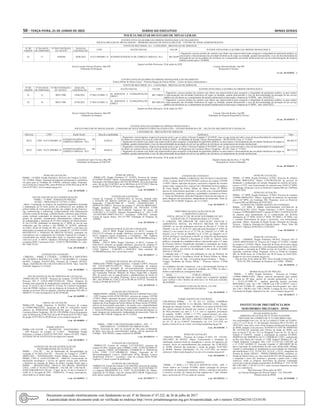 50 – terça-feira, 21 de Junho de 2022	 Diário do Executivo	 Minas Gerais
Polícia Militar do Estado de Minas Gerais
JUSTIFICATIVA DA QUEBRA DA ORDEM CRONOLOGICA DE PAGAMENTO
POLICIA MILITAR DE MINAS GERAIS – PRIMEIRA REGIAO DE POLICIA MILITAR – CENTRO DE APOIO ADMINISTRATIVO
FONTE DE RECURSOS: 10.1 - CATEGORIA : PRESTACAO DE SERVICOS
Nº DE
ORDEM
Nº DA NOTA
DE EMPENHO
Nº DO CONTRATO
OU AJUSTE
DATA DA
LIQUIDAÇÃO
CNPJ RAZÃO SOCIAL VALOR JUSTIFICATIVA PARAA QUEBRA DA ORDEM CRONOLÓGICA
01 31 9290300 20/06/2022 16.673.998/0001-25 SUPERINTENDENCIA DE LIMPEZA URBANA- SLU R$ 126,99
- Pagamento a pessoa jurídica de contrato cujo objeto seja imprescindivel para assegurar a integridade do patrimonio publico ou
para manter o funcionamento das atividades finalisticas do orgao ou entidade, quando demonstrado o risco de descontinuidade da
prestação de um serviço público de relevância ou o cumprimento da missão institucional (serviço de coleta/transporte de residuos
solidos comuns para o 34 BPM)
Quartel em Belo Horizonte, 20 de junho de 2022
Kévia Cristina Oliveira Honório, Maj PM
Ordenador de Despesas
Cristian Valverde Rocha, Cap PM
Responsável Técnico
12 cm -20 1650507 - 1
JUSTIFICATIVA DA QUEBRA DA ORDEM CRONOLOGICA DE PAGAMENTO
Policia Militar de Minas Gerais – Primeira Regiao de Policia Militar – Centro de Apoio Administrativo
FONTE DE RECURSOS: 10.1 - CATEGORIA : PRESTACAO DE SERVICOS
Nº DE
ORDEM
Nº DA NOTA
DE EMPENHO
Nº DO CONTRATO
OU AJUSTE
DATA DA
LIQUIDAÇÃO
CNPJ RAZÃO SOCIAL VALOR JUSTIFICATIVA PARAA QUEBRA DA ORDEM CRONOLÓGICA
01 15 009317900 10/06/2022 27.968.525/0001-71
JS SERVIÇOS E CONSEERVAÇÃO
EIRELI
R$ 7.508,01
- Pagamento a pessoa jurídica de contrato cujo objeto seja imprescindivel para assegurar a integridade do patrimonio publico ou para manter
o funcionamento das atividades finalisticas do orgao ou entidade, quando demonstrado o risco de descontinuidade da prestação de um serviço
público de relevância ou o cumprimento da missão institucional (conservação e limpeza do 34 BPM – mês: Abril/2022)
02 16 009317900 07/06/2022 27.968.525/0001-71
JS SERVIÇOS E CONSEERVAÇÃO
EIRELI
R$ 5.005,34
- Pagamento a pessoa jurídica de contrato cujo objeto seja imprescindivel para assegurar a integridade do patrimonio publico ou para manter
o funcionamento das atividades finalisticas do orgao ou entidade, quando demonstrado o risco de descontinuidade da prestação de um serviço
público de relevância ou o cumprimento da missão institucional (conservação e limpeza do 41 BPM – mês: Abril/2022)
Quartel em Belo Horizonte, 20 de Junho de 2022
Kévia Cristina Oliveira Honorio, Maj PM
Ordenador de Despesa
Cristian Valverde Rocha, Cap PM
Ordenador de Despesa Responsável Técnico
16 cm -20 1650519 - 1
JUSTIFICATIVA DA QUEBRA DA ORDEM CRONOLÓGICA
POLÍCIA MILITAR DE MINAS GERAIS – COMANDO DE POLICIAMENTO ESPECIALIZADO (CPE) – ESTADO MAIOR DO CPE – SEÇÃO DE ORÇAMENTOS E FINANÇAS
CATEGORIA III – PRETAÇÕES DE SERVIÇOS
Mês/Ano CNPJ Razão Social Data da exigibilidade Justificativa Valor
06/22 CNPJ: 16.673.998/0001-25
SUPERINTENDÊNCIA DE
LIMPEZA URBANA - SLU
07/06/22
- Pagamento a microempresa, empresa de pequeno porte a que se refere o Decreto Estadual nº 44.630/07, uma vez que restou provado o risco de descontinuidade do cumprimento
do objeto do contrato (Serviços de coleta de resíduos sólidos - do Batalhão de Rondas Táticas Metropolitanas – Btl ROTAM). Emp. n° 75/2022.
- Pagamento de contrato cujo objeto seja imprescindível para assegurar a integridade do patrimônio público ou para manter o funcionamento das atividades finalísticas do órgão ou
entidade, quando demonstrado o risco de descontinuidade da prestação de um serviço público de relevância ou cumprimento da missão institucional.
R$ 403,37
06/22 CNPJ: 16.673.998/0001-25
SUPERINTENDÊNCIA DE
LIMPEZA URBANA - SLU
06/06/22
- Pagamento a microempresa, empresa de pequeno porte a que se refere o Decreto Estadual nº 44.630/07, uma vez que restou provado o risco de descontinuidade do cumprimento
do objeto do contrato (Serviços de coleta de resíduos sólidos - do Regimento de Cavalaria Alferes Tiradentes - RCAT). Emp. n° 77/2022.
- Pagamento de contrato cujo objeto seja imprescindível para assegurar a integridade do patrimônio público ou para manter o funcionamento das atividades finalísticas do órgão ou
entidade, quando demonstrado o risco de descontinuidade da prestação de um serviço público de relevância ou cumprimento da missão institucional.
R$ 175,54
Quartel em Belo Horizonte, 20 de junho de 2022.
Leonardo de Castro Ferreira, Maj PM
Ordenador de Despesas do EM/CPE
Efigênio Aparecido dos Reis, 3° Sgt PM.
Responsável Técnico Substituto
16 cm -20 1650235 - 1
AVISO DE LICITAÇÃO
PMMG - 14ª RPM. Pregão Eletrônico; Processo de Compras 31/2022;
UE 1259969; Objeto: Aquisição de materiais permanentes e mobiliário
em geral para as Unidades da 14ªRPM, conforme edital. Propostas:
envio Portal de Compras/MG, entre 09:00 h de 22/06/2022 até as 08:59
h de 07/07/2022. www.compras.mg.gov.br
2 cm -20 1650268 - 1
ATO DE ADJUDICAÇÃO E HOMOLOGAÇÃO
PMMG – 11ª RPM . TOMADA DE PREÇOS
02/2022 – PROCESSO Nº 1257654 15 2022;
objeto: Contratação de empresa de arquitetura/engenharia destinada
a implantação de 03 (três) postos de combustíveis nas unidades da
polícia militar de minas gerais (pmmg), nas cidades de são francisco/
mg, taiobeiras/mg e salinas/mg, compreendendo toda infraestrutura
referente a pista de descarga, a abastecimento, cobertura, parte elétrica,
sonda, terminal controlador de abastecimento tca, civil, hidráulica,
projeto de incêndio, levantamento planialtimétrico cadastral, teste
de estanqueidade e aquisição de 03 (três) módulos de abastecimento.
Sr Ten Cel PM, Ordenador de despesas da 11ª RPM, no uso de suas
atribuições que lhe confere o Ato PMMG Nº 24/2022, publicado
no Diário oficial do Estado de MG, em 02/02/2022 e com base nas
informações constantes do Processo de Licitação Nº. 1257654 15/2022
(REFERENTE A TOMADA DE PREÇOS 02/2022), sobretudo em
consonância com o julgamento da Comissão Especial de Licitação e
considerando que foram observados todos os requisitos legais, pre-
vistos na Lei no . 8 .666/93, Adjudica e Homologa o objeto supracitado
à empresa JHSC Construtora Eireli – CNPJ 35.398.694/0001-41; valor:
R$ 1.068.335,95.
5 cm -20 1650669 - 1
EXTRATO DE CONTRATO
CMB/DAL – PMMG X CITEROL – COMÉRCIO E INDÚSTRIA
DE TECIDOS E ROUPAS S/A, CNPJ 17.183.666/0001-25, Contrato
66/2022, Compras 9341075/2022, Processo de Compras 48/2022.
Objeto: AQUISIÇÃO DE COLETES REFLETIVOS. Valor Total R$
8.694,00. Vigência 31/12/2022.
2 cm -20 1650667 - 1
ATO DE RATIFICAÇÃO DE DISPENSA DE LICITAÇÃO
PMMG-DS-CSC SAÚDE - Processo de Compras 1255302/78/2022.
Processo SEI nº 1250.01.0003724/2022-82. Objeto: Dispensa de
licitação para aquisição de medicamentos alopáticos, com fundamento
no art. 24, inciso V, da Lei 8.666/93. O Exmo. Sr. Coronel Comandante-
Geral da PMMG ratificou o ato de dispensa de licitação do HPM em
relação ao processo SEI em epígrafe, conforme documento SEI-MG nº
48028555. O valor da dispensa é de R$ 28.968,00.
2 cm -20 1649999 - 1
EDITAL DE LICITAÇÃO
PMMG-CPE, Pregão Eletrônico N 09/2022; Processo de compra
nr:1259965.00023/2022; Aquisição de 800 m³ (oitocentos metros
cúbicos) de SERRAGEM MARAVALHA para o Regimento de
CavalariaAlferes Tiradentes – RCAT- CPE-PMMG; Envio de propostas
entre 16:00 horas de 22/06/2022 até as 08:59 horas de 07/07/2022. Data
do pregão 07/07/2022 as 09:00 horas. www.compras.mg.gov.br.
2 cm -20 1650005 - 1
TERMO ADITIVO
PMMG–CSC-SAUDE x SEGMENTO ENGENHARIA LTDA.
- EPP Processo de Compra nº 31/2021 - Modalidade Pregão
Eletrônico. Contrato n SIAD 9317847/2021. Aditivo 01/2022. Objeto:
ALTERAÇÃO QUANTITATIVA do objeto do Contrato.
1 cm -20 1650057 - 1
EXTRATO DE ATO DE RATIFICAÇÃO DE
INEXIGIBILIDADE DE LICITAÇÃO
PMMG – CSA-TIC – Ato de Ratificação de Inexigibilidade de
Licitação nº 01/2022-CSA-TIC – Processo de Compra nº 1250071
000033/2022 - INTERESSADO: Polícia Militar de Minas Gerais –
PMMG, CNPJ nº 16.695.025/0001-97 - OBJETO: Fornecimento de
atualização tecnológica e serviço de suporte técnico para software
e hardware da Solução de Banco de Dados Exadata Oracle para a
PMMG. – BENEFICIÁRIA: ORACLE DO BRASIL SISTEMAS
LTDA., CNPJ nº 59.456.277/0006-80 - VALOR: R$ 1.106.766,96 –
ENQUADRAMENTO LEGAL: “Caput” do art. 25 da Lei Federal nº.
8.666, de 21 de junho de 1993 – VIGÊNCIA: 12 meses, prorrogáveis,
observando-se os limites legais.
3 cm -16 1649955 - 1
AVISO DE EDITAL
PMMG-CPE, Pregão Eletrônico N° 10/2022; Processo de compra
Nº1259965.29/2022; Objeto: Fornecimento de Forrageamento, Capim
Peletizado e Sal Mineral para o RCAT/CPE/PMMG. Envio de propostas
entre 16h do dia 21/06/2022 até às 08h59min de 01/07/2022. Data do
pregão 01/07/2022 às 09 horas. www.compras.mg.gov.br.
2 cm -20 1650650 - 1
EXTRATO DE CONTRATO
Extrato do Contrato nº 9341061/2022 de Serviço, firmado entre
o ESTADO DE MINAS GERAIS por meio da PMMG/14ªRPM,
fornecedor 27.846.891/0001-58 - VIVAL CONSTRUCOES E
SERVICOS EIRELI, Processo de compra nº 1261556 000058/2022,
Pregão eletrônico. Objeto: SERVIÇOS DE PINTURA CTPM
CURVELO. Valor total: R$231.600,00. Vigência: 06 meses, de
21/06/2022 a 21/12/2022. Dotação Orçamentária(s) nº: 1261.12.368
.110.4410.0001.449051.03.0.10.1. Assinatura: 14/06/2022. Amintas
Correa de Aguiar Júnior, Ten Cel PM. Ordenador de Despesas da
14ªRPM.
3 cm -20 1650136 - 1
EXTRATO PUBLICAÇÃO DE CONTRATOS
PMMG – EM/13ª RPM. Pregão Eletrônico nº 08/22; Contrato Nº
9341337/22 referente ao pregão eletrônico, processo de compras Nº
66/22, Empresa Laporti Arquitetura e Consultoria - ME, Vigência
: 21/06/2022 à 20/06/2023. Valor estimado: R$ 94.000,00(noventa e
quatro mil reais).
PMMG – EM/13ª RPM. Pregão Eletrônico nº 08/22; Contrato Nº
9341344/22 referente ao pregão eletrônico, processo de compras Nº
66/22, Empresa Domínio Engenharia Arquitetura e Construção Civil
LTDA, Vigência : 21/06/2022 à 20/06/2023. Valor estimado: R$
16.900,00(Dezesseis mil e novecentos reais).
3 cm -20 1650117 - 1
EXTRATO DE EDITAL DE LICITAÇÃO
PMMG/EM/17ªRPM. Pregão Eletrônico - Unidade 1259972. Processo
SEI 1250.01.0002761/2022-87; Objeto: Contratação de empresa
especializada na prestação de serviçoscontínuosde conservação,
higienização, limpeza e de jardinagem, com fornecimento de material,
nas Guarnições Policiais Militares de Pouso Alegre/MG e Itajubá/
MG, de acordo com as especificações e detalhamentos do Termo de
Referência,anexo I do edital. Propostas: Envio ao portal de compras/
MG, entre 09:00h de 21/06/22 até às 08:50h de 01/07/22. Abertura da
Sessão às 09:00h de 01/07/22.
3 cm -20 1650118 - 1
EXTRATO DE CONTRATO
PMMG/9ªRPM - PMMG X MÁXIMO PEÇAS E PRODUTOS LTDA
- EPP. Contrato SIAD nº9341299/2022, processo de compra 1259760
13/2022. Objeto: aquisição de peças e acessórios originais de veículos
quatro rodas, categoria leve, marcas Chevrolet e Volkswagem da frota
orgânica da Nona Região da Policia Militar de Minas Gerais (9ª RPM),
através de fornecimento parcelado e de acordo com a disponibilidade
orçamentária, conforme exigências e quantidades constantes no Anexo
I - Termo de Referência, além das Propostas Comerciais da empresa, os
quais integram este instrumento, independente de transcrição. Valor do
contrato: R$ 9.500,00. Vigência: até 31/12/2022.
3 cm -20 1650149 - 1
PMMG – CPRV X MF ENGENHARIA EIRELI - EPP. – 1º
ADITAMENTO – CONTRATO DE OBRAS 01/2021.
Objeto: Acréscimo de valor na execução de obra para revitalização
do pátio, nova área de estacionamento, guarita, sala de operações da
Unidade – SOU/REDS e espaço multiuso do BPMRv.
1 cm -20 1650134 - 1
EXTRATO DE CONTRATO
PMMG/CTS. Extrato do contrato 9.337.818/2022, processo de
compra 45/2022, firmado entre a PMMG, CNPJ: 16.695.025/0001-97
e a empresa LÍDER NOTEBOOKS COMÉRCIO E SERVIÇOS
LTDA, CNPJ: 12.477.490/0002-81. Objeto: Aquisição de 07
Microcomputadores Lenovo ThinkCentre M70q Monitor Lenovo
ThinkVision S24e-03 + acessórios, valor do contrato R$36.750,00.
Vigência 12 meses a partir da publicação.
EXTRATO DE CONTRATO
PMMG/CTS. Extrato do contrato 9.341.064/2022, processo de compra
1250071 52/2022, firmado entre a PMMG, CNPJ: 16.695.025/0001-97
e a empresa MICROSENS S.A, CNPJ: 78.126.950/0011-26. Objeto:
Aquisição de 10 Tablets, valor do contrato R$15.500,00. Vigência por
doze meses a partir desta publicação.
4 cm -20 1650175 - 1
EXTRATO DE CONTRATO
PMMG/9ªRPM - PMMG X ORIGINAL PEÇAS MULTI NEGÓCIOS
LTDA. Contrato SIAD nº9341330/2022, processo de compra 1259760
13/2022. Objeto: aquisição de peças e acessórios originais de veículos
quatro rodas, categoria leve, marcas Fiat e Mitsubishi da frota orgânica
da Nona Região da Policia Militar de Minas Gerais (9ª RPM),
através de fornecimento parcelado e de acordo com a disponibilidade
orçamentária, conforme exigências e quantidades constantes no Anexo
I - Termo de Referência, além das Propostas Comerciais da empresa, os
quais integram este instrumento, independente de transcrição. Valor do
contrato: R$ 54.500,00. Vigência: até 31/12/2022.
3 cm -20 1650153 - 1
DIRETORIA DE EDUCAÇÃO ESCOLAR
E ASSISTÊNCIA SOCIAL
EDITAL DEEAS Nº 258, DE 04 DE NOVEMBRO DE 2021
EXTRATO DE 27ª CHAMADA PARAA 2ª ETAPA
O CORONEL PM DIRETOR DE EDUCAÇÃO ESCOLAR E
ASSISTÊNCIA SOCIAL DA POLÍCIA MILITAR DE MINAS
GERAIS, no uso das atribuições previstas no Decreto nº 11.636, de
29jan69, e no art. 8º, do R-125, aprovado pela Resolução nº 4.029, de
16mar12 e nos termos da Lei nº 23.750, de 23dez20; Lei nº 869, de
05jul52; Lei nº 10.254, de 20jul90; Lei nº 15.301, de 10ago04; Lei nº
20.010, de 05jan12; do Decreto nº 48.097, de 23dez20 e das Resoluções
SEPLAG 105, de 18dez18 e Resolução nº 4.289, de 13jan14, torna
pública a chamada dos candidatos abaixo relacionados para a 2ª etapa
do Processo Seletivo Simplificado destinado à contratação por tempo
determinado para atender à necessidade temporária de excepcional
interesse público, nos termos da legislação e das normas do Edital
DEEAS nº 258/2021.
A chamada para a 2ª etapa será publicada no site da Diretoria de
Educação Escolar e Assistência Social da Polícia Militar de Minas
Gerais, por meio do link: www.pmmg.mg.gov.br/deeas > Menu >
Colégio Tiradentes da Polícia Militar > Processo Seletivo CTPM
- 2022.
Os candidatos deverão comparecer, com a documentação descrita no
item 4.3.4 do edital, nas respectivas unidades do CTPM, na data e
horário explicitados no cronograma abaixo:
DATA 27/06/22 e 28/06/22
Os candidatos deverão entrar em contato com a respectiva unidade
para verificar o dia e horário da entrevista a ser feita pela comissão
de avaliação
WELERSON CONCEIÇÃO SILVA, CEL PM
DIRETOR DA DEEAS
7 cm -20 1650450 - 1
TERMO ADITIVO DE CONTRATO
CMI-PM/DAL-PMMG – 15º TA AO CT 34/2016, COMPRAS
9181100/2018. CMI-PM X CS BRASIL FROTAS LTDA. Objeto:
alteração da Cláusula Terceira – DO PREÇO em razão da REDUÇÃO
dos valores mensais de locação das viaturas, a partir de 15 de maio
de 2022,referentes aos itens 2, 3 e 4, com os seguintes percentuais
de redução, 18,08%, 25,06% e 17,73%, respectivamente, por meio
de desconto contratual, acordado entre o Contratante e a Contratada,
conforme Ofícios n. 001/2022 e 048/2022 CMI-DAL, com fulcro no
art. 65 “d” da Lei 8.666/93. Informações: tel: (31) 2123-1039, em
horário comercial ou no e-mail: cmi-licitacao@pmmg.mg.gov.br
3 cm -20 1650190 - 1
AVISO DE LICITAÇÃO
CMI/DAL-PMMG – Processo de Compra 51/2022. UE: 1261556,
TDCO/SEE, PE 09/2022. Objeto: Fornecimento e instalação de
sinalização acústica/visual de emergência e serviço de tapeçaria em
veículos. Inicio do encaminhamento das propostas: dia 21/06/20222
às 10:00h. Abertura das propostas e sessão de pregão: 01/07/2022
às 09:00h. Maiores informações: tel (31) 2123-1039, em horário
comercial. Edital estará disponível no site:www.compras.mg.gov.br
2 cm -20 1650193 - 1
TERMO ADITIVO
PMMG – 2° RPM x S C PECAS E SERVICOS LTDA - EPP. 1º
Termo Aditivo ao Contrato 9316086. objeto: prestação de serviços
continuados de manutenção mecânica, elétrica e eletrônica preventiva
e corretiva, revisões, de viaturas da frota orgânica da 2° rpm. Aditado
para o acréscimo de 25% no saldo do contrato.
2 cm -20 1650219 - 1
AVISO DE LICITAÇÃO
PMMG –12ª RPM. Pregão Eletrônico 12/2022. Processo de compras
1259968 000019/2022. Objeto: CONTRATAÇÃO de serviços de
Instalação e configuração em solução Integrada de controle de ponto,
acesso e CFTV, com fornecimento de material para NAIS/12ª RPM,
em Ipatinga. Propostas: envio ao Portal de Compras/MG até 12h59min
de 05/07/2022.
AVISO DE LICITAÇÃO
PMMG –12ª RPM. Pregão Eletrônico 13/2022. Processo de compras
1259968 000020/2022. Objeto: Aquisição de materiais de construção
para o 62º BPM, em Caratinga/ MG. Propostas: envio ao Portal de
Compras/MG até 08h59min de 07/07/2022.
EXTRATO DE TERMO ADITIVO AO CONTRATO
PMMG –12ª RPM X JMBM ENGENHARIA ELÉTRICAS &
CLIMATIZAÇÃO LTDA. Pregão Eletrônico 11/2019- Processo de
Compras 1259968 000019/2019- Contrato 9219014. CONTRATAÇÃO
de empresa para manutenções de ar condicionado nas diversas
instalações da 12ª RPM, NAIS/12ª RPM, 58º BPM e 14º BPM, com
o eventual fornecimento de peças e acessórios, com fornecimento
parcelado. Objeto: Alteração da Razão Social, Alteração da Cláusula
Terceira – Vigência; Alteração da Cláusula Quarta – Preço. Valor: R$
89.920,62. Vigência 26/06/2022 a 25/06/2023.
5 cm -20 1650345 - 1
AVISO DE LICITAÇÃO
PMMG – EM4RPM. Pregão Eletrônico 09/2022, Processo SEI nº
1250.01.0005558/2022-34. Processo de Compra nº 25/2022, Unidade
de compra nº 1253828. Objeto: Aquisição de Pneus novos para viatura
04 (quatro) rodas e motocicletas, com entrega parcelada no ano de 2022,
para atender a demanda da 4ª RPM em Juiz de Fora-MG e Unidades
Apoiadas, conforme Edital. Propostas: Envio ao Portal de Compras/
MG de 08:00 horas de 22/06/2022 até 08:59 horas de 04/07/2022.
Pregão no site www.compras.mg.gov.br.
Juiz de Fora, 20 de Junho de 2022, Sávio Geraldo Corsino Pires,
TEN CEL PM, Ordenador de Despesas da 4ª RPM – PMMG.
3 cm -20 1650354 - 1
HOMOLOGAÇÃO DE PREGÃO
PMMG – 2° RPM. Pregão Eletrônico – Processo de Compra:
1259966 0000014/2022. Objeto: material permanente para atender
demanda do 48º bpm, através de emenda parlamentar. Lote 1 e
4 - 43.671.457/0001-30 - marlene aparecida ferreira severiano
86997408672 valor: lote 1 R$ 7.200,00 Lote 4 R$ 22.999,97. Lotes 2
e 3 08.164.723/0001-38 - anderson raniere ferreira guedes -me, valor:
lote 2 R$ 1.200,00 e lote 3 R$ 2.500,00. A íntegra da Ata e Termo de
Conclusão do Pregão, disponível no site: www.compras.mg.gov.br.
2 cm -20 1650272 - 1
Instituto de Previdência dos
Servidores Militares - IPSM
ATO DE RATIFICAÇÃO
DISPENSA DE LICITAÇÃO Nº 05/2022-GAS/IPSM
PROCESSO DE COMPRA DE Nº 2121005 000036/2022
Em conformidade com o art. 26, da Lei Federal nº 8.666, de 21/06/93,
e do § 3º e § 4º do art. 11, da Instrução Normativa DG nº 01/2021, de
28/07/2021, bem como, com a Nota Jurídica emitida pela Procuradoria
do IPSM, juntada a este processo, RATIFICO O ATO DE DISPENSA
DE LICITAÇÃO, praticado pelo Diretor de Saúde do IPSM, com
base no Inciso V do Art. 24 e no Paragrafo Único do Art. 26, da Lei
Federal nº 8.666/93, visando a contratação da empresa GLOBAL
HOSPITALAR IMPORTACAO E COMERCIO LTDA., estabelecida
na Rua Jose Maria De Lacerda, nº 1.900, Galpao2 Módulos 05 e 06,
Cidade Industrial, Contagem, MG, CEP: 32.210-120, CNPJ/MF sob
o nº 12.047.164/0001-53, Inscrição Estadual nº 0001608987.00-30,
para a aquisição de medicamento de alto custo (Ribociclibe 200mg),
visando a continuidade no atendimento ás necessidades de tratamento
das beneﬁciárias L.F.S., N.S.M, R.P., S.S.S.P., e V.F.O., integrantes do
Sistema de Saúde (SISAU) - PMMG/CBMMG/IPSM, residentes no
Estado de Minas Gerais, no valor total de R$ 455.244,30 (quatrocentos
e cinquenta e cinco mil, duzentos e quarenta e quatro reais e trinta
centavos), sendo as despesas decorrentes da presente contratação
correrá por conta da dotação orçamentária do IPSM de nº: 2121 10 302
002 4 001 0001 3 3 90 30 12 0 10 1, neste exercício ﬁnanceiro ou outra
que vier a substituí-la.
Belo Horizonte, 09 de junho de 2022.
(a) Vinicius Rodrigues de Oliveira Santos – Cel. PM QOR
Diretor-Geral do IPSM.
6 cm -20 1650400 - 1
Documento assinado eletrônicamente com fundamento no art. 6º do Decreto nº 47.222, de 26 de julho de 2017.
A autenticidade deste documento pode ser verificada no endereço http://www.jornalminasgerais.mg.gov.br/autenticidade, sob o número 3202206210112310150.
 