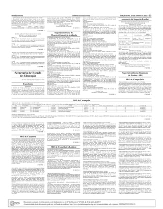 Minas Gerais 	Diário do Executivo	 terça-feira, 28 de Junho de 2022 – 15
EXPEDIENTE DO SECRETÁRIO DE ESTADO DE SAÚDE
O Secretário de Estado Saúde de Minas Gerais, no uso de suas
atribuições, nos termos do nos termos do Art.1° da Lei 20.518/2012,
do Art. 1° do Decreto 46.104/2012, em cumprimento à decisão judicial
proferida nos autos do processo nº 0589044-06.2011.8.13.0145,C
ONCEDEGratificação De Risco à Saúde - GRS à servidora abaixo
relacionada,à partir de 20/06/2022.
NOME MASP CARGO GRAU
VANESSA COSTAASSIS 1205153-8 EPGS III/A MÉDIO
27 1653656 - 1
RETIFICAÇÃO À PUBLICAÇÃO DA RESOLUÇÃO
SES/MG Nº 8.182, 06 DE JUNHO DE
2022, PUBLICADA EM 08/06/2022.
Onde se lê:
Art. 2º (...) §1º - A assinatura prevista no caput deste artigo deverá
ocorrer no prazo de sete dias corridos, a partir da disponibilização do
Termo de Compromisso para assinatura, no SigRes.
Leia-se:
Art. 2º(...) §1º - A assinatura prevista no caput deste artigo deverá
ocorrer até o dia 30/06/2022, a partir da disponibilização do Termo de
Compromisso para assinatura, no SigRes.
27 1653943 - 1
RETIFICAÇÃO À PUBLICAÇÃO DA RESOLUÇÃO SES/MG Nº
8.199, 10 DE JUNHO DE 2022, PUBLICADA EM 15/06/2022.
Onde se lê:
Art. 2º (...) §1º - A assinatura prevista no caput deste artigo deverá
ocorrer no prazo de sete dias corridos, a partir da disponibilização do
Termo de Compromisso para assinatura, no SigRes.
Leia-se:
Art. 2º(...) §1º - A assinatura prevista no caput deste artigo deverá
ocorrer até o dia 30/06/2022, a partir da disponibilização do Termo de
Compromisso para assinatura, no SigRes.
27 1653948 - 1
Secretaria de Estado
de Educação
Secretária: Julia Figueiredo Goytacaz Sant’Anna
Expediente
DESPACHO
A Secretária de Estado de Educação, no uso da competência que
lhe atribui os artigos 18, 38, 41 e 42 do Decreto nº 45.851, de 28 de
dezembro de 2011, e considerando o Parecer nº 14/2022da Comissão
Permanente de Recursos da Unidade Central, instituída pela Resolução
SEE nº 4.260, de 13 de janeiro de 2020,alterada pela Resolução SEE
nº 4.602, de 16 de julho de 2021, conclui pelo DEFERIMENTO do
recurso interposto pelo servidor BERNARDO LUIZ BRAHIM
CORTEZ, MaSP 960.228-5,Professor de Educação Básica - PEB1A,
admissão 3,contra o conceito “INFREQUENTE” registrado no Parecer
Conclusivo emitido pela Comissão de Avaliação da EE “LUIZA DE
OLIVEIRA FARIA”,SREUberaba.
Belo Horizonte, aos 27 de junho de 2022.
(a)Julia Sant’Anna
Secretária de Estado de Educação
27 1653942 - 1
Superintendência de
Desenvolvimento e Avaliação
EXONERAÇÃO DIRETOR - ATO Nº 1142/2022
A SECRETÁRIA DE ESTADO DE EDUCAÇÃO, no uso da
competência que lhe atribui o inciso VI do artigo 93 da Constituição do
Estado e o art. 5º do Decreto nº 48.415, de 10 de maio de 2022, exonera,
nos termos do art. 106, alínea “b”, da Lei nº 869, de 5 de julho de 1952,
do cargo em comissão de Diretor de Escola Estadual:
SRE Ouro Preto
OURO PRETO
338915 - EE Professora Daura de Carvalho Neto
MASP 1349294-7, Fabrício Nepomuceno Bicalho Santos, PEBIID -
admissão 1, DIV, a contar de 06/05/2022.
NOMEAÇÃO DIRETOR - ATO Nº 1143/2022
A SECRETÁRIA DE ESTADO DE EDUCAÇÃO, no uso da
competência que lhe atribui o inciso VI do artigo 93 da Constituição
do Estado, o artigo 5º do Decreto nº 48.415, de 10 de maio de 2022,
e considerando a Resolução SEE nº 4127, de 23 de abril de 2019,
nomeia servidor/função pública do quadro de magistério (PEB ou EEB)
para exercer as funções do cargo em comissão de Diretor de Escola
Estadual:
SRE Ouro Preto
OURO PRETO
338915- EE Professora Daura de Carvalho Neto
MASP 1191442-1, Glauciane Aparecida Batista, DIV, a contar da
publicação.
DISPENSA VICE-DIRETOR - ATO Nº 1144/2022
A Secretária de Estado de Educação, no uso da competência que lhe
atribui o incisoVI do artigo 93 da Constituição do Estado e considerando
a Resolução SEE nº 4127, de 23 de abril de 2019, dispensa, a pedido, do
exercício da função de vice-diretor de escola estadual:
SRE Itajubá
CONCEIÇÃO DAS PEDRAS
54810 – EE Antônio Carlos
MASP 1407435-5, Charleston Rosa Vilas Boas, PEBDIA – admissão
1, a contar de 08/03/2022.
DISPENSA VICE-DIRETOR - ATO Nº 1145/2022
A Secretária de Estado de Educação, no uso da competência que lhe
atribui o incisoVI do artigo 93 da Constituição do Estado e considerando
a Resolução SEE nº 4127, de 23 de abril de 2019, dispensa, a pedido, do
exercício da função de vice-diretor de escola estadual:
SRE Nova Era
RIO PIRACICABA
103691 - EE Professor Antônio Fernandes Pinto
MASP 1224818-3, Luciana Carla de Assis Silva Magalhães, PEBIB-
admissão 3, a contar de 09/05/2022.
NOMEAÇÃO DIRETOR - ATO Nº 1146/2022
A SECRETÁRIA DE ESTADO DE EDUCAÇÃO, no uso da
competência que lhe atribui o inciso VI do artigo 93 da Constituição
do Estado, o artigo 5º do Decreto nº 48.415, de 10 de maio de 2022,
e considerando a Resolução SEE nº 4127, de 23 de abril de 2019,
nomeia servidor/função pública do quadro de magistério (PEB ou EEB)
para exercer as funções do cargo em comissão de Diretor de Escola
Estadual:
SRE Metropolitana A
SABARÁ
10359 – EE Coronel Adelino Castelo Branco
MASP 1345922-7, Tássia Valéria Mendes da Cruz, DIV, a contar da
publicação.
DESIGNAÇÃO VICE-DIRETOR – ATO Nº 1147/2022
A Secretária de Estado de Educação, no uso da competência que
lhe atribui o inciso VI do artigo 93, da Constituição do Estado e
considerando a Resolução SEE nº 4127, de 23 de abril de 2019, designa
servidor/função pública do quadro de magistério (PEB ou EEB) para
o exercício da função de vice-diretor de escola estadual, a contar da
publicação:
SRE Metropolitana A
SABARÁ
10359 – EE Coronel Adelino Castelo Branco
MASP 1016026-5, Sheila Cristina Chagas;
MASP 1092384-5, Anderson Roberto Almeida.
DISPENSA VICE-DIRETOR - ATO Nº 1148/2022
A Secretária de Estado de Educação, no uso da competência que lhe
atribui o incisoVI do artigo 93 da Constituição do Estado e considerando
a Resolução SEE nº 4127, de 23 de abril de 2019, dispensa, a pedido, do
exercício da função de vice-diretor de escola estadual:
SRE Pouso Alegre
CAMANDUCAIA
54640 - EE Virgínia Marcondes Escobar
MASP 1190792-0, Denis Costa Martins, PEBIA - admissão 4, a contar
de 01/06/2022.
RETIFICAÇÃO NOMEAÇÃO DIRETOR - ATO Nº 1149/2022
A SECRETÁRIA DE ESTADO DE EDUCAÇÃO, no uso da
competência que lhe atribui o inciso VI do artigo 93 da Constituição
do Estado e o artigo 5º do Decreto nº 48.415, de 10 de maio de 2022,
retifica, no ato de Nomeação Diretor de Escola Estadual, publicado
em 31/07/2019, a parte referente ao servidor Gilmar Barbosa Pereira,
MaSP 663239-2:
Onde se lê: Gilmar Barbosa Mendes;
Leia-se: Gilmar Barbosa Pereira.
RETIFICAÇÃO EXONERAÇÃO DIRETOR - ATO Nº 1150/2022
A SECRETÁRIA DE ESTADO DE EDUCAÇÃO, no uso da
competência que lhe atribui o inciso VI do artigo 93 da Constituição
do Estado e o artigo 5º do Decreto nº 48.415, de 10 de maio de 2022,
retifica o ato de Exoneração Diretor de Escola Estadual da servidora
Ariane Josefine Sartori Toledo, MaSP 339053-1, publicado em
24/10/2020:
Onde se lê: a contar de 02/01/2020.
Leia-se: a contar de 01/01/2020.
NOMEAÇÃO DIRETOR - ATO Nº 1151/2022
A SECRETÁRIA DE ESTADO DE EDUCAÇÃO, no uso da
competência que lhe atribui o inciso VI do artigo 93 da Constituição
do Estado, o artigo 5º do Decreto nº 48.415, de 10 de maio de 2022,
e considerando a Resolução SEE nº 4127, de 23 de abril de 2019,
nomeia servidor/função pública do quadro de magistério (PEB ou EEB)
para exercer as funções do cargo em comissão de Diretor de Escola
Estadual:
SRE São Sebastião do Paraíso
SÃO PEDRO DA UNIÃO
137847 - EE Coronel João Ferreira Barbosa
MASP 1169582-2, Edmilson Donizete de Paulo, DV, a contar da
publicação.
Julia Sant’Anna
Secretária de Estado de Educação
27 1653946 - 1
Assessoria de Inspeção Escolar
SUBSECRETARIA DE ARTICULAÇÃO EDUCACIONAL
ASSESSORIA DE INSPEÇÃO ESCOLAR
PORTARIA N.º 935/2022
Nos termos do artigo 12 da Resolução SEE nº 4.548, de 27 de abril de
2021, do artigo 108 da Resolução CEE nº 486, de 21 de janeiro de 2022,
e considerando a solicitação do representante da entidade mantenedora,
ficam encerradas as atividades dos cursos abaixo relacionados,
ministrados pelo Centro Educacional Cecília Maria de Melo Barcelos,
situado na Rodovia MG 040, Km 49, s/nº, em Brumadinho:
Cursos Ato Autorizativo
Data de
Encerramento
Técnico em Edificações
Portaria SEE nº
286/2014 de 7/2/20214
28/06/2019
Especialização Técnica
de Nível Médio em
Enfermagem do Trabalho
PortariaSEEnº370/2013
de 27/03/2013
20/12/2013
Ficam revogados os atos de autorização concedidos aos referidos
cursos.
SRE – Metropolitana A
PORTARIA N.º 936/2022
Nos termos do artigo 12 da Resolução SEE nº4.548, de 27 de abril de
2021, do artigo 69 da Resolução CEE nº 449, de 1º de agosto de 2002,
e considerando a solicitação do representante da entidade mantenedora,
ficam encerradas, a partir de 18 de dezembro de 2020, as atividades da
Escola Jean Piaget, de Ensino Fundamental (anos iniciais), autorizada
pela Portaria SEE nº 776, de 9 de julho de 2009, situada na Av. Getúlio
Vargas, 5002, B. Várzea, em Lagoa Santa.
Ficam revogados os atos de autorização concedidos ao
estabelecimento.
SRE – Metropolitana C
Atos assinados pelo Subsecretário de Articulação Educacional
Igor de Alvarenga Oliveira Icassatti Rojas
27 1653856 - 1
Superintendências Regionais
de Ensino - SRE
SRE de Campo Belo
FÉRIAS-PRÊMIO/AFASTAMENTO – ATO Nº 23/2022
AUTORIZA AFASTAMENTO PARA GOZO DE FÉRIAS-PRÊMIO,
nos termos do §2º do artigo 3º da Resolução Conjunta SEPLAG/SEE N°
8.656, de 02/07/2022 às servidoras: Campo Belo – “Superintendência
Regional de Ensino de Campo Belo”, MaSP 884 261-9, Jeane Cristina
da Cunha Barbosa, TDE III L, Adm. 01, por 01 mês, referente ao 5º
quinquênio de exercício, a partir de 28/06/2022; MaSP 1 143 689-6,
Simone Maria Arantes Rezende Salvador, ANE II G, Adm. 01, por 01
mês, referente ao 1º quinquênio de exercício, a partir de 13/07/2022.
27 1653459 - 1
SRE de Carangola
AMPLIAÇÃO DE CARGA HORÁRIA – ATO Nº 03/2022
AMPLIAA CARGA HORÁRIA SEMANAL, nos termos do § 3º do art. 34 da Lei nº 15.293, de 05/08/2004, com redação dada pelo art. 1º da Lei nº 20.592, de 28/12/2012, dos professores:
SRE MUNICÍPIO ESCOLA MASP NOME CARGO ADM. DE Nº. AULAS SEMANAIS PARA Nº. AULAS SEMANAIS A PARTIR DE
Carangola Espera Feliz E.E. Fazenda Paraíso 1491829-6 Osvaldo Luiz Vilela Alves Junior PEB I A 01 14 16 03/05/2022
Carangola Orizânia E.E. dos Dornelas 1325189-7 Sandra Maria Rocha PEB II C 02 13 16 09/06/2022
Carangola Orizânia E.E. dos Dornelas 1354845-8 Jemerson Vitor de Oliveira PEB I A 03 15 16 15/03/2022
Carangola Orizânia E.E. dos Dornelas 1410927-6 Otávio Arruda Rodrigues PEB I B 04 08 15 09/06/2022
ABONO DE PERMANÊNCIA - ATO Nº 05/2022
CONCEDE ABONO DE PERMANÊNCIA, nos termos do § 20 do art. 36 da CE/89, da servidora: CARANGOLA – SRE, MaSP 1097338-6, Angela Maria de Oliveira, TDE III H, adm. 01, a partir de 09/06/2022, da data do protocolo do requerimento, nos termos do art. 147, § 2º, Inciso II, e § 3º, Inciso
II, do ADCT da CE/89, acrescentado pela Emenda Constitucional Estadual nº 104, de 2020.
27 1653584 - 1
FÉRIAS - PRÊMIO/CONVERSÃO EM ESPÉCIE - ATO Nº 04/2022
CONVERTE FÉRIAS - PRÊMIO EM ESPÉCIE, nos termos do art.
117, do ADCT da CE/1989, aos servidores: CARANGOLA - MaSP
361928-5, Rogério Moreira do Nascimento, ASE V P, adm. 01,
aposentado em 28/04/2020, referente ao saldo de 09 meses; MaSP
530659-2, Florilena Nicolao da Silva e Silva, PEB III P, adm. 01,
aposentada em 20/01/2020, referente ao saldo de 07 meses, e 24 dias.
27 1653588 - 1
SRE de Caxambu
FÉRIAS-PRÊMIO CONVERSÃO EM ESPÉCIE – ATO N° 05/2022
– CONVERTE FÉRIAS-PRÊMIO EM ESPÉCIE, nos termos do art.
117, do ADCT da CE/1989, ao servidor: Caxambu: masp 300.120-3,
Maria Celia Gomes Nadur Martins, PEB3P adm 02, aposentada em
25/6/2019, referente ao saldo de 08 meses; masp 369.951-9, Valéria
Sarkis Luz, ATB4J adm 02, aposentada em 3/7/2019, referente ao
saldo de 02 meses; masp 835.973-9, Marcos Luiz dos Santos, TDE3L
adm 01, aposentado em 20/1/2020, referente ao saldo de 06 meses;
masp 841.433-6, Francisca Isabel Pereira de Souza, TDE5J adm 01,
aposentada em 7/5/2019, referente ao saldo de 04 meses; Itanhandu:
masp 614.207-9, Francis Mari Ribeiro da Silva Tavares, PEB4J adm
01, aposentada em 17/9/2019, referente ao saldo de 03 meses; Jesuânia:
masp 734.747-9, José Arnaldo da Cruz, PEB1P adm 01, aposentado em
9/4/2019, referente ao saldo de 06 meses; Minduri: masp 354.513-4,
Maria Rita de Jesus Vilela, PEB2O adm 01, aposentada em 21/10/2019,
referente ao saldo de 06 meses; masp 367.261-5, Maria Nelma Vilela
Landim, PEB3P adm 01, aposentada em 5/2/2019, referente ao saldo
de 06 meses; Passa Quatro: masp 347.540-7, Adrani da Mota Monteiro
Pereira, PEB1P adm 01, aposentada em 25/6/2019, referente ao saldo
de 08 meses e 13 dias; Seritinga: masp 318.701-0, Elza Maria Pereira
do Nascimento, PEB3P adm 01, aposentada em 6/3/2019, referente ao
saldo de 13 meses.
27 1653642 - 1
ANULAÇÃO – ATO N° 09/2022 – ANULA O ATO no que se referente
ao servidor: Caxambu: E. E. Ruth Martins deAlmeida, masp 832.330-5,
José Geraldo Pereira Arsênio, referente ao cargo PEB3I adm 01, férias-
prêmio concessão referente ao 4º quinquênio de exercício, ato n° 29
publicado em 26/10/2021, por concessão indevida, considerando
o Ofício-circular SEPLAG/DNPP n° 01/2022 de 3/2/2022, sobre a
aplicação da Lei Complementar Federal n° 173/2020.
ANULAÇÃO – ATO N° 10/2022 – ANULA O ATO no que se refere
ao servidor: Pouso Alto: E. E. Felizarda Russano, masp 740.386-8,
Dalva do Rosário Nogueira Mira Vilela, PEB1C adm 04, férias-
prêmio afastamento, ato n° 27 publicado em 4/6/2022, por publicação
indevida.
FÉRIAS-PRÊMIOAFASTAMENTO –ATO N° 30/2022 –AUTORIZA
AFASTAMENTO PARA GOZO DE FÉRIAS-PRÊMIO, nos termos da
Resolução Conjunta SEPLAG/SEE n° 8656, de 02/07/2012, c/c Decreto
n° 43.285, de 23/04/2003 alterado pelo art. 1º do Decreto n° 48.173, de
08/04/2021, ao servidor: Cruzília: E. E. Dona Leonina Nunes Maciel,
masp 381.273-2, Joana D’arc Penha Vilela Pinto, ATB3L adm 02, por
2 períodos de 15 dias referentes ao 4º quinquênio de exercício, sendo
o 1º período de 4/7/2022 a 18/7/2022 e o 2º período de 5/12/2022 a
19/12/2022.
LICENÇA-MATERNIDADE – ATO N° 10/2022 – CONCEDE
LICENÇA-MATERNIDADE, nos termos do inciso XVIII do art. 7o da
CF/1988 por 120 dias, com prorrogação por mais 60 dias, conforme Lei
n° 18879, de 27/05/2010, à servidora: Conceição do Rio Verde: E. E.
Dom Othon Motta, masp 1.320.493-8, Flaviana Vieira Inácio Santiago,
PEB1A adm 02, a partir de 27/6/2022.
27 1653639 - 1
RETIFICAÇÃO – ATO Nº 38/2022 – RETIFICA O ATO de férias-
prêmio afastamento referente ao servidor: Caxambu: SRE Caxambu,
masp 835.975-4, Gilvana Maria dos Santos Mendonça, TDE5M adm
01, por cancelamento do 2º período, ato n° 24 publicado em 17/5/2022,
onde se lê: por 02 períodos de 15 dias referentes ao 4º e 5º quinquênios
de exercício, leia-se: por 01 período de 15 dias referentes ao 4º
quinquênio de exercício.
27 1653641 - 1
SRE de Conselheiro Lafaiete
RETIFICAÇÃO-ATO N.º 29/2022.
RETIFICA, NO ATO FÉRIAS-PRÊMIO/CONCESSÃO - em época
oportuna, referente à servidora: Cristiano Otoni, servidora em afastamento
preliminar à aposentadoria, MaSP 338.100-1, Sandra Helena de Oliveira
Vieira, PEB3P, 1º cargo. Ato nº 01/2007 publicado em 4/5/2007 por
concessão incorreta, onde se lê: referentes ao 4º qüinqüênio de exercício
a partir de 26/03/2007, leia-se: referentes ao 4º quinquênio de exercício a
partir de 4/4/2007.
RETIFICAÇÃO-ATO N.º 28/2022.
RETIFICA, O ATO DE AFASTAMENTO PRELIMINAR À
APOSENTADORIA, referente à servidora: Conselheiro Lafaiete,
servidora sem lotação-em afastamento preliminar à aposentadoria, MaSP
899.204-2, Maria da Conceição Braga Peixoto, AEB1E, 2º cargo. Ato nº
01/2022, publicado no MG de 11/01/2022, por incorreção, onde se lê:
com direito à média das remunerações de contribuição, proporcional a
9.022 dias de exercício, leia-se: com direito à média das remunerações de
contribuição, proporcional a 9.005 dias de exercício.
27 1653572 - 1
ABONO DE PERMANÊNCIA-ATO N.º 13/2022.
CONCEDEABONO DE PERMANÊNCIA, nos termos do § 20 do art. 36
da CE/ 1989, da servidora: Conselheiro Lafaiete, EE Geraldo Bittencourt,
MaSP 391.331-6, Márcia Aparecida de Assis Peixoto Beraldo, ATB1O, 1º
cargo, a partir de maio de 2022, data do protocolo do requerimento, nos
termos do Artigo 151 do ADCT da CE/89, combinado com o art. 147 do
ADCT, acrescentado pela EC 104/2020.
AFASTAMENTO PRELIMINAR À APOSENTADORIA-ATO N.º
22/2022._
REGISTRA AFASTAMENTO PRELIMINAR À APOSENTADORIA
VOLUNTÁRIA, nos termos do § 24 do artigo 36 da CE/89 e artigo 9º da
LCE 64, de 2002, redação dada pela LCE nº 156, de 2020, da servidora:
Conselheiro Lafaiete, EE Geraldo Bittencourt, MaSP 391.331-6, Márcia
Aparecida de Assis Peixoto Beraldo, a partir da data de publicação,
referente ao cargo de Assistente Técnico da Educação Básica, ATB1O/1º
cargo, à vista de requerimento de aposentadoria pelo art. 147 , § 2º,
INCISO I, E § 3º, INCISO I, § 5º do ADCT , ACRESC. EC 104/20, com
direito à remuneração integral.
AMPLIAÇÃO DE CARGA HORÁRIA-ATO N.º 03/2022.
AMPLIA A CARGA HORÁRIA SEMANAL, nos termos do § 3º do
art. 34 da Lei 15293, de 05/08/04, da professora: Conselheiro Lafaiete,
EE Monsenhor Horta, MaSP 554.433-3, Lúcia Fernandes Rodrigues
Leles, PEB3P, admissão 02, conteúdo História, de 14h/a para 18h/a, a
partir de 01/02/2007, para fins de regularização de situação funcional.
ANULAÇÃO-ATO N.º 37/2022.
ANULA NO ATO, no que se refere à servidora: Cristiano Otoni,
servidora em afastamento preliminar à aposentadoria, MaSP 338.100-1,
Sandra Helena de Oliveira Vieira, PEB3P, 1º cargo, na parte em que
concedeu o 5º quinquênio de exercício. Ato nº 05/2012, publicado em
7/3/2012, por motivo de concessão indevida.
ANULAÇÃO-ATO N.º 38/2022.
ANULA O ATO, no que se refere à servidora: Rio Espera, EE
Monsenhor Francisco Miguel Fernandes, MaSP 346.941-8, Cleusa
Maria Campos de São José, PEB1P, admissão 01, Retificação de
Aprovação de Exercício de Secretário de Escola. Ato nº 17/2022,
publicado em 22/03/2022, por motivo de incorreção.
DESIGNAÇÃO PARA CARGO EM COMISSÃO DE SECRETÁRIO
DE ESCOLA-ATO N.º 01/2022.
DESIGNA PARA CARGO EM COMISSÃO DE SECRETÁRIO
DE ESCOLA, nos termos do artigo 1º, inciso 21, item 1, alínea “a”,
da Resolução nº 7.673, de 10/04/1995, a servidora: Rio Espera, EE
Monsenhor Francisco Miguel Fernandes, MaSP 346.941-8, Cleusa
Maria Campos de São José, PEB1P, admissão 01, para o cargo em
comissão de Secretário de Escola I, cód. EX38 ED233, Símbolo
QE05, na EE Major Miranda, de 01/01/1996 a 31/01/1996, para fins de
regularização da situação funcional.
FÉRIAS-PRÊMIO/AFASTAMENTO-ATO N.º 11/2022.
AUTORIZA AFASTAMENTO PARA GOZO DE FÉRIAS-PRÊMIO,
nos termos do inciso II § 1º do art. 3º da Resolução Conjunta SEPLAG/
SEE Nº 8.656, de 02/07/2012 ao servidor: Congonhas, EE Lamartine
de Freitas, MaSP 823.656-4, Evandro José Diniz, PEB3P/DII, 1º
cargo, por 01 mês, referente ao 6º quinquênio de exercício, a partir de
01/07/2022.
FÉRIAS-PRÊMIO/CONCESSÃO-ATO N.º 16/2022.
CONCEDE TRÊS MESES DE FÉRIAS-PRÊMIO, nos termos do
§ 4º do art. 31, da CE/1989, à servidora: Cristiano Otoni, servidora
em afastamento preliminar à aposentadoria, MaSP 338.100-1, Sandra
Helena de Oliveira Vieira, PEB3P, 1º cargo, referente ao 5º quinquênio
de exercício a partir de 02/04/2012.
FÉRIAS-PRÊMIO/CONCESSÃO-ATO N.º 17/2022.
CONCEDE TRÊS MESES DE FÉRIAS-PRÊMIO, nos termos do §
4º do art. 31, da CE/1989, à servidora: Piranga, EE Coronel Amantino
Maciel, MaSP 1.325.981-7, Gláucia da Conceição Rodrigues Pereira,
2º cargo, PEB2D, referente ao 1º quinquênio de exercício a partir de
20/12/2019.
FÉRIAS-PRÊMIO/CONVERSÃO EM ESPÉCIE-ATO N.º 36/2022.
CONVERTE FÉRIAS-PRÊMIO EM ESPÉCIE, nos termos do art.
117 do ADCT da CE/1989, à servidora: Conselheiro Lafaiete, MaSP
328.804-0, Neli Lopes Nunes Marcelo, PEB2P, 1º cargo, aposentada
em 23/06/2022, referentes ao saldo de 6 meses.
FÉRIAS-PRÊMIO/CONVERSÃO EM ESPÉCIE-ATO N.º 37/2022.
CONVERTE FÉRIAS-PRÊMIO EM ESPÉCIE, nos termos do art.
117 do ADCT da CE/1989, ao servidor: Conselheiro Lafaiete, MaSP
299.622-1, Wilson Rubens Tonholo de Rezende, 1º cargo /PEB2P,
aposentado em 23/06/2022, referentes ao saldo de 4 meses e 25 dias.
FÉRIAS-PRÊMIO/CONVERSÃO EM ESPÉCIE-ATO N.º 38/2022.
CONVERTE FÉRIAS-PRÊMIO EM ESPÉCIE, nos termos do art.
117 do ADCT da CE/1989, à servidora: Jeceaba, MaSP 282.092-6,
Farid Ferreira da Silva, PEB2P, 1º cargo, aposentada em 23/06/2022,
referente ao saldo de 4 meses.
FÉRIAS-PRÊMIO/CONVERSÃO EM ESPÉCIE-ATO N.º 39/2022.
CONVERTE FÉRIAS-PRÊMIO EM ESPÉCIE, nos termos do
art. 117 do ADCT da CE/1989, à servidora: Senhora de Oliveira,
MaSP 334.811-7, Tânea Maria Moreira Henriques, PEB2P, 1º cargo,
aposentada em 23/06/2022, referente ao saldo de 18 meses e 10 dias.
FÉRIAS-PRÊMIO/CONVERSÃO EM ESPÉCIE-ATO N.º 40/2022.
CONVERTE FÉRIAS-PRÊMIO EM ESPÉCIE, nos termos do art.
117 do ADCT da CE/1989, à servidora: Conselheiro Lafaiete, MaSP
334.725-9, Fátima Patrícia Ferreira de Assis, PEBIIIP, 1° cargo,
aposentada em 23/6/2022, referente ao saldo de 4 meses.
FÉRIAS-PRÊMIO/CONVERSÃO EM ESPÉCIE-ATO N.º 41/2022.
CONVERTE FÉRIAS-PRÊMIO EM ESPÉCIE, nos termos do art.
117 do ADCT da CE/1989, à servidora: Conselheiro Lafaiete, MaSP
819.320-3, Vanuza das Graças Silva, PEBIIIP, 1° cargo, aposentada em
23/6/2022, referente ao saldo de 1 mês e 1 dia.
FÉRIAS-PRÊMIO/CONVERSÃO EM ESPÉCIE-ATO N.º 42/2022.
CONVERTE FÉRIAS-PRÊMIO EM ESPÉCIE, nos termos do art.
117 do ADCT da CE/1989, à servidora: Congonhas, MaSP 266.227-8,
Maria Aparecida Vartuli Ronki, 2º cargo /EEB2P, aposentada em
23/06/2022, referentes ao saldo de 7 meses.
FÉRIAS-PRÊMIO/CONVERSÃO EM ESPÉCIE-ATO N.º 43/2022.
CONVERTE FÉRIAS-PRÊMIO EM ESPÉCIE, nos termos do art. 117
do ADCT da CE/1989, à servidora: Cristiano Otoni, MaSP 317.540-3,
Zélia Carvalho de Souza Pereira, 1º cargo /PEB1P, aposentada em
23/06/2022, referentes ao saldo de 7 meses.
FÉRIAS-PRÊMIO/CONVERSÃO EM ESPÉCIE-ATO N.º 44/2022.
CONVERTE FÉRIAS-PRÊMIO EM ESPÉCIE, nos termos do art.
117 do ADCT da CE/1989, à servidora: Congonhas, MaSP 334.795-2,
Regina Maria Furtado Freitas Silva, 1º cargo /PEB3P, aposentada em
23/06/2022, referente ao saldo de 1 mês.
FÉRIAS-PRÊMIO/CONVERSÃO EM ESPÉCIE-ATO N.º 45/2022.
CONVERTE FÉRIAS-PRÊMIO EM ESPÉCIE, nos termos do art.
117 do ADCT da CE/1989, à servidora: Congonhas, MaSP 370.461-6,
Mércia Monica Teixeira Martins, 1º cargo /ATB5N, aposentada em
23/06/2022, referentes ao saldo de 6 meses.
FÉRIAS-PRÊMIO/CONVERSÃO EM ESPÉCIE-ATO N.º 46/2022.
CONVERTE FÉRIAS-PRÊMIO EM ESPÉCIE, nos termos do art.
117 do ADCT da CE/1989, ao servidor: Conselheiro Lafaiete, MaSP
540.464-5, David Magno de Carvalho, 1º cargo /PEB3P, aposentado em
23/06/2022, referentes ao saldo de 9 meses.
Documento assinado eletrônicamente com fundamento no art. 6º do Decreto nº 47.222, de 26 de julho de 2017.
A autenticidade deste documento pode ser verificada no endereço http://www.jornalminasgerais.mg.gov.br/autenticidade, sob o número 3202206272351230115.
 