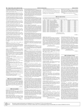 16 – terça-feira, 28 de Junho de 2022	Diário do Executivo	 Minas Gerais
FÉRIAS-PRÊMIO/CONVERSÃO EM ESPÉCIE-ATO N.º 47/2022.
CONVERTE FÉRIAS-PRÊMIO EM ESPÉCIE, nos termos do art.
117 do ADCT da CE/1989, à servidora: Conselheiro Lafaiete, MaSP
553.055-5, Lilian Cristina Rosa, 1º cargo /PEB3P, aposentada em
23/06/2022, referentes ao saldo de 6 meses.
FÉRIAS-PRÊMIO/CONVERSÃO EM ESPÉCIE-ATO N.º 48/2022.
CONVERTE FÉRIAS-PRÊMIO EM ESPÉCIE, nos termos do art.
117 do ADCT da CE/1989, à servidora: Catas Altas da Noruega, MaSP
553.845-9, Ludovina Terezinha dos Reis Gonçalves, 1º cargo /PEB3P,
aposentada em 23/06/2022, referentes ao saldo de 7 meses e 28 dias.
FÉRIAS-PRÊMIO/CONVERSÃO EM ESPÉCIE-ATO N.º 49/2022.
CONVERTE FÉRIAS-PRÊMIO EM ESPÉCIE, nos termos do art.
117 do ADCT da CE/1989, à servidora: Conselheiro Lafaiete, MaSP
554.108-1, Giovana Garcia da Silva, 1º cargo /PEB3N, aposentada em
23/06/2022, referentes ao saldo de 6 meses.
FÉRIAS-PRÊMIO/CONVERSÃO EM ESPÉCIE-ATO N.º 50/2022.
CONVERTE FÉRIAS-PRÊMIO EM ESPÉCIE, nos termos do art.
117 do ADCT da CE/1989, à servidora: Catas Altas da Noruega,
MaSP 878.181-7, Marcia Regina de Freitas Viana, 1º cargo /PEB3N,
aposentada em 23/06/2022, referentes ao saldo de 6 meses.
FÉRIAS-PRÊMIO/CONVERSÃO EM ESPÉCIE-ATO N.º 51/2022.
CONVERTE FÉRIAS-PRÊMIO EM ESPÉCIE, nos termos do art.
117 do ADCT da CE/1989, à servidora: Conselheiro Lafaiete, MaSP
380.145-3, Maria Luíza de Oliveira, ATB5J, 1° cargo, aposentada em
23/06/2022, referente ao saldo de 5 meses.
FÉRIAS-PRÊMIO/CONVERSÃO EM ESPÉCIE-ATO N.º 52/2022.
CONVERTE FÉRIAS-PRÊMIO EM ESPÉCIE, nos termos do art.
117 do ADCT da CE/1989, à servidora: Conselheiro Lafaiete, MaSP
350.451-1, Maria José de Assis Chagas Ribeiro, PEB3P, 1° cargo,
aposentada em 23/06/2022, referente ao saldo de 6 meses.
FÉRIAS-PRÊMIO/CONVERSÃO EM ESPÉCIE-ATO N.º 53/2022.
CONVERTE FÉRIAS-PRÊMIO EM ESPÉCIE, nos termos do art.
117 do ADCT da CE/1989, à servidora: Entre Rios de Minas, MaSP
304.736-2, Zélia Maria da Consolação Silva, ASB3L, 1° cargo,
aposentada em 23/06/2022, referente ao saldo de 5 meses.
CONSELHEIRO LAFAIETE-EE AUGUSTO JOSÉ VIEIRA.
FÉRIAS-PRÊMIO/AFASTAMENTO-ATO N.º 02/2022.
AUTORIZA AFASTAMENTO PARA GOZO DE FÉRIAS-PRÊMIO,
nos termos do § 2º do artigo 3º da Resolução Conjunta SEPLAG/
SEE n.º 8.656, de 02/07/2012, à servidora: MaSP 391.334-0, Rosalina
Maria Aparecida Silva, ATB4I, 1º cargo, por 02 meses, referentes
ao 3º quinquênio de exercício, a partir de 01/07/2022, com vistas à
aposentadoria.
DESTERRO DE ENTRE RIOS-EE NOSSA SENHORA DE
FÁTIMA.
FÉRIAS-PRÊMIO/AFASTAMENTO-ATO N.º 05/2022.
AUTORIZA AFASTAMENTO PARA GOZO DE FÉRIAS-PRÊMIO,
nos termos do § 2º do artigo 3º da Resolução Conjunta SEPLAG/SEE
n.º 8.656, de 02/07/2012, à servidora: MaSP 1.280.567-7, Maria Helena
Ferreira Coelho, ATB2C, 2º cargo, por 01 (um) mês, referente ao 1º
quinquênio de exercício, a partir de 30/06/2022.
PORTARIA Nº 02/2022.
A Diretora da Superintendência Regional de Ensino de Conselheiro
Lafaiete, no uso de suas atribuições, tendo em vista as diretrizes
estabelecidas no Decreto nº 43.764, de 16 de março de 2004, Decreto
nº 44.559, de 29 de junho de 2007 e Resolução SEPLAG/SEE nº 7110,
de 06 de julho de 2009, resolve:
Art. 1º Compor a Comissão de Recursos da Superintendência Regional
de Ensino de Conselheiro Lafaiete para atuar nos processos deAvaliação
Especial de Desempenho (AED) e de Avaliação de Desempenho
Individual (ADI) dos servidores das carreiras dos profissionais da
Educação Básica em exercício nas unidades administrativas da
jurisdição.
Art. 2º Compete à Comissão de Recursos:
I – emitir relatório quanto à regularidade e legalidade dos processos
de AED e ADI;
II – julgar o recurso contra o resultado da AED interposto pelo servidor
em exercício na jurisdição;
III – notificar o servidor do resultado do recurso interposto.
Art. 3º Integram a Comissão de Recursos:
SELMA APARECIDA VIEIRA GONZAGA, Masp 379.360-1
– Presidente.
MATEUS DINIZ, Masp 1.319.822-1 – Membro Titular.
ELAINE FERREIRA VIEIRA, Masp 1.420.728-6 – Membro Titular.
FERNANDO ANTÔNIO CANÇADO BRAGA, Masp 1.147.767-6 –
Membro Titular.
MARIA ARLINDA AFONSA DE ALMEIDA, Masp 1.059.730-0 –
Membro Suplente.
Art. 4º O membro da Comissão fica impedido de analisar ou julgar
recurso por ele interposto ou por servidor que:
I – ele tenha avaliado
II – seja seu cônjuge, parente consanguíneo ou afim, em linha reta ou na
colateral, até o terceiro grau, na forma da legislação vigente; ou
III- com quem tenha amizade íntima ou inimizade declarada, de
conhecimento público.
Art 5º A Comissão se reunirá com a presença da maioria absoluta dos
membros, sendo obrigatória a presença do seu presidente.
Parágrafo único. Na hipótese de ausência, afastamento temporário ou
impedimento da atuação de membro titular, o membro suplente deverá
ser convocado.
Art 6º A atuação dos membros da Comissão será de dois anos,
admitindo-se a prorrogação por igual período.
Art. 7º Esta Portaria entra em vigor na data da sua publicação.
Conselheiro Lafaiete, 22 de junho de 2022.
27 1653573 - 1
SRE de Governador Valadares
FÉRIAS-PRÊMIO AFASTAMENTO – Ato nº 47/22
AUTORIZA AFASTAMENTO PARA GOZO DE FÉRIAS-PRÊMIO,
nos termos do Inciso II § 1º doArt. 3º da Resolução Conjunta SEPLAG/
SEE nº 8.656 de 02/07/12, ref. ao (s) servidor (es): GOVERNADOR
VALADARES: “EE Alexandre Peixoto da Silva”, Masp 350608-6,
Moair Cândido do Vale Júnior, PEB1P, 2º cargo, concedida pelo ato sn
public. respectivamente em 01/08/06, 21/03/07, 19/03/12 e 27/04/17,
sendo 03 meses ref. ao 1º qq., 03 meses ref. ao 2º, 01 mês ref. ao 3º,
02 meses ref. ao 4º e 03 meses ref. ao 5º, totalizando 12 meses, a/p de
28/06/22;
27 1653497 - 1
SRE de Guanhães
RETIFICAÇÃO - ATO Nº 64/2022
RETIFICA NO ATO de Férias Prêmio Concessão, referente ao
servidor: Água Boa, EE Professor Joaquim Pimenta de Araújo, MASP
1011643-2, Elisseu Wasllay Alves Xavier, PEBIB, Adm. 3, Ato nº
08/2021, publicado em 13/04/2021, por incorreção nos números de
admissões, onde se lê: Adm. 2 e 3, dos quais foi dispensado, leia-se:
Adm. 1 e 2, dos quais foi dispensado.
RETIFICAÇÃO - ATO Nº 65/2022
RETIFICA NOS ATOS de Férias Prêmio Afastamento, referentes aos
servidores: Guanhães, SRE Guanhães, MASP 1008231-1, Cláudia
Aparecida dos Santos, TDE5I, Adm. 1, Ato nº 16/2022, publicado
em 17/05/2022, por incorreção na ordem do quinquênio, onde se lê:
referente ao 1º quinquênio, leia-se: referente ao 2º quinquênio.
24 1653236 - 1
PROCESSO ADMINISTRATIVO CONCLUSÃO
CONCLUI PROCESSO ADMINISTRATIVO, instaurado pela Portaria
SRE 024/2019, publicada no “Minas Gerais” em 08/10/2019, referente
ao servidor: Guanhães, Servidor Falecido, MASP 0990394-9, GFL,
ASBIA, Adm. 1, tendo a Comissão designada para esta apuração,
concluído pelo débito dos valores gerados no período de 03/06/2013
a 31/07/2013, perfazendo um total de R$ 1.028,30 (um mil, vinte oito
reais, trinta centavos), que ficará gravado nos dados financeiros do
SISAP até a quitação total pelos sucessores, sendo que cabe a esta SRE
Guanhães providenciar cópia do processo e oficiar a Advocacia Geral
do Estado para providências judiciais cabíveis no caso de permanecer a
falta de êxito na recuperação do valor.
PROCESSO ADMINISTRATIVO CONCLUSÃO
CONCLUI PROCESSO ADMINISTRATIVO, instaurado pela Portaria
SRE 025/2019, publicada no “Minas Gerais” em 08/10/2019, referente
ao servidor: Guanhães, Servidor Falecido, MASP 0240542-1, GMDR,
ASBIC, Adm. 1, tendo a Comissão designada para esta apuração,
concluído pelo débito dos valores gerados no período de 03/12/2012
a 31/12/2012, perfazendo um total de R$ 11,23 (onze reais, vinte três
centavos), que ficará gravado nos dados financeiros do SISAP até a
quitação total pelos sucessores, sendo que cabe a esta SRE Guanhães
providenciar cópia do processo e oficiar a Advocacia Geral do Estado
para providências judiciais cabíveis no caso de permanecer a falta de
êxito na recuperação do valor.
PROCESSO ADMINISTRATIVO CONCLUSÃO
CONCLUI PROCESSO ADMINISTRATIVO, instaurado pela
Portaria SRE 026/2019, publicada no “Minas Gerais” em 08/10/2019,
referente ao servidor: São João Evangelista, Servidor Falecido, MASP
0109596-7, ZMM, ASBIE, Adm. 1, tendo a Comissão designada para
esta apuração, concluído pelo débito dos valores gerados no período
de 01/01/2014 a 30/04/2014, perfazendo um total de R$ 3.448,00 (três
mil, quatrocentos quarenta oito reais), que ficará gravado nos dados
financeiros do SISAP até a quitação total pelos sucessores, sendo que
cabe a esta SRE Guanhães providenciar cópia do processo e oficiar a
Advocacia Geral do Estado para providências judiciais cabíveis no caso
de permanecer a falta de êxito na recuperação do valor.
PROCESSO ADMINISTRATIVO CONCLUSÃO
CONCLUI PROCESSO ADMINISTRATIVO, instaurado pela Portaria
SRE 032/2019, publicada no “Minas Gerais” em 05/11/2019, referente
ao servidor: Guanhães, Servidor Falecido, MASP 0315086-9, MPB,
ASBIB, Adm. 1, tendo a Comissão designada para esta apuração,
concluído pelo débito dos valores gerados no período de 20/03/2014
a 30/04/2014, perfazendo um total de R$ 880,38 (oitocentos e oitenta
reais, trinta oito centavos), que ficará gravado nos dados financeiros do
SISAP até a quitação total pelos sucessores, sendo que cabe a esta SRE
Guanhães providenciar cópia do processo e oficiar a Advocacia Geral
do Estado para providências judiciais cabíveis no caso de permanecer a
falta de êxito na recuperação do valor.
ABONO FAMÍLIA - ATO Nº 06/2022
CONCEDE ABONO-FAMÍLIA, nos termos do inciso III art. 7º da Lei
Complementar nº 121, de 29/12/2011, aos servidores: Carmésia, EE
José Vieira da Silva, MASP 1326143-3, Darcilene Martins de Araújo,
PEBID, Adm. 3, por José Vitor de Oliveira Araújo, filho, a contar de
22/06/2022.
ABONO DE PERMANÊNCIA– ATO Nº 13/2022
CONCEDE ABONO DE PERMANÊNCIA, nos termos do Art. 36, §
20 da CE/89, com redação dada pela EC nº 104/2020 e art. 151 do
ADCT da CE/89, combinado com art. 147 do ADCT, acrescentado
pela EC nº 104/2020, ao servidor: Peçanha, EE Dr. Antônio da Cunha
Pereira, MASP 0516925-5, Sérgio Carlos Clementino, PEBIIIP, Adm.
1, a contar de 01/02/2022.
AFASTAMENTO PRELIMINAR À APOSENTADORIA ATO Nº
23/2022
REGISTRA AFASTAMENTO PRELIMINAR À APOSENTADORIA
VOLUNTÁRIA, nos termos do § 24 do art. 36 da CE/ 1989, art. 9º
da LCE 64, de 2002, redação dada pela LCE nº 156 de 2020, dos
servidores: Divinolândia de Minas, EE Professor Carvalhais, MASP
0873886-6, Adriana Figueiredo da Silva, PEBIIIP, adm. 1, à vista de
requerimento de aposentadoria pelo art. 147 §§ 1º e 2º do inciso I e § 3º
do inciso I do ADCT, acrescentado pela EC nº 104/2020, com direito
à remuneração integral, com paridade, correspondente à carga horária
de 117 h/a; Guanhães, SRE Guanhães, MASP 0328394-2, Dayse Vaz
Mourão, a contar de 20/06/2022, referente ao cargo ANE3G, Adm. 2, à
vista de requerimento de aposentadoria pelo art. 147 § 2º do inciso I e §
3º do inciso I do ADCT, acrescentado pela EC nº 104/2020, com direito
à remuneração integral, com paridade; Peçanha, Dr. Antônio da Cunha
Pereira, MASP 0516925-5, Sérgio Carlos Clementino, a contar desta
publicação, referente ao cargo PEBIIIP,Adm. 1, à vista de requerimento
de aposentadoria pelo art. 144 do ADCT CE/89, acrescentado pela ECE
nº 104/2020, combinado com art. 6º da ECF nº 41/03 e § 5º do art. 40
da CF/88, com direito à remuneração integral, correspondente à carga
horária de 108:00 h/a.
AFASTAMENTO POR MOTIVO DE CASAMENTO – ATO Nº
09/2022
REGISTRA AFASTAMENTO POR MOTIVO DE CASAMENTO,
nos termos da alínea “a “do art. 201 da Lei nº 869, de 05/07/1952 e art.
19 da Instrução Normativa SEPLAG/SCAP nº 01/2012, por até oito
dias consecutivos, à servidora: Santa Maria do Suaçui, EE Ana Nunes
Horta, MASP 0843961-4, Cleuza da Costa Neves, PEBDIA, Adm. 3, a
contar de 12/05/2022.
AFASTAMENTO POR MOTIVO DE LUTO – ATO Nº 16/2022
REGISTRA AFASTAMENTO POR MOTIVO DE LUTO, nos termos
da alínea “b” do art. 201 da Lei nº 869, de 05/07/1952, por até oito dias
consecutivos, ao (s) servidor (es): Dom Joaquim, EE Ângelo Ribeiro
Miranda, MASP 1121975-5, Fabiane Bento Ferreira Figueiredo,
PEBIB, Adm. 5, a contar de 07/06/2022; Dores de Guanhães, EE
Coronel João Barreto, MASP 1007568-7, Maria da Paz Rosa dos
Reis, ASBIA, Adm. 1, a contar de 08/06/2022; Guanhães, EE Senador
Francisco Nunes Coelho, MASP 1095137-4, Lucília Salvador Ferreira
Lopes, PEBIA, Adm. 4, a contar de 09/06/2022; Santa Maria do Suaçui,
EE Ana Nunes Horta, MASP 1077100-4, Maria Geralda de Araújo
Rodrigues, PEBDIA, Adm. 2, a contar de 08/06/2022; Virginópolis,
EE Professor Francisco Dias, MASP 0557738-2, Rozeane Aparecida
Nunes Damasceno, PEBDIA, adm. 2, a contar de 07/06/2022.
ANULAÇÃO ATO Nº 33/2022
ANULA NO ATO, no que se refere aos servidores: Água Boa, EE
Dr. Alfredo Sá, MASP 0977741-8, Arley Pereira Godinho, PEBIIC,
adm. 3, de Férias Prêmio Concessão, Ato nº 42/2021, publicado em
21/09/2021, considerando o Ofício Circular SEPLAG/DNPP 01/2022,
de 03/02/2022, sobre aplicação da LCF nº 173/2020; Guanhães, EE
Senador Francisco Nunes Coelho, MASP 0300219-3, Maria da Glória
Ribeiro, PEBIIC, Adm. 3, de Férias Prêmio Concessão, Ato nº 58/2021,
publicado em 14/12/2021, considerando o Ofício Circular SEPLAG/
DNPP 01/2022, de 03/02/2022, sobre aplicação da LCF nº 173/2020;
Guanhães, EE Senador Francisco Nunes Coelho, MASP 0810867-2,
Mary Aparecida Vicente Ramos Ribeiro, ATBIIC, Adm. 5, Ato nº
59/2021, publicado em 14/12/2021, considerando o Ofício Circular
SEPLAG/DNPP 01/2022, de 03/02/2022, sobre aplicação da LCF nº
173/2020; Santa Maria do Suaçui, CESEC de Santa Maria do Suaçui,
MASP 0990045-7, Itânia DArc dos Anjos, ATB5M, Adm. 2, Ato nº
01/2021, publicado em 08/02/2022, considerando o Ofício Circular
SEPLAG/DNPP 01/2022, de 03/02/2022, sobre aplicação da LCF nº
173/2020.
FÉRIAS-PRÊMIO / CONVERSÃO EM ESPÉCIE - ATO Nº 11/2022
CONVERTE FÉRIAS-PRÊMIO EM ESPÉCIE, nos termos do art. 117
do ADCT da CE/1989, aos servidores: Gonzaga, MASP 0565549-3,
Maria Solange Pereira Silva, PEB3P, Adm. 1, aposentada em
25/05/2022, referentes ao saldo de 03 meses; Santa Maria do Suaçui,
MASP 0350995-7, Áurea Gonçalves Lima, PEBIIJ,Adm. 1, aposentada
em 25/05/2022, referentes ao saldo de 03 meses; Santa Maria do Suaçui,
MASP 0855095-6, Raquel Lima Loredo, PEBIN, Adm. 1, aposentada
em 25/05/2022, referentes ao saldo de 03 meses.
FÉRIAS-PRÊMIO/ CONCESSÃO ATO N° 14/2022
CONCEDE FÉRIAS-PRÊMIO, nos termos do § 4º do art. 31, da
CE/1989 e art. 290 da CE/89 à servidora: Água Boa, EE Adão Marques
das Aleluias, MASP 1265929-8, Mariely Vieira Lima Santos, PEBIIC,
Adm. 3, 03 meses e 10 dias, referentes ao 1º quinquênio de exercício,
a contar de 17/02/2022.
LICENÇA-MATERNIDADE - ATO Nº 10/2022
CONCEDE LICENÇA-MATERNIDADE, nos termos do inciso XVIII
do art. 7º da CF/1988 por 120 dias, com prorrogação por mais 60
dias, conforme Lei nº. 18879, de 27/05/2010, às servidoras: Dores de
Guanhães, EE Coronel João Barreto, MASP 1397202-1, Eliene Ferreira
Silva, ATBIIC, Adm. 1, a contar de 09/06/2022.
REVOGAÇÃO - ATO Nº 04/2022
REVOGA NO ATO de Afastamento Preliminar à Aposentadoria,
no que se refere à servidora: Guanhães, Servidora sem Lotação em
Afastamento Preliminar àAposentadoria, MASP0328394-2, Dayse Vaz
Mourão, ANE3G, Adm. 2, Ato nº 25/2019, publicado em 23/07/2019,
a contar de 15/06/2022, por não implementar os requisitos necessários
à aposentadoria.
DIRETOR: Edney Fernandes Barroso de Queiroz
24 1653231 - 1
SRE de Juiz de Fora
FÉRIAS-PRÊMIO / CONVERSÃO EM ESPÉCIE – ATO N° 06/22
Converte Férias-Prêmio em espécie, nos termos do art. 117, do ADCT da CE/1989, ao(s) servidor(es):
SRE MASP Nome Cargo Adm MG da Aposentadoria Saldo de Férias-Prêmio
Juiz de Fora 265.628-8 Rita de Cássia Alhadas Leite PEB2I 2 23/06/2022 03 meses
Juiz de Fora 299.759-1 Maria Celeste Alvim Biagi PEB2P 1 23/06/2022 09 meses
Juiz de Fora 307.395-4 Aristides de Almeida Neto ASB2M 1 23/06/2022 02 meses
Juiz de Fora 355.225-4 Alexandre José Reis Rodrigues ASE5P 1 23/06/2022 08 meses
Juiz de Fora 365.295-5 João Carlos Tedesco PEB3P 1 23/06/2022 03 meses
Juiz de Fora 368.983-3 Márcia Cristina Barbosa de Souza ATB3L 2 23/06/2022 03 meses
Juiz de Fora 373.801-0 Elizabete de Fátima Ferreira Souza PEB3P 1 23/06/2022 05 meses
Juiz de Fora 374.993-4 Maria da Glória Moreira Machado PEB1P 1 23/06/2022 06 meses
Juiz de Fora 376.094-9 Elide Maria Gonçalves Cruz Cavalieri ATB5J 1 23/06/2022 01 mês
Juiz de Fora 388.927-6 Leonardo Machado de Oliveira PEB3P 1 23/06/2022 06 meses
Juiz de Fora 520.978-8 Margareth Ferreira Rocha Oliveira PEB3O 2 23/06/2022 04 meses
Juiz de Fora 522.231-0 Ana Maria Vicente Lima PEB3O 2 23/06/2022 03 meses
Juiz de Fora 809.076-3 Wania Alvarenga ATB3J 1 23/06/2022 05 meses
Juiz de Fora 845.062-9 Dirceu de Sousa Ramos ANEI3J 1 23/06/2022 03 meses
Juiz de Fora 846.016-4 Flávia de Oliveira Castro Caçador PEB3O 1 23/06/2022 06 meses
Juiz de Fora 860.311-0 Áurea Maria da Silva PEB3P 1 23/06/2022 06 meses
Juiz de Fora 884.910-1 Ana Célia de Figueiredo Linhares TDE4J 1 23/06/2022 01 mês
Dalva Rodrigues de Amorim
Superintendente Regional de Ensino
24 1653084 - 1
RETIFICAÇÃO – ATO Nº 03/22
RETIFICA, O(S) ATO(S) DE AFASTAMENTO PRELIMINAR À
APOSENTADORIA VOLUNTÁRIA, referentes ao(s) servidor(es): -
Juiz de Fora – Servidor em afastamento preliminar à aposentadoria –
MaSP: 522.370-6 – Maria de Fátima Portes, PEB1A, admissão 1, por
motivo de cumprimento de diligência SEPLAG, ato nº 01/21 publicado
em 07/12/21, onde se lê: a partir de 31/12/2015, referente ao PEB1A,
admissão 1, à vista de requerimento de aposentadoria pelo art. 6º da
EC 41/03 c/c § 5º do art. 40 da CF/88, com direito à remuneração
integral, correspondente à carga horária de 108 h/a, leia-se: a partir de
26/05/2015, referente ao PEB1A, admissão 1, à vista de requerimento
de aposentadoria pelo art. 6º da EC 41/03 c/c § 5º do art. 40 da CF/88,
com direito à remuneração integral, correspondente à carga horária de
108 h/a.
Dalva Rodrigues de Amorim
Superintendente Regional de Ensino
24 1653081 - 1
AFASTAMENTO POR MOTIVO DE LUTO – ATO Nº 23/22
REGISTRA AFASTAMENTO POR MOTIVO DE LUTO, nos termos
da alínea “b” do art. 201 da Lei nº 869, de 05/07/1952, por até oito dias
consecutivos, ao(s) servidor(es): - Mar de Espanha – E.E. Mannarino
Luigi – MaSP: 1.322.952-1 – Luciana de Fátima da Silva Ventura,
PEB2D, admissão 2, a partir de 18/06/22.
AFASTAMENTO PRELIMINAR À APOSENTADORIA ATO Nº
03/22
REGISTRA AFASTAMENTO PRELIMINAR À APOSENTADORIA
POR INCAPACIDADE PERMANENTE, nos termos do art. 36, § 1º,
II CE/89, EC 104/20, C/C ART.7º, I, II, III E § 1º, II, ART.8º, III LC
64/02 LCE nº 156, de 2020 do(s) servidor(es): - Juiz de Fora – E.E.
Professor Teodoro Coelho - MaSP: 378.977-3 – Sebastião de Oliveira
Pedra, a partir de 26/01/22, referente ao PEB3P, admissão 1, com direto
à média das remunerações de contribuição, integral; - E.E. Dilermando
Costa Cruz - MaSP: 378.977-3 – Sebastião de Oliveira Pedra, a partir
de 26/01/22, referente ao PEB2FP, admissão 2, com direto à média das
remunerações de contribuição, integral.
ALTERAÇÃO DE NOME – ATO Nº 07/22
ALTERA O(S) NOME(S), à vista de documento apresentado, do(s)
servidor(es): - Juiz de Fora – SRE – MaSP: 1.059.055-2 – Adriana
Caetano Dias Ribeiro, para Adriana Caetano Dias.
ANULAÇÃO – ATO Nº 06/22
ANULA ATO(S) DE FÉRIAS-PRÊMIO/AFASTAMENTO, referentes
ao(s) servidor(es): - Juiz de Fora – E.E. Delfim Moreira – MaSP:
389.910-1 – Isaías Batista Rocha, PEB3P, admissão 1, na parte em
que autorizou férias prêmio afastamento por 02 meses referentes ao 5º
quinquênio de exercício a partir de 01/06/22, por motivo de aplicação
do disposto no Memorando-Circular nº 23/2022/SEE/SG – GABINETE
referente aoAcórdão ADPF 915 MG; - Instituto Estadual de Educação –
MaSP: 1.061.329-7 – Daniele dos Santos, PEB3I, admissão 2, na parte
em que autorizou férias prêmio afastamento por 01 mês referente ao 1º
quinquênio de exercício a partir de 08/06/22, por motivo de aplicação
do disposto no Memorando-Circular nº 23/2022/SEE/SG – GABINETE
referente aoAcórdão ADPF 915 MG.
DESIGNAÇÃO – ATO Nº 08/2022
DESIGNA, nos termos do Decreto nº 18.073, de 08/09/1976, a
seguinte servidora: - JUIZ DE FORA – Para E.E. Mariano Procópio,
MaSP: 1.335.371-9, - Dailiane de Fátima Souza Cabral, ATB, 30 horas,
admissão 2, da E.E. Duarte de Abreu, município de Juiz de Fora, a
contar de 24/06/2022.
FÉRIAS-PRÊMIO/AFASTAMENTO – ATO Nº 07/22
AUTORIZA AFASTAMENTO PARA GOZO DE FÉRIAS-PRÊMIO,
nos termos da Resolução Conjunta SEPLAG/SEE no 9865, de 3
de julho de 2018, ao(s) servidor(es): - Juiz de Fora – SRE – MaSP:
1.144.416-3 - Cristina Maria Rocha, TDE3G, admissão 1, por 01 mês
referente ao 1º quinquênio de exercício a partir de 06/07/2022.
LICENÇA À GESTANTE – ATO Nº 14/22
CONCEDE LICENÇA À GESTANTE, nos termos do inciso XVIII do
art. 7º da CF/1988 por 120 dias, com prorrogação por mais 60 dias
conforme Lei nº 18879 de 27/05/2010, à(s) servidora(s): - Olaria – E.E.
Joaquim Alves de Carvalho – MaSP: 1.326.124-3 – Elicélia Cacilda de
Paula Paiva, EEB 2E, admissão 1, a partir de 13/06/22.
LICENÇA PATERNIDADE – ATO Nº 08/22
CONCEDE LICENÇA PATERNIDADE, nos termos do inciso XIX,
do art. 7º, c/c § 3º do art. 9 da CR/1988; § 1º do art. 10 do ADCT
da CR/1988; art. 31 e § 11 do art. 39 da Constituição do Estado; Lei
Complementar nº 165, de 17 de setembro de 2021; e art. 2º do Decreto
nº 48.368, de 17 de fevereiro de 2022, por vinte dias consecutivos, ao(s)
servidor(es): - Juiz de Fora – E.E. Professor Teodoro Coelho – MaSP:
1.417.203-5 – Newton Douglas Liodoro de Sousa, ASB1A, admissão
2, a partir de 15/06/22.
PROCESSO ADMINISTRATIVO – CONCLUSÃO – ATO Nº 06
/2022
CONCLUI PROCESSO ADMINISTRATIVO, instaurado pela Portaria
nº 03/2022, publicada no “Minas Gerias” em 23/06/2022, referente
ao(à) servidor(a): - Juiz de Fora – MaSP: 1.322.547-9 – S. C. T. N.
S., admissão 2, decidepela anulação da concessão da promoção a
partir de 31/12/2021, publicada no Diário Oficial de Minas Gerais em
12/04/2022, com a restituição dos valores recebidos indevidamente,
em razão da constatação de irregularidade, para regularização da vida
funcional da servidora.
Dalva Rodrigues de Amorim
Superintendente Regional de Ensino
24 1653080 - 1
FÉRIAS-PRÊMIO/AFASTAMENTO – ATO N° 11/22
AUTORIZA AFASTAMENTO PARA GOZO DE FÉRIAS-PRÊMIO,
nos termos do § 2º do artigo 3º da Resolução Conjunta SEPLAG/
SEE Nº 8.656, de 02/07/2012 ao(s) servidor(es): - Belmiro Braga –
EE de Belmiro Braga – MaSP 321022-6, Regina Celia Arimathea de
Almeida, ATB2E, adm. 03, por 2 meses, referentes ao 2º quinquênio
de exercício, a partir de 01/07/2022; - Juiz de Fora – Conservatório
Estadual de Música Haydee França Americano – MaSP 529156-2,
Paulo Renato Reis, ATB5L, por 1 mês, referente ao 4º quinquênio de
exercício, a partir de 02/07/2022; - EE Maria Ilydia Resende Andrade –
MaSP 1177775-2, Clebson Ferreira da Silva Rios, ATB2C, adm. 02, por
1 mês, referente ao 1º quinquênio de exercício, a partir de 13/07/2022.
FÉRIAS-PRÊMIO/AFASTAMENTO – ATO N° 06/22
AUTORIZA AFASTAMENTO PARA GOZO DE FÉRIAS-PRÊMIO,
nos termos do inciso II § 1º do art. 3º da Resolução Conjunta SEPLAG/
SEE Nº 8.656, de 02/07/2012, ao(s) servidor(es), com vistas à
aposentadoria: - Santos Dumont – EE Engenheiro Henrique Dumont
– MaSP 803879-6, Lilian Dittz Amaral, ATB4M (exercendo cargo em
comissão de Secretária de Escola), adm. 01, por 1 mês, referente ao 4º
quinquênio de exercício, a partir de 13/07/2022.
Dalva Rodrigues de Amorim
Superintendente Regional de Ensino
27 1653498 - 1
SRE de Montes Claros
RETIFICAÇÃO DE QUINQUÊNIOS – ATO N.º 12/2022 – Retifica,
no(s) Ato(s) de concessão/retificação, referente ao(s) servidor(es):
CAPITÃO ENÉAS, E.E.Norte Mineira, MaSP.936411-8, Maria Raquel
Barbosa Rocha, ATB4A, adm. 01, Ato n.º 86/2005 de conc. do 2º quinq.
adm., pub. MG de 18/08/2005, motivo incorreção na vigência, onde
se lê: conc. do 2º quinq. adm. a partir de 25/02/2004, leia se: conc.
do 2º quinq. adm. a partir de 29/01/2004; LONTRA, E.E.Guimarães
Rosa, MaSP.895341-6, Elizângela Souza Prates Pinto, PEB4B-Matem.,
adm. 01, Ato n.º 50/2006 de conc. do 2º quinq. magist., pub. MG de
08/07/2006, motivo incorreção na data da vigência, onde se lê: conc.
do 2º quinq. magist. a partir de 23/12/2005, leia se: conc. do 2º quinq.
magist. a partir de 03/11/2005; MaSP.895341-6, Elizângela Souza
Prates Pinto, PEB4B-Matem., adm. 01, Ato n.º 04/2013 de conc. do 3º
quinq. mag., pub. MG de 27/02/2013, motivo incorreção na vigência,
onde se lê: conc. do 3º quinq. magist. a partir de 29/12/2010, leia se:
conc. do 3º quinq. magist. a partir de 04/11/2010.
RETIFICAÇÃO DE FÉRIAS PRÊMIO OPORTUNAS – ATO N.º
19/2022 – Retifica, no(s) Ato(s) de concessão/retificação, referente
ao(s) servidor(es): MONTES CLAROS, E.E.Clóvis Salgado,
MaSP.452729-7, Adarlete Souza Oliveira, PEB3B-Inglês, adm. 01, em
ajust. func., Ato n.º 39/2010 de conc. de 03 meses de férias prêmio
oportunas, ref. 1º quinq. e 03 meses de férias prêmio oportunas 2º
quinqs., Pub. MG de 24/11/2010, motivo inclusão do Art. 290, inciso I
da CE/89 e incorreção na data da vigência, onde se lê: 03 meses de férias
prêmio oportunas ref. 1º quinq. a partir de 24/02/2003 e conc. de 03
meses de férias prêmio oportunas, ref. 2º quinq. a partir de 04/03/2008,
leia se: 03 meses e 7 dias férias prêmio oportunas ref. 1º quinq. a partir
de 04/03/2003 e conc. de 03 meses de férias prêmio oportunas, ref. 2º
quinq. a partir de 20/06/2008; E.E.Gonçalves Chaves, MaSP.930836-2,
Nilson Vieira dos Santos, PEB2M, adm. 01, em ajust. func., Ato n.º
026/2010 de conc. de 03 meses de férias prêmio oportunas, ref. 2º
quinq., pub. MG de 29/07/2010, motivo incorreção na vigência, onde se
lê: conc. de 03 meses de férias prêmio oportunas, ref. 2º quinq. a partir
de 28/06/2005, leia se: conc. de 03 meses de férias prêmio oportunas,
ref. 2º quinq. a partir de 29/06/2006; MaSP.930836-2, Nilson Vieira
dos Santos, PEB2M, adm. 01, em ajust. func., Ato n.º 38/2014 de conc.
de 03 meses de férias prêmio oportunas, ref. 3º quinq., pub. MG de
20/11/2014, motivo incorreção na vigência, onde se lê: conc. de 03
meses de férias prêmio oportunas, ref. 3º quinq. a partir de 27/06/2011,
leia se: conc. de 03 meses de férias prêmio oportunas, ref. 3º quinq. a
partir de 07/07/2011.
RETIFICAÇÃO DE AFASTAMENTO PRELIMINAR À
APOSENTADORIA – ATO Nº 08/2022 – Retifica, no(s) Ato(s)
de concessão/retificação, referente ao(s) servidor(res): LONTRA,
Serv. afast. prel. à aposentadoria, ato de concessão de afastamento
preliminar à aposentadoria, ato nº 05/2021, pub. MG 09/02/2021,
MaSP.596660-1, Sandra Nágila Gusmão Pinto, PEB3P, admissão 01,
onde se lê: carga horária de 108 h/a, assegurada a média de 11 h/a por
exigência curricular, leia-se: carga horária de 108 h/a e 12 h/a (Ex.C),
por incorreção na média quinquenal.
RETIFICAÇÃO DE FÉRIAS PRÊMIO AFASTAMENTO – ATO N.º
10/2022 – Retifica, no(s)Ato(s) de concessão/retificação, referente ao(s)
servidor(es): CAPITÃO ENÉAS, E.E.Norte Mineira, MaSP.936411-8,
Maria Raquel Barbosa Rocha, ATB5J, adm. 01, Ato n.º 18/2006 de
conc. de férias prêmio afastamento, pub. MG de 22/07/2006, motivo
incorreção na referência do quinq., onde se lê: por 01 mês de férias
prêmio afastamento, ref. 1º quinq. a partir de 07/08/2006, leia se:
por 01 mês de férias prêmio afastamento, ref. 2º quinq. a partir de
07/08/2006; MaSP.936411-8, Maria Raquel Barbosa Rocha, ATB5J,
adm. 01, Ato n.º 41/2007 de conc. de férias prêmio afastamento, pub.
MG de 01/11/2007, motivo incorreção na referência do quinq., onde se
lê: por 01 mês de férias prêmio afastamento, ref. 1º quinq. a partir de
19/11/2007, leia se: por 01 mês de férias prêmio afastamento, ref. 2º
quinq. a partir de 19/11/2007; MaSP.936411-8, Maria Raquel Barbosa
Rocha, ATB5J, adm. 01, Ato n.º 008/2011 de conc. de férias prêmio
afastamento, pub. MG de 27/05/2011, motivo incorreção na referência
do quinq., onde se lê: por 01 mês de férias prêmio afastamento, ref.
2º quinq. a partir de 01/06/2011, leia se: por 01 mês de férias prêmio
Documento assinado eletrônicamente com fundamento no art. 6º do Decreto nº 47.222, de 26 de julho de 2017.
A autenticidade deste documento pode ser verificada no endereço http://www.jornalminasgerais.mg.gov.br/autenticidade, sob o número 3202206272351230116.
 