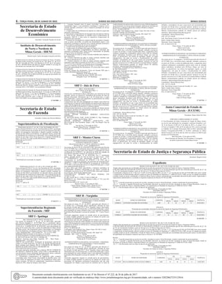 6 – terça-feira, 28 de Junho de 2022	Diário do Executivo	 Minas Gerais
Secretaria de Estado
de Desenvolvimento
Econômico
Secretário: Fernando Passalio de Avelar
Instituto de Desenvolvimento
do Norte e Nordeste de
Minas Gerais - IDENE
Diretor-Geral: Carlos Alexandre Gonçalves da Silva
O Diretor-Geral do Instituto de Desenvolvimento do Norte e Nordeste
de Minas Gerais exonera, nos termos do art. 106, alínea “b”, da Lei nº
869, de 5 de julho de 1952, e do Decreto nº 45.537, de 27 de janeiro
de 2011, DENISE ROSA DE SOUZA, MASP 1369667-9, do cargo de
provimento em comissão DAI-5 ID1100089.
O Diretor-Geral do Instituto de Desenvolvimento do Norte e Nordeste
de Minas Gerais exonera, nos termos do art. 106, alínea “b”, da Lei nº
869, de 5 de julho de 1952, e do Decreto nº 45.537, de 27 de janeiro
de 2011, IVÂNIA LÚCIA DOS SANTOS, do cargo de provimento em
comissão DAI-5 ID1100021.
O Diretor-Geral do Instituto de Desenvolvimento do Norte e Nordeste
de Minas Gerais nomeia, nos termos do art. 14, II, da Lei nº 869, de 5 de
julho de 1952, do art. 1º, § 2º da Lei Delegada nº 175, de 26 de janeiro
de 2007, e do Decreto nº 45.537, de 27 de janeiro de 2011, DENISE
ROSA DE SOUZA, MASP 1369667-9, para o cargo de provimento em
comissão DAI-11 ID1100035, de recrutamento limitado.
O Diretor-Geral do Instituto de Desenvolvimento do Norte e Nordeste
de Minas Gerais nomeia, nos termos do art. 14, II, da Lei nº 869, de 5 de
julho de 1952, do art. 1º, § 2º da Lei Delegada nº 175, de 26 de janeiro
de 2007, e do Decreto nº 45.537, de 27 de janeiro de 2011, IVÂNIA
LÚCIA DOS SANTOS, para o cargo de provimento em comissão
DAI-5 ID1100014, de recrutamento amplo.
27 1653888 - 1
Secretaria de Estado
de Fazenda
Secretário: Gustavo de Oliveira Barbosa
Superintendência de Fiscalização
*PORTARIA SUFIS Nº 119, DE 22 DE DEZEMBRO DE 2021
Altera a Portaria SUFIS nº 118, de 13 de Dezembro de 2021, que dispõe
sobre o credenciamento de prestador de serviço de transporte rodoviário
público de passageiros autorizados a adquirir produto resultante da
mistura de óleo diesel com biodiesel, em operação interna, promovida
por distribuidor de combustíveis credenciado, com a redução de base de
cálculo de que trata o Item 58 do Anexo IV e Capítulo LXXXVIII da
Parte 1 do Anexo IX, todos do RICMS/02 (Decreto 43.080/02).
(Publicada em 23/12/21)
Retificação:
No art. 1º, onde se lê:
“
163 (...) (...) §(...) 56.063 (...) (...) (...)
”.
Leia-se:
163 (...) (...) §(...) 256.063 (...) (...) (...)
”.
* Retificação por incorreção no original.
27 1653768 - 1
*PORTARIA SUFIS Nº 147, DE 21 DE JUNHO DE 2022
Altera aPortaria SUFIS nº 118, de 13 de Dezembro de 2021, que dispõe
sobre o credenciamento de prestador de serviço de transporte rodoviário
público de passageiros autorizados a adquirir produto resultante da
mistura de óleo diesel com biodiesel, em operação interna, promovida
por distribuidor de combustíveis credenciado, com a redução de base de
cálculo de que trata o Item 58 do Anexo IV e Capítulo LXXXVIII da
Parte 1 do Anexo IX, todos do RICMS/02 (Decreto 43.080/02).
(Publicada em 22/06/2022)
Retificação:
No art. 1º, onde se lê:
“
163 (...) (...) (...) 56.063 (...) (...) (...)
”
Leia-se:
“
163 (...) (...) (...) 256.063 (...) (...) (...)
”.
* Retificação por incorreção no original
27 1653771 - 1
Superintendências Regionais
da Fazenda - SRF
SRF I - Ipatinga
SRF I IPATINGA/DF/2º NÍVEL/MANHUAÇU
Nos termos do parágrafo 1º, do art. 10, do RPTA/MG, aprovado
pelo Decreto Estadual nº. 44.747/2008, fica o contribuinte abaixo
identificado INTIMADO da lavratura do Auto de Início de Ação Fiscal
(AIAF) de n° 10.000042702.98, de 09/06/2022, para apresentação no
prazo de 05 (cinco) dias úteis, a partir da publicação no diário oficial
de Minas Gerais, dos documentos abaixo relacionados, na Delegacia
Fiscal de Manhuaçu, localizada na Praça Cordovil Pinto Coelho, 145 -
Centro, Manhuaçu/MG – CEP 36.900-103 – Tel. 33-3331-2960.
PERÍODO FISCALIZADO: 01/01/2019 a 31/12/2020.
SUJEITO PASSIVO: P S BAIA REPRESENTACAO COMERCIAL
IE: 002333355.00-40 CNPJ: 08.111.340/0001-00
Endereço: Travessa José Pedro Espechitt, 107 – Bom Pastor –
Manhuaçu/MG – CEP 36902-275.
OBJETO DA AUDITORIA: Verificação da apropriação indevida de
créditos de ICMS destacados em NF-es de entrada ideologicamente
falsas emitidas pela empresa TRUST COMERCIO DE GRAOS E
SERVICOS ADM.LTDA CNPJ 21.499.806/0001-46.
DOCUMENTOS SOLICITADOS:
Consoante operações realizadas com a empresa TRUST COMERCIO
DE GRAOS E SERVICOS ADM. LTDA CNPJ 21.499.806/0001-46,
com documentos fiscais declarados ideologicamente falsos, conforme
Ato Declaratório nº 26.062.001.350579, solicitamos:
1 - Documentos comprobatórios do pagamento pelas compras
acobertadas pelas Notas Fiscais relacionadas na planilha anexa, tais
como recibos de pagamento de títulos, de transferências online entre
contas correntes, de ficha de compensação, transferência eletrônica
disponível, PIX, cópias de cheques, entre outros;
2 - Contratos firmados entre as partes envolvidas, revestidos das
formalidades legais e com pertinência cronológica e material com a
referida operação comercial e com a respectiva prestação de serviço
de transporte;
3 - Comprovantes de recolhimento do imposto no estado de origem das
operações relacionadas;
4 - Documentos comprobatórios do transporte das mercadorias relativas
às Notas Fiscais relacionadas na planilha anexa (conhecimento de
transporte, DACTE...), bem como os respectivos comprovantes de
pagamento pela operação;
5 - Contratos de corretagem de compra/venda da mercadoria, firmados
entre as partes envolvidas, revestidos das formalidades legais e com
pertinência cronológica e material com a referida operação comercial e
com a respectiva prestação de serviço de transporte;
6 - Comprovantes de pagamento pela corretagem;
7 - Comprovantes de pesagem das cargas na origem e/ou no destino;
8 - Outros documentos comprobatórios da efetiva realização das
operações acobertadas pelas Notas Fiscais relacionadas na planilha
anexa ao Termo de Intimação 105/2022.
9 - Identificação de todas as contas correntes mantidas pela empresa e
pelo empresário;
10 - Extratos bancários de todas as contas correntes mantidas pela
empresa no período de 01/07/2017 a 31/03/2021;
11 - Extratos bancários de todas as contas correntes mantidas pelo
empresário individual no período de 01/07/2017 a 31/03/2021;
12 - Livros Caixa contendo a escrituração da movimentação financeira,
inclusive a bancária, do período de 01/07/2017 a 31/03/2021.
Prazo para apresentação dos documentos: 05 (cinco) dias úteis a partir
da publicação.
Forma de entrega dos documentos: Envio em formato PDF para o
e-mail: dfmanhuacu@fazenda.mg.gov.br
Manhuaçu, 24 de junho de 2022.
Marcelo Nunes de Souza - MASP: 668-332-0
Delegado Fiscal / DF Manhuaçu
27 1653753 - 1
SRF I - Juiz de Fora
SRF I / JUIZ DE FORA
DF/1º NÍVEL/JUIZ DE FORA - 2
INTIMAÇÃO
Fica(m) o(s) contribuinte(s) abaixo indicado(s), por estar(em) em local
ignorado, incerto ou inacessível, intimado(s) da lavratura do Auto de
Infração infracitado. Informamos que é de 30 (trinta) dias, a contar
desta publicação, o prazo para pagamento ou parcelamento do crédito
tributário, com as reduções legais.
Comunicamos que não cabe impugnação em relação à peça fiscal em
referência por se tratar de crédito tributário de natureza não contenciosa
e que a falta de pagamento ou parcelamento nos termos desta intimação,
implicará inscrição em dívida ativa e cobrança judicial.
Esclarecimentos adicionais, se necessários, poderão ser obtidos através
do endereço eletrônico da Administração Fazendária de Juiz de Fora,
afjuizdefora@fazenda.mg.gov.br
Auto de Infração nº 01.002360806-93
Autuado: HEITOR HENRIQUE MOREIRA GONCALVES
08491964690
IE: 002.415857.00-00, CNPJ: 20.881.762/0001-51, Rua Tiradentes,
186, Loja 07, Centro, Para de Minas - MG e
HEITOR HENRIQUE MOREIRA GONCALVES, CPF:
084.919.646-90, Rua Presidente Vargas, 1780, Vila Raquel, Para de
Minas -MG.
Juiz de Fora, 27 de junho de 2022.
Rosária Maria Silveira - Delegada Fiscal
DF/1º Nível/Juiz de Fora-2
27 1653756 - 1
SRF I - Montes Claros
SUPERINTENDÊNCIA REGIONAL DE
FAZENDA I/MONTES CLAROS
DELEGACIA FISCAL/2º NÍVEL MONTES CLAROS
INTIMAÇÃO - AIAF: 10.000042636.91
Nos termos do inciso I do art. 69 do RPTA/MG, aprovado pelo Decreto
Nº 44.747/2008, fica o contribuinte abaixo identificado, cientificado do
início de auditoria fiscal, tendo como objetivo a verificação do correto
recolhimento do ICMS/ST e do adicional do FEM nas entradas de
mercadorias (aparelhos celulares) do remetente FAST S/A.
Nos termos dos artigos 70 do RPTA/MG fica o contribuinte
abaixo, intimado através do Auto de Início de Ação Fiscal – AIAF
N° 10.000042636.91, para apresentação imediata, de todos os
comprovantes de recolhimento do ICMS/ST e do FEM com a
vinculação às respectivas operações, nas aquisições do remetente FAST
SHOP S/A – CNPJ 43.708.379/0108-30, no período de 16/06/2020 a
31/12/2020. A documentação deverá ser disponibilizada para o e-mail
joao.sandes@fazenda.mg.gov.br.
O início desta ação fiscal impossibilita a denúncia espontânea de
irregularidades tributárias relacionadas ao seu objeto e período de
fiscalização, nos termos do art. 207 do RPTA/MG, observado o disposto
no § 4º do art. 70 do mesmo diploma legal.
CONTRIBUINTE: HUDSON DA SILVA PEREIRA CPF
143.063.717-00
IE: 003.754.667.00-12 - CNPJ: 37.420.313/0001-09
ENDEREÇO: Ave. Doutor Paulo Japiassu Coelho, nº 714, Loja 104,
Bairro Cascatinha
Juiz de Fora (MG) CEP: 36.033-310
Montes Claros, 27 de junho de 2022.
Cássia Simony Antunes Vieira - Masp 455.427-5.
Delegada Fiscal DF/2º Nível Montes Claros.
27 1653760 - 1
SRF II - Varginha
SUPERINTENDÊNCIA REGIONAL DA FAZENDA - VARGINHA
ADMINISTRAÇÃO FAZENDÁRIA 2º NÍVEL/PASSOS
INTIMAÇÃO
Nos termos do artigo 10, §1º, do RPTA, aprovado pelo Decreto n.º
44.747/08, fica o coobrigado abaixo identificado, intimado do Auto
de Infração lavrado pela DF/2º Nível Varginha, abaixo relacionado.
Informamos que é de 30 (trinta) dias, a contar desta publicação, o prazo
para liquidação do crédito tributário junto a esta repartição fazendária,
localizada a Rua Deputado Lourenço deAndrade, 135 – Centro, Passos/
MG.
Ocorrendo pagamento integral ou entrada prévia de parcelamento,
as multas exigidas poderão ser passíveis de redução de acordo com
percentuais em legislações pertinentes.
Comunicamos que não cabe impugnação em relação à peça fiscal em
referência por se tratar de crédito tributário de natureza não contenciosa
e que a falta de pagamento ou parcelamento, nos termos desta intimação,
implicará na inscrição em dívida ativa e cobrança judicial dos créditos
tributários integrais.
PTA n.º 01.00235263-20
Coobrigado: Grão Suldeste Com., Impor. Expor. De Café e Cerais.
Inscrição Estadual: 0012691460061
Endereço: Avenida Doutor Renato Azeredo, 508, Apartº 101
Machado – MG – CEP: 37.750.000
Passos, 27 de junho de 2022.
Roseli Eloisa Machado Silveira
Chefe da AF 2º nível/Passos.
SUPERINTENDÊNCIA REGIONAL DA FAZENDA - VARGINHA
ADMINISTRAÇÃO FAZENDÁRIA 2º NÍVEL/PASSOS
INTIMAÇÃO
Nos termos do artigo 10, §1º, do RPTA, aprovado pelo Decreto n.º
44.747/08, fica o coobrigado abaixo identificado, intimado do Auto
de Infração lavrado pela DF/2º Nível Varginha, abaixo relacionado.
Informamos que é de 30 (trinta) dias, a contar desta publicação, o prazo
para liquidação do crédito tributário junto a esta repartição fazendária,
localizada a Rua Deputado Lourenço deAndrade, 135 – Centro, Passos/
MG.
Ocorrendo pagamento integral ou entrada prévia de parcelamento,
as multas exigidas poderão ser passíveis de redução de acordo com
percentuais em legislações pertinentes.Comunicamos que não cabe
impugnação em relação à peça fiscal em referência por se tratar de
crédito tributário de natureza não contenciosa e que a falta de pagamento
ou parcelamento, nos termos desta intimação, implicará na inscrição em
dívida ativa e cobrança judicial dos créditos tributários integrais.
PTA n.º 01.002355967.69
Coobrigado: Grão Suldeste Com., Impor. Expor. De Café e Cerais.
Inscrição Estadual: 0012691460061
Endereço: Avenida Doutor Renato Azeredo, 508, Apartº 101
Machado – MG – CEP: 37.750.000
Passos, 27 de junho de 2022.
Roseli Eloisa Machado Silveira
Chefe da AF 2º nível/Passos.
SUPERINTENDÊNCIA REGIONAL DA FAZENDA II VARGINHA
ADMINISTRAÇÃO FAZENDÁRIA 2º NÍVEL POUSO ALEGRE
INTIMAÇÃO
Nos termos do art. 10, parágrafo 1º do RPTA aprovado pelo Decreto nº
44.747/2008, fica o envolvido abaixo indicado, intimado a promover
no prazo de 30 dias, a contar da publicação deste, o pagamento do(s)
crédito(s) tributário(s) constituído(s) através do(s) Auto de Infração
abaixo indicado(s), lavrado(s) pela DF/Pouso Alegre, por meio de
DAE, ou parcelá-lo(s), nos termos da legislação vigente, ou ainda
impugná-lo(s), sob pena de revelia e reconhecimento do crédito
tributário, circunstância em que a peça fiscal será encaminhada para
inscrição em dívida ativa e execução judicial, inclusive no caso de
decisão irrecorrível no CC/MG favorável à Fazenda Pública Estadual.
Maiores esclarecimentos poderão ser obtidos através do endereço
eletrônico: afpousoalegre@fazenda.mg.gov.br
Contribuinte.: Fernando de Souza Maia Doces e Frios
IE: 003.350558.00-07
Coobrigado: Fernando de Souza Maia
CPF: 682.814.716-20
End.: Rua Celeste Império, 288 - casa
Bairro: Jardim Industrial
Município: Contagem/MG
PTA: 01.002338045.34
Pouso Alegre, 27 de junho de 2022.
Maria Luiza Couto
Chefe AF/Pouso Alegre
SUPERINTENDÊNCIA REGIONAL DA FAZENDA II VARGINHA
ADMINISTRAÇÃO FAZENDÁRIA 2º NÍVEL POUSO ALEGRE
INTIMAÇÃO
Nos termos do art. 10, parágrafo 1º do RPTA aprovado pelo Decreto nº
44.747/2008, fica o envolvido abaixo indicado, intimado a promover
no prazo de 30 dias, a contar da publicação deste, o pagamento do(s)
crédito(s) tributário(s) constituído(s) através do(s) Auto de Infração
abaixo indicado(s), lavrado(s) pela DF/Pouso Alegre, por meio de
DAE, ou parcelá-lo(s), nos termos da legislação vigente, ou ainda
impugná-lo(s), sob pena de revelia e reconhecimento do crédito
tributário, circunstância em que a peça fiscal será encaminhada para
inscrição em dívida ativa e execução judicial, inclusive no caso de
decisão irrecorrível no CC/MG favorável à Fazenda Pública Estadual.
Maiores esclarecimentos poderão ser obtidos através do endereço
eletrônico: afpousoalegre@fazenda.mg.gov.br
Contribuinte.: Raissa Moreira Pires
CPF: 107.512.146-98
End.: Rua Doutor Acácio Correa de Carvalho, 45 - casa
Bairro: Jardim Santo Antonio
Município: Pouso Alegre/MG
PTA: 01.002356383-56
Pouso Alegre, 27 de junho de 2022.
Maria Luiza Couto
Chefe AF/Pouso Alegre
SUPERINTENDÊNCIA REGIONAL DA FAZENDA II VARGINHA
ADMINISTRAÇÃO FAZENDÁRIA 2º NÍVEL POUSO ALEGRE
INTIMAÇÃO
Nos termos do art. 10, parágrafo 1º do RPTA aprovado pelo Decreto nº
44.747/2008, fica o envolvido abaixo indicado, intimado a promover
no prazo de 30 dias, a contar da publicação deste, o pagamento do(s)
crédito(s) tributário(s) constituído(s) através do(s) Auto de Infração
abaixo indicado(s), lavrado(s) pela DF/Pouso Alegre, por meio de
DAE, ou parcelá-lo(s), nos termos da legislação vigente, ou ainda
impugná-lo(s), sob pena de revelia e reconhecimento do crédito
tributário, circunstância em que a peça fiscal será encaminhada para
inscrição em dívida ativa e execução judicial, inclusive no caso de
decisão irrecorrível no CC/MG favorável à Fazenda Pública Estadual.
Maiores esclarecimentos poderão ser obtidos através do endereço
eletrônico: afpousoalegre@fazenda.mg.gov.br
Contribuinte.: Raissa Moreira Pires
CPF: 107.512.146-98
End.: Rua Doutor Acácio Correa de Carvalho, 45 - casa
Bairro: Jardim Santo Antonio
Município: Pouso Alegre/MG
PTA: 01.002351975-38
Pouso Alegre, 27 de junho de 2022.
Maria Luiza Couto
Chefe AF/Pouso Alegre
SUPERINTENDÊNCIA REGIONAL DA FAZENDA II VARGINHA
ADMINISTRAÇÃO FAZENDÁRIA 2º NÍVEL POUSO ALEGRE
INTIMAÇÃO
Nos termos do art. 10, parágrafo 1º do RPTA aprovado pelo Decreto nº
44.747/2008, fica o envolvido abaixo indicado, intimado a promover
no prazo de 30 dias, a contar da publicação deste, o pagamento do(s)
crédito(s) tributário(s) constituído(s) através do(s) Auto de Infração
abaixo indicado(s), lavrado(s) pela DF/Pouso Alegre, por meio de
DAE, ou parcelá-lo(s), nos termos da legislação vigente, ou ainda
impugná-lo(s), sob pena de revelia e reconhecimento do crédito
tributário, circunstância em que a peça fiscal será encaminhada para
inscrição em dívida ativa e execução judicial, inclusive no caso de
decisão irrecorrível no CC/MG favorável à Fazenda Pública Estadual.
Maiores esclarecimentos poderão ser obtidos através do endereço
eletrônico: afpousoalegre@fazenda.mg.gov.br
Contribuinte.: Raissa Moreira Pires
CPF: 107.512.146-98
End.: Rua Doutor Acácio Correa de Carvalho, 45 - casa
Bairro: Jardim Santo Antonio
Município: Pouso Alegre/MG
PTA: 01.002354393-61
Pouso Alegre, 27 de junho de 2022.
Maria Luiza Couto
Chefe AF/Pouso Alegre
27 1653763 - 1
Junta Comercial do Estado de
Minas Gerais - JUCEMG
Presidente: Bruno Selmi Dei Falci
PORTARIA CORREGEDORIA Nº 04/2022
O Vice-Presidente da Junta Comercial do Estado de Minas Gerais,
no uso de suas atribuições de corregedor, conforme disciplina o art.
30, II do Decreto 47.689 de 27 de julho de 2019 e os artigos 218 e
219 da Lei Estadual n° 869, de 05 de julho de 1952, resolve prorrogar
os trabalhos da Comissão Processante PAD 01/2022 instaurado pela
Portaria Corregedoria/JUCEMG nº 01/2022, publicada no Diário
Oficial Executivo em 20 de abril de 2022 nos termos Lei 869/52 pelo
de prazo de 30 (trinta) dias.
Belo Horizonte, 22 de junho de 2022.
Sauro Henrique de Almeida, Vice-Presidente e Corregedor
da Junta Comercial do Estado Minas Gerais.
27 1653402 - 1
Secretaria de Estado de Justiça e Segurança Pública
Secretário: Rogério Greco
Expediente
RESOLUÇÃO SEJUSP N° 483, DE 23 DE JUNHO DE 2022.
Dispõe sobre promoção por escolaridade adicional ao servidor da carreira da Secretaria de Estado de Justiça e Segurança Pública.
O SECRETÁRIO DE ESTADO DE JUSTIÇA E SEGURANÇA PÚBLICA, no uso das atribuições que lhe são conferidas pelo inciso III, do §1°, do
art. 93, da Constituição Estadual; e pelo art. 40, da Lei n° 23.304 de 30 de maio de 2.019 e;
Considerando o disposto no art. 11 da Lei n° 14.695, de 30 de julho de 2003, e no arts. 3°, § 3° do Decreto 44.769, de 07/04/2008, bem como visando
o cumprimento da determinação judicial contida nos autos do Mandado de Segurança nº 1.0000.20.516235-7/000, em que foi julgado procedente
o pedido aviado na inicial, condenando o Estado de Minas Gerais a realizar a promoção por escolaridade adicional da parte autora, reapreciando o
requerimento administrativo e excluindo os requisitos temporais do Decreto 44.769, de 2008.
Resolve:
Art. 1° - Conceder progressão na carreira do servidor, constante no anexo I desta Resolução, visando a atualização do posicionamento.
Art. 2° - Conceder a segunda Promoção por Escolaridade Adicional, na carreira do servidor constante no anexo II desta Resolução, lotado na
Secretaria de Estado de Justiça e Segurança Pública, em cumprimento ao Mandado de Segurança nº1.0000.20.516235-7/000.
Art. 3° - Esta Resolução entra em vigor na data de sua publicação.
Belo Horizonte, 23 de junho de 2022.
ROGERIO GRECO
Secretário de Estado de Justiça e Segurança Pública.
ANEXO I
Progressão na carreira de Agente de Segurança Penitenciário.
MASP NOME DO SERVIDOR CARREIRA
DE PARA
VIGÊNCIA
NÍVEL GRAU NÍVEL GRAU
1199683/2 ANTONIO NAZARE DE OLIVEIRA ASP II D II E 05/05/2021
ANEXO II
Promoção por escolaridade Adicional na carreira de Agente de Segurança Penitenciário.
MASP NOME DO SERVIDOR CARREIRA
DE PARA
VIGÊNCIA
NÍVEL GRAU NÍVEL GRAU
1199683/2 ANTONIO NAZARE DE OLIVEIRA ASP II E III D 05/05/2022
24 1653361 - 1
RESOLUÇÃO SEJUSP N° 480, DE 23 DE JUNHO DE 2022.
Dispõe sobre promoção por escolaridade adicional ao servidor da carreira da Secretaria de Estado de Justiça e Segurança Pública.
O SECRETÁRIO DE ESTADO DE JUSTIÇA E SEGURANÇA PÚBLICA, no uso das atribuições que lhe são conferidas pelo inciso III, do §1°, do
art. 93, da Constituição Estadual; e pelo art. 40, da Lei n° 23.304 de 30 de maio de 2.019 e;
Considerando o disposto no art. 11 da Lei n° 14.695, de 30 de julho de 2003, e no arts. 3°, § 3° do Decreto 44.769, de 07/04/2008, bem como visando
o cumprimento da determinação judicial contida nos autos do Mandado de Segurança nº 1.0000.20.472362-1/000, em que foi julgado procedente
o pedido aviado na inicial, condenando o Estado de Minas Gerais a realizar a promoção por escolaridade adicional da parte autora, reconhecendo a
inexigibilidade das limitações temporais previstas no Decreto n. 44.769/2008.
Resolve:
Art. 1° - Conceder progressão na carreira do servidor, constante no anexo I desta Resolução, visando a atualização do posicionamento.
Art. 2° - Conceder a segunda Promoção por Escolaridade Adicional, na carreira do servidor constante no anexo II desta Resolução, lotado na
Secretaria de Estado de Justiça e Segurança Pública, em cumprimento ao Mandado de Segurança nº1.0000.20.472362-1/000.
Art. 3° - Esta Resolução entra em vigor na data de sua publicação.
Belo Horizonte, 23 de junho de 2022.
ROGERIO GRECO
Secretário de Estado de Justiça e Segurança Pública.
ANEXO I
Progressão na carreira de Agente de Segurança Penitenciário.
MASP NOME DO SERVIDOR CARREIRA
DE PARA
VIGÊNCIA
NÍVEL GRAU NÍVEL GRAU
1377554/9 PAULO SERGIO GONCALVES CORREA ASP II B II C 14/05/2021
Documento assinado eletrônicamente com fundamento no art. 6º do Decreto nº 47.222, de 26 de julho de 2017.
A autenticidade deste documento pode ser verificada no endereço http://www.jornalminasgerais.mg.gov.br/autenticidade, sob o número 320220627235123016.
 